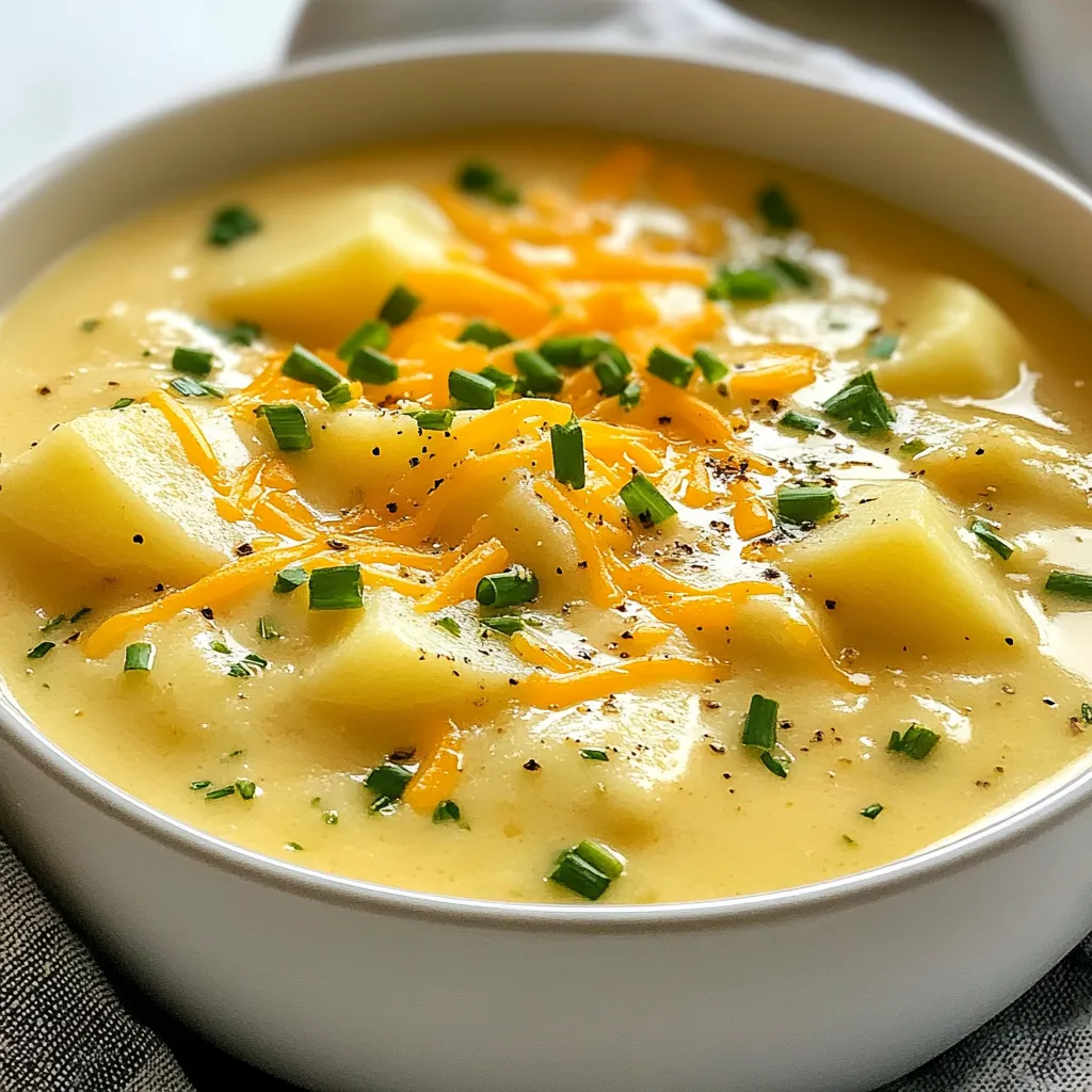 Für die Cheddar Garlic Herb Kartoffelsuppe benötigen Sie: - 4 große Yukon Gold Kartoffeln, geschält und gewürfelt - 1 mittlere Zwiebel, gehackt - 4 Knoblauchzehen, fein gehackt Die Kartoffeln bilden die Basis für die Suppe. Ihre cremige Textur macht sie perfekt. Die Zwiebel bringt Süße und Tiefe. Der Knoblauch fügt ein wunderbares Aroma hinzu. Für die Flüssigkeit und Cremigkeit brauchen Sie: - 4 Tassen Gemüsebrühe - 1 Tasse Schlagsahne Die Gemüsebrühe gibt der Suppe ihren Geschmack. Sie sorgt für einen herzhaften und gesunden Grund. Die Schlagsahne bringt die cremige Konsistenz, die jeder liebt. Um die Suppe zu würzen, verwenden Sie: - 1 Esslöffel frischer Thymian, gehackt - 1 Esslöffel frische Schnittlauch, gehackt - Salz und Pfeffer nach Geschmack Thymian fügt ein erdiges Aroma hinzu. Schnittlauch bringt Frische und Farbe. Salz und Pfeffer sind wichtig, um den Geschmack zu verstärken. {{ingredient_image_2}} - Kartoffeln schälen und würfeln: Du brauchst etwa 4 große Yukon Gold Kartoffeln. Diese Kartoffeln geben der Suppe eine schöne Cremigkeit. Schneide die Kartoffeln in gleichmäßige Würfel, damit sie gleichmäßig garen. - Zwiebel und Knoblauch hacken: Nimm eine mittlere Zwiebel und hacke sie fein. Hacke auch 4 Knoblauchzehen. Der Knoblauch gibt der Suppe ein tolles Aroma. - Olivenöl erhitzen und Zwiebel sautieren: In einem großen Topf, erhitze 1 Esslöffel Olivenöl bei mittlerer Hitze. Füge die gehackte Zwiebel hinzu und brate sie für 3-4 Minuten. Die Zwiebeln sollen schön weich werden. - Knoblauch und Kartoffeln hinzufügen: Gib den gehackten Knoblauch in den Topf. Brate ihn 1-2 Minuten mit. Danach füge die gewürfelten Kartoffeln hinzu und rühre gut um. - Gemüsebrühe dazugießen und köcheln: Gieße 4 Tassen Gemüsebrühe in den Topf. Lass die Suppe aufkochen, dann reduziere die Hitze. Lass die Suppe 15-20 Minuten köcheln, bis die Kartoffeln zart sind. - Schlagsahne und Cheddar-Käse einrühren: Wenn die Kartoffeln weich sind, püriere die Suppe leicht. Du kannst einen Pürierstab verwenden oder die Hälfte der Suppe in einen Mixer geben. Rühre dann 1 Tasse Schlagsahne und 1 Tasse geriebenen Cheddar-Käse ein. Warte, bis der Käse geschmolzen ist. Verwenden Sie immer Yukon Gold Kartoffeln für diese Suppe. Diese Kartoffeln sind cremig und haben einen tollen Geschmack. Sie sind ideal für Suppen, da sie gut zerfallen. So wird die Textur schön weich. Um den Geschmack zu intensivieren, fügen Sie frische Kräuter oder Gewürze hinzu. Zum Beispiel schmeckt Thymian super, aber auch Rosmarin passt gut. Ein Hauch von Paprika kann auch wunderbare Aromen bringen. Experimentieren Sie mit Ihren Lieblingskräutern. Um die perfekte Konsistenz zu erreichen, nutzen Sie einen Pürierstab. So können Sie die Suppe teilweise pürieren. Dadurch bleiben einige Stückchen erhalten. Magst du eine dickere Suppe? Dann püriere weniger. Wenn du einen Mixer hast, püriere die Hälfte der Suppe. Gib sie dann wieder in den Topf. Das gibt eine feine, cremige Textur. Pro Tipps Die richtige Kartoffel auswählen: Yukon Gold Kartoffeln sind ideal für diese Suppe, da sie eine cremige Textur bieten und gut den Geschmack der anderen Zutaten aufnehmen. Für mehr Geschmack sorgen: Lassen Sie die Suppe nach dem Hinzufügen von Gewürzen noch einige Minuten köcheln, damit die Aromen sich besser verbinden können. Die Konsistenz anpassen: Wenn Sie eine cremigere Suppe bevorzugen, pürieren Sie die gesamte Mischung anstelle von nur einem Teil, um eine glatte Textur zu erhalten. Optionales Topping nutzen: Experimentieren Sie mit verschiedenen Toppings wie gerösteten Knoblauchscheiben oder frischen Kräutern, um der Suppe zusätzlichen Geschmack und Textur zu verleihen. {{image_4}} Wenn Sie eine vegane Option suchen, können Sie die Schlagsahne und den Käse ganz einfach ersetzen. Nutzen Sie Kokosnusscreme oder Cashewcreme für die Cremigkeit. Anstelle von Cheddar-Käse probieren Sie Hefeflocken oder veganen Käse. Diese Alternativen geben der Suppe einen tollen Geschmack, ohne tierische Produkte. Die Suppe lässt sich wunderbar mit verschiedenen Gewürzen verfeinern. Paprika bringt eine süßliche Note, während Cayennepfeffer für etwas Schärfe sorgt. Auch andere Kräuter wie Oregano oder Basilikum passen gut dazu. Experimentieren Sie mit verschiedenen Gewürzen, um Ihren eigenen Geschmack zu finden. Garnieren Sie die Suppe vor dem Servieren mit frischem Schnittlauch oder zusätzlichem Käse. Gebratene Zwiebeln oder Croutons sorgen für einen knusprigen Biss. Dazu passen auch frisches Brot oder ein einfacher grüner Salat als Beilage. So wird jede Portion zu einem echten Festmahl. Um die Kartoffelsuppe frisch zu halten, wähle einen luftdichten Behälter. Ein Glasschalen oder ein Kunststoffbehälter sind ideal. Lass die Suppe zuerst auf Raumtemperatur abkühlen. Danach decke den Behälter gut ab und stelle ihn in den Kühlschrank. Die optimale Temperatur liegt bei etwa 4 Grad Celsius. Beim Aufwärmen der Suppe nutze den Herd oder die Mikrowelle. Wenn du die Herdplatte wählst, gib die Suppe in einen Topf. Erhitze sie bei mittlerer Hitze, rühre oft um. So bleibt die Konsistenz gleichmäßig. In der Mikrowelle erhitze die Suppe in kurzen Intervallen. Rühre nach jeder Minute um, um Überhitzung zu vermeiden. Die Suppe bleibt im Kühlschrank bis zu fünf Tage frisch. Achte darauf, die Suppe gut zu versiegeln. Wenn du die Suppe länger aufbewahren möchtest, friere sie ein. In einem gefrierfesten Behälter hält sie bis zu drei Monate. Zum Auftauen stelle die gefrorene Suppe über Nacht in den Kühlschrank. Ja, du kannst die Suppe im Voraus zubereiten. Koche die Suppe bis zum Schritt der Cremigkeit. Lass sie dann abkühlen und fülle sie in Behälter. Stelle sie im Kühlschrank für bis zu drei Tage. Wenn du sie wieder aufwärmst, füge etwas Brühe oder Wasser hinzu. So bleibt die Suppe cremig und lecker. Um die Suppe glutenfrei zu machen, wähle glutenfreie Gemüsebrühe. Achte darauf, dass alle Zutaten, wie die Sahne, glutenfrei sind. Verwende frische Kräuter und Gewürze ohne Zusatzstoffe. So bleibt der Geschmack erhalten, ohne Gluten hinzuzufügen. Scharfer Cheddar ist ideal für diese Suppe. Er gibt einen starken Geschmack. Du kannst auch andere Käsesorten ausprobieren. Gouda oder Gruyère schmelzen gut und bringen neue Aromen. Misch verschiedene Käsesorten für einen spannenden Geschmack. In diesem Artikel haben wir die Hauptzutaten für eine leckere Suppe durchgesehen, einschließlich Kartoffeln, Zwiebeln und Gewürzen. Ich habe dir gezeigt, wie du Schritt für Schritt die beste Suppe zubereitest. Tipps zur Lagerung und Variationen helfen dir, neue Geschmäcker zu entdecken. Experimentiere mit verschiedenen Zutaten für dein persönliches Lieblingsrezept. Denke daran, die Suppe passt zu vielen Gelegenheiten. Viel Spaß beim Kochen und Genießen deiner perfekten Suppe!
