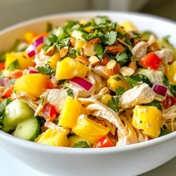 Für den Hühnersalat benötigst du diese frischen und leckeren Zutaten: - 2 Tassen gekochte Hühnerbrust, zerrupft - 1 Tasse frische Ananas, gewürfelt - 1 rote Paprika, gewürfelt - 1 Tasse Gurke, gewürfelt - 1/2 Tasse rote Zwiebel, fein gehackt Diese Zutaten sorgen für einen tollen Geschmack und eine bunte Optik. Die zerrupfte Hühnerbrust ist die Basis. Sie gibt dem Salat seine herzhaftigkeit. Frische Ananas bringt eine süße Note. Rote Paprika und Gurke fügen knackige Frische hinzu. Rote Zwiebel gibt einen tollen Biss. Für das Dressing brauchst du: - 1/2 Tasse griechischer Joghurt (natur) - 1/4 Tasse Mayonnaise - 1 Esslöffel Limettensaft - 1 Esslöffel Honig - Salz und Pfeffer nach Geschmack Das Dressing macht den Salat cremig und lecker. Griechischer Joghurt sorgt für die Frische. Mayonnaise fügt eine reichhaltige Textur hinzu. Limettensaft gibt eine spritzige Note. Honig bringt eine süße Tiefe und balanciert die Aromen. Um den Salat abzurunden, füge noch diese Toppings hinzu: - 1/4 Tasse frisch gehackter Koriander - 1/2 Tasse geröstete Mandelblättchen Der Koriander bringt einen frischen Geschmack. Die gerösteten Mandelblättchen fügen eine knusprige Textur hinzu. Diese zusätzlichen Zutaten machen den Salat noch interessanter und leckerer. {{ingredient_image_2}} Um diesen Salat zu machen, brauchen wir zuerst die Basis. Nimm eine große Rührschüssel. Füge zwei Tassen zerrupfte Hühnerbrust hinzu. Dann kommen die frischen Zutaten. Gib eine Tasse gewürfelte Ananas, eine gewürfelte rote Paprika und eine gewürfelte Gurke dazu. Die rote Zwiebel, fein gehackt, macht das Ganze noch besser. Rühre alles gut um. So verteilen sich die Aromen gleichmäßig. Das Dressing ist der Schlüssel zum Geschmack. In einer anderen Schüssel vermenge eine halbe Tasse griechischen Joghurt und ein Viertel Tasse Mayonnaise. Füge einen Esslöffel Limettensaft und einen Esslöffel Honig hinzu. Jetzt kommt der wichtige Teil: Salz und Pfeffer nach Geschmack. Rühre mit einem Schneebesen, bis die Mischung cremig ist. Gieße das Dressing über die Hühnermixtur. Mische vorsichtig, bis alles gut überzogen ist. Jetzt sind die frischen Kräuter dran. Füge einen Viertel Tasse frisch gehackten Koriander und eine halbe Tasse geröstete Mandelblättchen hinzu. Diese geben dem Salat einen tollen Crunch. Probiere den Salat und passe die Würze an. Decke die Schüssel ab und stelle sie für mindestens 30 Minuten in den Kühlschrank. So können die Aromen richtig durchziehen. Serviere den Salat kalt und genieße ihn! Um den Geschmack Ihres tropischen Hühnersalats zu verbessern, verwenden Sie frische Zutaten. Frische Ananas bringt Süße und Saftigkeit. Die rote Paprika fügt Farbe und einen milden Geschmack hinzu. Achten Sie darauf, die roten Zwiebeln fein zu hacken. So bleiben sie weniger dominant. Fügen Sie mehr Limettensaft hinzu, wenn Sie es säuerlicher mögen. Ein Hauch von Honig rundet die Aromen ab. Dieser Salat ist perfekt für Partys oder als Meal Prep. Bereiten Sie ihn einen Tag vorher zu. Lassen Sie die Aromen im Kühlschrank ziehen. Der Salat schmeckt dann noch besser. Verwenden Sie eine große Schüssel zum Mischen, um genug Platz zu haben. Sie können den Salat in einzelnen Portionen anrichten. So sieht es schön aus und ist einfach zu servieren. Bei der Präsentation geht es um Details. Verwenden Sie eine schöne Schüssel, um den Salat zu servieren. Streuen Sie die gerösteten Mandeln kurz vor dem Servieren darüber. So bleiben sie knusprig. Garnieren Sie mit frischem Koriander oder einer Scheibe Ananas. Dies macht den Salat einladend und appetitlich. Servieren Sie ihn kalt, um den vollen Geschmack zu genießen. Pro Tipps Hähnchen richtig vorbereiten: Stellen Sie sicher, dass das Hähnchen gut durchgegart ist, um Geschmack und Sicherheit zu gewährleisten. Lassen Sie es vor dem Zerkleinern etwas abkühlen, damit es einfacher zu handhaben ist. Frische Zutaten verwenden: Verwenden Sie frische Ananas und Gemüse, um die besten Aromen zu erzielen. Tiefkühlprodukte können die Textur und den Geschmack beeinträchtigen. Variationen des Dressings: Experimentieren Sie mit verschiedenen Joghurt- oder Mayonnaise-Marken für einzigartige Geschmäcker. Fügen Sie auch Kräuter oder Gewürze hinzu, um das Dressing zu verfeinern. Vor dem Servieren kühlen: Lassen Sie den Salat im Kühlschrank ziehen, damit sich die Aromen entfalten können. Dies verbessert den Geschmack erheblich. {{image_4}} Um deinem Hawaiianischen Hühnersalat mehr Geschmack zu verleihen, füge tropische Früchte hinzu. Mango oder Papaya passen sehr gut. Diese Früchte bringen Süße und Frische mit. Du kannst auch Kokosraspeln einmischen. Sie geben dem Salat einen tollen Crunch. Probiere auch verschiedene Nüsse. Cashewkerne oder Walnüsse sind großartig. Sie geben dem Gericht einen interessanten Biss. Wenn du vegetarisch isst, ersetze das Huhn durch Kichererbsen oder Tofu. Diese Zutaten bieten eine gute Proteinquelle. Kichererbsen sind leicht zu verarbeiten und nehmen Aromen gut auf. Tofu lässt sich einfach marinieren. Du kannst auch gegrilltes Gemüse verwenden. Zucchini und Auberginen bringen neues Leben in deinen Salat. Mit diesen Alternativen bleibt der Salat lecker und nahrhaft. Für eine kalorienbewusste Version, reduziere die Mayonnaise. Ersetze sie durch mehr griechischen Joghurt. Das macht den Salat leichter, aber immer noch cremig. Wenn du mehr Kalorien möchtest, füge Avocado hinzu. Sie macht den Salat reichhaltiger und cremiger. Achte darauf, die Portionen zu kontrollieren. So bleibt der Salat gesund und lecker. Um den tropischen Hawaiianischen Hühnersalat frisch zu halten, müssen Sie ihn im Kühlschrank lagern. Verwenden Sie eine luftdichte Schüssel oder einen Behälter. So bleibt der Salat knackig und lecker. Stellen Sie sicher, dass der Salat gut abgedeckt ist, um das Austrocknen zu vermeiden. Er bleibt so bis zu drei Tage frisch. Die Haltbarkeit des Hühnersalats hängt von den Zutaten ab. Gekochtes Huhn kann im Kühlschrank drei bis vier Tage halten. Wenn der Salat frische Ananas und Gurken enthält, sollten Sie ihn innerhalb von zwei bis drei Tagen essen. Achten Sie auf Anzeichen von Verderb, wie einen unangenehmen Geruch oder eine Veränderung der Farbe. Einfrieren ist eine Option, aber nicht ideal für diesen Salat. Das Gefrieren kann die Textur der frischen Zutaten beeinträchtigen. Wenn Sie trotzdem einfrieren möchten, tun Sie dies ohne das Dressing. Lagern Sie den Salat in einem gefrierfesten Behälter. Er kann bis zu drei Monate eingefroren werden. Auftauen sollten Sie ihn im Kühlschrank und nicht bei Raumtemperatur. Mischen Sie dann frisches Dressing hinzu, um den Geschmack zu verbessern. Der Hühnersalat bleibt im Kühlschrank frisch für 3 bis 5 Tage. Achte darauf, ihn in einem luftdichten Behälter zu lagern. So bleibt der Geschmack erhalten. Wenn du ihn länger aufbewahren möchtest, friere ihn ein. Beachte dabei, dass die Textur beim Auftauen etwas anders sein kann. Ja, du kannst andere Früchte hinzufügen! Mango, Kiwi oder sogar Papaya passen gut dazu. Diese Früchte bringen zusätzliche Süße und Frische in den Salat. Experimentiere mit verschiedenen Kombinationen. So kannst du deinen eigenen, einzigartigen Hühnersalat kreieren. Ja, der Hühnersalat eignet sich hervorragend für Meal Prep. Du kannst ihn im Voraus zubereiten und portionieren. Ideal für schnelle Mittagessen oder Snacks. Bereite ihn einfach am Sonntag vor und genieße ihn die ganze Woche über. Achte darauf, das Dressing separat aufzubewahren, um die Frische zu erhalten. Um einen schmackhaften Hühnersalat zu machen, brauchen Sie die richtigen Zutaten und ein gutes Dressing. Die klare Schritt-für-Schritt-Anleitung hilft dabei, alles richtig zu machen. Tipps und Tricks zeigen Ihnen, wie Sie den Geschmack verbessern können. Verschiedene Variationen bieten Optionen, die für jeden geeignet sind. Sie können den Salat leicht lagern und mehrere Tage genießen. Denken Sie daran, dass Vorbereitung der Schlüssel ist. Machen Sie Ihren Hühnersalat einfach und lecker für jedes Essen oder Party. Experimentieren Sie und finden Sie Ihre perfekte Mischung!