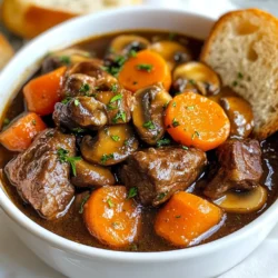 F&uuml;r ein schmackhaftes Beef Bourguignon ben&ouml;tigst du: - 900 g Rindfleisch (Rinderschulter), in 5 cm gro&szlig;e W&uuml;rfel geschnitten - 3 Essl&ouml;ffel Oliven&ouml;l - 4 Knoblauchzehen, fein gehackt - 1 gro&szlig;e Zwiebel, grob gehackt - 500 ml Rinderbr&uuml;he - 500 g Karotten, in Scheiben geschnitten - 500 g Champignons, halbiert - 2 Essl&ouml;ffel Tomatenmark - 2 Teel&ouml;ffel getrockneter Thymian - 2 Lorbeerbl&auml;tter - Salz und Pfeffer nach Geschmack - 200 g Perlzwiebeln, gesch&auml;lt (optional) - Frische Petersilie, gehackt zum Garnieren Diese Zutaten bilden die Basis f&uuml;r einen herzhaften Eintopf, der warm und einladend ist. Die Gew&uuml;rze sind wichtig f&uuml;r den Geschmack. Thymian bringt eine frische Note. Lorbeerbl&auml;tter f&uuml;gen Tiefe hinzu. Achte darauf, das Fleisch gut mit Salz und Pfeffer zu w&uuml;rzen. Diese Gew&uuml;rze helfen, die Aromen zu steigern. Du kannst das Rezept nach deinem Geschmack anpassen. Perlzwiebeln sind eine tolle Erg&auml;nzung. Sie bringen S&uuml;&szlig;e und Textur ins Gericht. Auch andere Gem&uuml;sesorten wie Sellerie oder Erbsen kannst du hinzuf&uuml;gen. Das macht den Eintopf bunter und ges&uuml;nder. {{ingredient_image_2}} Erhitze 2 Essl&ouml;ffel Oliven&ouml;l in einem gro&szlig;en Br&auml;ter. W&uuml;rze das Rindfleisch mit Salz und Pfeffer. Brate das Fleisch in Chargen an. So bleibt der Topf nicht &uuml;berf&uuml;llt. Brate jede Charge etwa 5 Minuten pro Seite. Nimm das angebratene Fleisch heraus und stelle es beiseite. Gib 1 Essl&ouml;ffel Oliven&ouml;l in den gleichen Topf. F&uuml;ge die grob gehackte Zwiebel und den fein gehackten Knoblauch hinzu. Brate sie 3 bis 4 Minuten an, bis sie duften und glasig sind. Diese Aromen geben deinem Gericht Tiefe. Jetzt gib das gebr&auml;unte Rindfleisch zur&uuml;ck in den Topf. F&uuml;ge das Tomatenmark hinzu und r&uuml;hre gut um. Gie&szlig;e die Rinderbr&uuml;he hinein. Dann kommen Karotten, Champignons, Thymian, Lorbeerbl&auml;tter und Perlzwiebeln dazu, falls du sie verwendest. Bringe alles zum K&ouml;cheln. Decke den Topf mit einem Deckel ab. Reduziere die Hitze auf niedrig. Lass das Gericht 2 bis 3 Stunden k&ouml;cheln. R&uuml;hre gelegentlich um. Das Rindfleisch wird zart, und die Aromen verbinden sich gut. Entferne die Lorbeerbl&auml;tter aus dem Topf. Probiere den Eintopf und w&uuml;rze nach Belieben mit Salz und Pfeffer. Das Abschmecken ist wichtig, um die Aromen perfekt auszubalancieren. Lade den Beef Bourguignon in Schalen. Garniere jede Schale mit frisch gehackter Petersilie. Du kannst dazu cremiges Kartoffelp&uuml;ree oder knuspriges Brot servieren. So kannst du die k&ouml;stliche Sauce auftunken. Um die besten Aromen zu erreichen, benutze frische Zutaten. W&auml;hle hochwertiges Rindfleisch aus. Marinieren ist nicht n&ouml;tig, aber etwas Zeit tut dem Geschmack gut. Brate das Fleisch scharf an, damit sich die R&ouml;staromen entfalten. Das gibt dem Gericht Tiefe. F&uuml;ge die Zwiebeln und Knoblauch erst nach dem Anbraten hinzu. Das sorgt f&uuml;r einen tollen Geschmack. Ein h&auml;ufiger Fehler ist, das Fleisch zu &uuml;berf&uuml;llen. Brate es in kleinen Portionen an. So wird es gleichm&auml;&szlig;ig braun. Achte darauf, die Hitze nicht zu hoch zu setzen, wenn du die Br&uuml;he hinzuf&uuml;gst. Ein zu starkes Kochen kann das Fleisch z&auml;h machen. Lass das Gericht bei niedriger Hitze k&ouml;cheln. Das dauert zwar l&auml;nger, aber das Ergebnis wird es wert sein. Ein schwerer Br&auml;ter ist ideal f&uuml;r Beef Bourguignon. Er sorgt f&uuml;r eine gleichm&auml;&szlig;ige Hitzeverteilung. Ein Holzl&ouml;ffel hilft, die Zutaten gut zu vermischen. Nutze auch einen Deckel, um die Aromen einzuschlie&szlig;en. So bleibt alles saftig. Wenn du die Sauce etwas dicker magst, kannst du sie am Ende ohne Deckel weiter k&ouml;cheln lassen. Pro Tipps Fleisch richtig anbraten: Achten Sie darauf, das Fleisch in Chargen zu braten, um eine gleichm&auml;&szlig;ige Br&auml;unung zu gew&auml;hrleisten. &Uuml;berf&uuml;llen Sie die Pfanne nicht, da dies dazu f&uuml;hren kann, dass das Fleisch dampft, anstatt zu br&auml;unen. Aromen intensivieren: Lassen Sie die Zwiebeln und den Knoblauch leicht karamellisieren, bevor Sie das Fleisch hinzuf&uuml;gen. Dies verst&auml;rkt den Geschmack des Gerichts erheblich. Langsame Garzeit beachten: Je l&auml;nger Sie das Gericht k&ouml;cheln lassen, desto zarter wird das Fleisch. Planen Sie gen&uuml;gend Zeit ein, um die Aromen vollst&auml;ndig zu entwickeln. Perfekte Konsistenz: Wenn die Sauce zu d&uuml;nn ist, k&ouml;nnen Sie sie am Ende der Kochzeit bei offenem Deckel etwas einkochen lassen, um die gew&uuml;nschte Dicke zu erreichen. {{image_4}} F&uuml;r eine vegetarische Version ersetzen Sie das Rindfleisch durch Pilze. Champignons eignen sich gut. Sie geben dem Gericht einen herzhaften Geschmack. Zudem k&ouml;nnen Sie Linsen verwenden. Diese sind nahrhaft und sorgen f&uuml;r eine gute Konsistenz. Verwenden Sie Gem&uuml;sebr&uuml;he anstelle von Rinderbr&uuml;he. F&uuml;gen Sie mehr Gem&uuml;se wie Zucchini oder Paprika hinzu. Diese Alternativen bieten viel Geschmack und sind gesund. Sie k&ouml;nnen Beef Bourguignon auch mit Schweinefleisch oder Huhn zubereiten. Schweinefleisch wird zart und saftig. Huhn bringt eine andere Note ins Gericht. Reduzieren Sie die Kochzeit f&uuml;r Huhn auf etwa 1,5 Stunden. Mit verschiedenen Fleischsorten k&ouml;nnen Sie neue Geschm&auml;cker entdecken. Experimentieren Sie mit verschiedenen Fleischst&uuml;cken, um interessante Ergebnisse zu erzielen. Nutzen Sie frisches Gem&uuml;se, das gerade Saison hat. Im Fr&uuml;hling sind Spargel und Erbsen lecker. Im Herbst sind K&uuml;rbis und Wurzelgem&uuml;se eine tolle Erg&auml;nzung. Diese Zutaten bringen Farbe und Frische ins Gericht. Au&szlig;erdem sind sie oft g&uuml;nstiger und geschmackvoller. Achten Sie darauf, die Kochzeit anzupassen, wenn Sie neues Gem&uuml;se verwenden. So bleibt alles perfekt gegart. Beef Bourguignon l&auml;sst sich gut einfrieren. K&uuml;hl es zuerst auf Raumtemperatur ab. F&uuml;lle es dann in einen luftdichten Beh&auml;lter oder einen Gefrierbeutel. Achte darauf, etwas Platz zu lassen, denn die Fl&uuml;ssigkeit dehnt sich beim Gefrieren aus. Du kannst es bis zu drei Monate im Gefrierfach aufbewahren. Um das Beste aus dem Geschmack herauszuholen, etikettiere das Datum auf dem Beh&auml;lter. Im K&uuml;hlschrank h&auml;lt sich Beef Bourguignon etwa drei bis vier Tage. Stelle sicher, dass es in einem gut verschlossenen Beh&auml;lter ist. Lass das Gericht abk&uuml;hlen, bevor du es in den K&uuml;hlschrank stellst. So vermeidest du, dass andere Speisen den Geruch annehmen. Wenn du es aufbewahrst, kannst du die Aromen noch besser genie&szlig;en. Um Beef Bourguignon wiederzuw&auml;rmen, benutze einen Topf oder die Mikrowelle. F&uuml;r den Topf, erhitze es bei niedriger Hitze. R&uuml;hre es dabei regelm&auml;&szlig;ig um, um ein Anbrennen zu verhindern. Wenn du die Mikrowelle nutzt, stelle die Leistung auf niedrig. Erw&auml;rme es in kurzen Intervallen und r&uuml;hre dazwischen um. So bleibt das Fleisch zart und die Sauce lecker. Beef Bourguignon ist ein klassisches franz&ouml;sisches Gericht. Es ist ein Eintopf aus Rindfleisch, das in Rotwein gekocht wird. Das Gericht kommt aus der Region Burgund. Es wird oft mit Gem&uuml;se wie Karotten und Champignons zubereitet. Die Aromen sind reich und tief, da das Fleisch langsam gart. Beef Bourguignon kann im K&uuml;hlschrank bis zu drei Tage aufbewahrt werden. Achte darauf, es in einem luftdichten Beh&auml;lter zu lagern. Wenn du es l&auml;nger aufbewahren m&ouml;chtest, kannst du es einfrieren. Im Gefrierschrank h&auml;lt es bis zu drei Monate. Ja, du kannst Beef Bourguignon im Slow Cooker zubereiten. Brate das Fleisch zuerst an, um die Aromen zu verst&auml;rken. Gib dann alle Zutaten in den Slow Cooker. Lasse es f&uuml;r 6-8 Stunden auf niedriger Stufe garen. Das Ergebnis ist ebenso k&ouml;stlich. Zu Beef Bourguignon passen viele Beilagen. Cremiges Kartoffelp&uuml;ree ist eine klassische Wahl. Auch knuspriges Brot eignet sich gut, um die Sauce aufzutunken. Ged&auml;mpftes Gem&uuml;se oder ein frischer Salat sind ebenfalls gute Optionen. Um den Geschmack zu verbessern, nutze hochwertigen Rotwein. Achte auch auf frische Kr&auml;uter. Du kannst zus&auml;tzlich Speck oder Zwiebeln anbraten, um mehr Tiefe zu erzielen. Lass das Gericht l&auml;nger k&ouml;cheln, damit die Aromen sich besser vermischen. Beef Bourguignon ist ein schmackhaftes Gericht, das einfach zuzubereiten ist. Wir haben die Hauptzutaten, die perfekte Anleitung und n&uuml;tzliche Tipps behandelt. Variationen und Lagerungshinweise helfen dir, das Gericht l&auml;nger zu genie&szlig;en. Achte auf die Aromen und vermeide h&auml;ufige Fehler. Ob du es im Ofen oder Slow Cooker machst, dieser Klassiker wird immer gelingen. Experimentiere mit neuen Zutaten und genie&szlig;e jede Schicht des Geschmacks!