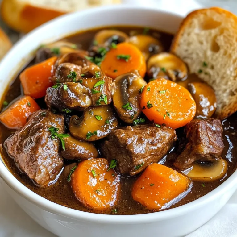 Für ein schmackhaftes Beef Bourguignon benötigst du: - 900 g Rindfleisch (Rinderschulter), in 5 cm große Würfel geschnitten - 3 Esslöffel Olivenöl - 4 Knoblauchzehen, fein gehackt - 1 große Zwiebel, grob gehackt - 500 ml Rinderbrühe - 500 g Karotten, in Scheiben geschnitten - 500 g Champignons, halbiert - 2 Esslöffel Tomatenmark - 2 Teelöffel getrockneter Thymian - 2 Lorbeerblätter - Salz und Pfeffer nach Geschmack - 200 g Perlzwiebeln, geschält (optional) - Frische Petersilie, gehackt zum Garnieren Diese Zutaten bilden die Basis für einen herzhaften Eintopf, der warm und einladend ist. Die Gewürze sind wichtig für den Geschmack. Thymian bringt eine frische Note. Lorbeerblätter fügen Tiefe hinzu. Achte darauf, das Fleisch gut mit Salz und Pfeffer zu würzen. Diese Gewürze helfen, die Aromen zu steigern. Du kannst das Rezept nach deinem Geschmack anpassen. Perlzwiebeln sind eine tolle Ergänzung. Sie bringen Süße und Textur ins Gericht. Auch andere Gemüsesorten wie Sellerie oder Erbsen kannst du hinzufügen. Das macht den Eintopf bunter und gesünder. {{ingredient_image_2}} Erhitze 2 Esslöffel Olivenöl in einem großen Bräter. Würze das Rindfleisch mit Salz und Pfeffer. Brate das Fleisch in Chargen an. So bleibt der Topf nicht überfüllt. Brate jede Charge etwa 5 Minuten pro Seite. Nimm das angebratene Fleisch heraus und stelle es beiseite. Gib 1 Esslöffel Olivenöl in den gleichen Topf. Füge die grob gehackte Zwiebel und den fein gehackten Knoblauch hinzu. Brate sie 3 bis 4 Minuten an, bis sie duften und glasig sind. Diese Aromen geben deinem Gericht Tiefe. Jetzt gib das gebräunte Rindfleisch zurück in den Topf. Füge das Tomatenmark hinzu und rühre gut um. Gieße die Rinderbrühe hinein. Dann kommen Karotten, Champignons, Thymian, Lorbeerblätter und Perlzwiebeln dazu, falls du sie verwendest. Bringe alles zum Köcheln. Decke den Topf mit einem Deckel ab. Reduziere die Hitze auf niedrig. Lass das Gericht 2 bis 3 Stunden köcheln. Rühre gelegentlich um. Das Rindfleisch wird zart, und die Aromen verbinden sich gut. Entferne die Lorbeerblätter aus dem Topf. Probiere den Eintopf und würze nach Belieben mit Salz und Pfeffer. Das Abschmecken ist wichtig, um die Aromen perfekt auszubalancieren. Lade den Beef Bourguignon in Schalen. Garniere jede Schale mit frisch gehackter Petersilie. Du kannst dazu cremiges Kartoffelpüree oder knuspriges Brot servieren. So kannst du die köstliche Sauce auftunken. Um die besten Aromen zu erreichen, benutze frische Zutaten. Wähle hochwertiges Rindfleisch aus. Marinieren ist nicht nötig, aber etwas Zeit tut dem Geschmack gut. Brate das Fleisch scharf an, damit sich die Röstaromen entfalten. Das gibt dem Gericht Tiefe. Füge die Zwiebeln und Knoblauch erst nach dem Anbraten hinzu. Das sorgt für einen tollen Geschmack. Ein häufiger Fehler ist, das Fleisch zu überfüllen. Brate es in kleinen Portionen an. So wird es gleichmäßig braun. Achte darauf, die Hitze nicht zu hoch zu setzen, wenn du die Brühe hinzufügst. Ein zu starkes Kochen kann das Fleisch zäh machen. Lass das Gericht bei niedriger Hitze köcheln. Das dauert zwar länger, aber das Ergebnis wird es wert sein. Ein schwerer Bräter ist ideal für Beef Bourguignon. Er sorgt für eine gleichmäßige Hitzeverteilung. Ein Holzlöffel hilft, die Zutaten gut zu vermischen. Nutze auch einen Deckel, um die Aromen einzuschließen. So bleibt alles saftig. Wenn du die Sauce etwas dicker magst, kannst du sie am Ende ohne Deckel weiter köcheln lassen. Pro Tipps Fleisch richtig anbraten: Achten Sie darauf, das Fleisch in Chargen zu braten, um eine gleichmäßige Bräunung zu gewährleisten. Überfüllen Sie die Pfanne nicht, da dies dazu führen kann, dass das Fleisch dampft, anstatt zu bräunen. Aromen intensivieren: Lassen Sie die Zwiebeln und den Knoblauch leicht karamellisieren, bevor Sie das Fleisch hinzufügen. Dies verstärkt den Geschmack des Gerichts erheblich. Langsame Garzeit beachten: Je länger Sie das Gericht köcheln lassen, desto zarter wird das Fleisch. Planen Sie genügend Zeit ein, um die Aromen vollständig zu entwickeln. Perfekte Konsistenz: Wenn die Sauce zu dünn ist, können Sie sie am Ende der Kochzeit bei offenem Deckel etwas einkochen lassen, um die gewünschte Dicke zu erreichen. {{image_4}} Für eine vegetarische Version ersetzen Sie das Rindfleisch durch Pilze. Champignons eignen sich gut. Sie geben dem Gericht einen herzhaften Geschmack. Zudem können Sie Linsen verwenden. Diese sind nahrhaft und sorgen für eine gute Konsistenz. Verwenden Sie Gemüsebrühe anstelle von Rinderbrühe. Fügen Sie mehr Gemüse wie Zucchini oder Paprika hinzu. Diese Alternativen bieten viel Geschmack und sind gesund. Sie können Beef Bourguignon auch mit Schweinefleisch oder Huhn zubereiten. Schweinefleisch wird zart und saftig. Huhn bringt eine andere Note ins Gericht. Reduzieren Sie die Kochzeit für Huhn auf etwa 1,5 Stunden. Mit verschiedenen Fleischsorten können Sie neue Geschmäcker entdecken. Experimentieren Sie mit verschiedenen Fleischstücken, um interessante Ergebnisse zu erzielen. Nutzen Sie frisches Gemüse, das gerade Saison hat. Im Frühling sind Spargel und Erbsen lecker. Im Herbst sind Kürbis und Wurzelgemüse eine tolle Ergänzung. Diese Zutaten bringen Farbe und Frische ins Gericht. Außerdem sind sie oft günstiger und geschmackvoller. Achten Sie darauf, die Kochzeit anzupassen, wenn Sie neues Gemüse verwenden. So bleibt alles perfekt gegart. Beef Bourguignon lässt sich gut einfrieren. Kühl es zuerst auf Raumtemperatur ab. Fülle es dann in einen luftdichten Behälter oder einen Gefrierbeutel. Achte darauf, etwas Platz zu lassen, denn die Flüssigkeit dehnt sich beim Gefrieren aus. Du kannst es bis zu drei Monate im Gefrierfach aufbewahren. Um das Beste aus dem Geschmack herauszuholen, etikettiere das Datum auf dem Behälter. Im Kühlschrank hält sich Beef Bourguignon etwa drei bis vier Tage. Stelle sicher, dass es in einem gut verschlossenen Behälter ist. Lass das Gericht abkühlen, bevor du es in den Kühlschrank stellst. So vermeidest du, dass andere Speisen den Geruch annehmen. Wenn du es aufbewahrst, kannst du die Aromen noch besser genießen. Um Beef Bourguignon wiederzuwärmen, benutze einen Topf oder die Mikrowelle. Für den Topf, erhitze es bei niedriger Hitze. Rühre es dabei regelmäßig um, um ein Anbrennen zu verhindern. Wenn du die Mikrowelle nutzt, stelle die Leistung auf niedrig. Erwärme es in kurzen Intervallen und rühre dazwischen um. So bleibt das Fleisch zart und die Sauce lecker. Beef Bourguignon ist ein klassisches französisches Gericht. Es ist ein Eintopf aus Rindfleisch, das in Rotwein gekocht wird. Das Gericht kommt aus der Region Burgund. Es wird oft mit Gemüse wie Karotten und Champignons zubereitet. Die Aromen sind reich und tief, da das Fleisch langsam gart. Beef Bourguignon kann im Kühlschrank bis zu drei Tage aufbewahrt werden. Achte darauf, es in einem luftdichten Behälter zu lagern. Wenn du es länger aufbewahren möchtest, kannst du es einfrieren. Im Gefrierschrank hält es bis zu drei Monate. Ja, du kannst Beef Bourguignon im Slow Cooker zubereiten. Brate das Fleisch zuerst an, um die Aromen zu verstärken. Gib dann alle Zutaten in den Slow Cooker. Lasse es für 6-8 Stunden auf niedriger Stufe garen. Das Ergebnis ist ebenso köstlich. Zu Beef Bourguignon passen viele Beilagen. Cremiges Kartoffelpüree ist eine klassische Wahl. Auch knuspriges Brot eignet sich gut, um die Sauce aufzutunken. Gedämpftes Gemüse oder ein frischer Salat sind ebenfalls gute Optionen. Um den Geschmack zu verbessern, nutze hochwertigen Rotwein. Achte auch auf frische Kräuter. Du kannst zusätzlich Speck oder Zwiebeln anbraten, um mehr Tiefe zu erzielen. Lass das Gericht länger köcheln, damit die Aromen sich besser vermischen. Beef Bourguignon ist ein schmackhaftes Gericht, das einfach zuzubereiten ist. Wir haben die Hauptzutaten, die perfekte Anleitung und nützliche Tipps behandelt. Variationen und Lagerungshinweise helfen dir, das Gericht länger zu genießen. Achte auf die Aromen und vermeide häufige Fehler. Ob du es im Ofen oder Slow Cooker machst, dieser Klassiker wird immer gelingen. Experimentiere mit neuen Zutaten und genieße jede Schicht des Geschmacks!