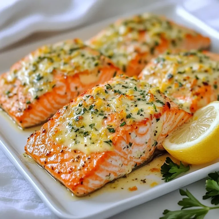 - 4 Lachsfilets (jeweils ca. 170 g) - 3 Esslöffel Olivenöl - 4 Knoblauchzehen, fein gehackt - 240 ml Schlagsahne - 120 ml Hühnerbrühe - 50 g frisch geriebener Parmesan - 1 Teelöffel Zitronensaft - Salz und Pfeffer nach Geschmack - Frische Petersilie, gehackt (zum Garnieren) - Zitronenscheiben (zum Servieren) Wählen Sie frische Lachsfilets. Achten Sie auf die Farbe und den Geruch. Der Lachs sollte leicht glänzen und frisch riechen. Für die Sahne, suchen Sie nach einer hochwertigen Schlagsahne mit hohem Fettanteil. So wird die Sauce besonders cremig. Verwenden Sie frischen Knoblauch, um den besten Geschmack zu erzielen. Für den Parmesan, wählen Sie einen, der frisch gerieben ist. So schmeckt er intensiver. Wenn Sie keinen Lachs mögen, probieren Sie Forelle oder Kabeljau. Diese Fische sind ebenfalls lecker. Für eine leichtere Sauce, verwenden Sie griechischen Joghurt anstelle von Schlagsahne. Dies gibt eine andere Textur, bleibt aber cremig. Wenn Sie keine Hühnerbrühe haben, nehmen Sie Gemüsebrühe. Der Geschmack wird anders, aber immer noch gut. {{ingredient_image_2}} Zuerst würzen Sie die Lachsfilets. Nehmen Sie 4 Filets und streuen Sie Salz und Pfeffer auf beide Seiten. Das sorgt für guten Geschmack. Dann erhitzen Sie 3 Esslöffel Olivenöl in einer großen Pfanne. Warten Sie, bis das Öl heiß ist. Legen Sie die gewürzten Filets in die Pfanne. Braten Sie diese 4-5 Minuten pro Seite. Der Lachs sollte goldbraun und durchgegart sein. Nehmen Sie die Filets aus der Pfanne und legen Sie sie beiseite. Jetzt kommen wir zur Knoblauchsauce. Reduzieren Sie die Hitze in der gleichen Pfanne auf mittlere Stufe. Fügen Sie dann 4 fein gehackte Knoblauchzehen hinzu. Braten Sie den Knoblauch für etwa 1 Minute an. Achten Sie darauf, dass er nicht verbrennt. Gießen Sie nun 120 ml Hühnerbrühe in die Pfanne. Kratzen Sie die Reste vom Pfannenboden ab. Lassen Sie die Mischung 2-3 Minuten köcheln. Jetzt senken Sie die Hitze und fügen Sie 240 ml Schlagsahne und 1 Teelöffel Zitronensaft hinzu. Lassen Sie diese Mischung sanft köcheln. Schließlich rühren Sie 50 g frisch geriebenen Parmesan in die Sauce ein. Rühren Sie, bis der Käse geschmolzen ist und die Sauce glatt ist. Legen Sie nun die Lachsfilets zurück in die Pfanne. Löffeln Sie die cremige Knoblauchsauce gleichmäßig darüber. Lassen Sie das Gericht für weitere 2-3 Minuten erhitzen. Nehmen Sie die Pfanne dann vom Herd. Garnieren Sie das Gericht mit frisch gehackter Petersilie. Servieren Sie die Filets auf warmen Tellern. Fügen Sie Zitronenscheiben hinzu, um das Gericht zu verschönern. Dazu passt gedämpftes Gemüse oder eine Portion Pasta. So wird Ihr Essen noch köstlicher! Ein häufiger Fehler ist, den Lachs zu lange zu braten. Das macht ihn trocken. Achte darauf, dass du die Filets nur 4-5 Minuten pro Seite brätst. Wenn du die Hitze zu hoch einstellst, kann der Knoblauch verbrennen. Das gibt einen bitteren Geschmack. Halte die Hitze im mittleren Bereich, um den Knoblauch sanft zu braten. Der perfekte Lachs hat eine zarte, saftige Textur. Beginne mit frischen Filets. Würze sie gut mit Salz und Pfeffer. Erhitze das Olivenöl in der Pfanne, bis es heiß ist. Lege die Filets mit der Hautseite nach unten in die Pfanne. Sie sollten sofort brutzeln. Wende die Filets nur einmal, um die goldbraune Kruste zu erhalten. Um Zeit zu sparen, bereite die Zutaten vor. Hacke den Knoblauch und messe die Sahne und Brühe im Voraus. Du kannst auch die Lachsfilets schon würzen, bevor du mit dem Kochen beginnst. Wenn du die Sauce zubereitest, lasse die Hitze niedrig, damit sie nicht zu schnell kocht. So kannst du die Sahne gleichmäßig einrühren und die Sauce bleibt schön cremig. Pro Tipps Frische Zutaten verwenden: Achten Sie darauf, frischen Lachs und frischen Knoblauch zu verwenden, um den besten Geschmack und die beste Textur in Ihrem Gericht zu erzielen. Die Sauce nicht überhitzen: Wenn Sie die Schlagsahne hinzufügen, lassen Sie die Sauce sanft köcheln, um ein Gerinnen zu verhindern und eine glatte, cremige Konsistenz zu erhalten. Variationen der Kräuter: Experimentieren Sie mit verschiedenen Kräutern wie Dill oder Basilikum, um der Sauce eine zusätzliche Geschmacksnote zu verleihen. Beilagen anpassen: Servieren Sie den Lachs mit verschiedenen Beilagen wie Reis, Quinoa oder einem frischen Salat, um das Gericht abzurunden. {{image_4}} Du kannst den cremigen Knoblauch-Lachs auch mit anderen Fischen zubereiten. Forelle oder Kabeljau sind gute Alternativen. Diese Fische haben einen milden Geschmack, der gut mit der Knoblauchsauce harmoniert. Achte darauf, die Garzeit anzupassen. Dünnere Filets brauchen weniger Zeit in der Pfanne. Wenn du auf Gluten achtest, ist dieses Rezept bereits glutenfrei, da keine glutenhaltigen Zutaten verwendet werden. Für eine vegetarische Option kannst du Lachs durch festen Tofu ersetzen. Brate den Tofu genauso an wie den Lachs. Die Sauce bleibt gleich, und du wirst immer noch einen tollen Geschmack haben. Du kannst das Rezept mit saisonalen Zutaten aufpeppen. Im Frühling passen Spargel oder Erbsen gut dazu. Im Sommer kannst du frische Tomaten oder Zucchini hinzufügen. Diese Zutaten geben dem Gericht mehr Farbe und Frische. Im Herbst sind Pilze eine tolle Ergänzung. Sie bringen einen erdigen Geschmack, der gut mit Knoblauch harmoniert. Um die Reste von cremigem Knoblauch-Lachs frisch zu halten, lassen Sie ihn zuerst abkühlen. Wickeln Sie die Lachsfilets vorsichtig in Frischhaltefolie oder legen Sie sie in einen luftdichten Behälter. Achten Sie darauf, dass die Sauce gut abgedeckt ist, um Austrocknen zu vermeiden. So bleibt das Gericht lecker und feucht. Wenn Sie den Lachs wieder aufwärmen, tun Sie dies sanft. Stellen Sie eine Pfanne bei niedriger Hitze auf den Herd. Fügen Sie etwas Wasser oder Brühe hinzu, um den Lachs nicht austrocknen zu lassen. Decken Sie die Pfanne mit einem Deckel ab. Dies hilft, die Feuchtigkeit zu halten. Erwärmen Sie den Lachs langsam, bis er heiß ist. So bleibt er zart und schmackhaft. Im Kühlschrank hält sich der cremige Knoblauch-Lachs bis zu drei Tage. Wenn Sie ihn länger aufbewahren möchten, können Sie ihn auch einfrieren. Achten Sie darauf, ihn in einem gefrierfesten Behälter zu lagern. Im Gefrierschrank bleibt der Lachs bis zu drei Monate frisch. Zum Auftauen legen Sie ihn einfach über Nacht in den Kühlschrank. So bleibt der Geschmack erhalten und die Textur bleibt gut. Lachs braucht etwa 8 bis 10 Minuten in der Pfanne. Braten Sie ihn 4 bis 5 Minuten auf jeder Seite. Achten Sie darauf, dass er goldbraun wird. Die Innentemperatur sollte 63 Grad Celsius erreichen. So bleibt der Lachs zart und saftig. Kochen Sie ihn nicht zu lange, sonst wird er trocken. Ja, Sie können die Schlagsahne durch griechischen Joghurt oder Milch ersetzen. Dies macht das Gericht leichter. Wenn Sie Joghurt verwenden, fügen Sie ihn am Ende hinzu. So bleibt seine Frische erhalten. Bei Milch kann die Sauce dünner werden. Fügen Sie bei Bedarf etwas mehr Parmesan hinzu, um die Cremigkeit zu erhalten. Zu cremigem Knoblauch-Lachs passen viele Gemüsesorten gut. Hier sind einige Vorschläge: - Brokkoli - Spargel - Zucchini - Erbsen - Spinat Sie können das Gemüse dämpfen oder in der Pfanne braten. So bleibt es knackig und frisch. Das Gemüse ergänzt den Lachs und sorgt für eine bunte Präsentation. In diesem Blogbeitrag haben wir alles über die beste Zubereitung von Lachs gelernt. Wir haben die Zutaten besprochen, Tipps zur Auswahl gegeben und einige häufige Fehler vermieden. Zudem sahen wir, wie man die Knoblauchsauce perfekt zubereitet und wie man die Reste richtig lagert. Ich hoffe, du bist jetzt bereit, köstlichen Lachs zu kochen. Viel Spaß beim Ausprobieren!