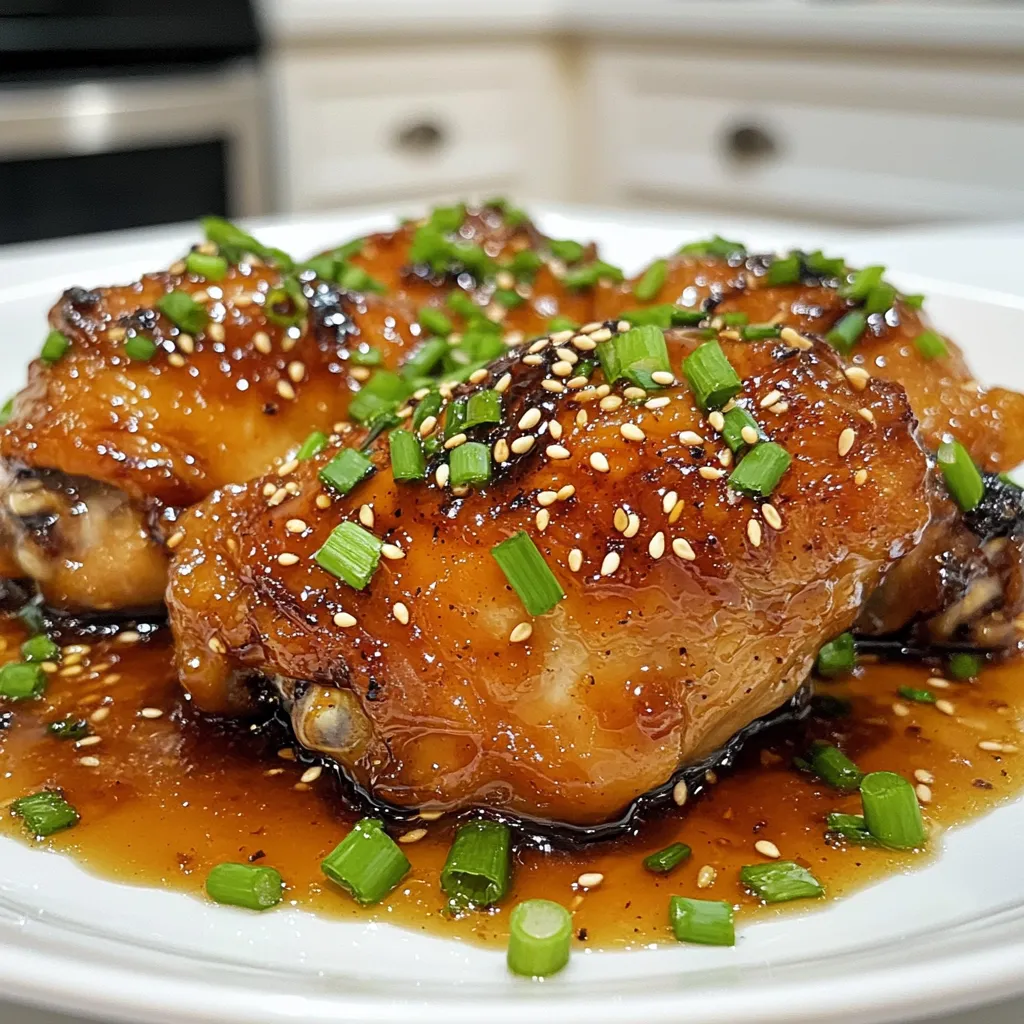 - 4 Hähnchenschenkel, ohne Knochen und Haut - 60 ml Sojasauce - 30 ml Honig - 30 ml Sesamöl - 15 ml frisch geriebener Ingwer - 2 Zehen Knoblauch, fein gehackt - 30 ml Reisessig - 15 ml Maisstärke - 15 ml Wasser Ich nutze Hähnchenschenkel, weil sie saftig und zart sind. Die Marinade aus Sojasauce, Honig und Sesamöl gibt viel Geschmack. Frisch geriebener Ingwer und Knoblauch machen die Mischung lebendig. Reisessig fügt eine feine Säure hinzu und balanciert die Süße. - Salz und Pfeffer nach Geschmack - 30 g Sesamsamen, geröstet - 2 Lauchzwiebeln, gehackt (zur Garnitur) Für den perfekten Geschmack verwende ich Salz und Pfeffer. Geröstete Sesamsamen sind knusprig und hübsch. Sie geben dem Gericht eine tolle Textur. Lauchzwiebeln verleihen Frische und Farbe. Diese Zutaten heben das Gericht wirklich hervor und machen es zum Genuss. Um die Marinade zuzubereiten, mische in einer großen Schüssel die Sojasauce, den Honig, das Sesamöl, den geriebenen Ingwer, den gehackten Knoblauch und den Reisessig gut zusammen. Achte darauf, dass alles gut vermischt ist. Lege dann die Hähnchenschenkel in einen wieder verschließbaren Beutel oder einen Behälter. Gieße die Marinade darüber und verschließe den Beutel. Lass die Hähnchenschenkel mindestens 30 Minuten im Kühlschrank marinieren. Für noch mehr Geschmack empfehle ich, sie zwei Stunden marinieren zu lassen. Heize den Ofen auf 200°C vor. Lege eine Auflaufform mit Backpapier aus. Nimm die Hähnchenschenkel nach der Marinierzeit aus dem Beutel. Lege sie in die vorbereitete Form und würze sie nach Geschmack mit Salz und Pfeffer. Backe die Hähnchenschenkel im Ofen für 25 bis 30 Minuten. Sie sind fertig, wenn sie eine Innentemperatur von 74°C erreicht haben. Gieße die aufbewahrte Marinade in einen kleinen Topf. In einer separaten Schüssel verrühre die Maisstärke mit Wasser zu einer glatten Mischung. Bringe die Marinade bei mittlerer Hitze zum Köcheln. Füge dann die Maisstärke-Mischung hinzu und rühre ständig um. Koche die Sauce, bis sie dick wird. Dies dauert etwa 3 bis 5 Minuten. Sobald die Hähnchenschenkel fertig sind, nimm sie aus dem Ofen. Pinsle die eingedickte Sauce gleichmäßig über die Hähnchenschenkel. Streue die gerösteten Sesamsamen darüber. * Zeit und Temperatur: Marinieren Sie die Hähnchenschenkel mindestens 30 Minuten. Für mehr Geschmack lassen Sie sie 2 Stunden im Kühlschrank. Kälte hilft, die Aromen tief in das Fleisch zu ziehen. * Geschmack intensivieren: Fügen Sie mehr Ingwer oder Knoblauch hinzu. Diese Zutaten bringen frische und intensive Aromen. Experimentieren Sie mit anderen Kräutern, um neue Geschmäcker zu entdecken. * Verwendung von Backpapier: Legen Sie Backpapier in die Auflaufform. Das sorgt dafür, dass die Hähnchenschenkel nicht ankleben. So bleibt die Form sauber und die Reinigung einfach. * Grillen für den letzten Schliff: Nach dem Backen können Sie die Hähnchenschenkel kurz unter den Grill stellen. Das gibt ihnen eine schöne Farbe und einen köstlichen Glanz. Achten Sie darauf, sie dabei nicht zu verbrennen. * Beilagenideen: Servieren Sie die Hähnchenschenkel mit gebratenem Reis oder gedünstetem Gemüse. Diese Beilagen ergänzen die Aromen gut und sorgen für eine ausgewogene Mahlzeit. * Anrichten für Präsentation: Legen Sie die Hähnchenschenkel auf einen großen Teller. Bestreuen Sie sie mit Lauchzwiebeln und Sesamsamen. Das sieht nicht nur gut aus, sondern macht das Essen auch einladend und lecker. {{image_4}} Manchmal möchte ich die Zutaten ändern, um neue Geschmäcker zu entdecken. - Alternative Süßungsmittel: Du kannst Honig durch Ahornsirup ersetzen. Das gibt eine andere Süße. Agavendicksaft funktioniert auch gut. - Nutzung anderer Fleischsorten: Wenn du keine Hähnchenschenkel magst, probiere Hähnchenbrust. Du kannst auch Tofu für eine vegetarische Option verwenden. Das marinierte Tofu nimmt die Aromen gut auf. Die Anpassung der Geschmacksrichtungen macht das Gericht spannend. - Hinzufügen von Schärfe: Wenn du es scharf magst, füge frische Chilis oder Chiliflocken zur Marinade hinzu. Das bringt mehr Würze und Tiefe. - Austausch von Ölen: Du kannst das Sesamöl durch Erdnussöl ersetzen. Es hat einen nussigen Geschmack und passt gut zu asiatischen Gerichten. Um die Hähnchenschenkel frisch zu halten, lege sie in den Kühlschrank. Verwende dazu einen luftdichten Behälter. So bleiben sie bis zu drei Tage genießbar. Achte darauf, die Hähnchenschenkel nicht zu lange stehen zu lassen. Wenn du sie länger aufbewahren möchtest, friere sie ein. - Kühlschranklagerung: Bis zu 3 Tage in einem luftdichten Behälter. - Gefrieroptionen: Bis zu 3 Monate in einem gefrierfesten Beutel oder Behälter. Wenn du die Hähnchenschenkel wieder aufwärmen möchtest, gibt es zwei gute Optionen. Der Ofen ist ideal, um die Haut knusprig zu halten. Die Mikrowelle ist schneller, kann aber die Textur verändern. - Ofen vs. Mikrowelle: Ofen bei 180°C für 15-20 Minuten aufwärmen. Mikrowelle für 2-3 Minuten. - Beibehaltung der Textur: Im Ofen bleibt die Haut knusprig. In der Mikrowelle wird das Fleisch zart, aber die Haut kann weich werden. Die Hähnchenschenkel sollten mindestens 30 Minuten mariniert werden. Dies gibt der Marinade Zeit, in das Fleisch einzuziehen. Für einen noch besseren Geschmack empfehle ich, sie zwei Stunden oder länger zu marinieren. So wird das Hähnchen zart und intensiv aromatisch. Ja, du kannst die Hähnchenschenkel auch grillen. Grille sie einfach bei mittlerer Hitze. Achte darauf, sie regelmäßig zu wenden, damit sie gleichmäßig garen. Die Marinade verleiht den Hähnchenschenkeln einen tollen Geschmack und eine schöne Farbe. Grille sie bis das Fleisch eine Innentemperatur von 74°C erreicht. Um die Sauce dicker zu machen, verwende Maisstärke. Mische die Maisstärke mit Wasser, bis sie glatt ist. Füge diese Mischung zur warmen Marinade hinzu. Koche sie unter ständigem Rühren. Nach 3-5 Minuten wird die Sauce schön dickflüssig. So haftet sie perfekt an den Hähnchenschenkeln. Zusammenfassend haben wir die besten Tipps zur Zubereitung von Hähnchenschenkel erarbeitet. Die richtige Marinade und Backtechnik sind entscheidend. Vergessen Sie nicht, mit Gewürzen und Garnierungen zu experimentieren, um den Geschmack zu intensivieren. Variieren Sie die Zutaten nach Ihrem Geschmack und lagern Sie die Reste richtig. Diese Schritte helfen Ihnen, köstliche Hähnchenschenkel zu zaubern. Genießen Sie die einfachen Optionen und kreative Variationen. So wird jedes Essen zum besonderen Erlebnis.