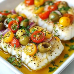 Um Mediterranen Kabeljau mit Oliven zuzubereiten, benötigen Sie: - 4 Kabeljaufilets (ca. 170 g pro Stück) - 240 g Kirschtomaten, halbiert - 75 g Kalamata-Oliven, entsteint und grob gehackt - 75 g grüne Oliven, entsteint und grob gehackt - 1 kleine rote Zwiebel, dünn geschnitten - 3 Knoblauchzehen, fein gehackt - 60 g frische Petersilie, gehackt - 60 ml Olivenöl - 1 Zitrone, abgerieben und ausgepresst - 1 Teelöffel getrockneter Oregano - Salz und schwarzer Pfeffer nach Geschmack Wählen Sie frische Kabeljaufilets aus. Sie sollten fest und glänzend sein. Die Kirschtomaten müssen reif und duftend sein. Kalamata-Oliven bringen eine tolle Tiefe an Geschmack. Achten Sie darauf, dass die grünen Oliven ebenfalls frisch sind. Die Zwiebel sollte knackig sein. Verwenden Sie frischen Knoblauch für den besten Geschmack. Frische Petersilie verleiht Farbe und Frische. Kaufen Sie hochwertiges Olivenöl, um das Gericht abzurunden. Diese Portionen bieten eine gute Mischung aus Vitaminen und Mineralstoffen. Kabeljau ist eine hervorragende Proteinquelle. Er enthält wenig Fett und viele wichtige Nährstoffe. Die Oliven fügen gesunde Fette hinzu. Kirschtomaten liefern Antioxidantien. Petersilie ist reich an Vitaminen A, C und K. Insgesamt ist dieses Gericht leicht und nährstoffreich, ideal für eine gesunde Ernährung. {{ingredient_image_2}} Zuerst heizen Sie den Ofen auf 200 °C vor. Dies stellt sicher, dass der Fisch gleichmäßig gart. Während der Ofen aufheizt, kümmern Sie sich um die Zutaten. Nehmen Sie eine große Schüssel und geben Sie die halbierten Kirschtomaten hinein. Fügen Sie die grob gehackten Kalamata- und grünen Oliven hinzu. Schneiden Sie die rote Zwiebel dünn und geben Sie auch diese in die Schüssel. Hacken Sie den Knoblauch fein und fügen Sie ihn hinzu. Dann kommt die gehackte Petersilie dazu. Gießen Sie die Hälfte des Olivenöls in die Schüssel. Reiben Sie die Zitrone ab und pressen Sie den Saft hinein. Streuen Sie den Oregano, Salz und Pfeffer über die Mischung. Rühren Sie alles gut um. Die Aromen verbinden sich und machen das Gericht noch leckerer. Legen Sie nun die Kabeljaufilets auf ein Backblech, das mit Backpapier ausgelegt ist. Beträufeln Sie die Filets mit dem restlichen Olivenöl und würzen Sie sie leicht mit Salz und Pfeffer. Verteilen Sie die Oliven-Tomaten-Mischung gleichmäßig über die Filets. Drücken Sie den Zitronensaft über die Mischung. Nun ist das Gericht bereit für den Ofen. Backen Sie es für 20 bis 25 Minuten. Der Kabeljau ist fertig, wenn er sich leicht mit einer Gabel zerteilen lässt. Nach dem Backen nehmen Sie das Blech aus dem Ofen und lassen den Fisch ein paar Minuten ruhen. So bleibt er saftig und zart. Um den Geschmack des Kabeljaus zu verbessern, nutzen Sie frische Zutaten. Frische Kirschtomaten und Kräuter machen einen großen Unterschied. Fügen Sie auch etwas Chili hinzu, wenn Sie es schärfer mögen. Ein Spritzer Weißwein kann die Aromen vertiefen. Verwenden Sie hochwertiges Olivenöl für den besten Geschmack. Das bringt die mediterranen Aromen richtig zur Geltung. Achten Sie darauf, den Fisch nicht zu überbacken. Kabeljau wird schnell trocken. Prüfen Sie den Fisch nach 20 Minuten. Wenn er sich leicht mit einer Gabel zerteilen lässt, ist er fertig. Ein weiterer Fehler ist, zu wenig Salz zu verwenden. Salz hebt die Aromen hervor und macht das Gericht lebendig. Vergessen Sie auch nicht, die Oliven gut zu hacken. So verteilen sich die Aromen gleichmäßig. Wählen Sie frische Kabeljaufilets aus der Theke. Achten Sie auf eine feste Textur und einen milden Geruch. Wenn Sie gefrorenen Kabeljau verwenden, lassen Sie ihn im Kühlschrank auftauen. So bleibt der Fisch saftig. Lagern Sie die Filets nicht zu lange vor der Zubereitung. Frische ist der Schlüssel für den perfekten Geschmack. Pro Tipps Frischen Fisch wählen: Achten Sie darauf, frische Kabeljaufilets zu kaufen, um den besten Geschmack und die beste Textur zu erzielen. Olivenöl richtig nutzen: Verwenden Sie hochwertiges Olivenöl für einen intensiveren Geschmack und um die Aromen der anderen Zutaten zu verstärken. Zitronensaft hinzufügen: Fügen Sie den Zitronensaft kurz vor dem Servieren hinzu, um die Frische und den Geschmack des Gerichts zu betonen. Beilagen perfekt wählen: Servieren Sie das Gericht mit Couscous oder knusprigem Brot, um die köstlichen Säfte aufzusaugen und eine vollwertige Mahlzeit zu genießen. {{image_4}} Du kannst die Zutaten für deinen mediterranen Kabeljau leicht anpassen. Zum Beispiel kannst du die Kalamata-Oliven durch grüne, gefüllte Oliven ersetzen. Wenn du keinen Knoblauch magst, lass ihn einfach weg. Für mehr Farbe kannst du auch Paprika hinzufügen. Füge etwas Feta-Käse hinzu, um einen salzigen Geschmack zu bekommen. Frische Kräuter wie Basilikum oder Thymian sind auch eine tolle Wahl. Wenn du keinen Kabeljau magst, probiere andere Fischsorten. Tilapia oder Heilbutt sind milde Alternativen, die gut funktionieren. Lachs hat einen kräftigeren Geschmack und bleibt saftig. Achte darauf, die Garzeit je nach Fisch zu prüfen. Dickerer Fisch braucht mehr Zeit, während dünnerer Fisch schneller kocht. Zu deinem Kabeljau passen viele Beilagen. Couscous oder Quinoa sind nahrhafte Optionen, die die Säfte gut aufnehmen. Ein frischer Salat mit Rucola und Tomaten bringt eine knackige Note. Wenn du etwas Herzhaftes willst, serviere das Gericht mit knusprigem Brot oder gerösteten Kartoffeln. Diese Beilagen ergänzen die Aromen perfekt und machen dein Essen rundum lecker. Wenn Sie Reste von Ihrem mediterranen Kabeljau haben, lagern Sie diese richtig. Lassen Sie den Fisch zuerst auf Raumtemperatur abkühlen. Dann legen Sie die Filets in einen luftdichten Behälter. Achten Sie darauf, auch die Oliven und die Tomaten zu bedecken. So bleibt der Geschmack frisch. Bewahren Sie den Behälter im Kühlschrank auf. Um die Reste wieder aufzuwärmen, nutzen Sie den Ofen. Heizen Sie ihn auf 180 °C vor. Legen Sie die Kabeljaufilets auf ein Backblech. Bedecken Sie sie leicht mit Aluminiumfolie. So trocknen sie nicht aus. Erwärmen Sie das Gericht für etwa 10 bis 15 Minuten. Achten Sie darauf, dass der Fisch nicht zu heiß wird. Im Kühlschrank hält sich der mediterrane Kabeljau etwa 2 bis 3 Tage. Wenn Sie ihn länger aufbewahren möchten, können Sie ihn einfrieren. Wickeln Sie die Filets in Frischhaltefolie ein. Legen Sie sie dann in einen gefrierfesten Behälter. So bleibt der Geschmack für bis zu 3 Monate erhalten. Denken Sie daran, den Fisch vor dem Essen langsam im Kühlschrank aufzutauen. Ja, frische Tomaten sind eine gute Option. Sie bringen einen tollen Geschmack. Achte darauf, sie klein zu schneiden. So passen sie gut zur anderen Mischung. Kirschtomaten sind süßer und saftiger, aber frische sind auch lecker. Ja, dieses Gericht ist glutenfrei. Alle Zutaten sind natürlich und enthalten kein Gluten. Kabeljau, Oliven und Gemüse sind sicher für glutenfreie Diäten. Achte darauf, auch glutenfreies Brot als Beilage zu wählen, falls gewünscht. Die Garzeit hängt vom Fisch ab. Dünnere Filets brauchen weniger Zeit. Dickere Filets benötigen mehr Zeit. Prüfe den Fisch nach 15 Minuten. Er sollte leicht mit einer Gabel zerteilen. Wenn er noch fest ist, backe ihn länger. In diesem Blogbeitrag haben wir die Zutaten, die Zubereitung und Tipps für Kabeljaufilets behandelt. Ich habe dir gezeigt, wie du die besten Zutaten wählst und wie du sie richtig verwendest. Du lernst, wie man den Geschmack verstärkt und typische Fehler vermeidet. Außerdem gab es Ideen für Variationen und Lagerung. Jetzt weißt du, wie du ein perfektes Gericht zubereitest und bewahrst. Probiere es aus und genieße dein Gericht!