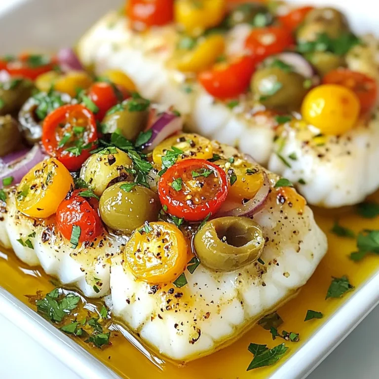 Um Mediterranen Kabeljau mit Oliven zuzubereiten, benötigen Sie: - 4 Kabeljaufilets (ca. 170 g pro Stück) - 240 g Kirschtomaten, halbiert - 75 g Kalamata-Oliven, entsteint und grob gehackt - 75 g grüne Oliven, entsteint und grob gehackt - 1 kleine rote Zwiebel, dünn geschnitten - 3 Knoblauchzehen, fein gehackt - 60 g frische Petersilie, gehackt - 60 ml Olivenöl - 1 Zitrone, abgerieben und ausgepresst - 1 Teelöffel getrockneter Oregano - Salz und schwarzer Pfeffer nach Geschmack Wählen Sie frische Kabeljaufilets aus. Sie sollten fest und glänzend sein. Die Kirschtomaten müssen reif und duftend sein. Kalamata-Oliven bringen eine tolle Tiefe an Geschmack. Achten Sie darauf, dass die grünen Oliven ebenfalls frisch sind. Die Zwiebel sollte knackig sein. Verwenden Sie frischen Knoblauch für den besten Geschmack. Frische Petersilie verleiht Farbe und Frische. Kaufen Sie hochwertiges Olivenöl, um das Gericht abzurunden. Diese Portionen bieten eine gute Mischung aus Vitaminen und Mineralstoffen. Kabeljau ist eine hervorragende Proteinquelle. Er enthält wenig Fett und viele wichtige Nährstoffe. Die Oliven fügen gesunde Fette hinzu. Kirschtomaten liefern Antioxidantien. Petersilie ist reich an Vitaminen A, C und K. Insgesamt ist dieses Gericht leicht und nährstoffreich, ideal für eine gesunde Ernährung. {{ingredient_image_2}} Zuerst heizen Sie den Ofen auf 200 °C vor. Dies stellt sicher, dass der Fisch gleichmäßig gart. Während der Ofen aufheizt, kümmern Sie sich um die Zutaten. Nehmen Sie eine große Schüssel und geben Sie die halbierten Kirschtomaten hinein. Fügen Sie die grob gehackten Kalamata- und grünen Oliven hinzu. Schneiden Sie die rote Zwiebel dünn und geben Sie auch diese in die Schüssel. Hacken Sie den Knoblauch fein und fügen Sie ihn hinzu. Dann kommt die gehackte Petersilie dazu. Gießen Sie die Hälfte des Olivenöls in die Schüssel. Reiben Sie die Zitrone ab und pressen Sie den Saft hinein. Streuen Sie den Oregano, Salz und Pfeffer über die Mischung. Rühren Sie alles gut um. Die Aromen verbinden sich und machen das Gericht noch leckerer. Legen Sie nun die Kabeljaufilets auf ein Backblech, das mit Backpapier ausgelegt ist. Beträufeln Sie die Filets mit dem restlichen Olivenöl und würzen Sie sie leicht mit Salz und Pfeffer. Verteilen Sie die Oliven-Tomaten-Mischung gleichmäßig über die Filets. Drücken Sie den Zitronensaft über die Mischung. Nun ist das Gericht bereit für den Ofen. Backen Sie es für 20 bis 25 Minuten. Der Kabeljau ist fertig, wenn er sich leicht mit einer Gabel zerteilen lässt. Nach dem Backen nehmen Sie das Blech aus dem Ofen und lassen den Fisch ein paar Minuten ruhen. So bleibt er saftig und zart. Um den Geschmack des Kabeljaus zu verbessern, nutzen Sie frische Zutaten. Frische Kirschtomaten und Kräuter machen einen großen Unterschied. Fügen Sie auch etwas Chili hinzu, wenn Sie es schärfer mögen. Ein Spritzer Weißwein kann die Aromen vertiefen. Verwenden Sie hochwertiges Olivenöl für den besten Geschmack. Das bringt die mediterranen Aromen richtig zur Geltung. Achten Sie darauf, den Fisch nicht zu überbacken. Kabeljau wird schnell trocken. Prüfen Sie den Fisch nach 20 Minuten. Wenn er sich leicht mit einer Gabel zerteilen lässt, ist er fertig. Ein weiterer Fehler ist, zu wenig Salz zu verwenden. Salz hebt die Aromen hervor und macht das Gericht lebendig. Vergessen Sie auch nicht, die Oliven gut zu hacken. So verteilen sich die Aromen gleichmäßig. Wählen Sie frische Kabeljaufilets aus der Theke. Achten Sie auf eine feste Textur und einen milden Geruch. Wenn Sie gefrorenen Kabeljau verwenden, lassen Sie ihn im Kühlschrank auftauen. So bleibt der Fisch saftig. Lagern Sie die Filets nicht zu lange vor der Zubereitung. Frische ist der Schlüssel für den perfekten Geschmack. Pro Tipps Frischen Fisch wählen: Achten Sie darauf, frische Kabeljaufilets zu kaufen, um den besten Geschmack und die beste Textur zu erzielen. Olivenöl richtig nutzen: Verwenden Sie hochwertiges Olivenöl für einen intensiveren Geschmack und um die Aromen der anderen Zutaten zu verstärken. Zitronensaft hinzufügen: Fügen Sie den Zitronensaft kurz vor dem Servieren hinzu, um die Frische und den Geschmack des Gerichts zu betonen. Beilagen perfekt wählen: Servieren Sie das Gericht mit Couscous oder knusprigem Brot, um die köstlichen Säfte aufzusaugen und eine vollwertige Mahlzeit zu genießen. {{image_4}} Du kannst die Zutaten für deinen mediterranen Kabeljau leicht anpassen. Zum Beispiel kannst du die Kalamata-Oliven durch grüne, gefüllte Oliven ersetzen. Wenn du keinen Knoblauch magst, lass ihn einfach weg. Für mehr Farbe kannst du auch Paprika hinzufügen. Füge etwas Feta-Käse hinzu, um einen salzigen Geschmack zu bekommen. Frische Kräuter wie Basilikum oder Thymian sind auch eine tolle Wahl. Wenn du keinen Kabeljau magst, probiere andere Fischsorten. Tilapia oder Heilbutt sind milde Alternativen, die gut funktionieren. Lachs hat einen kräftigeren Geschmack und bleibt saftig. Achte darauf, die Garzeit je nach Fisch zu prüfen. Dickerer Fisch braucht mehr Zeit, während dünnerer Fisch schneller kocht. Zu deinem Kabeljau passen viele Beilagen. Couscous oder Quinoa sind nahrhafte Optionen, die die Säfte gut aufnehmen. Ein frischer Salat mit Rucola und Tomaten bringt eine knackige Note. Wenn du etwas Herzhaftes willst, serviere das Gericht mit knusprigem Brot oder gerösteten Kartoffeln. Diese Beilagen ergänzen die Aromen perfekt und machen dein Essen rundum lecker. Wenn Sie Reste von Ihrem mediterranen Kabeljau haben, lagern Sie diese richtig. Lassen Sie den Fisch zuerst auf Raumtemperatur abkühlen. Dann legen Sie die Filets in einen luftdichten Behälter. Achten Sie darauf, auch die Oliven und die Tomaten zu bedecken. So bleibt der Geschmack frisch. Bewahren Sie den Behälter im Kühlschrank auf. Um die Reste wieder aufzuwärmen, nutzen Sie den Ofen. Heizen Sie ihn auf 180 °C vor. Legen Sie die Kabeljaufilets auf ein Backblech. Bedecken Sie sie leicht mit Aluminiumfolie. So trocknen sie nicht aus. Erwärmen Sie das Gericht für etwa 10 bis 15 Minuten. Achten Sie darauf, dass der Fisch nicht zu heiß wird. Im Kühlschrank hält sich der mediterrane Kabeljau etwa 2 bis 3 Tage. Wenn Sie ihn länger aufbewahren möchten, können Sie ihn einfrieren. Wickeln Sie die Filets in Frischhaltefolie ein. Legen Sie sie dann in einen gefrierfesten Behälter. So bleibt der Geschmack für bis zu 3 Monate erhalten. Denken Sie daran, den Fisch vor dem Essen langsam im Kühlschrank aufzutauen. Ja, frische Tomaten sind eine gute Option. Sie bringen einen tollen Geschmack. Achte darauf, sie klein zu schneiden. So passen sie gut zur anderen Mischung. Kirschtomaten sind süßer und saftiger, aber frische sind auch lecker. Ja, dieses Gericht ist glutenfrei. Alle Zutaten sind natürlich und enthalten kein Gluten. Kabeljau, Oliven und Gemüse sind sicher für glutenfreie Diäten. Achte darauf, auch glutenfreies Brot als Beilage zu wählen, falls gewünscht. Die Garzeit hängt vom Fisch ab. Dünnere Filets brauchen weniger Zeit. Dickere Filets benötigen mehr Zeit. Prüfe den Fisch nach 15 Minuten. Er sollte leicht mit einer Gabel zerteilen. Wenn er noch fest ist, backe ihn länger. In diesem Blogbeitrag haben wir die Zutaten, die Zubereitung und Tipps für Kabeljaufilets behandelt. Ich habe dir gezeigt, wie du die besten Zutaten wählst und wie du sie richtig verwendest. Du lernst, wie man den Geschmack verstärkt und typische Fehler vermeidet. Außerdem gab es Ideen für Variationen und Lagerung. Jetzt weißt du, wie du ein perfektes Gericht zubereitest und bewahrst. Probiere es aus und genieße dein Gericht!