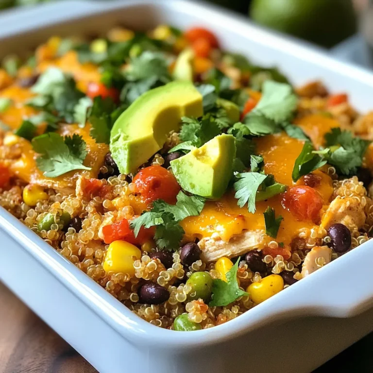 Für den Hühnchenauflauf benötigst du einige Hauptzutaten. Hier ist eine Liste: - 2 Tassen gekochtes Hähnchen, zerrissen - 1 Tasse gekochte Quinoa - 1 Dose (15 oz) schwarze Bohnen, abgetropft und gespült - 2 Tassen gefrorenes Gemüse-Mix (Karotten, Erbsen, Mais) - 1 Tasse gewürfelte Tomaten (aus der Dose oder frisch) - 1 Tasse geriebener Cheddar-Käse Diese Zutaten bilden die Basis für deinen Auflauf. Das zerrissene Hähnchen bringt viel Geschmack. Quinoa fügt eine gute Textur hinzu und die Bohnen sorgen für Protein. Die Gewürze machen den Auflauf besonders lecker. Hier sind die wichtigen Gewürze: - 1 Teelöffel Knoblauchpulver - 1 Esslöffel Taco-Gewürz - 1 Tasse Hühnerbrühe - Salz und Pfeffer nach Geschmack - 2 Esslöffel Olivenöl Das Knoblauchpulver und das Taco-Gewürz geben dem Gericht einen tollen Kick. Die Hühnerbrühe sorgt für Feuchtigkeit und Geschmack. Vergiss nicht, mit Salz und Pfeffer abzuschmecken! Du kannst frische Zutaten hinzufügen, um den Auflauf noch besser zu machen. Hier sind einige Vorschläge: - Frischer Koriander als Garnitur - Avocadoscheiben für mehr Cremigkeit - Ein grüner Salat als Beilage Diese Ideen verbessern die Präsentation und den Geschmack. Frische Kräuter bringen Farbe und Aroma. Avocados geben einen leckeren, reichen Geschmack. {{ingredient_image_2}} Um diesen leckeren Hühnchenauflauf zu machen, heize zuerst deinen Ofen auf 190°C vor. Nimm eine große Rührschüssel und füge alle festen Zutaten hinzu: das zerrissene Hähnchen, die gekochte Quinoa, die schwarzen Bohnen und das gefrorene Gemüse. Vergiss nicht die gewürfelten Tomaten und ¾ Tasse vom geriebenen Cheddar-Käse. Mische alles gut durch, bis es gleichmäßig verteilt ist. In einer separaten Schüssel vermische die Hühnerbrühe, das Knoblauchpulver, das Taco-Gewürz und das Olivenöl. Verquirle die Mischung, bis alles gut kombiniert ist. Gieße diese Brühe über die Hähnchen- und Gemüse-Mischung. Rühre alles gründlich um, damit alle Zutaten gut bedeckt sind. Schmecke mit Salz und Pfeffer ab. Gib die Mischung in eine gefettete Auflaufform (9x13 Zoll) und verteile sie gleichmäßig. Bestreue den Auflauf mit der restlichen ¼ Tasse geriebenem Cheddar-Käse. Decke die Form mit Aluminiumfolie ab und backe sie 25 Minuten lang. Entferne dann die Folie und backe weitere 10-15 Minuten, bis der Käse sprudelnd und leicht goldbraun ist. Lasse den Auflauf nach dem Backen einige Minuten abkühlen, bevor du ihn in Portionen schneidest. Um sicherzustellen, dass alle Zutaten gut vermischt sind, ist es wichtig, die Mischung nicht zu überladen. Arbeite in kleinen Portionen, wenn nötig. Nutze einen großen Löffel oder einen Spatel, um die Zutaten vorsichtig zu heben und zu falten. Dies hilft, die Textur zu bewahren und sorgt für gleichmäßige Verteilung. Achte darauf, dass dein Hähnchen gut gekocht und zerrissen ist. Gekochte Quinoa ist eine großartige Basis, da sie die Feuchtigkeit speichert. Wenn du gefrorenes Gemüse verwendest, tau es vorher nicht auf. So bleibt der Auflauf saftig. Vergiss nicht, den Käse gleichmäßig zu verteilen, um eine schöne Kruste zu erhalten. Teste die Konsistenz nach dem Backen. Der Auflauf sollte fest, aber nicht trocken sein. Die Zubereitung eines Hühnchenauflaufs ist einfach und macht Spaß. Ich verwende oft Reste von gekochtem Hähnchen. Es spart Zeit und bringt zusätzlichen Geschmack. Quinoa ist eine tolle Wahl. Sie gibt dem Auflauf Struktur und Nährstoffe. Das gefrorene Gemüse ist praktisch. Es ist immer bereit, ohne die Notwendigkeit frischer Zutaten. Ein häufiger Fehler ist, die Brühe nicht gut zu vermischen. Achte darauf, dass du sie gleichmäßig über die Mischung gießt. Das hilft, alles saftig zu halten. Zu wenig Gewürze machen den Auflauf fade. Probier das Taco-Gewürz und Knoblauchpulver aus. Achte darauf, die Folie beim Backen rechtzeitig zu entfernen. So wird der Käse schön goldbraun. Für die Garnitur verwende frischen Koriander oder Avocadoscheiben. Das bringt Farbe und Frische. Serviere den Auflauf in hübschen Schalen. So sieht es einladend aus. Du kannst auch etwas extra Käse darüber streuen. Das gibt einen leckeren, schmelzenden Effekt. Die Portionen lassen sich gut im Kühlschrank aufbewahren. So hast du eine tolle Mahlzeit für die Woche. Pro Tipps Verwendung von Resten: Nutzen Sie übrig gebliebenes Hähnchen oder andere Proteine, um die Zubereitungszeit zu verkürzen und Lebensmittelverschwendung zu vermeiden. Variationen beim Gemüse: Fühlen Sie sich frei, das gefrorene Gemüse durch frisches Gemüse zu ersetzen oder verschiedene Sorten zu mischen, je nach Saison und Vorlieben. Cheddar-Käse ersetzen: Experimentieren Sie mit verschiedenen Käsesorten wie Gouda oder Mozzarella für unterschiedliche Geschmacksrichtungen und Texturen. Aufbewahrungstipps: Bewahren Sie die Portionen in luftdichten Behältern im Kühlschrank auf, um die Frische zu erhalten und die Mahlzeiten einfach zugänglich zu machen. {{image_4}} Wenn du den Hühnchenauflauf anpassen möchtest, probiere andere proteinreiche Zutaten. Du kannst zum Beispiel Pute anstelle von Hähnchen verwenden. Tofu ist eine gute vegane Option. Auch Kichererbsen fügen viel Protein hinzu. Diese Alternativen machen dein Gericht abwechslungsreich und nahrhaft. Das Gemüse im Auflauf lässt sich leicht ändern. Für den Winter sind geröstete Kürbiswürfel oder Rosenkohl toll. Im Frühling kannst du frische Spargelstücke oder Erbsen nutzen. Im Sommer sind Zucchini und Paprika perfekt. Diese saisonalen Zutaten bringen Farbe und Geschmack auf den Teller. Für eine vegane Version kannst du das Hähnchen durch Jackfruit ersetzen. Verwende pflanzliche Brühe statt Hühnerbrühe. Um glutenfrei zu bleiben, achte darauf, glutenfreie Quinoa zu wählen. Diese Anpassungen sorgen dafür, dass jeder den Auflauf genießen kann. Um den Hühnchenauflauf frisch zu halten, lasse ihn vollständig abkühlen. Danach schneide ihn in Portionen. Verwende luftdichte Behälter für die Lagerung. So bleibt der Auflauf bis zu fünf Tage im Kühlschrank gut. Achte darauf, dass die Behälter nicht überfüllt sind. So bleibt die Luftzirkulation erhalten und der Auflauf wird nicht matschig. Wenn du den Auflauf länger aufbewahren möchtest, friere ihn ein. Lasse ihn vorher ebenfalls abkühlen. Verwende gefrierfeste Behälter oder spezielle Gefrierbeutel. Trage das Einfrierdatum auf die Behälter auf. So weißt du, wie lange er schon eingefroren ist. Im Gefrierschrank hält er bis zu drei Monate. Zum Auftauen lege ihn einfach über Nacht in den Kühlschrank. Zum Aufwärmen kannst du den Ofen nutzen. Heize ihn auf 180°C vor. Lege den Auflauf in eine Auflaufform und decke ihn mit Folie ab. So bleibt er saftig und trocken. Backe ihn etwa 20 Minuten, bis er warm ist. Du kannst ihn auch in der Mikrowelle erwärmen. Verwende eine geeignete Schüssel und erwärme ihn in kurzen Intervallen. Prüfe zwischendurch die Temperatur. Der Hühnchenauflauf bleibt im Kühlschrank etwa 3 bis 4 Tage frisch. Um die Qualität zu erhalten, lagere ihn in einem luftdichten Behälter. So bleibt der Auflauf saftig und lecker. Du kannst ihn auch in Portionen aufteilen, um die Reste einfacher zu konsumieren. Ja, du kannst frisches Hähnchen verwenden. Achte darauf, das Hähnchen zuerst zu kochen. Du kannst es in Würfel schneiden und dann mit den anderen Zutaten vermischen. Dies gibt dem Auflauf einen frischen Geschmack. Koche das Hähnchen einfach bis es gar ist, bevor du es in den Auflauf gibst. Verschiedene Beilagen passen gut zu diesem Auflauf. Hier sind einige Ideen: - Grüner Salat - Gedämpftes Gemüse - Avocadoscheiben - Reis oder Quinoa - Tortilla-Chips für etwas Crunch Diese Beilagen ergänzen den Auflauf und bringen mehr Farbe auf den Teller. Zusammenfassend haben wir die Hauptzutaten für den Hühnchenauflauf und deren Vorbereitung besprochen. Wir haben Tipps gegeben, um häufige Fehler zu vermeiden. Variationen und Lagerungshinweise helfen dir, das Rezept anzupassen. Denke daran, beim Kochen kreativ zu sein. Experimentiere mit frischen Zutaten und Beilagen. Dein Hühnchenauflauf kann immer wieder neu sein! Coole Präsentation macht das Gericht einladend. Viel Spaß beim Ausprobieren!