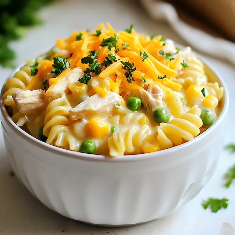 Für dieses leckere Gericht brauchst du: - 225 g Pasta (z.B. Penne oder Fusilli) - 2 Esslöffel Olivenöl - 1 mittelgroße Zwiebel, gewürfelt - 2 Knoblauchzehen, fein gehackt - 2 Tassen gegartes Hühnchen, zerrupft - 1 Tasse Karotten, gewürfelt - 1 Tasse gefrorene Erbsen - 1 Tasse Maiskörner - 720 ml Hühnerbrühe - 240 ml Schlagsahne - 1 Teelöffel getrockneter Thymian - 1 Teelöffel getrockneter Rosmarin - Salz und Pfeffer nach Geschmack - 100 g geriebener Cheddar-Käse - Frische Petersilie, gehackt (zum Garnieren) Diese Zutaten sorgen für einen vollen Geschmack. Sie bieten eine tolle Mischung aus Aromen und Texturen. Manchmal hast du nicht alles zur Hand. Du kannst auch Folgendes verwenden: - Statt Hühnchen: Verwende Truthahn oder Tofu für eine vegetarische Option. - Bei den Gemüse: Nimm frische Bohnen oder Brokkoli anstelle von gefrorenen Erbsen. - Für die Brühe: Gemüsebrühe ist eine gute Wahl, wenn du weniger Fleisch verwenden willst. - Ersetze Cheddar durch Mozzarella oder Parmesan für einen anderen Käsegeschmack. Mit diesen Alternativen bleibt dein Gericht lecker und kreativ. Wenn du Zutaten aufbewahren möchtest, beachte Folgendes: - Lagere frisches Gemüse im Kühlschrank. So bleibt es länger frisch. - Gekochte Pasta kannst du in einem luftdichten Behälter im Kühlschrank aufbewahren. - Hühnerbrühe bleibt bis zu einer Woche im Kühlschrank. Du kannst sie auch einfrieren. - Käse sollte kühl und trocken gelagert werden, um Schimmel zu vermeiden. So bleiben deine Zutaten frisch und bereit für dein nächstes Kochabenteuer! {{ingredient_image_2}} Kochen Sie 225 g Pasta in einem großen Topf. Folgen Sie den Anweisungen auf der Verpackung. Achten Sie darauf, die Pasta al dente zu garen. Das bedeutet, sie sollte weich, aber noch leicht bissfest sein. Nach dem Kochen, gießen Sie die Pasta ab und stellen Sie sie beiseite. Erhitzen Sie 2 Esslöffel Olivenöl in einer großen Pfanne bei mittlerer Hitze. Fügen Sie die gewürfelte Zwiebel hinzu und braten Sie sie 3-4 Minuten lang. Die Zwiebel sollte durchsichtig werden. Danach geben Sie 2 fein gehackte Knoblauchzehen dazu. Braten Sie den Knoblauch eine weitere Minute an, bis er duftet. Jetzt ist es Zeit, das Herzstück hinzuzufügen. Geben Sie 2 Tassen zerrupftes Hühnchen, 1 Tasse gewürfelte Karotten, 1 Tasse gefrorene Erbsen und 1 Tasse Maiskörner in die Pfanne. Vermengen Sie alles gut. Lassen Sie die Mischung einige Minuten braten, damit die Aromen sich verbinden. Gießen Sie 720 ml Hühnerbrühe in die Pfanne und bringen Sie alles zum Köcheln. Reduzieren Sie die Hitze auf niedrig. Fügen Sie 240 ml Schlagsahne, 1 Teelöffel getrockneten Thymian und 1 Teelöffel getrockneten Rosmarin hinzu. Würzen Sie mit Salz und Pfeffer nach Geschmack. Lassen Sie die Soße 5-7 Minuten köcheln, bis sie leicht dickflüssig wird. Fügen Sie die gekochte Pasta in die Pfanne. Mischen Sie alles gut, bis die Pasta mit der Soße überzogen ist. Streuen Sie 100 g geriebenen Cheddar-Käse darüber. Rühren Sie um, bis der Käse schmilzt und die Pasta cremig wird. Probieren Sie die Pasta und passen Sie die Würze nach Ihrem Geschmack an. Servieren Sie das Gericht warm und garnieren Sie es mit gehackter Petersilie. Um die perfekte Sauce für Hühnchen-Pot-Pie-Pasta zu machen, ist Timing wichtig. Zuerst brate die Zwiebel und den Knoblauch in Olivenöl. Sie geben der Sauce viel Geschmack. Wenn die Zwiebel weich ist, füge das Hühnchen und das Gemüse hinzu. Das Kochen in der Hühnerbrühe bringt alles zusammen. Die Schlagsahne macht die Sauce cremig. Lass die Sauce kurz köcheln, damit sie eindickt. So bleibt alles schön zusammen. Frisches Gemüse bringt einen tollen Geschmack. Karotten und Erbsen sind super frisch. Du kannst auch gefrorenes Gemüse nutzen. Es ist oft schon gewaschen und geschnitten. Wenn du gefrorenes Gemüse wählst, achte darauf, es nicht zu lange zu kochen. Es wird schnell weich. Wenn du frisches Gemüse nimmst, schneide es klein. So garen sie gleichmäßig und schnell. Die Gewürze machen das Gericht besonders. Thymian und Rosmarin passen gut zu Hühnchen. Du kannst auch andere Kräuter probieren. Petersilie bringt Frische. Wenn du es schärfer magst, füge etwas Paprika oder Pfeffer hinzu. Für einen süßeren Geschmack, probiere etwas Muskatnuss. Sei kreativ mit den Gewürzen, um deinen eigenen Stil zu finden. Pro Tipps Pasta al dente kochen: Achten Sie darauf, die Pasta nicht zu lange zu kochen, damit sie al dente bleibt und die perfekte Textur hat. Frische Kräuter verwenden: Wenn möglich, verwenden Sie frische Kräuter anstelle von getrockneten, um den Geschmack zu intensivieren. Käse variieren: Experimentieren Sie mit verschiedenen Käsesorten wie Gouda oder Parmesan für eine neue Geschmacksrichtung. Gemüse anpassen: Fügen Sie Ihr Lieblingsgemüse hinzu oder verwenden Sie Reste, um das Gericht noch nahrhafter zu gestalten. {{image_4}} Für eine vegetarische Variante der Hühnchen-Pot-Pie-Pasta, tausche das Hühnchen gegen gekochte Linsen oder Kichererbsen. Diese liefern viel Protein und einen tollen Biss. Du kannst auch mehr Gemüse hinzufügen, wie Zucchini, Paprika oder Spinat. Die Basis bleibt gleich: Zwiebeln, Knoblauch und Gemüsebrühe sorgen für Geschmack. Wenn du eine glutenfreie Ernährung befolgst, wähle glutenfreie Pasta. Diese gibt es in vielen Formen, wie Penne oder Fusilli. Achte darauf, dass die anderen Zutaten auch glutenfrei sind. Zum Beispiel, verwende glutenfreie Brühe und überprüfe die Gewürze. So bleibt das Gericht für alle genießbar. Für zusätzlichen Geschmack kannst du verschiedene Käsesorten ausprobieren. Anstelle von Cheddar, verwende Gouda, Mozzarella oder Parmesan. Jeder Käse bringt einen eigenen Geschmack und eine andere Textur mit. Experimentiere, um deine perfekte Käsemischung zu finden. Der Käse schmilzt und macht die Pasta schön cremig. Um Ihre Hühnchen-Pot-Pie-Pasta frisch zu halten, sollten Sie sie in einem luftdichten Behälter lagern. Lassen Sie die Pasta zuerst abkühlen. Wenn sie noch warm ist, kann sich Kondenswasser bilden. Dies kann die Textur beeinträchtigen. Achten Sie darauf, die Reste innerhalb von zwei Stunden nach dem Kochen zu verpacken. Um die Reste aufzuwärmen, geben Sie die Pasta in einen Topf. Fügen Sie einen Schuss Hühnerbrühe oder etwas Sahne hinzu. Dies hilft, die Soße wieder cremig zu machen. Erhitzen Sie die Mischung bei mittlerer Hitze. Rühren Sie oft um, damit alles gleichmäßig warm wird. Alternativ können Sie die Pasta auch in der Mikrowelle aufwärmen. Decken Sie die Schüssel ab und erhitzen Sie sie in kurzen Intervallen. Im Kühlschrank hält sich die Hühnchen-Pot-Pie-Pasta etwa drei bis vier Tage. Achten Sie darauf, sie gut abzudecken. Wenn Sie die Pasta länger aufbewahren möchten, frieren Sie sie ein. In einem geeigneten Behälter bleibt sie im Gefrierfach bis zu drei Monate frisch. Achten Sie darauf, die Pasta in Portionen zu verpacken, damit Sie nur das benötigte auftauen müssen. Hühnchen-Pot-Pie-Pasta bleibt im Kühlschrank bis zu drei Tage frisch. Lagern Sie sie in einem luftdichten Behälter. Vor dem Essen aufwärmen, bis sie heiß ist. So bleibt der Geschmack gut. Ja, gefrorenes Hühnchen funktioniert gut. Kochen Sie es zuerst gründlich, bevor Sie es zerrupfen. Fügen Sie es dann zu den anderen Zutaten in der Pfanne hinzu. So bleibt die Pasta saftig und lecker. Um die Pasta cremiger zu machen, fügen Sie mehr Schlagsahne hinzu. Eine weitere Option ist, Frischkäse oder Mascarpone unterzurühren. Diese Zutaten machen die Soße reichhaltiger und cremiger. Zu dieser Pasta passen frischer grüner Salat oder knuspriges Brot sehr gut. Auch gedämpftes Gemüse ist eine tolle Beilage. Diese Optionen machen das Gericht noch ausgewogener und schmackhafter. Ja, die Kochzeit kann sich ändern. Anfänger Gemüse wie Zucchini benötigen weniger Zeit. Hartes Gemüse wie Brokkoli braucht länger. Achten Sie darauf, das Gemüse rechtzeitig hinzuzufügen, damit alles gleichmäßig gar wird. Diese Hühnchen-Pot-Pie-Pasta kombiniert einfache Zutaten und klare Schritte. Wir haben Optionen und Tipps für Vielfalt und Geschmack vorgestellt. Denke daran, wie du die Sauce perfekt machst und deine Lieblingsgemüse wählst. Ob vegetarisch oder glutenfrei, das Rezept passt zu dir. Lagere Reste richtig und genieße sie später. Ich hoffe, du hast viel gelernt und probierst dieses Rezept aus. Viel Spaß beim Kochen!