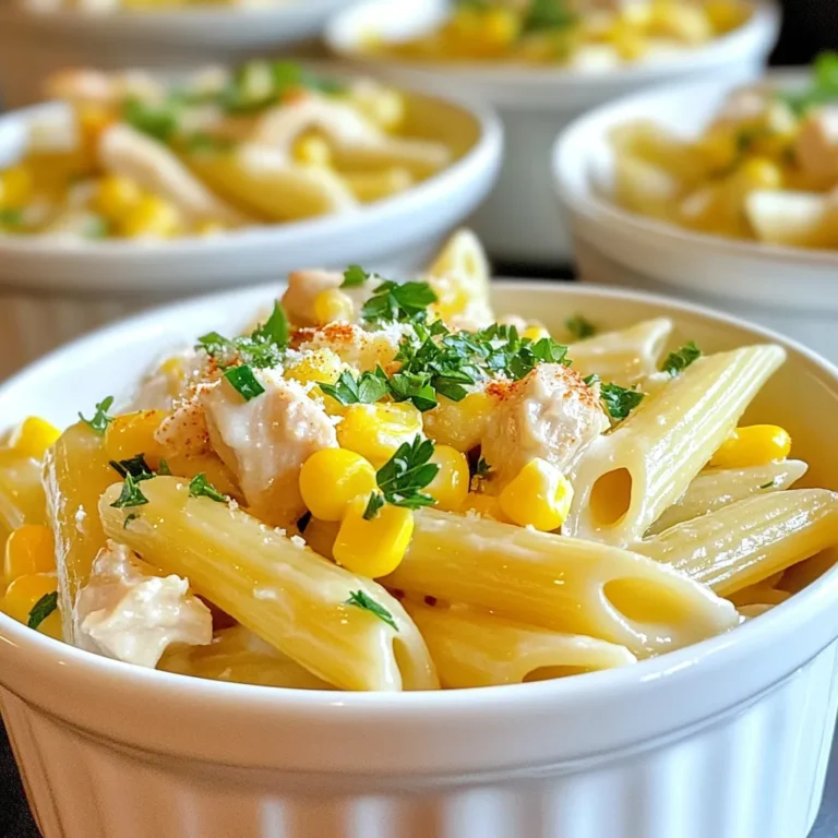 - 250 g Penne-Pasta - 1 Esslöffel Olivenöl - 2 Hähnchenbrustfilets, gewürfelt - Salz und Pfeffer nach Geschmack - 1 Tasse süßer Mais (frisch oder gefroren) - 3 Knoblauchzehen, fein gehackt - 1 Tasse Schlagsahne - 1 Teelöffel getrockneter Oregano - 1 Teelöffel geräuchertes Paprikapulver - 1/2 Tasse geriebener Parmesan - Frische Petersilie, gehackt (zum Garnieren) Die Zutaten sind für vier Portionen. Du kannst die Menge leicht anpassen. Zum Beispiel, wenn du mehr Gäste hast, verdopple einfach die Zutaten. Achte darauf, die Pasta gleichmäßig zu kochen. - Penne-Pasta: Diese Form hält die Soße gut. Du kannst auch Fusilli verwenden. - Hähnchenbrust: Achte darauf, dass die Stücke gleich groß sind. So garen sie gleichmäßig. - Süßer Mais: Frisch ist am besten, aber gefroren ist auch in Ordnung. - Schlagsahne: Sie sorgt für die Cremigkeit. Du kannst auch eine leichtere Sahne wählen, aber das beeinflusst die Textur. - Geräuchertes Paprikapulver: Das gibt der Soße einen besonderen Geschmack. Verwende es sparsam, wenn du es nicht magst. - Parmesan: Frisch gerieben ist ideal. Er schmilzt besser und schmeckt intensiver. Wenn du diese Hinweise beachtest, wird deine cremige Hähnchen und Mais Pasta perfekt! {{ingredient_image_2}} Setze einen großen Topf mit Salzwasser auf. Bring das Wasser zum Kochen. Füge die Penne-Pasta hinzu. Koche sie laut Packungsanweisung, bis sie al dente ist. Gieße die Pasta ab, aber behalte 1/2 Tasse Nudelwasser. Das Wasser hilft später, die Soße cremiger zu machen. Erhitze 1 Esslöffel Olivenöl in einer großen Pfanne. Füge die gewürfelten Hähnchenbrustfilets hinzu. Würze sie mit Salz und Pfeffer. Brate das Hähnchen etwa 6-8 Minuten lang, bis es goldbraun und durchgegart ist. Nimm das Hähnchen aus der Pfanne und lege es beiseite. Gib nun 1 Tasse süßen Mais und 3 fein gehackte Knoblauchzehen in die Pfanne. Brate sie für 2-3 Minuten an. Der Mais wird zart, und der Knoblauch entwickelt ein tolles Aroma. Gieße 1 Tasse Schlagsahne in die Pfanne. Rühre alles gut um, damit sich die Aromen verbinden. Füge 1 Teelöffel getrockneten Oregano und 1 Teelöffel geräuchertes Paprikapulver hinzu. Lass die Mischung etwa 3 Minuten lang köcheln, bis sie leicht eindickt. Gib das gebratene Hähnchen zurück in die Pfanne. Füge die abgegossene Pasta hinzu. Rühre alles gut um. Gib nach und nach das zurückbehaltene Nudelwasser hinzu. So erreichst du die gewünschte Cremigkeit. Rühre 1/2 Tasse geriebenen Parmesan ein. Der Käse schmilzt und verteilt sich gut. Probiere die Mischung und passe die Würze mit Salz und Pfeffer an. Richte die cremige Hähnchen-Corn-Pasta auf Tellern an. Garniere sie mit frisch gehackter Petersilie. Ein Hauch von geräuchertem Paprikapulver oben drauf sorgt für einen schönen Farbklecks. Um die perfekte Pasta zu kochen, benötigen Sie viel Wasser. Fügen Sie 1 Esslöffel Salz pro Liter Wasser hinzu. Dies gibt der Pasta Geschmack. Kochen Sie die Penne-Pasta etwa 8-10 Minuten, bis sie al dente ist. Vergessen Sie nicht, etwas Nudelwasser aufzuheben. Es hilft, die Sauce später cremiger zu machen. Für das Hähnchen ist die richtige Bratzeit wichtig. Braten Sie die gewürfelten Hähnchenbrustfilets bei mittlerer Hitze. Nach 6-8 Minuten sollten sie goldbraun und durchgegart sein. Verwenden Sie einen Fleischthermometer, um sicherzustellen, dass das Hähnchen 75 °C erreicht. So bleibt es saftig und zart. Die Sauce braucht Schlagsahne für die Cremigkeit. Lassen Sie sie bei schwacher Hitze köcheln, bis sie leicht eindickt. Fügen Sie nach und nach das Nudelwasser hinzu. So erreichen Sie die gewünschte Konsistenz. Oregano und Paprikapulver geben der Sauce zusätzlich Geschmack und Farbe. Um Ihre Pasta schön zu präsentieren, verwenden Sie große Schüsseln. Streuen Sie geriebenen Parmesan oben drauf. Ein Zweig frische Petersilie gibt Farbe und Frische. Ein Hauch von geräuchertem Paprikapulver sorgt für einen schönen Look. Das Auge isst mit, also machen Sie Ihr Gericht ansprechend! Pro Tipps Hähnchen richtig anbraten: Stellen Sie sicher, dass die Pfanne heiß genug ist, bevor Sie das Hähnchen hinzufügen, um eine schöne goldbraune Kruste zu erzielen. Pasta al dente kochen: Achten Sie darauf, die Pasta nur bis zur al dente Konsistenz zu kochen, damit sie beim Mischen mit der Sauce nicht zu weich wird. Vorsicht beim Würzen: Da Parmesan bereits salzig ist, schmecken Sie die Sauce ab, bevor Sie zusätzliches Salz hinzufügen. Frische Kräuter verwenden: Verwenden Sie frische Petersilie für die Garnitur, um dem Gericht einen frischen Geschmack und eine ansprechende Farbe zu verleihen. {{image_4}} Um eine vegetarische Version der cremigen Hähnchen und Mais Pasta zu machen, ersetzen Sie das Hähnchen. Tofu oder Kichererbsen sind tolle Alternativen. Diese Zutaten fügen Protein hinzu und machen das Gericht herzhaft. Sie können auch gebratene Pilze verwenden. Diese geben einen schönen Umami-Geschmack. Vergessen Sie nicht, die Gewürze anzupassen, um den neuen Zutaten gerecht zu werden. Käse ist ein wichtiger Teil dieser Pasta. Sie können verschiedene Käsesorten ausprobieren. Feta oder Mozzarella geben eine neue Note. Ziegenkäse kann auch eine cremige Textur schaffen. Für mehr Geschmack können Sie Parmesan und Cheddar mischen. Experimentieren Sie mit den Käsesorten, um den perfekten Geschmack zu finden. Das Gemüse in Ihrer Pasta kann variieren. Fügen Sie Spinat, Erbsen oder Zucchini hinzu. Diese Gemüse sind gesund und köstlich. Sie bringen auch Farbe auf den Teller. Wenn Sie mehr Geschmack wünschen, können Sie auch getrocknete Tomaten oder Paprika verwenden. Seien Sie kreativ und passen Sie die Gemüse nach Ihrem Geschmack an. Um die Reste der cremigen Hähnchen und Mais Pasta aufzubewahren, nutzen Sie einen luftdichten Behälter. Lassen Sie die Pasta zuerst auf Raumtemperatur abkühlen. Bewahren Sie sie dann im Kühlschrank auf. So bleibt der Geschmack frisch. Um die Reste aufzuwärmen, geben Sie sie in eine Pfanne. Fügen Sie einen kleinen Schuss Wasser oder Brühe hinzu. Erhitzen Sie alles bei mittlerer Hitze. Rühren Sie regelmäßig, bis die Pasta heiß ist. Dies hilft, die Cremigkeit zu bewahren und ein Anbrennen zu verhindern. Im Kühlschrank hält die Pasta etwa 3 bis 4 Tage. Wenn Sie die Reste länger aufbewahren möchten, frieren Sie sie ein. Im Gefrierschrank bleibt die Pasta bis zu 2 Monate gut. Achten Sie darauf, die Reste gut zu verpacken, um Gefrierbrand zu vermeiden. Die Zubereitung dauert etwa 30 Minuten. Sie brauchen 10 Minuten für die Vorbereitung und 20 Minuten zum Kochen. Das ist schnell und einfach. So können Sie ein leckeres Gericht in kurzer Zeit genießen. Ja, Sie können die Schlagsahne ersetzen. Eine gute Wahl ist griechischer Joghurt oder eine pflanzliche Sahne. Diese Optionen geben Geschmack, ohne zu schwer zu sein. Achten Sie darauf, die Menge anzupassen, um die richtige Konsistenz zu erreichen. Diese Pasta passt gut zu frischen Salaten oder geröstetem Gemüse. Ein einfacher grüner Salat mit Zitronen-Dressing ist eine tolle Wahl. Auch knuspriges Brot eignet sich gut, um die leckere Soße aufzutunken. Ja, Sie können die Pasta einfrieren. Lassen Sie die Pasta zuerst abkühlen. Füllen Sie sie dann in einen luftdichten Behälter. So bleibt die Pasta bis zu drei Monate frisch. Zum Aufwärmen einfach in der Mikrowelle oder auf dem Herd erhitzen. Diese Anleitung hat dir alle wichtigen Schritte für die cremige Hähnchen-Corn-Pasta gegeben. Du hast die Zutaten, die Zubereitung und einige nützliche Tipps gelernt. Denke daran, du kannst das Rezept auch nach deinem Geschmack ändern. Ob vegetarisch oder mit verschiedenen Käsesorten, die Möglichkeiten sind groß. Lagere Restgerichte richtig, damit nichts verschwendet wird. Mit diesen Tipps kannst du das Gericht immer wieder genießen. Viel Spaß beim Kochen und Servieren!