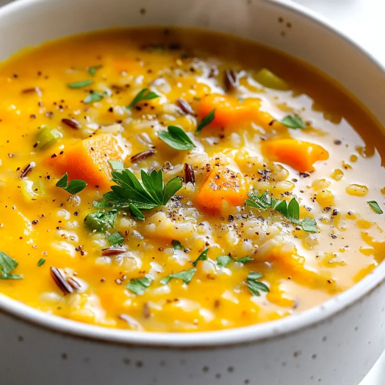 - 1 Tasse Wildreis, gründlich gewaschen - 1 Dose (425 g) Kürbispüree - 4 Tassen Gemüsebrühe Wildreis ist eine tolle Basis für diese Suppe. Er hat einen nussigen Geschmack und viel Textur. Kürbispüree bringt Süße und eine cremige Konsistenz. Gemüsebrühe gibt Tiefe und Geschmack. - 1 mittlere Zwiebel, gewürfelt - 3 Knoblauchzehen, fein gehackt - 2 Karotten, gewürfelt - 2 Stangen Sellerie, gewürfelt - 2 Tassen Grünkohl oder Spinat, grob gehackt Zwiebeln und Knoblauch bringen Aroma und Geschmack. Karotten und Sellerie fügen Süße und Crunch hinzu. Grünkohl oder Spinat sind gesund und machen die Suppe bunt. - 1 Teelöffel gemahlener Kreuzkümmel - 1 Teelöffel geräuchertes Paprikapulver - 1/2 Teelöffel Zimt - 1/2 Tasse Kokosmilch (optional für zusätzliche Cremigkeit) Kreuzkümmel und geräuchertes Paprikapulver geben der Suppe Wärme. Zimt bringt einen Hauch von Süße. Kokosmilch macht die Suppe extra cremig, wenn du das magst. {{ingredient_image_2}} Zuerst musst du das Gemüse schneiden und vorbereiten. Hier sind die Schritte: - Würfle 1 mittelgroße Zwiebel. - Hacke 3 Knoblauchzehen fein. - Schneide 2 Karotten und 2 Stangen Sellerie in kleine Stücke. - Wasche 1 Tasse Wildreis gründlich unter fließendem Wasser. Jetzt kommt der spannende Teil: die Suppe zubereiten. Hier ist, was du tun musst: - Erhitze 2 Esslöffel Olivenöl in einem großen Topf bei mittlerer Hitze. - Füge die gewürfelte Zwiebel hinzu und brate sie für etwa 5 Minuten, bis sie glasig ist. - Gib dann den gehackten Knoblauch, die Karotten und den Sellerie in den Topf. - Koche alles für 5-7 Minuten und rühre gelegentlich um. Das Gemüse soll leicht weich werden. - Rühre den Wildreis, 1 Teelöffel Kreuzkümmel, 1 Teelöffel geräuchertes Paprikapulver, 1/2 Teelöffel Zimt, Salz und Pfeffer ein. - Brate die Mischung eine weitere Minute an, um die Gewürze zu rösten. - Füge die 1 Dose Kürbispüree und 4 Tassen Gemüsebrühe hinzu. Bring die Suppe zum Kochen. Jetzt lass uns die Suppe köcheln lassen und verfeinern. So geht's: - Reduziere die Hitze und lasse die Suppe zugedeckt für 40-45 Minuten köcheln. Der Wildreis muss zart sein. - Wenn du magst, füge 1/2 Tasse Kokosmilch hinzu, um die Suppe cremiger zu machen. Erhitze sie weitere 5 Minuten. - Rühre schließlich 2 Tassen grob gehackten Grünkohl oder Spinat ein. Koche die Suppe weitere 2-3 Minuten, bis das Blattgrün verwelkt ist. - Schmecke die Suppe zum Schluss mit mehr Salz und Pfeffer ab. Serviere die Suppe heiß und garnieren sie mit frischer, gehackter Petersilie für einen zusätzlichen Farbtupfer. - Verwende Kokosmilch für extra Cremigkeit. Sie macht die Suppe reichhaltig und samtig. - Du kannst die Brühe anpassen. Benutze mehr oder weniger, je nach Vorliebe. - Koche den Wildreis nicht zu lange. Er sollte zart, aber nicht matschig sein. - Achte auf die Gewürze. Zu viel kann den Geschmack überwältigen, zu wenig kann ihn langweilig machen. - Garniere die Suppe mit frischer Petersilie. Das bringt Farbe und Geschmack. - Serviere die Suppe mit Brot oder Croutons. Das sorgt für zusätzliche Textur und Fülle. Pro Tipps Wildreis richtig vorbereiten: Wenn du den Wildreis über Nacht einweichst, verkürzt sich die Kochzeit und das Ergebnis wird zarter. Gewürze anpassen: Experimentiere mit verschiedenen Gewürzen wie Kurkuma oder Ingwer, um der Suppe eine persönliche Note zu verleihen. Mehr Gemüse hinzufügen: Füge für zusätzliche Nährstoffe und Textur weiteres Gemüse wie Paprika oder Zucchini hinzu. Für die perfekte Konsistenz: Püriere einen Teil der Suppe, um eine cremige Konsistenz zu erreichen, ohne die gesamte Suppe zu pürieren. {{image_4}} Du kannst Wildreis einfach durch Quinoa oder normalen Reis ersetzen. Quinoa hat einen nussigen Geschmack und ist schnell gar. Reis ist ebenfalls eine gute Wahl und macht die Suppe sättigend. Verschiedene Blattgemüse wie Grünkohl, Spinat oder Mangold können die Suppe aufpeppen. Sie fügen nicht nur Farbe hinzu, sondern auch Nährstoffe. Um der Suppe mehr Tiefe zu geben, füge frischen Ingwer oder Kurkuma hinzu. Ingwer bringt einen warmen, würzigen Kick. Kurkuma hat tolle gesundheitliche Vorteile und gibt der Suppe eine schöne Farbe. Du kannst auch andere Gewürze wie Curry oder Chili ausprobieren, um den Geschmack zu verändern. Experimentiere, um deine perfekte Mischung zu finden. Passe die Suppe an die Jahreszeit an. Im Frühling kannst du Spargel oder Erbsen hinzufügen. Im Sommer sind frische Tomaten oder Zucchini lecker. Im Herbst passt Wurzelgemüse wie Rüben oder Pastinaken gut. Im Winter sind Süßkartoffeln eine großartige Wahl. So bleibt die Suppe immer frisch und spannend. Bewahre die Suppe in einem luftdichten Behälter im Kühlschrank auf. So bleibt sie frisch. Du solltest die Suppe innerhalb von 3 bis 5 Tagen essen. Stelle sicher, dass der Behälter gut verschlossen ist. Das verhindert, dass die Suppe Gerüche aus dem Kühlschrank aufnimmt. Kühle die Suppe schnell ab, um das Wachstum von Bakterien zu vermeiden. Um die Suppe einzufrieren, lasse sie zuerst abkühlen. Fülle die kalte Suppe in gefrierfeste Behälter oder Beutel. Achte darauf, etwas Platz zu lassen, damit sich die Suppe ausdehnen kann. Beschrifte die Behälter mit Datum und Inhalt. Zum Auftauen stelle die gefrorene Suppe über Nacht in den Kühlschrank. Erhitze sie dann in einem Topf oder in der Mikrowelle. Rühre die Suppe gut um, um die Konsistenz wiederherzustellen. Im Kühlschrank hält die Suppe 3 bis 5 Tage. Wenn du die Suppe einfrierst, bleibt sie bis zu 3 Monate frisch. Achte darauf, die gefrorene Suppe gut zu lagern, um Gefrierbrand zu vermeiden. Vor dem Verzehr solltest du die Suppe immer gut erhitzen. So stellst du sicher, dass sie sicher zu essen ist. Ja, diese Suppe ist glutenfrei. Die Hauptzutaten sind Wildreis und Gemüsebrühe. Achte darauf, dass die Gemüsebrühe glutenfrei ist. Die meisten Marken bieten glutenfreie Optionen an. Alle anderen Zutaten enthalten kein Gluten. So kannst du die Suppe ohne Sorgen genießen. Ja, du kannst die Suppe im Voraus zubereiten. Koche sie und lasse sie abkühlen. Fülle sie in einen luftdichten Behälter. So bleibt die Suppe frisch. Du kannst sie bis zu fünf Tage im Kühlschrank aufbewahren. Erwärme sie einfach, wenn du bereit bist zu essen. Diese Suppe passt gut zu vielen Beilagen. Hier sind einige Ideen: - Frisches Brot oder Baguette - Knusprige Croutons - Ein einfacher grüner Salat - Gegrilltes Gemüse oder Gemüseplatte Diese Beilagen ergänzen den Geschmack der Suppe perfekt. Diese Suppe kombiniert viele gesunde Zutaten und Gewürze. Du lernst, wie man sie zubereitet und welche Variationen möglich sind. Denk daran, die Konsistenz anzupassen und häufige Fehler zu vermeiden. Mit diesen Tipps wird deine Suppe sicher köstlich. Du kannst sie auch ganz leicht aufbewahren oder einfrieren. Egal ob für die Woche oder eine besondere Mahlzeit, diese Suppe macht immer Freude. Probiere sie aus und genieße die Aromen!