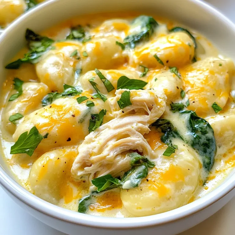 Um ein köstliches Gericht zu zaubern, benötigst du folgende Zutaten: - 450g Gnocchi (ca. 1 lb) - 2 Tassen gekochtes Hähnchen, zerkleinert - 1 Tasse Frischkäse, auf Zimmertemperatur - 1 Tasse Hühnerbrühe - 1 Tasse geriebener Cheddar-Käse - 1 Teelöffel Knoblauchpulver - 1 Teelöffel Zwiebelpulver - 1 Esslöffel Ranch-Gewürz - 2 Esslöffel Olivenöl - 1 Tasse frischer Spinat, gehackt - Salz und Pfeffer nach Geschmack - Frische Petersilie oder Schnittlauch, zum Garnieren Die Auswahl der Zutaten ist sehr wichtig. Verwende frisches Hähnchen, um den besten Geschmack zu erzielen. Gekochtes Hähnchen aus dem Supermarkt ist auch in Ordnung, aber frisch ist immer besser. Achte darauf, dass der Frischkäse Zimmertemperatur hat. So lässt er sich leichter mit der Brühe vermischen. Frischer Spinat verleiht dem Gericht Farbe und Nährstoffe. Wähle Gnocchi aus frischem Teig, wenn möglich. Sie haben einen besseren Geschmack und eine weichere Textur. Getrocknete Gnocchi sind ebenfalls eine gute Wahl, aber sie benötigen etwas mehr Zeit zum Kochen. Achte darauf, die Gnocchi in gesalzenem Wasser zu kochen, damit sie den besten Geschmack haben. Experimentiere mit verschiedenen Marken, um deine Lieblingsgnocchi zu finden. {{ingredient_image_2}} Um die Gnocchi perfekt zu kochen, bringe in einem großen Topf gesalzenes Wasser zum Kochen. Füge die Gnocchi hinzu. Koche sie gemäß den Paket-Anweisungen, bis sie an die Oberfläche steigen. Dies dauert in der Regel etwa 2-3 Minuten. Danach gieße sie ab und stelle sie beiseite. Achte darauf, die Gnocchi nicht zu lange zu kochen, sonst werden sie matschig. In einer großen Pfanne erhitze 2 Esslöffel Olivenöl bei mittlerer Hitze. Füge den zimmerwarmen Frischkäse und 1 Tasse Hühnerbrühe hinzu. Rühre ständig um, bis der Frischkäse schmilzt und sich mit der Brühe vermischt. Diese Mischung bildet die cremige Basis. Achte darauf, dass keine Klumpen zurückbleiben. Nun ist es Zeit, das zerkleinerte Hähnchen hinzuzufügen. Gib 1 Teelöffel Knoblauchpulver, 1 Teelöffel Zwiebelpulver und 1 Esslöffel Ranch-Gewürz dazu. Mische alles gut, sodass das Hähnchen gleichmäßig mit der cremigen Soße überzogen ist. Die Gewürze geben dem Gericht den besonderen Kick. Verpasse nicht, die Mischung gut zu rühren, damit sich die Aromen verbinden. Ein häufiger Fehler ist, die Gnocchi zu lange zu kochen. Sie sollten nur bis zum Aufsteigen ins Wasser kochen. Wenn sie zu weich werden, verlieren sie ihre Form. Ein weiterer Fehler ist, den Frischkäse zu kalt zu verwenden. Zimmertemperatur macht ihn leichter zu vermischen. Achte darauf, dass du das Hähnchen gut mit der Soße vermengst. So bleibt es saftig und lecker. Die perfekte Soße ist cremig, aber nicht zu dick. Wenn sie zu dick ist, füge etwas mehr Hühnerbrühe hinzu. Um die Soße zu verdünnen, rühre sie gut um, während du die Brühe hinzufügst. Wenn die Soße zu dünn ist, lasse sie einfach etwas länger auf dem Herd kochen. So verdampft die Flüssigkeit und sie wird dicker. Das Rezept ist einfach anpassbar. Möchtest du mehr Würze? Füge etwas scharfen Paprika oder Cayennepfeffer hinzu. Für einen frischen Geschmack kannst du Zitrone oder Limette verwenden. Wenn du Kräuter magst, probiere frische Basilikumblätter oder Thymian. Du kannst auch bei der Käseauswahl variieren. Parmesan oder Gouda geben einen anderen, aber köstlichen Geschmack. Pro Tips Frischkäse richtig vorbereiten: Stelle sicher, dass der Frischkäse Zimmertemperatur hat, bevor du ihn hinzufügst. Dies erleichtert das Schmelzen und sorgt für eine cremigere Soße. Gnocchi nicht überkochen: Achte darauf, die Gnocchi nur so lange zu kochen, bis sie an die Oberfläche steigen, um eine zähe Textur zu vermeiden. Sie sollten weich, aber fest sein. Verwendung von frischen Kräutern: Frische Petersilie oder Schnittlauch verleihen dem Gericht nicht nur Farbe, sondern auch einen frischen Geschmack. Füge sie kurz vor dem Servieren hinzu. Variationen ausprobieren: Experimentiere mit verschiedenen Gemüse oder Käsearten, wie z.B. Feta oder Mozzarella, um neue Geschmacksrichtungen und Texturen in das Gericht zu bringen. {{image_4}} Eine leckere vegetarische Variante ist die Verwendung von Tofu. Ersetze das Hähnchen durch 2 Tassen gewürfelten Tofu. Brate den Tofu in der Pfanne an, bis er goldbraun ist. Füge ihn dann zur Soße hinzu. Dies gibt dem Gericht eine tolle Textur und bleibt gesund. Wenn du keinen Frischkäse magst, probiere griechischen Joghurt. Er macht das Gericht cremig und ist leichter. Du kannst auch Cashewcreme verwenden, um eine pflanzliche Option zu haben. Beide Alternativen sorgen für einen tollen Geschmack. Um mehr Nährstoffe hinzuzufügen, kannst du auch Gemüse wie Brokkoli oder Zucchini verwenden. Dämpfe das Gemüse kurz und mische es dann unter die Gnocchi. Auch Erbsen oder Paprika passen gut. So wird dein Gericht noch bunter und gesünder. Um deine cremigen Crack Chicken Gnocchi frisch zu halten, lagere sie in einem luftdichten Behälter. Stelle sicher, dass der Behälter sauber und trocken ist. Du kannst die Gnocchi bis zu drei Tage im Kühlschrank aufbewahren. Achte darauf, sie vor dem Servieren gut umzurühren, um die Sauce gleichmäßig zu verteilen. Wenn du einen größeren Vorrat hast, kannst du die Gnocchi auch einfrieren. Teile die Portionen in geeignete Behälter oder Gefrierbeutel auf. Stelle sicher, dass du die Luft vollständig herausdrückst, um Gefrierbrand zu vermeiden. Die Gnocchi sind im Gefrierfach bis zu drei Monate haltbar. Um die Gnocchi wieder aufzuwärmen, erwärme sie langsam in einer Pfanne bei mittlerer Hitze. Füge etwas Hühnerbrühe oder Wasser hinzu, um die Sauce geschmeidig zu halten. Rühre regelmäßig um, bis alles gut durchwärmt ist. Du kannst auch die Mikrowelle verwenden, aber achte darauf, sie in Intervallen zu erhitzen, damit sie nicht austrocknen. Die wichtigsten Zutaten sind einfach und leicht zu finden. Sie benötigen: - 450g Gnocchi - 2 Tassen gekochtes Hähnchen, zerkleinert - 1 Tasse Frischkäse - 1 Tasse Hühnerbrühe - 1 Tasse geriebener Cheddar-Käse - 1 Teelöffel Knoblauchpulver - 1 Teelöffel Zwiebelpulver - 1 Esslöffel Ranch-Gewürz - 2 Esslöffel Olivenöl - 1 Tasse frischer Spinat, gehackt - Salz und Pfeffer Diese Zutaten geben dem Gericht seinen reichen, cremigen Geschmack. Die Reste sind im Kühlschrank etwa 3 bis 4 Tage haltbar. Stelle sicher, dass du die Gnocchi in einem luftdichten Behälter aufbewahrst. So bleiben sie frisch und lecker. Du kannst die Reste auch einfrieren. In einem gefrierfesten Behälter halten sie bis zu 3 Monate. Achte darauf, dass die Gnocchi gut geschützt sind, um Gefrierbrand zu vermeiden. Ja, du kannst Cremige Crack Chicken Gnocchi im Voraus zubereiten. Koche die Gnocchi und bereite die Soße wie beschrieben vor. Lass alles abkühlen und stelle es dann in den Kühlschrank. Am nächsten Tag kannst du alles einfach wieder erhitzen. Wenn du die Gnocchi im Voraus machst, schmecken sie noch besser, da die Aromen Zeit haben, sich zu verbinden. Um leckige Gnocchi zu machen, brauchst du die richtigen Zutaten und eine klare Anleitung. Wir haben die besten Tipps gegeben, um die Gnocchi perfekt zu kochen und die Sauce zu verfeinern. Zudem hast du gelernt, häufige Fehler zu vermeiden und wie du das Gericht anpassen kannst. Denke an die Variationen und die besten Aufbewahrungsmethoden. Du kannst köstliche Gerichte einfach zubereiten und genießen. Viel Spaß beim Kochen und Ausprobieren!