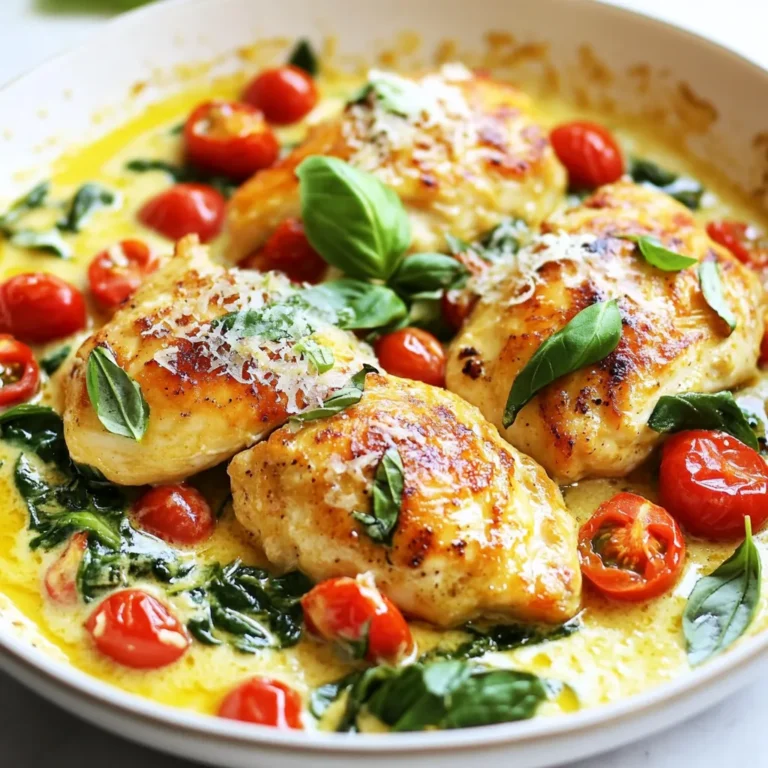 - 4 Hähnchenbrustfilets, ohne Haut und Knochen - 1 Tasse Kirschtomaten, halbiert - 1 Tasse frischer Spinat, grob gehackt - 1/2 Tasse Schlagsahne - 1/2 Tasse Parmesan, gerieben Die Hauptzutaten machen das Gericht besonders schmackhaft. Hähnchenbrustfilets sind mager und zart. Sie liefern viel Protein und sind einfach zu kochen. Kirschtomaten bringen Süße und Farbe ins Spiel. Spinat fügt frische und Nährstoffe hinzu. Schlagsahne und Parmesan machen die Sauce cremig und reichhaltig. - 2 Esslöffel Olivenöl - 1 Esslöffel italienische Gewürzmischung - Salz und Pfeffer nach Geschmack Olivenöl ist gesund und gibt Geschmack. Es hilft, die Hähnchenbrust goldbraun zu braten. Die italienische Gewürzmischung bringt Aromen von Oregano, Basilikum und mehr. Salz und Pfeffer sind wichtig für den perfekten Geschmack. Diese Gewürze machen die Aromen lebendig. - Frisches Basilikum Frisches Basilikum ist die ideale Garnitur. Es gibt dem Gericht einen frischen, aromatischen Geschmack. Außerdem sieht es schön aus und bringt Farbe ins Essen. Ein wenig Basilikum macht alles besser. {{ingredient_image_2}} - Würzen und anbraten Beginne mit vier Hähnchenbrustfilets. Würze sie mit Salz, Pfeffer und italienischer Gewürzmischung. Erhitze zwei Esslöffel Olivenöl in einer großen Pfanne. Lege die Hähnchenbrustfilets in die Pfanne. Brate sie für fünf bis sieben Minuten auf jeder Seite. Sie sollten goldbraun und durchgegart sein. Nimm das Hähnchen dann aus der Pfanne und stelle es beiseite. - Knoblauch und Tomaten anbraten In derselben Pfanne kommt nun der fein gehackte Knoblauch. Brate ihn für etwa 30 Sekunden an. Achte darauf, dass er nicht verbrennt. Füge dann eine Tasse halbierte Kirschtomaten hinzu. Brate die Tomaten für drei bis vier Minuten. Sie sollten weich werden und ihren Saft freigeben. - Spinat und Schlagsahne hinzufügen Jetzt kommt der grob gehackte Spinat dazu. Rühre ihn ein und koche, bis er verwelkt ist. Das dauert etwa zwei Minuten. Gieße dann eine halbe Tasse Schlagsahne in die Pfanne. Lass die Mischung köcheln. Füge auch eine halbe Tasse geriebenen Parmesan hinzu. Rühre alles gut um, bis der Käse schmilzt. - Hähnchen wieder hinzufügen und abschmecken Lege die Hähnchenbrustfilets zurück in die Pfanne. Lass sie zwei bis drei Minuten köcheln, damit sie die Sauce aufnehmen. Schmecke die Sauce ab und passe die Gewürze nach Geschmack an. Wenn du möchtest, kannst du das Gericht mit frischem Basilikum garnieren. - Achte auf die Temperatur. Heize die Pfanne gut auf, bevor du das Huhn hinzufügst. - Garzeiten sind wichtig. Brate das Hähnchen 5-7 Minuten auf jeder Seite, bis es goldbraun ist. - Verwende ein Fleischthermometer. Das Hähnchen sollte 75 Grad Celsius erreichen. - Koche das Hähnchen nicht zu lange. Es wird trocken, wenn es übergart. - Würze das Gericht gut. Zu wenig Salz und Pfeffer macht das Essen fade. - Achte darauf, die Sahne nicht zu lange zu kochen. Sie sollte nicht gerinnen. - Serviere das Hähnchen auf Zucchini-Nudeln. Das sieht frisch und bunt aus. - Ein bunter Salat passt gut dazu. Füge einige Rucola- oder Spinatblätter hinzu. - Garnitur ist wichtig. Ein wenig frisches Basilikum und Parmesan machen das Gericht schön. Pro Tipps Hähnchen marinieren: Marinieren Sie die Hähnchenbrustfilets mindestens 30 Minuten vorher, um den Geschmack zu intensivieren und das Fleisch zarter zu machen. Frische Kräuter verwenden: Verwenden Sie frische Kräuter wie Basilikum oder Oregano, um das Aroma des Gerichts zu verstärken und frische Farben zu verleihen. Variationen der Sauce: Experimentieren Sie mit verschiedenen Käsesorten oder fügen Sie etwas Zitronensaft hinzu, um der Sauce eine frische Note zu verleihen. Beilagenideen: Servieren Sie das Gericht mit Quinoa oder Reis für eine nahrhafte Beilage, die die cremige Sauce gut aufnimmt. {{image_4}} Du kannst das Rezept anpassen, indem du verschiedene Gemüse hinzufügst. Beliebte Optionen sind: - Zucchini - Paprika - Brokkoli - Champignons Jedes Gemüse bringt seinen eigenen Geschmack und Nährstoffe mit. Achte darauf, das Gemüse nicht zu lange zu garen. So bleibt es knackig und frisch. Falls du kein Hähnchen magst, gibt es viele Alternativen. Du kannst Hähnchen durch Pute ersetzen. Tofu ist eine tolle Option für Vegetarier. Auch Garnelen passen gut zu diesem Gericht. Jede Proteinquelle hat ihren eigenen Geschmack. Das gibt dir die Freiheit, Neues auszuprobieren und dein Gericht zu variieren. Um das Gericht schärfer zu machen, kannst du verschiedene Gewürze hinzufügen. Probiere: - Rote Paprikaflocken - Cayennepfeffer - Italienische Gewürze Du kannst auch eine scharfe Sauce wie Sriracha oder Tabasco verwenden. So verleihst du dem Gericht mehr Tiefe und Persönlichkeit. Du kannst das Gericht bis zu drei Tage im Kühlschrank aufbewahren. Bewahre das Hühnchen in einem luftdichten Behälter auf, um die Frische zu erhalten. Das hilft, Gerüche und Feuchtigkeit fernzuhalten. Stelle sicher, dass das Gericht vollständig abgekühlt ist, bevor du es in den Kühlschrank stellst. Um die Reste wieder aufzuwärmen, nutze eine Pfanne oder die Mikrowelle. In der Pfanne erhitzt du das Hühnchen bei niedriger Temperatur. Füge etwas Wasser oder Brühe hinzu, um die Feuchtigkeit zu erhalten. In der Mikrowelle stelle die Temperatur auf niedrig und wärme es schrittweise auf. Überprüfe nach jeder Minute die Temperatur, um ein Überkochen zu vermeiden. Wenn du das Gericht einfrieren willst, portioniere es in geeignete Behälter oder Beutel. Achte darauf, die Luft herauszudrücken, um Gefrierbrand zu vermeiden. Das Hühnchen bleibt bis zu drei Monate frisch im Gefrierfach. Zum Auftauen lege das Gericht über Nacht in den Kühlschrank oder erwärme es direkt in der Mikrowelle. Vermeide es, das Gericht mehrmals einzufrieren, um die Qualität zu erhalten. Die Kohlenhydrate in diesem Gericht sind gering. Eine Portion hat etwa 6 Gramm Kohlenhydrate. Hier sind die Nährwertangaben auf einen Blick: - Kalorien: 380 - Fett: 25 g - Eiweiß: 35 g - Kohlenhydrate: 6 g Die Zutaten wie Hähnchen und Gemüse halten die Kohlenhydrate niedrig. Ja, das Gericht ist einfach zuzubereiten. Es braucht nur 30 Minuten. Hier sind die Hilfsmittel, die Sie benötigen: - Große Pfanne - Kochlöffel - Schneidebrett und Messer Die Schritte sind klar und leicht zu folgen. Ideal für Köche aller Niveaus! Ja, Sie können das Rezept anpassen. Hier sind einige Ideen: - Für Allergien: Verwenden Sie Kokoscreme anstelle von Schlagsahne. - Für Vorlieben: Fügen Sie zusätzliches Gemüse wie Paprika oder Zucchini hinzu. - Für Geschmack: Experimentieren Sie mit anderen Kräutern wie Oregano oder Thymian. So können Sie das Gericht nach Ihrem Geschmack gestalten! Dieses Rezept für Hähnchen mit Kirschtomaten und Spinat ist einfach und lecker. Du hast gelernt, wie man die Hauptzutaten zusammenbringt und die Sauce zubereitet. Tipps helfen dir, häufige Fehler zu vermeiden und das Gericht schön zu präsentieren. Variationen mit verschiedenen Gemüsen oder Proteinen fördern deinen kreativen Geist. Informiere dich auch über die besten Lager- und Aufwärmmethoden. Probiere dieses Gericht aus und passe es nach deinen Wünschen an. Es wird sicher ein Hit in deiner Küche!