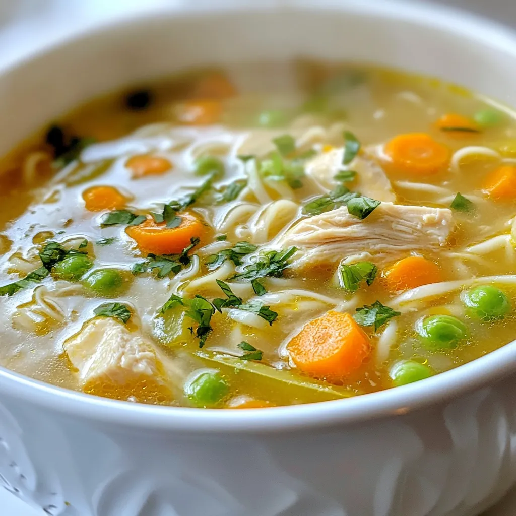 Für diese leckere Suppe benötigst du einige einfache, aber frische Zutaten. Hier sind die Hauptzutaten: - 2 Hähnchenbrustfilets, ohne Haut und Knochen, gewürfelt - 1 Esslöffel frischer Ingwer, gerieben - 4 Knoblauchzehen, fein gehackt - 4 Tassen Hühnerbrühe - 2 Tassen Wasser - 2 Karotten, in Scheiben geschnitten - 1 Tasse Zuckerschoten, geputzt - 140 g Reisnudeln Diese Zutaten bilden die Basis deiner Suppe. Sie sorgen für Geschmack und Nährstoffe. Die richtigen Gewürze und Öle machen den Unterschied. Hier sind die wichtigen: - 2 Esslöffel Sojasauce (oder Tamari für glutenfrei) - 1 Esslöffel Sesamöl - 1 Esslöffel Pflanzenöl - Salz und Pfeffer nach Geschmack Diese Gewürze geben der Suppe Tiefe und Aroma. Sie sind leicht zu finden und bringen deine Suppe zum Leben. Um deine Suppe noch besser zu machen, füge einige frische Beilagen hinzu: - 2 Frühlingszwiebeln, gehackt - Frischer Koriander, zur Garnitur (optional) Diese Garnituren sind nicht nur schön, sondern auch lecker. Sie geben der Suppe einen frischen Kick. {{ingredient_image_2}} Du beginnst mit der Vorbereitung. Nimm zuerst alle Zutaten zur Hand. Schneide die Hähnchenbrust in kleine Würfel. Reibe den frischen Ingwer fein. Hacke die Knoblauchzehen klein. Schneide die Karotten in dünne Scheiben. Putze die Zuckerschoten gut. So hast du alles bereit und griffbereit. Erhitze das Pflanzenöl in einem großen Topf. Lass es bei mittlerer Hitze warm werden. Gib den geriebenen Ingwer und den gehackten Knoblauch ins Öl. Brate sie 1-2 Minuten, bis sie gut duften. Jetzt kommen die gewürfelten Hähnchenbruststücke dazu. Würze sie mit Salz und Pfeffer. Brate das Hähnchen, bis es goldbraun ist. Dieser Schritt bringt viel Geschmack. Gieße die Hühnerbrühe und das Wasser in den Topf. Rühre gut um und bringe alles zum Kochen. Wenn es kocht, reduziere die Hitze. Füge die Karotten und Zuckerschoten hinzu. Lass die Mischung 10 Minuten köcheln. So werden die Gemüse weich und zart. Jetzt ist es Zeit, die Reisnudeln einzufügen. Rühre sie in die Suppe ein. Koche sie nach den Anweisungen auf der Verpackung. Das dauert meist 4-5 Minuten. Wenn die Nudeln gar sind, nimm die Suppe vom Herd. Füge die Sojasauce und das Sesamöl hinzu. Schmecke mit Salz und Pfeffer ab. So wird die Suppe perfekt gewürzt. Um die beste Hähnchenbrust zu bekommen, wähle frische Filets. Sie sollten fest und rosa sein. Schneide die Brust in gleichmäßige Würfel. So garen sie gleichmäßig und bleiben saftig. Brate das Hähnchen bei mittlerer Hitze goldbraun an. So erhält es einen tollen Geschmack. Du kannst die Gewürze nach deinem Geschmack anpassen. Möchtest du mehr Schärfe? Füge etwas Chili oder Pfeffer hinzu. Für einen süßeren Geschmack, benutze mehr Karotten. Wenn du die Sojasauce magst, probiere auch Tamari für glutenfreie Optionen. Experimentiere mit frischen Kräutern wie Basilikum oder Minze. Wenn du keine Reisnudeln magst, gibt es viele Optionen. Verwende Weizennudeln oder Udon-Nudeln für einen anderen Geschmack. Zucchini-Nudeln sind eine gesunde, glutenfreie Wahl. Sie sind leicht und passen gut zur Suppe. Auch Glasnudeln sind eine gute Alternative. Sie sind schnell zuzubereiten und haben einen milden Geschmack. Pro Tipps Frischer Ingwer: Verwende frischen Ingwer anstelle von gemahlenem Ingwer für einen intensiveren Geschmack und mehr Gesundheitseigenschaften. Gemüsevariationen: Experimentiere mit verschiedenen Gemüsesorten wie Paprika oder Brokkoli, um der Suppe mehr Farbe und Nährstoffe zu verleihen. Glutenfreie Option: Wenn du die Suppe glutenfrei zubereiten möchtest, verwende Tamari anstelle von Sojasauce. Richtige Nudelzubereitung: Überprüfe die Kochzeit der Reisnudeln auf der Verpackung, um sicherzustellen, dass sie al dente bleiben und nicht zu weich werden. {{image_4}} Um eine vegetarische oder vegane Version der Suppe zu machen, ersetze das Hähnchen. Du kannst Tofu oder Seitan verwenden. Diese Proteinquellen sind lecker und nehmen den Geschmack gut auf. Verwende auch Gemüsebrühe statt Hühnerbrühe. Die restlichen Zutaten bleiben gleich. Du erhältst so eine schmackhafte und gesunde Alternative. Fühle dich frei, deine Lieblingsgemüse hinzuzufügen! Brokkoli, Paprika oder Spinat passen gut. Diese Gemüse bringen Farbe und Nährstoffe in die Suppe. Achte darauf, sie gleichmäßig zu schneiden, damit sie gleichmäßig garen. Füge sie zur Brühe hinzu, wenn du die Karotten und Zuckerschoten hinzugibst. So bleiben sie knackig und frisch. Du kannst die Suppe auch asiatisch beeinflussen. Füge Shiitake-Pilze oder Mungobohnensprossen hinzu. Diese Zutaten bringen einen besonderen Geschmack. Auch ein Spritzer Limettensaft am Ende gibt der Suppe einen frischen Kick. Experimentiere mit verschiedenen Soßen, wie Sriracha oder Hoisin, um die Aromen zu variieren. Dadurch wird jede Schüssel einzigartig! Die Ingwer Knoblauch Hähnchen Nudelsuppe bleibt frisch, wenn du sie richtig lagerst. Lass die Suppe zuerst auf Raumtemperatur abkühlen. Dann füllst du sie in einen luftdichten Behälter. Verschließe den Behälter gut. So bleibt die Suppe bis zu drei Tage im Kühlschrank frisch. Beim Wiedererwärmen der Suppe achte auf die Temperatur. Du kannst sie in einem Topf auf mittlerer Hitze erhitzen. Rühre die Suppe gut um, damit sie gleichmäßig warm wird. Du kannst auch die Mikrowelle nutzen. Erwärme die Suppe in kurzen Intervallen und rühre dazwischen um. Achte darauf, dass sie gut durchwärmt ist. Im Kühlschrank ist die Suppe drei Tage haltbar. Wenn du sie länger aufbewahren möchtest, friere die Suppe ein. Fülle sie in einen gefriergeeigneten Behälter. So bleibt sie bis zu drei Monate frisch. Achte darauf, dass du die Nudeln nicht mit einfrierst. Die Nudeln werden beim Auftauen weich. Du kannst die Suppe im Kühlschrank bis zu drei Tage aufbewahren. Stelle sicher, dass sie in einem luftdichten Behälter ist. Wenn du die Suppe länger aufbewahren möchtest, friere sie ein. Im Gefrierfach bleibt sie bis zu drei Monate frisch. Ja, du kannst die Nudeln im Voraus kochen. Achte jedoch darauf, sie nicht zu lange zu garen. Wenn du die gekochten Nudeln aufbewahrst, gebe etwas Öl hinzu, damit sie nicht zusammenkleben. Du kannst sie dann einfach in die heiße Suppe geben, wenn du bereit bist zu essen. Ja, du kannst die Suppe glutenfrei machen. Verwende glutenfreie Sojasauce oder Tamari. Achte auch darauf, glutenfreie Reisnudeln zu verwenden. Viele Marken bieten diese an, und sie schmecken großartig in der Suppe. Um die Schärfe anzupassen, füge mehr oder weniger Ingwer und Knoblauch hinzu. Wenn du es schärfer magst, kannst du auch etwas frische Chili oder Chiliöl hinzufügen. Probiere die Suppe während des Kochens, um den perfekten Geschmack zu finden. Die Ingwer Knoblauch Hähnchen Nudelsuppe steht im Mittelpunkt dieses Artikels. Du hast gelernt, welche Zutaten wichtig sind. Wir haben die Vorbereitung und das Kochen Schritt für Schritt erklärt. Die Tipps helfen dir, die Suppe perfekt zu machen. Für Variationen gibt es viele Ideen, wie vegetarische Optionen oder zusätzliche Gemüsesorten. Auch die Aufbewahrung ist wichtig für frischen Genuss. Nutze diese Informationen, um deine Suppe zu einem Erfolg zu machen. So wird jede Mahlzeit besonders lecker und gesund.