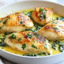 Für dieses leckere Gericht brauchst du: - 4 Hähnchenbrustfilets, ohne Haut und Knochen - 3 Esslöffel Olivenöl - 4 Knoblauchzehen, fein gehackt - 240 ml Hühnerbrühe - 240 ml Sahne - 1 Tasse frischer Spinat, grob gehackt Diese Zutaten sind die Basis für einen tollen Geschmack. Die richtigen Gewürze machen den Unterschied: - 1 Teelöffel getrockneter Thymian - 1 Teelöffel Paprika - Salz und Pfeffer nach Geschmack Diese Gewürze geben dem Gericht Tiefe und einen herzhaften Kick. Frische Zutaten sorgen für mehr Geschmack. Hier sind einige Ideen: - Frischer Spinat sorgt für Farbe und Nährstoffe. - Frische Petersilie zum Garnieren fügt Frische hinzu. Du kannst auch andere Kräuter ausprobieren, um neue Aromen zu entdecken. {{ingredient_image_2}} Zuerst würze die Hähnchenbrustfilets. Nimm Salz, Pfeffer, Thymian und Paprika. Verteile die Gewürze gleichmäßig auf beiden Seiten des Hähnchens. Dies gibt dem Hähnchen einen tollen Geschmack. Heize eine große Pfanne auf mittelhohe Hitze. Füge das Olivenöl hinzu und lass es heiß werden. Lege die Hähnchenbrustfilets in die Pfanne. Brate sie 5-6 Minuten pro Seite. Sie sollten goldbraun und durchgegart sein. Nimm das Hähnchen aus der Pfanne und lege es beiseite. In der gleichen Pfanne reduziere die Hitze auf mittel. Gib den fein gehackten Knoblauch hinein. Brate ihn etwa 30 Sekunden lang an. Achte darauf, dass der Knoblauch nicht anbrennt. Er sollte duften, aber nicht braun werden. Jetzt kommt die Hühnerbrühe. Gieße sie in die Pfanne und benutze einen Holzlöffel. Rühre die angebratenen Stücke am Boden der Pfanne los. Bringe die Brühe zum Köcheln. Lass sie 2-3 Minuten leise köcheln. Reduziere die Hitze weiter und rühre die Sahne ein. Mische alles gut. Füge den grob gehackten Spinat hinzu. Lass die Mischung etwa 2 Minuten köcheln, bis der Spinat verwelkt. Lege die Hähnchenbrustfilets zurück in die Pfanne. Löffle die cremige Knoblauchsauce großzügig darüber. Lass alles für 3-4 Minuten köcheln. So werden die Aromen gut miteinander verbunden. Vor dem Servieren streue frisch gehackte Petersilie über das Hähnchen. Das gibt dem Gericht eine schöne Farbe und frischen Geschmack. Beim Anbraten des Hähnchens kann es leicht zu Fehlern kommen. Hier sind einige Tipps: - Zu hohe Hitze: Wenn die Hitze zu hoch ist, verbrennt das Hähnchen außen, bleibt aber innen roh. Halte die Hitze auf mittel-hoch. - Zu wenig Platz: Wenn die Pfanne überfüllt ist, dünstet das Hähnchen eher, als dass es brät. Brate in Chargen. - Nicht wenden: Wende das Hähnchen nur einmal. So bleibt es saftig und zart. Eine cremige Sauce macht das Gericht noch leckerer. Folgende Schritte helfen: - Sahne langsam hinzufügen: Gieße die Sahne nach und nach in die Pfanne. Rühre gut um, damit sie sich gleichmäßig verteilt. - Hühnerbrühe reduzieren: Lass die Hühnerbrühe etwas einkochen, bevor du die Sahne hinzufügst. Das gibt mehr Geschmack. - Käse hinzufügen: Ein bisschen geriebener Parmesan kann die Sauce noch cremiger machen. Die Wahl der Beilagen kann dein Gericht aufwerten. Hier sind einige gute Optionen: - Reis: Ein einfacher, fluffiger Reis passt hervorragend zu der cremigen Sauce. - Nudeln: Tagliatelle oder Spaghetti nehmen die Sauce gut auf. - Gemüse: Gedämpfter Brokkoli oder grüne Bohnen bringen Farbe und Frische auf den Teller. Mit diesen Tipps und Tricks wird dein cremiges Knoblauch-Hühnchen noch besser! Pro Tipps Hähnchen marinieren: Lassen Sie die Hähnchenbrustfilets vor dem Braten mindestens 30 Minuten marinieren, damit sie zarter und geschmackvoller werden. Frischer Knoblauch: Verwenden Sie frischen Knoblauch anstelle von Knoblauchpulver für einen intensiveren und aromatischeren Geschmack in der Sauce. Spinat richtig zubereiten: Fügen Sie den Spinat erst kurz vor dem Servieren hinzu, um seine leuchtende Farbe und Nährstoffe zu bewahren. Sahne für die richtige Konsistenz: Verwenden Sie schwere Sahne für eine reichhaltigere und cremigere Sauce, die gut an den Hähnchenbrustfilets haftet. {{image_4}} Du kannst dieses Rezept leicht anpassen. Füge zum Beispiel mehr Gewürze hinzu. Eine Prise Chili bringt Schärfe. Ein Hauch von Zitrone sorgt für Frische. Experimentiere mit verschiedenen Kräutern wie Basilikum oder Oregano. Diese kleinen Änderungen bringen neue Geschmäcker. Das Rezept ist flexibel bei Gemüse. Du kannst Brokkoli oder Zucchini verwenden. Diese Sorten passen gut zur cremigen Sauce. Erbsen fügen eine süße Note hinzu. Auch Champignons bringen einen herzhaften Geschmack. Das macht dein Gericht bunter und nährstoffreicher. Wenn du kein Hähnchen magst, probiere Pute oder Tofu. Tofu ist eine tolle vegetarische Option. Er nimmt die Aromen gut auf. Für eine herzhaftere Wahl kannst du auch Schweinefleisch verwenden. Die Garzeit bleibt ähnlich, achte auf die richtige Temperatur. Um die Reste von cremigem Knoblauch-Hühnchen richtig zu lagern, folge diesen Schritten. Lass das Gericht zuerst auf Raumtemperatur abkühlen. Dann füllst du es in einen luftdichten Behälter. So bleibt es frisch. Du kannst das Hühnchen bis zu drei Tage im Kühlschrank aufbewahren. Achte darauf, dass der Behälter gut verschlossen ist. Beim Erwärmen ist es wichtig, die Cremigkeit zu bewahren. Du kannst das Hühnchen in der Mikrowelle erhitzen. Stelle die Leistung auf niedrig und rühre alle 30 Sekunden um. Alternativ kannst du eine Pfanne verwenden. Füge ein wenig Wasser oder Brühe hinzu, um die Sauce geschmeidig zu halten. Erhitze es langsam bei mittlerer Hitze. So bleibt das Gericht lecker. Im Kühlschrank bleibt das cremige Hühnchen drei Tage genießbar. Wenn du es länger aufbewahren möchtest, friere es ein. In einem luftdichten Behälter ist es bis zu drei Monate haltbar. Am besten portionierst du es vorher. So kannst du einfache Portionen auftauen. Zum Auftauen lege es einfach über Nacht in den Kühlschrank. Die Zubereitung dauert insgesamt 25 Minuten. Du benötigst 10 Minuten zum Vorbereiten und 15 Minuten zum Kochen. Das geht schnell und ist perfekt für ein Abendessen unter der Woche. Ja, du kannst die Sahne ersetzen. Eine gute Wahl ist Kokosmilch oder pflanzliche Sahne. Diese Optionen geben eine cremige Textur, sind aber ohne Milch. Du kannst viele Gemüsesorten verwenden. Brokkoli, Zucchini oder grüne Bohnen sind tolle Optionen. Sie fügen Farbe und Nährstoffe hinzu und schmecken gut mit der Sauce. Gute Beilagen sind Reis, Quinoa oder Kartoffeln. Auch frisches Brot passt gut, um die leckere Sauce aufzutunken. Cremiges Knoblauch-Hühnchen ist ein einfaches und leckeres Gericht. Wir haben die Hauptzutaten, die Zubereitung und nützliche Tipps besprochen. Variationen helfen, das Rezept spannend zu halten. Reste lassen sich gut lagern und wiederaufbereiten. Mit diesen Schritten und Tricks kannst du deine Familie begeistern. Probiere es aus und genieße jede Bissen!