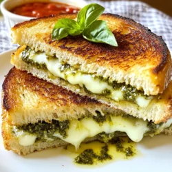 Für dieses Rezept benötigst du einige wichtige Zutaten. Diese sind: - 4 Scheiben Sauerteigbrot - 1 Tasse geriebenen Mozzarella-Käse - 1 Tasse geriebenen Parmesan-Käse - 1/4 Tasse frisches Basilikumpesto - 2 Esslöffel weiche Butter - 1/2 Teelöffel Knoblauchpulver - Salz und Pfeffer nach Geschmack - Optional: getrocknete Tomaten oder frisch geschnittene Tomatenscheiben Diese Zutaten bringen den perfekten Geschmack in dein Sandwich. Sauerteigbrot ist die beste Wahl für dieses Rezept. Es hat eine knusprige Kruste und einen tollen Geschmack. Du kannst auch andere Brotsorten verwenden, aber Sauerteigbrot hält die Füllung gut zusammen. Es sorgt für eine schöne Textur und passt gut zu den Käsesorten. Mozzarella und Parmesan sind die perfekten Käsesorten für dein Grilled Cheese. Mozzarella schmilzt schön und gibt eine cremige Textur. Parmesan bringt einen salzigen, nussigen Geschmack mit. Diese Kombination macht dein Sandwich besonders lecker. Du kannst auch andere Käsesorten ausprobieren. Cheddar oder Gouda sind gute Alternativen. Aber die Mischung aus Mozzarella und Parmesan ist einfach unschlagbar! {{ingredient_image_2}} Um die Knoblauchbutter zu machen, nimm eine kleine Schüssel. Gib zwei Esslöffel weiche Butter hinein. Füge 1/2 Teelöffel Knoblauchpulver hinzu. Vermenge alles gut. Streue etwas Salz und Pfeffer nach Geschmack dazu. Rühre, bis die Masse gleichmäßig aussieht. Diese Butter gibt deinem Sandwich einen tollen Geschmack. Nimm vier Scheiben Sauerteigbrot. Verteile die Knoblauchbutter auf einer Seite jeder Scheibe. Die unbutterte Seite von zwei Brotscheiben ist wichtig. Auf diese Seite streiche etwa 2 Esslöffel frisches Basilikumpesto. Verteile es gleichmäßig. Jetzt kommt der Käse. Streue eine Tasse geriebenen Mozzarella und eine Tasse geriebenen Parmesan darüber. Wenn du magst, füge getrocknete Tomaten oder frische Tomatenscheiben hinzu. Lege die anderen Brotscheiben darauf, mit der gebutterten Seite nach oben. Erhitze eine beschichtete Pfanne bei mittlerer Hitze. Wenn die Pfanne warm ist, lege die Sandwiches vorsichtig hinein. Brate sie für etwa 3-4 Minuten. Achte darauf, dass das Brot goldbraun und knusprig ist. Wende die Sandwiches mit einem Pfannenwender und brate sie für weitere 3-4 Minuten. Drücke leicht darauf, damit der Käse gut schmilzt. Wenn beide Seiten schön goldbraun sind und der Käse geschmolzen ist, nimm die Sandwiches aus der Pfanne. Lass sie eine Minute abkühlen. Schneide sie diagonal durch und serviere sie warm. Wählen Sie gutes Sauerteigbrot für Geschmack. Es hat eine knusprige Kruste und weichen Kern. Kombinieren Sie Mozzarella und Parmesan für den perfekten Käse-Mix. Mozzarella schmilzt schön, während Parmesan einen tollen Geschmack hinzufügt. Verwenden Sie frisches Basilikumpesto für den besten Geschmack. Achten Sie auf die Qualität der Zutaten im Pesto. Sie können auch Pesto aus Rucola oder Spinat ausprobieren. So bringen Sie neue Aromen in Ihr Sandwich. Braten Sie bei mittlerer Hitze. So wird das Brot goldbraun und knusprig. Braten Sie die Sandwiches 3-4 Minuten pro Seite. Drücken Sie leicht, damit der Käse gleichmäßig schmilzt. Achten Sie darauf, dass die Hitze nicht zu hoch ist. So vermeiden Sie verbranntes Brot und nicht geschmolzenen Käse. Pro Tipps Käsewahl: Verwenden Sie eine Kombination aus verschiedenen Käsesorten, um den Geschmack zu intensivieren. Neben Mozzarella und Parmesan können Sie auch Gouda oder Cheddar ausprobieren. Pesto-Variationen: Experimentieren Sie mit verschiedenen Pestos, wie Rosmarin- oder Rucola-Pesto, um Ihrem Sandwich eine neue Geschmacksrichtung zu verleihen. Röstgrad: Achten Sie darauf, die Pfanne nicht zu heiß werden zu lassen, um ein gleichmäßiges Bräunen des Brotes zu gewährleisten, ohne dass es verbrennt. Zusätzliche Füllungen: Fügen Sie weitere Zutaten wie frische Spinatblätter oder Avocado-Scheiben hinzu, um Ihrem Grilled Cheese zusätzliche Textur und Nährstoffe zu geben. {{image_4}} Für eine vegane Version, tausche den Käse aus. Verwende pflanzliche Käsealternativen aus Cashews oder Mandeln. Achte darauf, dass das Pesto auch vegan ist. Viele Pestos enthalten Parmesan, also suche nach einem veganen Pesto oder mache es selbst. Frisches Basilikum, Nüsse und Olivenöl sind die Hauptzutaten. Um dein Pesto Grilled Cheese noch leckerer zu machen, füge getrocknete Tomaten oder frische Tomatenscheiben hinzu. Diese Zutaten geben dem Sandwich einen frischen Geschmack. Du kannst auch Spinat oder Rucola einlegen. Diese grünen Blätter machen das Gericht gesünder und bunter. Das Grundrezept ist flexibel. Du kannst verschiedene Brotsorten verwenden, wie Ciabatta oder Vollkornbrot. Auch die Käsesorten sind anpassbar. Versuche Gouda, Cheddar oder eine Mischung aus verschiedenen Käsesorten. So kannst du neue Geschmäcker entdecken und dein Sandwich nach deinem Wunsch gestalten. Wenn Sie noch Reste vom Pesto Grilled Cheese haben, lagern Sie sie richtig. Wickeln Sie die Sandwiches in Frischhaltefolie. Sie können sie auch in einen luftdichten Behälter legen. So bleibt der Geschmack frisch. Lagern Sie die Reste im Kühlschrank. Dort halten sie etwa 2 bis 3 Tage. Um das Grilled Cheese wieder warm zu machen, nutzen Sie eine Pfanne. Heizen Sie die Pfanne bei mittlerer Hitze vor. Legen Sie das Sandwich hinein und braten Sie es etwa 2 bis 3 Minuten auf jeder Seite. So wird das Brot wieder knusprig. Alternativ können Sie den Sandwich auch im Ofen aufwärmen. Stellen Sie den Ofen auf 180 Grad Celsius ein und backen Sie das Sandwich für etwa 10 Minuten. Die Haltbarkeit der Zutaten hängt von der Lagerung ab. Frisches Basilikumpesto hält sich im Kühlschrank etwa eine Woche. Mozzarella und Parmesan bleiben frisch, wenn Sie sie richtig lagern. Wenn sie geöffnet sind, verwenden Sie sie innerhalb von 5 bis 7 Tagen. Sauerteigbrot bleibt frisch, wenn Sie es in einem Brotbeutel aufbewahren. Es hält sich etwa 3 bis 5 Tage. Wenn Sie die Zutaten gut lagern, bleibt Ihr Pesto Grilled Cheese lecker! Das Grilled Cheese ist in etwa 20 Minuten fertig. Die Zubereitung dauert 10 Minuten. Das Braten benötigt 10 Minuten. Braten Sie es für 3 bis 4 Minuten auf jeder Seite. Achten Sie darauf, dass das Brot goldbraun ist und der Käse schmilzt. Ja, Sie können viele Käsesorten verwenden! Cheddar, Gouda oder sogar Brie sind tolle Alternativen. Jede Sorte bringt ihren eigenen Geschmack. Mischen Sie verschiedene Käsesorten für mehr Tiefe. Experimentieren Sie und finden Sie Ihre Lieblingskombination. Ja, das Rezept kann glutenfrei sein. Verwenden Sie einfach glutenfreies Brot. Es gibt viele leckere Marken, die gut schmecken. Achten Sie darauf, dass auch das Pesto glutenfrei ist. So genießen Sie Ihr Pesto Grilled Cheese ohne Bedenken. Im Artikel haben wir die besten Zutaten für ein Ultimate Pesto Grilled Cheese besprochen. Dazu gehören das richtige Brot und die perfekten Käsesorten. Ich habe Ihnen gezeigt, wie man die Knoblauchbutter zubereitet und das Sandwich brät. Tipps wie die Auswahl des Pestos oder die richtige Bratzeit helfen, das Beste herauszuholen. Variationen und Aufbewahrungshinweise bieten Ihnen zusätzliche Inspiration. Probieren Sie verschiedene Kombinationen aus und passen Sie die Rezepte an Ihren Geschmack an. So wird jede Portion zu einem besonderen Genuss.