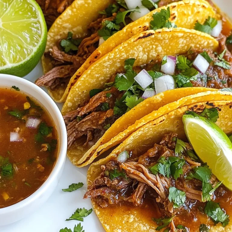 - 1,4 kg Rinderbrust, in große Stücke geschnitten - 4 getrocknete Guajillo-Chilis, Stiele entfernt und entkernt - 2 getrocknete Ancho-Chilis, Stiele entfernt und entkernt - 1 Zwiebel, geviertelt - 4 Knoblauchzehen, fein gehackt - 2 Teelöffel gemahlener Kreuzkümmel - 2 Teelöffel getrockneter Oregano - 1 Esslöffel Apfelessig - 960 ml Rinderbrühe - Salz und Pfeffer nach Geschmack Die Rinderbrust gibt den Tacos ihren herzhaften Geschmack. Guajillo- und Ancho-Chilis bringen eine schöne Tiefe. Diese Chilis sind mild, aber voller Aromen. Gewürze wie Kreuzkümmel und Oregano verstärken den Geschmack. Apfelessig sorgt für eine leichte Säure, die alles ausgleicht. - Tortillas aus Mais - Frisch gehackter Koriander - Limettenviertel - Würfelige Zwiebeln Die Mais-Tortillas sind weich und halten die Füllung gut. Frisch gehackter Koriander bringt Frische. Limetten verleihen einen spritzigen Kick. Die gewürfelten Zwiebeln fügen eine knackige Textur hinzu. Diese Zutaten machen die Birria-Tacos perfekt zum Servieren und Naschen. {{ingredient_image_2}} - Rösten der Chilis: Erhitze eine trockene Pfanne. Röste die Guajillo- und Ancho-Chilis für 1-2 Minuten. Wenn sie duften, nimm sie vom Herd. - Einweichen der Chilis: Lege die gerösteten Chilis in eine Schüssel. Bedecke sie mit heißem Wasser. Lass sie 15-20 Minuten einweichen, bis sie weich sind. - Mischen der Zutaten im Mixer: Lass die eingeweichten Chilis abtropfen. Gib sie in einen Mixer. Füge die geviertelte Zwiebel, den gehackten Knoblauch, Kreuzkümmel, Oregano, Apfelessig und 240 ml Rinderbrühe hinzu. Mixe alles, bis die Sauce glatt ist. - Würzen des Fleisches: Nimm die Rinderbrust und würze sie mit Salz und Pfeffer. Benutze genug Gewürz, um alles gut zu bedecken. - Kombination mit der Chilisauce: Lege das gewürzte Fleisch in den Slow Cooker. Gieße die Chilisauce über das Fleisch. Füge die restliche Rinderbrühe hinzu, sodass das Fleisch fast vollständig bedeckt ist. - Garen im Slow Cooker: Decke den Slow Cooker ab. Gare das Fleisch auf niedriger Stufe für 8 Stunden oder auf hoher Stufe für 4-5 Stunden. Das Fleisch sollte zart sein. - Zerteilen des gegarten Fleisches: Nimm das gegarte Fleisch aus dem Slow Cooker. Zerteile es mit zwei Gabeln. Bewahre eine Tasse vom Sud auf, um sie als Dip zu nutzen. - Erwärmen der Tortillas: Erhitze die Maistortillas in einer Pfanne. Sie sollten warm und geschmeidig sein. - Füllen der Tortillas: Fülle jede Tortilla mit dem zergeschnittenen Birria-Fleisch. Garniere sie mit frischem Koriander und gewürfelten Zwiebeln. - Gewürzempfehlungen: Ich empfehle, Kreuzkümmel und Oregano großzügig zu verwenden. Diese Gewürze geben dem Gericht einen tiefen Geschmack. Du kannst auch etwas Zimt hinzufügen. Zimt bringt eine besondere Note, die gut zu Rindfleisch passt. - Variationen der Chilis: Du kannst verschiedene Chilis ausprobieren. Chipotle-Chilis bringen eine rauchige Note. Ersetze einige Guajillo-Chilis durch Chipotle für mehr Tiefe. Du kannst auch Pasilla-Chilis verwenden, um den Geschmack zu variieren. Achte darauf, die Chilis vorher gut zu rösten. Das verstärkt ihr Aroma. - Häufige Fehler vermeiden: Stelle sicher, dass das Fleisch gut gewürzt ist. Zu wenig Salz macht die Tacos fade. Achte darauf, die Chilis gut einzuweichen. Wenn sie nicht weich genug sind, wird die Sauce nicht glatt. - Zubereitung im Voraus: Du kannst die Chilisauce einen Tag vorher machen. Das gibt den Aromen Zeit, sich zu entwickeln. Auch das Fleisch kannst du bereits zubereiten. Kühle es dann im Kühlschrank ab. So sparst du Zeit am Tag der Veranstaltung. Pro Tipps Die Chilis richtig rösten: Achte darauf, die Chilis nur kurz zu rösten, um ihre Aromen zu intensivieren, ohne sie zu verbrennen. Fleisch marinieren: Wenn du Zeit hast, lasse das Fleisch vor dem Garen einige Stunden oder über Nacht in der Chilisauce marinieren, um den Geschmack zu intensivieren. Variationen der Tortillas: Experimentiere mit verschiedenen Arten von Tortillas, wie z.B. Weizentortillas, um deinen Tacos eine andere Textur zu verleihen. Frische Zutaten hinzufügen: Verwende frische Zutaten wie Avocado oder Jalapeños als zusätzliche Garnitur für mehr Geschmack und Textur. {{image_4}} Für eine vegetarische Variante von Birria-Tacos kannst du Gemüse oder Tofu verwenden. Zucchini, Auberginen und Paprika eignen sich gut. Schneide das Gemüse in Würfel und brate es leicht an. Für Tofu wähle festen Tofu. Mariniere ihn mit der Chilisauce. Das gibt einen tollen Geschmack. Die Zubereitung bleibt gleich wie bei Fleisch. Du kannst die Sauce einfach über das Gemüse oder den Tofu gießen. So bekommst du einen herzhaften und leckeren Taco. Wenn du eine andere Fleischsorte verwenden möchtest, probiere Hähnchen oder Schweinefleisch. Hähnchenbrust ist mager und gart schnell. Du kannst es gleich wie die Rinderbrust würzen. Für Schweinefleisch nutze Schweinenacken. Es hat viel Geschmack und wird schön zart. Beide Varianten brauchen die gleiche Garzeit im Slow Cooker. So hast du viele Möglichkeiten, deine Tacos zu gestalten. Sei kreativ und experimentiere mit verschiedenen Salsas oder Käse. Eine frische Tomatensalsa passt super zu Birria-Tacos. Du kannst auch Guacamole hinzufügen, um einen cremigen Geschmack zu bekommen. Für Käseliebhaber ist geschmolzener Käse eine tolle Ergänzung. Streue ihn einfach in die Tortillas, bevor du das Fleisch hinzufügst. So schmilzt der Käse und macht die Tacos noch schmackhafter. Um die Birria-Tacos gut aufzubewahren, lege die Reste in einen luftdichten Behälter. Stelle den Behälter sofort in den Kühlschrank. Die Tacos bleiben so frisch für bis zu drei Tage. Achte darauf, das Fleisch und die Tortillas getrennt zu lagern. So bleibt die Textur der Tortillas besser. Wenn du die Tacos aufwärmst, benutze eine Pfanne, um sie knusprig zu machen. Wenn du mehr Birria-Tacos gemacht hast, kannst du die Reste einfrieren. Teile das Fleisch in Portionen auf und lege es in Gefrierbeutel. Drücke die Luft heraus, bevor du sie verschließt. Du kannst die Tortillas auch einfrieren, aber am besten ist es, sie frisch zuzubereiten. Zum Auftauen, lege die Beutel über Nacht in den Kühlschrank. Am nächsten Tag kannst du das Fleisch in der Mikrowelle oder in einer Pfanne aufwärmen. Die Vorbereitungszeit für die Birria-Tacos beträgt etwa 20 Minuten. Die Kochzeit im Slow Cooker kann je nach Einstellung variieren. Bei niedriger Stufe dauert es 8 Stunden. Wenn du auf hoher Stufe kochst, sind es 4 bis 5 Stunden. Das Fleisch wird zart und lecker, wenn du es so lange garst. Ja, du kannst die Chilis ersetzen. Wenn du Guajillo- oder Ancho-Chilis nicht findest, probiere andere getrocknete Chilis. Pasilla-Chilis oder Chipotle-Chilis sind gute Alternativen. Diese variieren im Geschmack, also wähle je nach deinem persönlichen Geschmack. Die Schärfe der Birria-Tacos kann angepasst werden. Die verwendeten Chilis bringen eine milde bis mittlere Schärfe. Wenn du es schärfer magst, füge mehr Chilis hinzu oder nutze schärfere Sorten. Um die Schärfe zu mildern, kannst du weniger Chilis verwenden oder die Kerne entfernen. Birria-Tacos passen gut zu verschiedenen Beilagen und Getränken. Du kannst eine frische Salsa oder Guacamole dazu reichen. Ein einfacher Salat oder ein Bohnen-Dip ergänzt die Tacos gut. Als Getränke passen Limonade oder Bier hervorragend zu diesem Gericht. Birria-Tacos sind eine köstliche Wahl. Sie bestehen aus saftigem Rindfleisch, scharfen Chilis und Gewürzen. In diesem Artikel habe ich die Zutaten, die Zubereitung und wertvolle Tipps erklärt. Denk daran, dass du variieren kannst. Probiere verschiedene Fleischsorten oder vegetarische Optionen aus. Achte auf die Lagerung für frische Reste. So bleibst du flexibel für die nächsten Mahlzeiten. Genieße deine Birria-Tacos und teile sie mit Freunden!