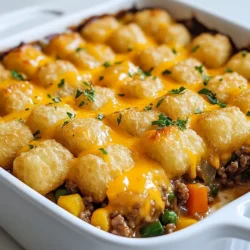 Für einen leckeren Tater Tot Rindfleischauflauf brauchst du die folgenden Zutaten: - 450 g Hackfleisch vom Rind - 1 kleine Zwiebel, fein gehackt - 2 Knoblauchzehen, gehackt - 240 g gefrorenes gemischtes Gemüse (Karotten, Erbsen, Mais) - 1 Dose (300 g) Pilzcremesuppe - 120 ml Rinderbrühe - 1 Teelöffel Worcestershiresauce - 1 Teelöffel getrockneter Thymian - Salz und Pfeffer nach Geschmack - 100 g geriebener Cheddar-Käse - 1 Packung (900 g) gefrorene Tater Tots Diese Zutaten sind einfach zu finden und machen das Gericht sehr schmackhaft. Ich empfehle, frisches Hackfleisch zu verwenden. Gutes Fleisch macht einen großen Unterschied im Geschmack. Achte auch darauf, dass das Gemüse frisch gefroren ist. Das sorgt für eine schöne Textur. Verwende eine hochwertige Pilzcremesuppe. Sie gibt dem Auflauf einen tollen Geschmack. Falls du keine bestimmten Zutaten hast, gibt es gute Alternativen. Du kannst das Rinderhackfleisch durch Putenhackfleisch ersetzen. Das macht das Gericht leichter. Wenn du keinen Cheddar-Käse magst, probiere Gouda oder Mozzarella. Auch frisches Gemüse ist eine tolle Option. Frische Karotten oder Zucchini passen gut. {{ingredient_image_2}} Heize deinen Ofen auf 200 °C vor. Das ist wichtig für die perfekte Backzeit. Du brauchst eine große Pfanne und eine Auflaufform. Stelle alles bereit, um die Schritte schnell zu machen. Hackfleisch, Zwiebel, Knoblauch und gefrorenes Gemüse sind die Hauptzutaten. Achte darauf, dass alles frisch und bereit ist, um Zeit zu sparen. In der Pfanne, bei mittlerer Hitze, brate das Hackfleisch an. Es sollte gleichmäßig braun werden. Lass das überschüssige Fett abtropfen. Danach füge die gehackte Zwiebel und den Knoblauch hinzu. Brate sie, bis die Zwiebel glasig ist. Das dauert etwa 3-4 Minuten. Jetzt kannst du das gefrorene Gemüse dazugeben. Gieße die Pilzcremesuppe und die Rinderbrühe hinein. Füge Worcestershiresauce, Thymian, Salz und Pfeffer hinzu. Rühre alles gut um und lass es 5 Minuten köcheln. Übertrage die Rindfleischmischung in die gefettete Auflaufform. Verteile sie gleichmäßig. Bestreue die Mischung mit geriebenem Cheddar-Käse. Lege die gefrorenen Tater Tots in einer einzigen Schicht obenauf. Jetzt ist es Zeit zu backen! Stelle die Form in den Ofen und backe sie für 25-30 Minuten. Die Tater Tots sollten goldbraun und knusprig sein. Lass den Auflauf nach dem Backen einige Minuten abkühlen, bevor du ihn servierst. Um die beste Konsistenz zu erreichen, ist das Anbraten des Hackfleischs wichtig. Achten Sie darauf, das Fleisch gut zu bräunen. So wird es saftig und zart. Das Gemüse sollte gleichmäßig verteilt sein. Es bringt Farbe und Nährstoffe in den Auflauf. Verwenden Sie die richtige Menge Brühe; zu viel macht das Gericht wässrig. Ein Teelöffel Worcestershiresauce hilft, den Geschmack zu vertiefen. Ein häufiger Fehler ist, die Tater Tots zu dicht zu legen. Dies kann dazu führen, dass sie nicht knusprig werden. Ein weiterer Fehler ist, nicht genug Gewürze zu verwenden. Salz und Pfeffer sind wichtig, um den Geschmack zu intensivieren. Lassen Sie den Auflauf nach dem Backen kurz ruhen. Dies hilft, die Aromen zu setzen und die Portionen zu festigen. Servieren Sie den Auflauf direkt nach dem Backen. Ein frischer Schnitt zeigt die Schichten gut. Garnieren Sie mit gehackter Petersilie für einen schönen Farbkontrast. Ein Beilagensalat ist eine gute Ergänzung. Er bringt Frische und Textur. Nutzen Sie eine klare Auflaufform, um die Schichten zu zeigen. Das macht das Gericht einladend und appetitlich. Pro Tipps Fleisch anbraten: Braten Sie das Hackfleisch gründlich an, um einen intensiven Geschmack zu erzielen und überschüssiges Fett zu entfernen. Gemüse hinzufügen: Das gefrorene Gemüse kann direkt aus der Packung hinzugefügt werden; es muss nicht vorher aufgetaut werden, um Zeit zu sparen. Käse für zusätzliche Cremigkeit: Verwenden Sie verschiedene Käsesorten wie Gouda oder Mozzarella für eine interessante Geschmacksnote. Servierempfehlung: Servieren Sie den Auflauf mit einem frischen Salat oder knusprigem Brot, um die Aromen auszugleichen. {{image_4}} Für eine vegetarische Variante des Tater Tot Rindfleischauflaufs können Sie das Rindfleisch durch pflanzliche Alternativen ersetzen. Nutzen Sie zum Beispiel: - 450 g pflanzliches Hackfleisch - 240 g gefrorenes gemischtes Gemüse (Karotten, Erbsen, Mais) - Fügen Sie Bohnen oder Linsen hinzu für mehr Textur. Diese Zutaten bieten einen ähnlichen Geschmack und eine tolle Konsistenz. So bleibt der Auflauf herzhaft und sättigend. Der Käse ist ein wichtiger Bestandteil des Geschmacks. Wenn Sie etwas Abwechslung wollen, probieren Sie verschiedene Käsesorten: - Gouda für einen milden, cremigen Geschmack - Mozzarella für eine schöne Schmelze - Feta für einen salzigen Kick Mischen Sie auch zwei oder mehr Käsesorten. Das macht den Auflauf noch interessanter. Die richtige Würze macht den Unterschied. Experimentieren Sie mit verschiedenen Gewürzen und Kräutern. Hier sind einige gute Optionen: - Paprika für eine rauchige Note - Kreuzkümmel für einen warmen, erdigen Geschmack - Frische Kräuter wie Petersilie oder Schnittlauch für mehr Frische Fügen Sie die Gewürze während des Kochens hinzu. So verteilen sich die Aromen gleichmäßig im Auflauf. Um den Tater Tot Rindfleischauflauf frisch zu halten, lassen Sie ihn zuerst abkühlen. Decken Sie die Auflaufform mit Frischhaltefolie oder einem Deckel ab. So bleibt der Auflauf für drei bis vier Tage frisch. Sie können auch Portionen in luftdichten Behältern aufbewahren. Diese Methode spart Platz und macht das Aufwärmen einfach. Wenn Sie den Auflauf länger aufbewahren möchten, können Sie ihn einfrieren. Lassen Sie den Auflauf vollständig abkühlen, bevor Sie ihn in einen gefrierfesten Behälter geben. Decken Sie ihn gut ab, um Gefrierbrand zu vermeiden. Der Auflauf hält sich bis zu drei Monate im Gefrierfach. Wenn Sie bereit sind, ihn zu essen, tauen Sie ihn über Nacht im Kühlschrank auf. Um den Auflauf wieder aufzuwärmen, heizen Sie Ihren Ofen auf 180 °C vor. Decken Sie die Auflaufform mit Aluminiumfolie ab, um ein Austrocknen zu verhindern. Backen Sie den Auflauf für 25 bis 30 Minuten oder bis er durchgehend heiß ist. Sie können auch die Mikrowelle verwenden, wenn es schnell gehen soll. Achten Sie darauf, dass die Hitze gleichmäßig verteilt wird. Servieren Sie den Auflauf heiß und garnieren Sie ihn mit frisch gehackter Petersilie für einen schönen Look. Sie können den Auflauf bis zu drei Tage im Kühlschrank aufbewahren. Bewahren Sie ihn in einem luftdichten Behälter auf. Achten Sie darauf, dass er gut abgedeckt ist, um Austrocknen zu vermeiden. Vor dem Essen sollten Sie ihn gut erhitzen, bis er dampfend heiß ist. Ja, frisches Gemüse ist eine tolle Wahl! Verwenden Sie Karotten, Erbsen oder Mais, die Sie mögen. Schneiden Sie das Gemüse klein, damit es gleichmäßig kocht. Frisches Gemüse bringt mehr Geschmack und Nährstoffe in den Auflauf. Achten Sie darauf, das Gemüse etwas länger zu garen, damit es weich wird. Ein frischer, knackiger Salat passt perfekt dazu. Ein einfacher grüner Salat mit Dressing bringt eine gute Balance. Sie können auch Brot oder Brötchen servieren, um die köstliche Soße aufzusaugen. Dies macht Ihr Essen noch befriedigender. Du hast gelernt, wie man einen Tater Tot Rindfleischauflauf zubereitet. Wir haben die Zutaten besprochen, Schritt-für-Schritt-Anleitungen gegeben und Tipps für die perfekte Konsistenz gegeben. Denke an die Variationen, die deinen Auflauf interessanter machen. Zudem haben wir wichtige Lagerungshinweise geteilt, damit du Reste optimal nutzen kannst. Probiere neue Zutaten und habe Spaß beim Kochen! Experimentiere und finde die beste Version für dich. Kochen soll Freude machen!