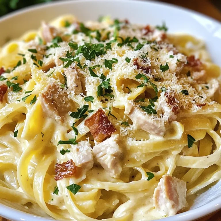 Für dieses Gericht brauchen wir die folgenden Hauptzutaten: - 340 g Fettuccine-Nudeln - 450 g Hähnchenbrustfilet, gewürfelt - 115 g Pancetta oder Truthahnspeck, gewürfelt - 2 große Eier - 240 ml Sahne - 100 g geriebener Parmesan-Käse - 3 Knoblauchzehen, fein gehackt Diese Zutaten sind die Basis, die deine Carbonara cremig und lecker macht. Die Kombination aus Hähnchen, Sahne und Käse sorgt für einen tollen Geschmack. Hier sind die Gewürze, die du brauchst: - 1 Teelöffel schwarzer Pfeffer - Salz, nach Geschmack - Frische Petersilie, gehackt (zum Garnieren) Schwarzer Pfeffer gibt der Carbonara eine leichte Schärfe. Petersilie bringt frische Aromen und eine schöne Farbe ins Gericht. Zusätzlich kannst du noch mehr Parmesan und frische Petersilie verwenden. - Extra geriebener Parmesan für das Servieren - Mehr frisch gehackte Petersilie für die Garnitur Diese Extras machen dein Gericht noch köstlicher und ansprechender. Genieß das Kochen und die leckeren Aromen! {{ingredient_image_2}} Zuerst bringe einen großen Topf mit Salzwasser zum Kochen. Füge die Fettuccine-Nudeln hinzu. Koche sie nach den Anweisungen auf der Verpackung al dente. Das dauert etwa 10 Minuten. Bevor du die Nudeln abgießt, hebe eine Tasse Nudelwasser auf. Dieses Wasser hilft, die Sauce später cremiger zu machen. Gieße die Nudeln ab und stelle sie beiseite. Nimm eine große Pfanne und erhitze sie bei mittlerer Hitze. Gib den gewürfelten Pancetta oder Truthahnspeck in die Pfanne. Brate ihn etwa fünf Minuten lang, bis er knusprig ist. Nimm den Pancetta aus der Pfanne und stelle ihn beiseite. Jetzt kommt das Hähnchen in die gleiche Pfanne. Würze es mit Salz und schwarzem Pfeffer. Koche das Hähnchen etwa sieben bis acht Minuten, bis es nicht mehr rosa ist. Füge den gehackten Knoblauch hinzu und brate ihn ein bis zwei Minuten mit. Er wird duften und das Gericht noch besser machen. In einer Schüssel vermische die Eier, die Sahne und den geriebenen Parmesan-Käse. Rühre alles gut durch, bis die Mischung glatt ist. Jetzt ist es Zeit, die gekochten Fettuccine in die Pfanne zu geben. Nimm die Pfanne vom Herd, damit die Eier nicht zu schnell kochen. Gieße die Ei-Sahne-Mischung über die Nudeln und rühre schnell um. Die Restwärme garen die Eier sanft und machen die Sauce cremig. Wenn die Sauce zu dick ist, füge nach Bedarf etwas vom aufbewahrten Nudelwasser hinzu. So erreichst du die perfekte Konsistenz. Nach Belieben mit Salz und Pfeffer abschmecken. Um die beste cremige Textur zu bekommen, benutze frische Zutaten. Sie machen den Unterschied. Die Eier und die Sahne sind wichtig für die Creme. Mische sie gut, bevor du sie hinzufügst. Die Restwärme der Nudeln und der Pfanne hilft, die Sauce zu kochen. Rühre schnell, damit die Eier nicht stocken. Nudelwasser ist ein Geheimtipp! Es enthält Stärke, die der Sauce hilft, dick und cremig zu werden. Bevor du die Nudeln abseihst, hebe etwas Nudelwasser auf. Wenn deine Sauce zu dick ist, füge einen Schuss Nudelwasser hinzu. So erreichst du die perfekte Konsistenz für deine Carbonara. Du kannst die Carbonara ganz nach deinem Geschmack anpassen. Füge zum Beispiel frisches Gemüse hinzu, wie Erbsen oder Spinat. Für einen rauchigen Geschmack, probiere geräucherten Speck statt Pancetta. Wenn du Käse liebst, kannst du auch Pecorino verwenden. Sei kreativ und finde deine eigene Lieblingsversion! Pro Tipps Nudelwasser aufbewahren: Das Nudelwasser enthält Stärke, die hilft, die Sauce zu binden und cremiger zu machen. Bewahren Sie immer eine Tasse auf! Richtige Hitze verwenden: Stellen Sie sicher, dass die Pfanne nicht zu heiß ist, wenn Sie die Ei-Sahne-Mischung hinzufügen, um Rührei zu vermeiden. Die Restwärme sollte ausreichen, um die Sauce zu garen. Qualität des Käses: Verwenden Sie frisch geriebenen Parmesan für den besten Geschmack. Vorgefertigter geriebener Käse kann Zusatzstoffe enthalten, die die Konsistenz beeinträchtigen. Variationen ausprobieren: Experimentieren Sie mit verschiedenen Zutaten wie Erbsen oder Spinat, um zusätzliche Geschmackselemente und Farbe in Ihre Carbonara zu bringen. {{image_4}} Wenn du eine vegetarische Version der Carbonara willst, ersetze das Hähnchen und den Pancetta. Du kannst gebratene Pilze oder geräucherten Tofu verwenden. Diese Zutaten bringen einen herzhaften Geschmack und eine tolle Textur. Für eine glutenfreie Carbonara nimm glutenfreie Fettuccine. Diese sind in vielen Geschäften erhältlich. Du kannst auch Zucchini-Nudeln probieren. Sie sind leicht und gesund. Achte darauf, die Nudeln gut zu würzen, damit sie nicht fad schmecken. Du kannst die Carbonara auch mit Gemüse aufpeppen. Erbsen oder Spinat passen gut zu den anderen Zutaten. Füge sie einfach in die Pfanne hinzu, bevor du die Soße hinzufügst. Wenn du es scharf magst, gib eine Prise rote Paprika hinzu. Das gibt der Carbonara einen spannenden Kick. Die Reste von cremiger Hähnchen Carbonara sind einfach zu lagern. Verwenden Sie einen luftdichten Behälter. Lassen Sie die Carbonara auf Raumtemperatur abkühlen, bevor Sie sie in den Kühlschrank stellen. So bleibt der Geschmack und die Textur besser erhalten. Sie können die Reste bis zu drei Tage im Kühlschrank aufbewahren. Um die Carbonara wieder aufzuwärmen, nutzen Sie einen Topf oder die Mikrowelle. Bei der Mikrowelle sollten Sie die Carbonara in einer Schüssel mit einem Deckel erhitzen. Fügen Sie einen Esslöffel Wasser hinzu, um die Sauce cremig zu halten. Erhitzen Sie sie in kurzen Intervallen von 30 Sekunden. Rühren Sie zwischendurch um, bis sie gleichmäßig warm ist. Im Topf können Sie die Reste sanft erhitzen. Fügen Sie nach Bedarf etwas Nudelwasser hinzu. Die Haltbarkeit der zubereiteten Carbonara beträgt etwa drei Tage im Kühlschrank. Nach dieser Zeit kann der Geschmack und die Textur leiden. Wenn Sie die Carbonara länger aufbewahren möchten, frieren Sie sie ein. Im Gefrierschrank hält sie bis zu drei Monate. Achten Sie darauf, die Carbonara in Portionen zu verpacken. So können Sie nur das auftauen, was Sie brauchen. Die Zubereitung dauert insgesamt 30 Minuten. Die Vorbereitungszeit beträgt 15 Minuten. Dann kochen Sie die Fettuccine und braten das Hähnchen. Es geht schnell und einfach. Diese Zeit ermöglicht Ihnen, ein leckeres Essen zu genießen, ohne lange in der Küche zu stehen. Ja, Sie können die Eier ersetzen. Ein guter Ersatz ist eine Mischung aus griechischem Joghurt und etwas Milch. Diese Mischung gibt der Sauce die nötige Cremigkeit. Es könnte jedoch den Geschmack leicht verändern. Probieren Sie es aus und finden Sie die beste Option für Ihren Gaumen. Ja, Carbonara eignet sich gut für Meal Prep. Sie können die Sauce und die Nudeln getrennt aufbewahren. Wenn Sie bereit sind, zu essen, erwärmen Sie beides und mischen es. So bleibt die Sauce frisch und cremig. Dies spart Zeit und hilft Ihnen, gesunde Mahlzeiten vorzubereiten. Cremige Hähnchen Carbonara ist einfach und lecker. Wir haben die Hauptzutaten, Gewürze und Optionen besprochen. Die Schritt-für-Schritt-Anleitung hilft dir, das Gericht zu meistern. Tipps für die perfekte cremige Textur und mögliche Abwandlungen machen das Rezept besonders. Reste sind leicht zu lagern und wieder aufzuwärmen. Probiere es aus und finde deinen Lieblingsgeschmack!