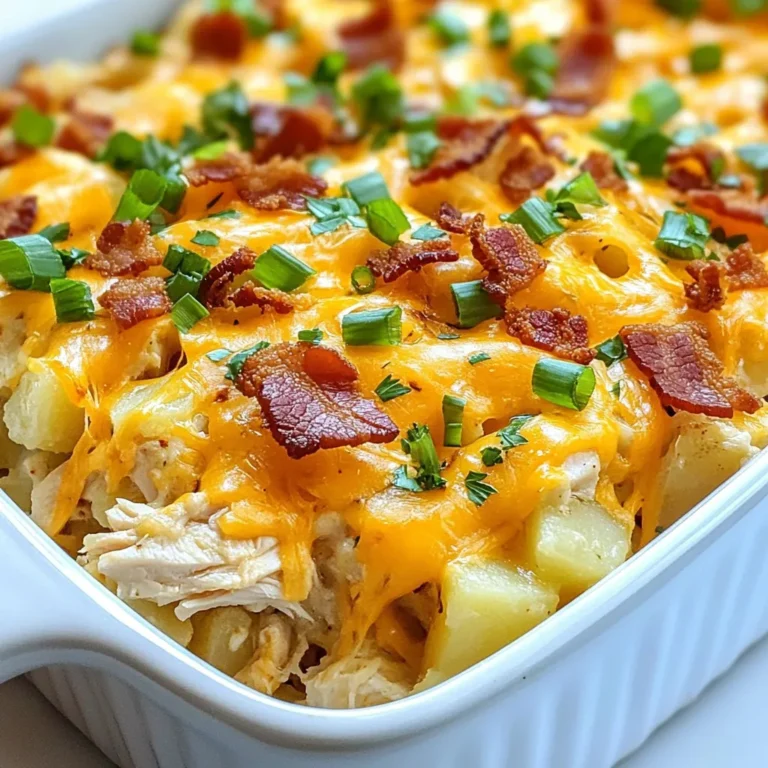 Für unseren Loaded Potato Ranch Chicken Casserole brauchen wir einige wichtige Zutaten. Sie sind einfach zu finden und machen das Gericht lecker. Hier sind die Hauptzutaten: - 3 Tassen gekochtes, zerrissenes Hähnchen - 4 Tassen gefrorene, gewürfelte Kartoffeln (Hash Browns) - 1 Tasse Ranch-Dressing - 1 Tasse geriebener Cheddar-Käse - 1 Tasse Sauerrahm - 1/2 Tasse grüne Zwiebeln, in Scheiben geschnitten - 1 Tasse knusprige Speckstückchen (oder Speckalternativen) Jede dieser Zutaten bringt ihren eigenen Geschmack und Textur. Die Kombination von Hähnchen, Käse und Kartoffeln macht das Gericht besonders sättigend. Die richtigen Gewürze sind wichtig für den Geschmack. In diesem Rezept verwenden wir: - 1/2 Teelöffel Knoblauchpulver - 1/2 Teelöffel Zwiebelpulver - Salz und Pfeffer nach Geschmack Das Ranch-Dressing gibt dem Auflauf eine cremige Note und einen tollen Geschmack. Diese Gewürze sind einfach, aber sie heben das Gericht auf das nächste Level. Die Garnierungen machen den Auflauf schön und frisch. Wir verwenden: - Zusätzliche grüne Zwiebeln zum Garnieren - 1/4 Tasse frische Petersilie, gehackt Diese Farben und Aromen sorgen dafür, dass der Auflauf noch leckerer aussieht. Eine Beilage wie ein gemischter grüner Salat passt perfekt dazu. So wird das Essen rundum gelungen! {{ingredient_image_2}} Heize deinen Ofen auf 175°C vor. Das ist wichtig für die richtige Garzeit. Während der Ofen heizt, schnapp dir eine große Schüssel. Hier kommen alle Zutaten zusammen, also achte darauf, dass sie groß genug ist. Jetzt geht's ans Eingemachte! Gib in die Schüssel: - 3 Tassen gekochtes, zerrissenes Hähnchen - 4 Tassen gefrorene, gewürfelte Kartoffeln (Hash Browns) - 1 Tasse Ranch-Dressing - 1 Tasse geriebener Cheddar-Käse - 1 Tasse Sauerrahm - 1/2 Tasse geschnittene grüne Zwiebeln - 1/2 Teelöffel Knoblauchpulver - 1/2 Teelöffel Zwiebelpulver - Salz und Pfeffer nach Geschmack - 1 Tasse knusprige Speckstückchen Mische alles gut durch. Achte darauf, dass die Zutaten gleichmäßig verteilt sind. Fette eine 9x13 Zoll Auflaufform mit Antihaftspray ein. Gib die Mischung in die Form und verteile sie gleichmäßig. Streue die knusprigen Speckstückchen oben drauf. Decke die Form mit Aluminiumfolie ab und backe sie für 30 Minuten. Nach 30 Minuten nimm die Folie ab. Backe den Auflauf weitere 15-20 Minuten. Er sollte goldbraun und sprudelnd sein. Lass ihn vor dem Servieren kurz abkühlen. Garnier den Auflauf mit zusätzlichen grünen Zwiebeln und gehackter Petersilie. Das sorgt für frische Farbe und Geschmack. Jetzt ist dein Loaded Potato Ranch Chicken Casserole bereit zum Genießen! Um den Loaded Potato Ranch Chicken Casserole perfekt zu machen, achte auf die Zutaten. Verwende frisch gekochtes Hähnchen. Das gibt mehr Geschmack. Mische die Zutaten gut. Achte darauf, dass der Käse gleichmäßig verteilt ist. Dies hilft beim Schmelzen. Backe den Auflauf in der Mitte des Ofens. So wird er gleichmäßig gar. Ein häufiger Fehler ist das Überbacken. Achte darauf, die Folie nach 30 Minuten zu entfernen. Wenn du sie zu lange drin lässt, wird der Auflauf trocken. Ein weiterer Fehler ist das Ignorieren der Gewürze. Salz und Pfeffer sind wichtig. Sie bringen die Aromen hervor. Teste den Auflauf, bevor du ihn servierst. So kannst du sicherstellen, dass er gut gewürzt ist. Um die Vorbereitungszeit zu verkürzen, bereite die Zutaten im Voraus vor. Koche das Hähnchen am Vortag. So kannst du es einfach zerrissen verwenden. Halte die gefrorenen Kartoffeln bereit. Das spart Zeit beim Mischen. Wenn du alles schnell zusammenfügst, hast du in nur 15 Minuten alles bereit. So bleibt mehr Zeit zum Genießen. Pro Tipps Hähnchen vorbereiten: Verwenden Sie übrig gebliebenes Hähnchen oder rotisserie Hähnchen für mehr Geschmack und Zeitersparnis. Hash Browns auftauen: Lassen Sie die gefrorenen Hash Browns vor der Verwendung etwas antauen, damit die Mischung gleichmäßiger wird. Käsevariationen: Experimentieren Sie mit verschiedenen Käsesorten wie Mozzarella oder Gouda für einen anderen Geschmack. Gesunde Alternativen: Ersetzen Sie das Ranch-Dressing durch ein leichtes Joghurt-Dressing für eine kalorienärmere Variante. {{image_4}} Wenn du eine vegetarische Version machen möchtest, kannst du das Hähnchen weglassen. Stattdessen nutze mehr Gemüse. Brokkoli, Paprika oder Zucchini passen gut. Diese Zutaten bringen frische Aromen und Farbe. Du kannst auch pflanzliche Käsealternativen verwenden. Diese machen dein Gericht cremig und lecker. Alternativ zu Hähnchen kannst du Rindfleisch oder Pute verwenden. Gekochtes Rindfleisch gibt einen kräftigen Geschmack. Pute ist eine gesunde Wahl und bleibt saftig. Achte darauf, das Fleisch gut zu würzen. So wird der Auflauf noch schmackhafter. Um mehr Geschmack zu erzielen, probiere verschiedene Gewürze. Paprika, Kreuzkümmel oder italienische Kräuter geben neuen Schwung. Ein Hauch von scharfer Soße kann für einen Kick sorgen. Du kannst auch frische Kräuter wie Thymian oder Rosmarin hinzufügen. Spiele mit den Aromen und finde deinen Favoriten! Nach dem Essen bleibt oft etwas übrig. Bewahren Sie den Auflauf in einem luftdichten Behälter auf. Er bleibt so frisch und lecker. Im Kühlschrank hält er sich bis zu vier Tage. Achten Sie darauf, ihn gut abzudecken. Dies verhindert, dass der Auflauf austrocknet. Wenn Sie den Auflauf länger aufbewahren möchten, können Sie ihn einfrieren. Teilen Sie den Auflauf in Portionen auf. Nutzen Sie gefriergeeignete Behälter oder Beutel. Stellen Sie sicher, dass Sie die Luft herausdrücken. So bleibt der Geschmack erhalten. Der Auflauf ist bis zu drei Monate haltbar im Gefrierfach. Lassen Sie ihn vor dem Aufwärmen im Kühlschrank auftauen. Um den Auflauf wieder aufzuwärmen, verwenden Sie den Ofen oder die Mikrowelle. Im Ofen schmeckt er am besten. Heizen Sie ihn auf 175°C vor. Decken Sie ihn mit Aluminiumfolie ab, um ein Austrocknen zu verhindern. Lassen Sie ihn etwa 20 Minuten backen. In der Mikrowelle dauert es kürzer, etwa 5-7 Minuten. Prüfen Sie, ob er heiß ist. Garnieren Sie ihn vor dem Servieren erneut mit frischen Zwiebeln oder Petersilie. So wird er wieder frisch und einladend. Ja, Sie können frische Kartoffeln verwenden. Kochen Sie die Kartoffeln zuerst und schneiden Sie sie in kleine Stücke. So erhalten Sie eine ähnliche Konsistenz wie bei gefrorenen Hash Browns. Achten Sie darauf, die frischen Kartoffeln gut abzutrocknen, um überschüssige Feuchtigkeit zu vermeiden. Dies hilft, den Auflauf knusprig zu halten. Der Auflauf hält im Kühlschrank etwa 3 bis 4 Tage. Stellen Sie sicher, dass Sie ihn in einem luftdichten Behälter aufbewahren. So bleibt er frisch und lecker. Vor dem Servieren können Sie den Auflauf einfach aufwärmen. Er schmeckt fast so gut wie frisch zubereitet. Der Auflauf hat viele Zutaten, die reichhaltig sind, wie Käse und Speck. Wenn Sie auf Kalorien achten, können Sie einige Zutaten anpassen. Verwenden Sie mageres Hähnchen und fettarmen Käse. Auch das Ranch-Dressing lässt sich durch ein leichteres Dressing ersetzen. So bleibt der Geschmack, aber die Kalorien sinken. Zusammenfassend haben wir die Zutaten, die Zubereitung und die Variationen für einen tollen Auflauf besprochen. Du hast Tipps gelernt, um häufige Fehler zu vermeiden und die perfekte Konsistenz zu erreichen. Denke daran, deinen Auflauf nach dem Kochen richtig zu lagern. Experimentiere mit verschiedenen Zutaten, um deinen persönlichen Lieblingsgeschmack zu finden. Mit diesen einfachen Schritten machst du einen leckeren Auflauf, der vielseitig und einfach ist. Viel Spaß beim Kochen und Genießen!
