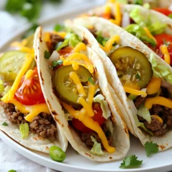 Für die Big Mac Smash Tacos brauchst du einige frische und leckere Zutaten: - 450 g Rinderhackfleisch - 120 g geriebener Cheddar-Käse - 30 g grob gehackter Eisbergsalat - 60 g gewürfelte Gewürzgurken - 60 g gewürfelte Tomaten - 8 kleine Tortillas Diese Zutaten ergeben die Basis für einen herzhaften Taco. Das Rinderhackfleisch sorgt für einen saftigen Biss, während der Cheddar-Käse die perfekte Cremigkeit bringt. Die richtigen Gewürze machen den Unterschied. Hier sind die wichtigsten: - 1 Esslöffel Zwiebelpulver - 1 Esslöffel Knoblauchpulver - 1 Teelöffel geräuchertes Paprika - Salz und Pfeffer nach Geschmack - 60 g Spezialsoße (eine Mischung aus Mayonnaise, Ketchup, Senf und Gewürzgurkenrelish) Diese Gewürze verleihen dem Fleisch Geschmack und Tiefe. Die Spezialsoße bringt die berühmte Big Mac Note in deine Tacos. Die Wahl der Tortillas ist wichtig. Ich empfehle kleine Tortillas. Sie sind perfekt zum Falten. Du kannst Weizentortillas oder Maistortillas verwenden, je nach Vorliebe. Weizentortillas sind weich und flexibel. Maistortillas bieten einen tollen Geschmack und eine knusprige Textur. {{ingredient_image_2}} Um das Rinderhackfleisch vorzubereiten, erhitze eine große Pfanne bei mittlerer Hitze. Füge das Hackfleisch in die heiße Pfanne. Streue Zwiebelpulver, Knoblauchpulver, geräuchertes Paprika, Salz und Pfeffer darüber. Brate das Fleisch unter Rühren an, bis es braun ist. Das dauert etwa 7 bis 10 Minuten. Gieße danach das überschüssige Fett ab. So bleibt das Fleisch saftig und lecker. Nimm eine zweite Pfanne und erhitze sie ebenfalls bei mittlerer Hitze. Lege die kleinen Tortillas hinein. Erwärme jede Tortilla für etwa 30 Sekunden auf jeder Seite. So werden sie weich und biegsam. Das ist wichtig, damit du sie später gut füllen kannst. Nachdem das Hackfleisch fertig ist, drücke es mit einem Spatel platt. Das sorgt für eine knusprige Oberfläche. Lass es für 2 bis 3 Minuten braten. Nimm das zerdrückte Fleisch aus der Pfanne und beginne mit dem Zusammenstellen. Lege eine Portion Hackfleisch auf jede Tortilla. Füge geriebenen Cheddar-Käse, gehackten Eisbergsalat, gewürfelte Gewürzgurken und Tomaten hinzu. Träufle die Spezialsoße über die Füllungen. Falte die Tortilla zur Hälfte. Für extra Crunch lege die gefüllten Tacos zurück in die Pfanne. Brate sie für eine Minute auf jeder Seite. So bekommst du einen knusprigen Taco-Shell-Effekt. Jetzt sind deine Big Mac Smash Tacos bereit zum Genießen! Um das Rinderhackfleisch perfekt zuzubereiten, achte auf die richtige Hitze. Erhitze die Pfanne bei mittlerer Hitze. Das Fleisch sollte gleichmäßig bräunen und krümelig sein. Rühre das Fleisch gut um. So garst du es gleichmäßig. Nachdem das Fleisch braun ist, drücke es mit einem Spatel platt. Das sorgt für eine knusprige Kruste. Lass es für 2-3 Minuten braten, damit es schön kross wird. Diese Technik macht den Unterschied. Du kannst die Gewürze nach deinem Geschmack anpassen. Probiere mehr Knoblauchpulver oder Zwiebelpulver, wenn du es würziger magst. Geräuchertes Paprika bringt einen tollen Geschmack. Ein wenig Cayennepfeffer gibt einen schönen Kick. Fühle dich frei, mit den Mengen zu spielen. So findest du die perfekte Mischung für dich. Die Präsentation macht viel aus. Verwende einen bunten Teller für die Tacos. Das sieht schön aus und macht mehr Spaß. Garniere die Tacos mit zusätzlichen Gewürzgurken. Stelle eine kleine Schüssel mit Spezialsoße zum Dippen bereit. So können die Gäste selbst entscheiden, wie viel Soße sie wollen. Dies macht das Essen noch spannender. Pro Tipps Frisches Hackfleisch: Verwende frisches Rinderhackfleisch für den besten Geschmack und die beste Textur in deinen Tacos. Käse-Schmelz: Um den Käse perfekt zu schmelzen, lege ihn auf das Fleisch, während es noch heiß ist, bevor du die Tacos faltest. Würze anpassen: Experimentiere mit verschiedenen Gewürzen, wie Kreuzkümmel oder Chili-Pulver, um deinen Tacos eine individuelle Note zu verleihen. Vorbereitung der Tortillas: Erwärme die Tortillas in einer trockenen Pfanne, um sie geschmeidig zu halten und das Einrollen zu erleichtern. {{image_4}} Wenn du eine vegane oder vegetarische Version der Big Mac Smash Tacos machen willst, kannst du das Rinderhackfleisch ersetzen. Nutze stattdessen pflanzliches Hackfleisch oder schwarze Bohnen. Diese Optionen sind lecker und sättigend. Du kannst auch Tofu verwenden. Würze ihn gut mit Zwiebelpulver und Knoblauchpulver für den besten Geschmack. Der Cheddar-Käse ist klassisch, aber du kannst auch andere Käsesorten verwenden. Probiere Gouda für einen reichhaltigen Geschmack oder Monterey Jack für eine milde Note. Für einen scharfen Kick ist Pepper Jack ideal. Jede Käsesorte gibt den Tacos einen neuen Twist und macht sie besonders. Fühle dich frei, mit Füllungen zu spielen! Avocado oder Guacamole bringen Cremigkeit. Jalapeños fügen Schärfe hinzu. Du kannst auch gebratene Zwiebeln oder Paprika hinzufügen. Diese Extras geben den Tacos mehr Geschmack und Textur. Sei kreativ und finde deine Lieblingskombination! Wenn du Reste von deinen Big Mac Smash Tacos hast, bewahre sie gut auf. Lege die Tacos in einen luftdichten Behälter. So bleiben sie frisch. Du kannst das Hackfleisch auch getrennt aufbewahren. Das hilft, die Tortillas knusprig zu halten. Um die Tacos zu erwärmen, benutze eine Pfanne. Erhitze sie bei mittlerer Hitze. Lege die Tacos hinein und brate sie für 2-3 Minuten auf jeder Seite. So werden sie wieder knusprig. Du kannst auch die Mikrowelle verwenden, aber die Tacos werden weich. Die Zutaten haben unterschiedliche Haltbarkeiten. Rinderhackfleisch hält sich im Kühlschrank etwa 1-2 Tage. Käse und Gemüse bleiben frisch für 3-5 Tage. Die Tortillas bleiben bis zu einer Woche gut. Stelle sicher, dass du alles gut verpackst, um Frische zu bewahren. Dieses Rezept ergibt vier Portionen. Jede Portion enthält zwei Tacos. So kannst du sicherstellen, dass jeder genug hat. Es ist perfekt für ein gemeinsames Essen mit Freunden oder Familie. Ja, du kannst die Tacos im Voraus zubereiten. Koche das Hackfleisch und bereite die Füllungen vor. Lagere alles in separaten Behältern im Kühlschrank. Vor dem Servieren erhitzt du die Füllungen und die Tortillas. So sparst du Zeit und kannst das Essen schneller genießen. Serviere die Tacos auf einem bunten Teller. Garniere sie mit zusätzlichen Gewürzgurken und frischen Kräutern. Stelle eine kleine Schüssel mit der Spezialsoße zum Dippen dazu. So wird das Essen noch ansprechender und macht mehr Spaß. In diesem Blogbeitrag haben wir die leckeren Big Mac Smash Tacos erkundet. Wir haben die Hauptzutaten und die besten Gewürze besprochen. Außerdem haben wir eine Schritt-für-Schritt-Anleitung gegeben, um die Tacos perfekt zuzubereiten. Tipps zur Fleischkonsistenz und Präsentation waren ebenfalls wichtig. Denkt daran, Variationen wie vegane Optionen auszuprobieren. Schließlich haben wir Lagerung und häufige Fragen behandelt. Diese Tacos sind einfach und machen Spaß. Nutzt die Tipps und genießt jedes Bissen.