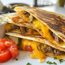 Für diese leckeren Quesadillas benötigen wir einige wichtige Zutaten: - 450 g Rinderhackfleisch - 1 Esslöffel Burgergewürz - 4 große Tortillas aus Weizenmehl - 100 g geriebener Cheddar-Käse - 100 g geriebener Monterey Jack Käse - 75 g gewürfelte Zwiebeln - 75 g gewürfelte Tomaten - 60 g gehackte saure Gurken Diese Zutaten sind die Basis für den tollen Geschmack. Verwende frische Zutaten für das beste Ergebnis. Die Gewürze bringen die Aromen zusammen. Du brauchst: - 1 Esslöffel Olivenöl Das Öl hilft, die Quesadillas goldbraun zu braten. Das Burgergewürz gibt den Patties den perfekten Geschmack. Du kannst auch Salz, Pfeffer und Knoblauchpulver verwenden, um deinen eigenen Mix zu machen. Serviere die Quesadillas mit: - Sour Cream - Salsa Diese Beilagen machen die Quesadillas noch besser. Die saure Creme sorgt für Frische, während die Salsa einen scharfen Kick gibt. Probiere es aus! {{ingredient_image_2}} Zuerst bereite das Rinderhackfleisch vor. Nimm eine Schüssel und gib das Rinderhackfleisch hinein. Füge das Burgergewürz hinzu und vermenge alles gut. Verwende deine Hände, um kleine Bälle zu formen. Diese Bälle sollten etwa so groß wie Golfbälle sein. Erhitze eine beschichtete Pfanne oder Grillplatte bei mittlerer bis hoher Hitze. Gib 1 Esslöffel Olivenöl in die Pfanne. Lege die Fleischbälle in die Pfanne. Mit einem Spatel drücke sie flach, damit sie dünne Patties werden. Brate sie 3-4 Minuten auf einer Seite, bis sie braun sind. Wende sie und brate sie weitere 2-3 Minuten. Nimm die Patties vom Herd. Lege eine Tortilla auf eine saubere Fläche. Streue eine Schicht Cheddar- und Monterey Jack Käse auf die Hälfte der Tortilla. Dann lege die gebratenen Burger-Patties darauf. Füge die gewürfelten Zwiebeln, Tomaten und gehackten sauren Gurken hinzu. Bedecke alles mit einer weiteren Schicht Käse. Falte die Tortilla vorsichtig in der Mitte. Erhitze das restliche Esslöffel Olivenöl in der Pfanne. Lege die gefaltete Quesadilla in die Pfanne. Brate sie etwa 3-4 Minuten pro Seite. Die Tortilla sollte goldbraun sein und der Käse gut geschmolzen. Wiederhole das mit den restlichen Quesadillas. Nimm die Quesadillas aus der Pfanne. Lass sie 1 Minute abkühlen. Schneide sie dann in Wedges. Serviere die Quesadillas mit einem Klecks Sour Cream und Salsa daneben. Um perfekte Quesadillas zu machen, achte auf die Hitze. Die Pfanne sollte heiß sein, aber nicht rauchen. Dadurch wird die Tortilla knusprig und der Käse schmilzt gut. Braune Flecken sorgen für einen tollen Geschmack. Drücke die Quesadilla beim Braten leicht mit einem Spatel. So wird die Füllung gut verteilt und der Käse schmilzt gleichmäßig. Lass die Quesadillas nach dem Braten kurz ruhen. Das macht das Schneiden leichter. Du kannst die Füllung nach deinem Geschmack anpassen. Probiere Rinderhackfleisch mit verschiedenen Gewürzen. Füge Jalapeños für etwas Schärfe hinzu oder verwende Hühnchen. Veggie-Fans können schwarze Bohnen und Paprika wählen. Auch Käsevariationen sind möglich. Feta-Käse oder Gouda geben einen anderen Twist. Sei kreativ und mische deine Lieblingszutaten. Die Wahl der Pfanne ist wichtig für den Erfolg. Eine beschichtete Pfanne hilft, dass nichts kleben bleibt. Eine gusseiserne Pfanne sorgt für eine gleichmäßige Hitze und einen tollen Geschmack. Vermeide Pfannen, die nicht gut heizen. Das führt zu ungleichmäßig gebratenen Quesadillas. Achte darauf, dass die Pfanne groß genug ist. So passen die Quesadillas gut hinein, ohne zu überlappen. Pro Tipps Fleisch richtig würzen: Achten Sie darauf, das Rinderhackfleisch gleichmäßig mit dem Burgergewürz zu würzen, um den vollen Geschmack zu entfalten. Perfekte Käseschmelze: Verwenden Sie eine Mischung aus Käsesorten, um eine optimale Schmelze und einen reichen Geschmack zu erzielen. Beilagen variieren: Experimentieren Sie mit verschiedenen Beilagen wie Avocado, Jalapeños oder frischen Kräutern für zusätzlichen Geschmack und Textur. Quesadillas knusprig machen: Stellen Sie sicher, dass die Pfanne ausreichend heiß ist, bevor Sie die Quesadillas hinzufügen, damit sie schön knusprig werden. {{image_4}} Um diese Quesadillas vegetarisch zu machen, tauschen Sie das Rinderhackfleisch gegen schwarze Bohnen oder Linsen aus. Diese sind nahrhaft und lecker. Fügen Sie auch gebratene Paprika oder Zucchini hinzu. Diese Gemüse geben einen tollen Geschmack und eine schöne Farbe. Verwenden Sie die gleichen Gewürze, um den Geschmack zu verstärken. Auch der Käse bleibt gleich. So haben Sie eine köstliche vegetarische Variante. Es gibt viele Wege, Quesadillas aufregend zu machen. Fügen Sie Avocado für extra Cremigkeit hinzu. Jalapeños bringen eine scharfe Note. Auch gegrillte Hähnchenstücke sind eine tolle Option. Wenn Sie nach etwas Süßem suchen, probieren Sie Ananas oder Mango. Diese Früchte passen gut zu Käse und Fleisch. Seien Sie kreativ und mischen Sie verschiedene Zutaten nach Ihrem Geschmack. Sie können Ihre Quesadillas auch auf dem Grill oder im Ofen zubereiten. Für den Grill, heizen Sie ihn gut vor und legen Sie die gefalteten Quesadillas direkt auf den Rost. Wenden Sie sie nach ein paar Minuten für eine gleichmäßige Garung. Im Ofen legen Sie die Quesadillas auf ein Backblech und backen sie bei 200 Grad Celsius. Warten Sie, bis der Käse geschmolzen und die Tortilla knusprig ist. Beide Methoden geben Ihnen ein tolles Ergebnis. Wenn Sie Quesadillas übrig haben, bewahren Sie sie im Kühlschrank auf. Wickeln Sie jede Quesadilla in Folie oder legen Sie sie in einen luftdichten Behälter. So bleiben sie frisch. Sie können diese Quesadillas 3 bis 4 Tage im Kühlschrank aufbewahren. Achten Sie darauf, sie vor dem Servieren gut zu erhitzen. Um Quesadillas einzufrieren, lassen Sie sie zuerst abkühlen. Wickeln Sie dann jede Quesadilla in Folie und legen Sie sie in einen Gefrierbeutel. So bleiben sie bis zu 2 Monate frisch. Zum Aufwärmen können Sie die gefrorenen Quesadillas direkt in die Pfanne legen. Braten Sie sie bei mittlerer Hitze für etwa 5 bis 7 Minuten pro Seite. Alternativ können Sie sie auch im Ofen bei 180 Grad Celsius für 10 bis 15 Minuten backen. Die Haltbarkeit der Zutaten ist wichtig. Rinderhackfleisch sollte im Kühlschrank nicht länger als 1 bis 2 Tage aufbewahrt werden. Käse hält sich bis zu einer Woche im Kühlschrank. Frisches Gemüse wie Zwiebeln und Tomaten sind 3 bis 5 Tage haltbar. Achten Sie darauf, alle Zutaten gut zu lagern, um die Frische zu erhalten. Die Zubereitung der Smashburger Quesadillas dauert insgesamt etwa 30 Minuten. Du benötigst 10 Minuten, um alles vorzubereiten. Das Kochen der Quesadillas dauert dann etwa 20 Minuten. Diese Zeit reicht aus, um köstliche und knusprige Quesadillas zu machen. Ja, du kannst die Quesadillas auch im Ofen zubereiten. Heize den Ofen auf 200 Grad Celsius vor. Lege die gefalteten Quesadillas auf ein Backblech. Backe sie für etwa 10-15 Minuten, bis sie goldbraun sind. Diese Methode gibt dir eine gleichmäßige Hitze und sorgt dafür, dass der Käse schön schmilzt. Zu Smashburger Quesadillas passen viele leckere Beilagen. Hier sind einige Ideen: - Sour Cream: Der Klassiker, perfekt zum Dippen. - Salsa: Frisch und würzig, ideal für einen zusätzlichen Kick. - Guacamole: Cremig und sättigend, passt super dazu. - Salat: Ein leichter Beilagensalat bringt Frische ins Spiel. - Gegrilltes Gemüse: Bietet Farbe und viele Nährstoffe. Diese Beilagen machen dein Essen noch besser und sorgen für Freude bei deinen Gästen. Smashburger Quesadillas sind einfach zu machen und sehr lecker. Wir haben die Hauptzutaten, Gewürze und perfekte Serviervorschläge erwähnt. Die Schritt-für-Schritt-Anleitung hilft dir, jeden Schritt zu meistern. Achte auf unsere Tipps für die besten Quesadillas und die interessanten Variationen für jeden Geschmack. Vergiss nicht, wie du Reste richtig lagerst. Mit diesen Tipps kannst du jederzeit köstliche Quesadillas genießen. Probier es aus und bereite deine eigenen leckeren Kreationen zu!