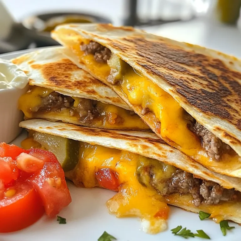 Für diese leckeren Quesadillas benötigen wir einige wichtige Zutaten: - 450 g Rinderhackfleisch - 1 Esslöffel Burgergewürz - 4 große Tortillas aus Weizenmehl - 100 g geriebener Cheddar-Käse - 100 g geriebener Monterey Jack Käse - 75 g gewürfelte Zwiebeln - 75 g gewürfelte Tomaten - 60 g gehackte saure Gurken Diese Zutaten sind die Basis für den tollen Geschmack. Verwende frische Zutaten für das beste Ergebnis. Die Gewürze bringen die Aromen zusammen. Du brauchst: - 1 Esslöffel Olivenöl Das Öl hilft, die Quesadillas goldbraun zu braten. Das Burgergewürz gibt den Patties den perfekten Geschmack. Du kannst auch Salz, Pfeffer und Knoblauchpulver verwenden, um deinen eigenen Mix zu machen. Serviere die Quesadillas mit: - Sour Cream - Salsa Diese Beilagen machen die Quesadillas noch besser. Die saure Creme sorgt für Frische, während die Salsa einen scharfen Kick gibt. Probiere es aus! {{ingredient_image_2}} Zuerst bereite das Rinderhackfleisch vor. Nimm eine Schüssel und gib das Rinderhackfleisch hinein. Füge das Burgergewürz hinzu und vermenge alles gut. Verwende deine Hände, um kleine Bälle zu formen. Diese Bälle sollten etwa so groß wie Golfbälle sein. Erhitze eine beschichtete Pfanne oder Grillplatte bei mittlerer bis hoher Hitze. Gib 1 Esslöffel Olivenöl in die Pfanne. Lege die Fleischbälle in die Pfanne. Mit einem Spatel drücke sie flach, damit sie dünne Patties werden. Brate sie 3-4 Minuten auf einer Seite, bis sie braun sind. Wende sie und brate sie weitere 2-3 Minuten. Nimm die Patties vom Herd. Lege eine Tortilla auf eine saubere Fläche. Streue eine Schicht Cheddar- und Monterey Jack Käse auf die Hälfte der Tortilla. Dann lege die gebratenen Burger-Patties darauf. Füge die gewürfelten Zwiebeln, Tomaten und gehackten sauren Gurken hinzu. Bedecke alles mit einer weiteren Schicht Käse. Falte die Tortilla vorsichtig in der Mitte. Erhitze das restliche Esslöffel Olivenöl in der Pfanne. Lege die gefaltete Quesadilla in die Pfanne. Brate sie etwa 3-4 Minuten pro Seite. Die Tortilla sollte goldbraun sein und der Käse gut geschmolzen. Wiederhole das mit den restlichen Quesadillas. Nimm die Quesadillas aus der Pfanne. Lass sie 1 Minute abkühlen. Schneide sie dann in Wedges. Serviere die Quesadillas mit einem Klecks Sour Cream und Salsa daneben. Um perfekte Quesadillas zu machen, achte auf die Hitze. Die Pfanne sollte heiß sein, aber nicht rauchen. Dadurch wird die Tortilla knusprig und der Käse schmilzt gut. Braune Flecken sorgen für einen tollen Geschmack. Drücke die Quesadilla beim Braten leicht mit einem Spatel. So wird die Füllung gut verteilt und der Käse schmilzt gleichmäßig. Lass die Quesadillas nach dem Braten kurz ruhen. Das macht das Schneiden leichter. Du kannst die Füllung nach deinem Geschmack anpassen. Probiere Rinderhackfleisch mit verschiedenen Gewürzen. Füge Jalapeños für etwas Schärfe hinzu oder verwende Hühnchen. Veggie-Fans können schwarze Bohnen und Paprika wählen. Auch Käsevariationen sind möglich. Feta-Käse oder Gouda geben einen anderen Twist. Sei kreativ und mische deine Lieblingszutaten. Die Wahl der Pfanne ist wichtig für den Erfolg. Eine beschichtete Pfanne hilft, dass nichts kleben bleibt. Eine gusseiserne Pfanne sorgt für eine gleichmäßige Hitze und einen tollen Geschmack. Vermeide Pfannen, die nicht gut heizen. Das führt zu ungleichmäßig gebratenen Quesadillas. Achte darauf, dass die Pfanne groß genug ist. So passen die Quesadillas gut hinein, ohne zu überlappen. Pro Tipps Fleisch richtig würzen: Achten Sie darauf, das Rinderhackfleisch gleichmäßig mit dem Burgergewürz zu würzen, um den vollen Geschmack zu entfalten. Perfekte Käseschmelze: Verwenden Sie eine Mischung aus Käsesorten, um eine optimale Schmelze und einen reichen Geschmack zu erzielen. Beilagen variieren: Experimentieren Sie mit verschiedenen Beilagen wie Avocado, Jalapeños oder frischen Kräutern für zusätzlichen Geschmack und Textur. Quesadillas knusprig machen: Stellen Sie sicher, dass die Pfanne ausreichend heiß ist, bevor Sie die Quesadillas hinzufügen, damit sie schön knusprig werden. {{image_4}} Um diese Quesadillas vegetarisch zu machen, tauschen Sie das Rinderhackfleisch gegen schwarze Bohnen oder Linsen aus. Diese sind nahrhaft und lecker. Fügen Sie auch gebratene Paprika oder Zucchini hinzu. Diese Gemüse geben einen tollen Geschmack und eine schöne Farbe. Verwenden Sie die gleichen Gewürze, um den Geschmack zu verstärken. Auch der Käse bleibt gleich. So haben Sie eine köstliche vegetarische Variante. Es gibt viele Wege, Quesadillas aufregend zu machen. Fügen Sie Avocado für extra Cremigkeit hinzu. Jalapeños bringen eine scharfe Note. Auch gegrillte Hähnchenstücke sind eine tolle Option. Wenn Sie nach etwas Süßem suchen, probieren Sie Ananas oder Mango. Diese Früchte passen gut zu Käse und Fleisch. Seien Sie kreativ und mischen Sie verschiedene Zutaten nach Ihrem Geschmack. Sie können Ihre Quesadillas auch auf dem Grill oder im Ofen zubereiten. Für den Grill, heizen Sie ihn gut vor und legen Sie die gefalteten Quesadillas direkt auf den Rost. Wenden Sie sie nach ein paar Minuten für eine gleichmäßige Garung. Im Ofen legen Sie die Quesadillas auf ein Backblech und backen sie bei 200 Grad Celsius. Warten Sie, bis der Käse geschmolzen und die Tortilla knusprig ist. Beide Methoden geben Ihnen ein tolles Ergebnis. Wenn Sie Quesadillas übrig haben, bewahren Sie sie im Kühlschrank auf. Wickeln Sie jede Quesadilla in Folie oder legen Sie sie in einen luftdichten Behälter. So bleiben sie frisch. Sie können diese Quesadillas 3 bis 4 Tage im Kühlschrank aufbewahren. Achten Sie darauf, sie vor dem Servieren gut zu erhitzen. Um Quesadillas einzufrieren, lassen Sie sie zuerst abkühlen. Wickeln Sie dann jede Quesadilla in Folie und legen Sie sie in einen Gefrierbeutel. So bleiben sie bis zu 2 Monate frisch. Zum Aufwärmen können Sie die gefrorenen Quesadillas direkt in die Pfanne legen. Braten Sie sie bei mittlerer Hitze für etwa 5 bis 7 Minuten pro Seite. Alternativ können Sie sie auch im Ofen bei 180 Grad Celsius für 10 bis 15 Minuten backen. Die Haltbarkeit der Zutaten ist wichtig. Rinderhackfleisch sollte im Kühlschrank nicht länger als 1 bis 2 Tage aufbewahrt werden. Käse hält sich bis zu einer Woche im Kühlschrank. Frisches Gemüse wie Zwiebeln und Tomaten sind 3 bis 5 Tage haltbar. Achten Sie darauf, alle Zutaten gut zu lagern, um die Frische zu erhalten. Die Zubereitung der Smashburger Quesadillas dauert insgesamt etwa 30 Minuten. Du benötigst 10 Minuten, um alles vorzubereiten. Das Kochen der Quesadillas dauert dann etwa 20 Minuten. Diese Zeit reicht aus, um köstliche und knusprige Quesadillas zu machen. Ja, du kannst die Quesadillas auch im Ofen zubereiten. Heize den Ofen auf 200 Grad Celsius vor. Lege die gefalteten Quesadillas auf ein Backblech. Backe sie für etwa 10-15 Minuten, bis sie goldbraun sind. Diese Methode gibt dir eine gleichmäßige Hitze und sorgt dafür, dass der Käse schön schmilzt. Zu Smashburger Quesadillas passen viele leckere Beilagen. Hier sind einige Ideen: - Sour Cream: Der Klassiker, perfekt zum Dippen. - Salsa: Frisch und würzig, ideal für einen zusätzlichen Kick. - Guacamole: Cremig und sättigend, passt super dazu. - Salat: Ein leichter Beilagensalat bringt Frische ins Spiel. - Gegrilltes Gemüse: Bietet Farbe und viele Nährstoffe. Diese Beilagen machen dein Essen noch besser und sorgen für Freude bei deinen Gästen. Smashburger Quesadillas sind einfach zu machen und sehr lecker. Wir haben die Hauptzutaten, Gewürze und perfekte Serviervorschläge erwähnt. Die Schritt-für-Schritt-Anleitung hilft dir, jeden Schritt zu meistern. Achte auf unsere Tipps für die besten Quesadillas und die interessanten Variationen für jeden Geschmack. Vergiss nicht, wie du Reste richtig lagerst. Mit diesen Tipps kannst du jederzeit köstliche Quesadillas genießen. Probier es aus und bereite deine eigenen leckeren Kreationen zu!
