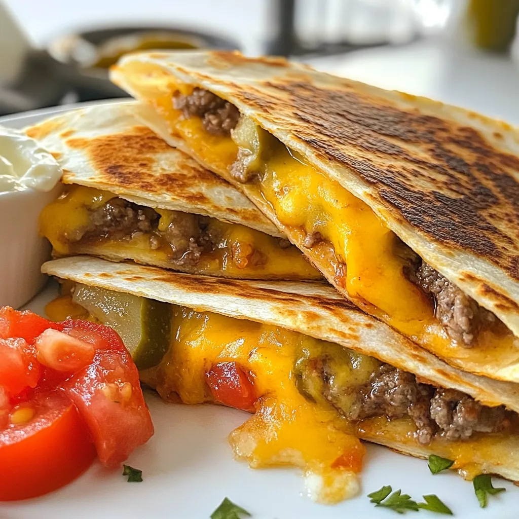 Für diese leckeren Quesadillas benötigen wir einige wichtige Zutaten: - 450 g Rinderhackfleisch - 1 Esslöffel Burgergewürz - 4 große Tortillas aus Weizenmehl - 100 g geriebener Cheddar-Käse - 100 g geriebener Monterey Jack Käse - 75 g gewürfelte Zwiebeln - 75 g gewürfelte Tomaten - 60 g gehackte saure Gurken Diese Zutaten sind die Basis für den tollen Geschmack. Verwende frische Zutaten für das beste Ergebnis. Die Gewürze bringen die Aromen zusammen. Du brauchst: - 1 Esslöffel Olivenöl Das Öl hilft, die Quesadillas goldbraun zu braten. Das Burgergewürz gibt den Patties den perfekten Geschmack. Du kannst auch Salz, Pfeffer und Knoblauchpulver verwenden, um deinen eigenen Mix zu machen. Serviere die Quesadillas mit: - Sour Cream - Salsa Diese Beilagen machen die Quesadillas noch besser. Die saure Creme sorgt für Frische, während die Salsa einen scharfen Kick gibt. Probiere es aus! {{ingredient_image_2}} Zuerst bereite das Rinderhackfleisch vor. Nimm eine Schüssel und gib das Rinderhackfleisch hinein. Füge das Burgergewürz hinzu und vermenge alles gut. Verwende deine Hände, um kleine Bälle zu formen. Diese Bälle sollten etwa so groß wie Golfbälle sein. Erhitze eine beschichtete Pfanne oder Grillplatte bei mittlerer bis hoher Hitze. Gib 1 Esslöffel Olivenöl in die Pfanne. Lege die Fleischbälle in die Pfanne. Mit einem Spatel drücke sie flach, damit sie dünne Patties werden. Brate sie 3-4 Minuten auf einer Seite, bis sie braun sind. Wende sie und brate sie weitere 2-3 Minuten. Nimm die Patties vom Herd. Lege eine Tortilla auf eine saubere Fläche. Streue eine Schicht Cheddar- und Monterey Jack Käse auf die Hälfte der Tortilla. Dann lege die gebratenen Burger-Patties darauf. Füge die gewürfelten Zwiebeln, Tomaten und gehackten sauren Gurken hinzu. Bedecke alles mit einer weiteren Schicht Käse. Falte die Tortilla vorsichtig in der Mitte. Erhitze das restliche Esslöffel Olivenöl in der Pfanne. Lege die gefaltete Quesadilla in die Pfanne. Brate sie etwa 3-4 Minuten pro Seite. Die Tortilla sollte goldbraun sein und der Käse gut geschmolzen. Wiederhole das mit den restlichen Quesadillas. Nimm die Quesadillas aus der Pfanne. Lass sie 1 Minute abkühlen. Schneide sie dann in Wedges. Serviere die Quesadillas mit einem Klecks Sour Cream und Salsa daneben. Um perfekte Quesadillas zu machen, achte auf die Hitze. Die Pfanne sollte heiß sein, aber nicht rauchen. Dadurch wird die Tortilla knusprig und der Käse schmilzt gut. Braune Flecken sorgen für einen tollen Geschmack. Drücke die Quesadilla beim Braten leicht mit einem Spatel. So wird die Füllung gut verteilt und der Käse schmilzt gleichmäßig. Lass die Quesadillas nach dem Braten kurz ruhen. Das macht das Schneiden leichter. Du kannst die Füllung nach deinem Geschmack anpassen. Probiere Rinderhackfleisch mit verschiedenen Gewürzen. Füge Jalapeños für etwas Schärfe hinzu oder verwende Hühnchen. Veggie-Fans können schwarze Bohnen und Paprika wählen. Auch Käsevariationen sind möglich. Feta-Käse oder Gouda geben einen anderen Twist. Sei kreativ und mische deine Lieblingszutaten. Die Wahl der Pfanne ist wichtig für den Erfolg. Eine beschichtete Pfanne hilft, dass nichts kleben bleibt. Eine gusseiserne Pfanne sorgt für eine gleichmäßige Hitze und einen tollen Geschmack. Vermeide Pfannen, die nicht gut heizen. Das führt zu ungleichmäßig gebratenen Quesadillas. Achte darauf, dass die Pfanne groß genug ist. So passen die Quesadillas gut hinein, ohne zu überlappen. Pro Tipps Fleisch richtig würzen: Achten Sie darauf, das Rinderhackfleisch gleichmäßig mit dem Burgergewürz zu würzen, um den vollen Geschmack zu entfalten. Perfekte Käseschmelze: Verwenden Sie eine Mischung aus Käsesorten, um eine optimale Schmelze und einen reichen Geschmack zu erzielen. Beilagen variieren: Experimentieren Sie mit verschiedenen Beilagen wie Avocado, Jalapeños oder frischen Kräutern für zusätzlichen Geschmack und Textur. Quesadillas knusprig machen: Stellen Sie sicher, dass die Pfanne ausreichend heiß ist, bevor Sie die Quesadillas hinzufügen, damit sie schön knusprig werden. {{image_4}} Um diese Quesadillas vegetarisch zu machen, tauschen Sie das Rinderhackfleisch gegen schwarze Bohnen oder Linsen aus. Diese sind nahrhaft und lecker. Fügen Sie auch gebratene Paprika oder Zucchini hinzu. Diese Gemüse geben einen tollen Geschmack und eine schöne Farbe. Verwenden Sie die gleichen Gewürze, um den Geschmack zu verstärken. Auch der Käse bleibt gleich. So haben Sie eine köstliche vegetarische Variante. Es gibt viele Wege, Quesadillas aufregend zu machen. Fügen Sie Avocado für extra Cremigkeit hinzu. Jalapeños bringen eine scharfe Note. Auch gegrillte Hähnchenstücke sind eine tolle Option. Wenn Sie nach etwas Süßem suchen, probieren Sie Ananas oder Mango. Diese Früchte passen gut zu Käse und Fleisch. Seien Sie kreativ und mischen Sie verschiedene Zutaten nach Ihrem Geschmack. Sie können Ihre Quesadillas auch auf dem Grill oder im Ofen zubereiten. Für den Grill, heizen Sie ihn gut vor und legen Sie die gefalteten Quesadillas direkt auf den Rost. Wenden Sie sie nach ein paar Minuten für eine gleichmäßige Garung. Im Ofen legen Sie die Quesadillas auf ein Backblech und backen sie bei 200 Grad Celsius. Warten Sie, bis der Käse geschmolzen und die Tortilla knusprig ist. Beide Methoden geben Ihnen ein tolles Ergebnis. Wenn Sie Quesadillas übrig haben, bewahren Sie sie im Kühlschrank auf. Wickeln Sie jede Quesadilla in Folie oder legen Sie sie in einen luftdichten Behälter. So bleiben sie frisch. Sie können diese Quesadillas 3 bis 4 Tage im Kühlschrank aufbewahren. Achten Sie darauf, sie vor dem Servieren gut zu erhitzen. Um Quesadillas einzufrieren, lassen Sie sie zuerst abkühlen. Wickeln Sie dann jede Quesadilla in Folie und legen Sie sie in einen Gefrierbeutel. So bleiben sie bis zu 2 Monate frisch. Zum Aufwärmen können Sie die gefrorenen Quesadillas direkt in die Pfanne legen. Braten Sie sie bei mittlerer Hitze für etwa 5 bis 7 Minuten pro Seite. Alternativ können Sie sie auch im Ofen bei 180 Grad Celsius für 10 bis 15 Minuten backen. Die Haltbarkeit der Zutaten ist wichtig. Rinderhackfleisch sollte im Kühlschrank nicht länger als 1 bis 2 Tage aufbewahrt werden. Käse hält sich bis zu einer Woche im Kühlschrank. Frisches Gemüse wie Zwiebeln und Tomaten sind 3 bis 5 Tage haltbar. Achten Sie darauf, alle Zutaten gut zu lagern, um die Frische zu erhalten. Die Zubereitung der Smashburger Quesadillas dauert insgesamt etwa 30 Minuten. Du benötigst 10 Minuten, um alles vorzubereiten. Das Kochen der Quesadillas dauert dann etwa 20 Minuten. Diese Zeit reicht aus, um köstliche und knusprige Quesadillas zu machen. Ja, du kannst die Quesadillas auch im Ofen zubereiten. Heize den Ofen auf 200 Grad Celsius vor. Lege die gefalteten Quesadillas auf ein Backblech. Backe sie für etwa 10-15 Minuten, bis sie goldbraun sind. Diese Methode gibt dir eine gleichmäßige Hitze und sorgt dafür, dass der Käse schön schmilzt. Zu Smashburger Quesadillas passen viele leckere Beilagen. Hier sind einige Ideen: - Sour Cream: Der Klassiker, perfekt zum Dippen. - Salsa: Frisch und würzig, ideal für einen zusätzlichen Kick. - Guacamole: Cremig und sättigend, passt super dazu. - Salat: Ein leichter Beilagensalat bringt Frische ins Spiel. - Gegrilltes Gemüse: Bietet Farbe und viele Nährstoffe. Diese Beilagen machen dein Essen noch besser und sorgen für Freude bei deinen Gästen. Smashburger Quesadillas sind einfach zu machen und sehr lecker. Wir haben die Hauptzutaten, Gewürze und perfekte Serviervorschläge erwähnt. Die Schritt-für-Schritt-Anleitung hilft dir, jeden Schritt zu meistern. Achte auf unsere Tipps für die besten Quesadillas und die interessanten Variationen für jeden Geschmack. Vergiss nicht, wie du Reste richtig lagerst. Mit diesen Tipps kannst du jederzeit köstliche Quesadillas genießen. Probier es aus und bereite deine eigenen leckeren Kreationen zu!