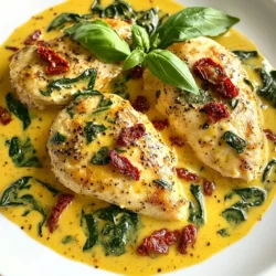 - 4 Hähnchenbrustfilets ohne Haut und Knochen - 1 Tasse frischer Spinat, grob gehackt - 1/2 Tasse sonnentrocknete Tomaten, klein geschnitten - 1 Tasse Schlagrahm (Sahne) - 1/2 Tasse frisch geriebener Parmesan - 2 Knoblauchzehen, fein gehackt - 1 Teelöffel italienische Gewürzmischung - 2 Esslöffel Olivenöl - Salz und Pfeffer nach Geschmack - Frische Basilikumblätter zur Garnitur Die Hauptzutaten bilden die Basis für das Gericht. Hähnchenbrustfilets sind saftig und leicht zubereitet. Sie nehmen alle Aromen gut auf. Sonnentrocknete Tomaten bringen eine süße und herzhafte Note. Frischer Spinat fügt Farbe und Nährstoffe hinzu. Die weiteren Zutaten sind ebenso wichtig. Schlagrahm sorgt für eine cremige Sauce. Parmesan bringt Tiefe und einen herzhaften Geschmack. Knoblauch gibt ein tolles Aroma. Die italienische Gewürzmischung rundet das Gericht ab. Olivenöl sorgt beim Anbraten für ein schönes Röstaroma. Salz und Pfeffer sind für den perfekten Geschmack notwendig. Frische Basilikumblätter machen das Gericht ansprechend und frisch. Mit diesen Zutaten bereitest du ein einfaches, aber köstliches Gericht zu. Die Kombination aus Aromen wird deinen Gaumen erfreuen. {{ingredient_image_2}} Zuerst würze die Hähnchenbrustfilets. Benutze Salz, Pfeffer und italienische Gewürze. Diese Gewürze geben dem Hähnchen viel Geschmack. Erhitze Olivenöl in einer großen, ofenfesten Pfanne. Wenn das Öl heiß ist, brate die Hähnchenfilets. Brate sie für 5-7 Minuten pro Seite. Sie sollen goldbraun sein. Nimm das Hähnchen aus der Pfanne und lege es beiseite. Jetzt kommt der Knoblauch. Hacke die Knoblauchzehen fein. Gib den Knoblauch in die Pfanne. Brate ihn etwa 1 Minute an, bis er duftet. Füge dann die klein geschnittenen sonnentrockneten Tomaten und den grob gehackten Spinat hinzu. Koche alles für 2-3 Minuten, bis der Spinat weich wird. Gieße jetzt die Schlagrahm in die Pfanne. Bringe die Mischung sanft zum Köcheln. Füge den frisch geriebenen Parmesan hinzu. Rühre alles gut um, bis der Käse schmilzt. Die Sauce sollte cremig und lecker sein. Lege die Hähnchenbrustfilets zurück in die Pfanne. Achte darauf, dass sie in der Sauce liegen. So zieht das Hähnchen den Geschmack auf. Heize deinen Ofen auf 190°C vor. Stelle die Pfanne in den Ofen. Backe das Gericht für 20-25 Minuten. Überprüfe die Innentemperatur des Hähnchens. Sie sollte 75°C betragen. Nach dem Garen nimm das Hähnchen aus dem Ofen. Lass es ein paar Minuten ruhen, bevor du es servierst. - Tipps für das Anbraten: Du solltest die Hähnchenbrustfilets gut würzen. Verwende Salz, Pfeffer und italienische Gewürze. Erhitze das Olivenöl in der Pfanne, bis es heiß ist, bevor du das Hähnchen hineinlegst. So erhältst du eine schöne goldene Kruste. Brate jede Seite 5-7 Minuten, bis sie braun ist. - Richtiges Garverhalten: Das Hähnchen muss nicht ganz durchgegart sein, wenn du es aus der Pfanne nimmst. Es gart weiter im Ofen. Achte darauf, die Innentemperatur bei 75°C (165°F) zu überprüfen. So bleibt das Hähnchen saftig. - Konsistenz der Sauce einstellen: Die Sauce sollte cremig, aber nicht zu dick sein. Du kannst die Konsistenz anpassen, indem du mehr Schlagrahm hinzufügst. Lass die Sauce sanft köcheln, bis sie gut vermischt ist. - Gewürze anpassen: Probiere die Sauce und passe die Gewürze nach deinem Geschmack an. Ein wenig mehr Salz oder Pfeffer kann den Unterschied machen. Auch frische Kräuter wie Basilikum geben der Sauce einen tollen Geschmack. - Präsentationstipps: Richte die Hähnchenbrustfilets auf einem Bett aus der Spinat-Tomaten-Sauce an. Das sieht nicht nur gut aus, sondern schmeckt auch besser. Garniere mit frischen Basilikumblättern. - Kombinationen mit Beilagen: Serviere das Gericht mit knusprigem Brot oder auf einem Bett aus Reis. Diese Beilagen passen hervorragend und machen das Essen komplett. Pro Tipps Hähnchen marinieren: Marinieren Sie die Hähnchenbrustfilets für mindestens 30 Minuten in einer Mischung aus Olivenöl, Zitronensaft und Gewürzen, um zusätzlichen Geschmack zu erhalten. Frischer Spinat: Verwenden Sie frischen Spinat anstelle von tiefgefrorenem, um die beste Textur und den besten Geschmack zu erzielen. Parmesan richtig hinzufügen: Fügen Sie den geriebenen Parmesan langsam hinzu und rühren Sie gut um, damit er gleichmäßig schmilzt und eine cremige Sauce entsteht. Rustikales Brot: Servieren Sie das Gericht mit frischem, knusprigem Brot, um die köstliche Sauce aufzutunken und eine perfekte Kombination zu schaffen. {{image_4}} Du kannst viele Gemüsesorten in dieses Gericht einfügen. Zum Beispiel eignen sich Paprika und Zucchini gut. Sie bringen Farbe und zusätzlichen Geschmack. Wenn du saisonal kochen möchtest, verwende frische Erbsen im Frühling oder Kürbis im Herbst. Diese Anpassungen machen das Gericht noch interessanter. Wenn du kein Hähnchen magst, kannst du auch Putenbrust verwenden. Sie hat einen ähnlichen Geschmack und eine ähnliche Konsistenz. Für eine vegetarische Option nimm Tofu oder Kichererbsen. Beides passt gut zu den sonnentrockneten Tomaten und dem Spinat. So bleibt dein Gericht lecker und nahrhaft. Um einen neuen Geschmack zu bringen, kannst du verschiedene Gewürze probieren. Zum Beispiel passt Kreuzkümmel gut für einen exotischen Touch. Für mediterrane Aromen füge mehr Oregano oder Thymian hinzu. Diese kleinen Änderungen können viel bewirken und das Gericht aufregender machen. Das Hähnchen bleibt im Kühlschrank frisch. Du solltest es in einem luftdichten Behälter lagern. So bleibt die Feuchtigkeit erhalten. Das Gericht hält sich etwa drei Tage. Achte darauf, das Hähnchen gut abzukühlen, bevor du es in den Kühlschrank stellst. So vermeidest du Bakterienwachstum. Du kannst es auch mit Frischhaltefolie abdecken. Das schützt die Aromen. Wenn du Reste hast, ist Einfrieren eine tolle Idee. Teile das Hähnchen in Portionen auf. Lege es in gefriergeeignete Behälter oder Beutel. Achte darauf, etwas Platz zu lassen. Die Speisen dehnen sich beim Gefrieren aus. So bleibt die Textur gut. Das Hähnchen kann bis zu drei Monate eingefroren werden. Beschrifte die Behälter mit Datum und Inhalt. Um das Hähnchen wieder aufzuwärmen, benutze den Ofen. Heize ihn auf 180°C vor. Lege das Hähnchen in eine ofenfeste Form. Decke die Form mit Aluminiumfolie ab. So bleibt das Hähnchen saftig. Erwärme es etwa 20 Minuten. Du kannst auch die Mikrowelle nutzen. Stelle die Mikrowelle auf mittlere Leistung. Erwärme das Hähnchen in kurzen Intervallen. Überprüfe die Temperatur. Sie sollte 75°C erreichen. Die Haltbarkeit und Frische des Gerichts hängen von der Lagerung ab. Im Kühlschrank bleibt das Hähnchen etwa 3 bis 4 Tage frisch. Du solltest es in einem luftdichten Behälter aufbewahren. Achte darauf, dass das Gericht gut gekühlt wird. Dies hilft, Bakterien zu vermeiden und die Frische zu erhalten. Ja, du kannst die Sahne weglassen. Es gibt viele Alternativen. Eine gute Option ist griechischer Joghurt. Dieser bringt eine cremige Textur und ist gesünder. Du kannst auch Kokosmilch verwenden für einen anderen Geschmack. Diese Optionen machen das Gericht leicht und dennoch lecker. Wenn du die Schärfe erhöhen möchtest, gibt es einfache Wege. Füge rote Paprikaflocken hinzu, um einen kick zu bekommen. Du kannst auch frische Chili verwenden, die du klein hackst. Wenn du einen anderen Geschmack magst, probiere scharfe Paprika oder Sriracha. Diese würzigen Anpassungen machen das Gericht aufregend. In diesem Blogbeitrag haben wir die Zutaten und Zubereitung eines leckeren Hähnchengerichts behandelt. Du hast gelernt, wie du Hähnchen mit sonngetrockneten Tomaten und Spinat kombinierst. Außerdem haben wir Tipps für die perfekte Sauce und Anrichtungsvariationen besprochen. Denke daran, kreativ zu sein, wenn du Gemüse oder Gewürze anpasst. So zauberst du stets neue Geschmackserlebnisse. Ganz gleich, ob du Reste aufbewahrst oder die Schärfe erhöhst – mit diesen Tipps gelingt dir jedes Gericht. Viel Spaß beim Kochen!