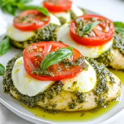 - 4 Hähnchenbrustfilets, ohne Knochen und Haut - 1 Tasse hausgemachtes oder gekauftes Pesto - 1 Tasse frischer Mozzarella, in Scheiben geschnitten - 2 große Tomaten, in Scheiben geschnitten Die Hauptzutaten sind einfach und frisch. Hähnchenbrustfilets sind mager und leicht zuzubereiten. Du kannst Pesto selbst machen oder im Laden kaufen. Frischer Mozzarella bringt einen tollen Geschmack. Tomaten fügen Frische hinzu. - 1 Esslöffel Olivenöl - Salz und Pfeffer nach Geschmack Olivenöl sorgt für einen reichen Geschmack und hilft beim Backen. Salz und Pfeffer sind die Grundgewürze. Sie heben den Geschmack des Hähnchens und der anderen Zutaten hervor. - Frische Basilikumblätter Basilikum ist das i-Tüpfelchen. Es bringt Farbe und frischen Geschmack. Du kannst die Blätter nach dem Backen darüber streuen. Das sieht nicht nur gut aus, es schmeckt auch besser. {{ingredient_image_2}} Heize deinen Ofen auf 190°C (375°F) vor. Das ist die perfekte Temperatur für unser Hühnchen. Der Ofen braucht etwa 10 Minuten, um die richtige Hitze zu erreichen. Nimm die Hähnchenbrustfilets und würze sie gleichmäßig mit Salz und Pfeffer. Das gibt Geschmack. Lege die gewürzten Filets in eine gefettete Auflaufform. Achte darauf, dass sie genug Platz haben. Jetzt kommt das Pesto. Löffle das Pesto gleichmäßig über jedes Hähnchenbrustfilet. Es sollte gut bedeckt sein. Lege dann die Mozzarellascheiben auf das Pesto. Danach schichte die Tomatenscheiben darauf. Decke die Auflaufform mit Aluminiumfolie ab. Backe das Hühnchen im vorgeheizten Ofen für 25-30 Minuten. Nach dieser Zeit entferne die Folie. Backe das Hühnchen für weitere 10-15 Minuten. Es sollte eine Innentemperatur von 75°C (165°F) erreichen. Der Käse wird schön sprudelnd und goldbraun. Nimm das Hühnchen nach dem Backen aus dem Ofen. Lass es einige Minuten ruhen. Bevor du es servierst, garniere es mit frischen Basilikumblättern. Das sieht toll aus und schmeckt frisch. Um saftiges und zartes Hühnchen zu erhalten, achte auf diese Tipps: - Wähle frische Hähnchenbrustfilets ohne Haut. - Lass das Hühnchen vor dem Kochen bei Raumtemperatur ruhen. - Würze das Fleisch gleichmäßig mit Salz und Pfeffer für vollen Geschmack. - Backe das Hühnchen bei der richtigen Temperatur, um es nicht auszutrocknen. - Verwende ein Fleischthermometer. Ziel ist eine Innentemperatur von 75°C. Hausgemachtes Pesto ist einfach und lecker. Hier ist eine einfache Anleitung: - Du brauchst frische Basilikumblätter, Pinienkerne, Parmesan, Knoblauch und Olivenöl. - Gib alle Zutaten in eine Küchenmaschine. - Mixe sie, bis eine glatte Paste entsteht. - Füge nach Bedarf mehr Olivenöl hinzu, um die gewünschte Konsistenz zu erreichen. - Schmecke das Pesto mit Salz und Pfeffer ab. Wenn du keinen Mozzarella hast, probiere diese Käsesorten: - Feta hat einen würzigen Geschmack und passt gut zu Tomaten. - Gouda kann das Gericht reichhaltig machen. - Ziegenkäse bringt eine cremige Textur mit. - Parmesan ist eine gute Wahl, um zusätzlichen Geschmack zu geben. Diese Tipps helfen dir, das Beste aus deinem Baked Pesto Caprese Chicken herauszuholen. Pro Tipps Hähnchen marinieren: Lasse die Hähnchenbrustfilets vor dem Würzen für mindestens 30 Minuten im Kühlschrank marinieren, um den Geschmack zu intensivieren. Pesto selbst machen: Wenn du Zeit hast, probiere, dein Pesto selbst herzustellen. Frische Zutaten verleihen dem Gericht eine besondere Note. Variationen beim Käse: Experimentiere mit verschiedenen Käsesorten wie Feta oder Gouda für einen anderen Geschmack. Zusätzliche Garnierung: Füge geröstete Pinienkerne oder Balsamico-Reduktion als Garnierung hinzu, um das Gericht noch attraktiver zu machen. {{image_4}} Du kannst deinem Baked Pesto Caprese Chicken noch mehr Geschmack verleihen, indem du Gemüse hinzufügst. Überlege, saisonales Gemüse zu nutzen, das du magst. Hier sind einige Vorschläge: - Zucchini, in Scheiben geschnitten - Paprika, gewürfelt - Spinat, frisch oder gefroren - Brokkoli, in kleine Röschen geteilt Das Gemüse kommt gut in den Auflauf. Es gibt dem Gericht Textur und frische Aromen. Wenn du Abwechslung möchtest, probiere andere Fleischsorten. Du kannst Rind oder Pute verwenden. Stelle sicher, dass du die Garzeit anpasst. - Für Rindfleisch: Verwende dünne Steaks und backe sie kürzer. - Für Pute: Nutze Putenbrustfilets und backe sie wie bei Hühnchen. Diese Optionen bringen neue Geschmäcker. Sie sind auch leicht anzupassen. Für eine pflanzenbasierte Variante gibt es viele tolle Ersatzprodukte. Du kannst das Hühnchen durch Tofuwürfel oder Seitan ersetzen. - Nutze veganes Pesto, das ohne Käse ist. - Verwende veganen Käse anstelle von Mozzarella. - Frische Tomaten bleiben gleich. So machst du ein leckeres veganes Gericht. Es ist einfach und voller Geschmack. Lagere Reste von Baked Pesto Caprese Chicken im Kühlschrank. Verwende einen luftdichten Behälter. So bleiben die Aromen frisch. Du kannst die Reste bis zu drei Tage aufbewahren. Stelle sicher, dass das Hühnchen gut abgekühlt ist, bevor du es hineinlegst. So vermeidest du Kondensation und Schimmel. Um das Gericht für später einzufrieren, lasse es zuerst abkühlen. Teile das Hühnchen in Portionen. Verwende gefriergeeignete Behälter oder Beutel. Drücke die Luft heraus, um Gefrierbrand zu vermeiden. So hält sich das Gericht bis zu drei Monate im Gefrierfach. Beschrifte die Behälter mit dem Datum, damit du weißt, wann du es gemacht hast. Um das Hühnchen aufzuwärmen, benutze den Ofen oder die Mikrowelle. Im Ofen erhitze es bei 180°C (350°F) für etwa 15 bis 20 Minuten. So bleibt das Hühnchen saftig. In der Mikrowelle kannst du es in kurzen Intervallen erwärmen. Achte darauf, es gleichmäßig zu erwärmen, damit es nicht austrocknet. Kontrolliere die Temperatur, um sicherzustellen, dass es durchgeheizt ist. Das Hühnchen sollte bei 190°C (375°F) für 25-30 Minuten gebacken werden. Decke die Auflaufform zuerst mit Aluminiumfolie ab. Nach 30 Minuten nimm die Folie ab und backe das Hühnchen für weitere 10-15 Minuten. So wird das Hühnchen zart und saftig. Die Backzeit kann variieren, also achte darauf, dass das Hühnchen gut durchgegart ist. Ja, frisches Pesto ist eine tolle Wahl. Es hat einen intensiven Geschmack und bringt mehr Frische in das Gericht. Frisches Pesto ist oft gesünder, da es keine Konservierungsstoffe hat. Wenn du Zeit hast, empfehle ich, dein Pesto selbst zu machen. Das gibt deinem Gericht eine persönliche Note. Die innere Temperatur des Hühnchens sollte 75°C (165°F) erreichen. Das ist wichtig für die Lebensmittelsicherheit. Du kannst ein Fleischthermometer benutzen, um sicher zu sein. Wenn das Hühnchen diese Temperatur hat, ist es sicher zu essen. Dieses Rezept mit Hähnchenbrust, Pesto, Mozzarella und Tomaten bietet viele Möglichkeiten. Wir haben die Hauptzutaten, Gewürze und Schritt-für-Schritt-Anleitung besprochen. Außerdem haben wir Tipps für die perfekte Zubereitung gegeben und Variationen untersucht, die deinem Gericht neuen Schwung geben. Du kannst das Rezept leicht anpassen, egal ob du Gemüse, andere Fleischsorten oder eine vegane Variante bevorzugst. Denke daran, wie wichtig die Lagerung von Resten ist. So bleibt dein Gericht frisch und lecker. Viel Spaß beim Kochen!