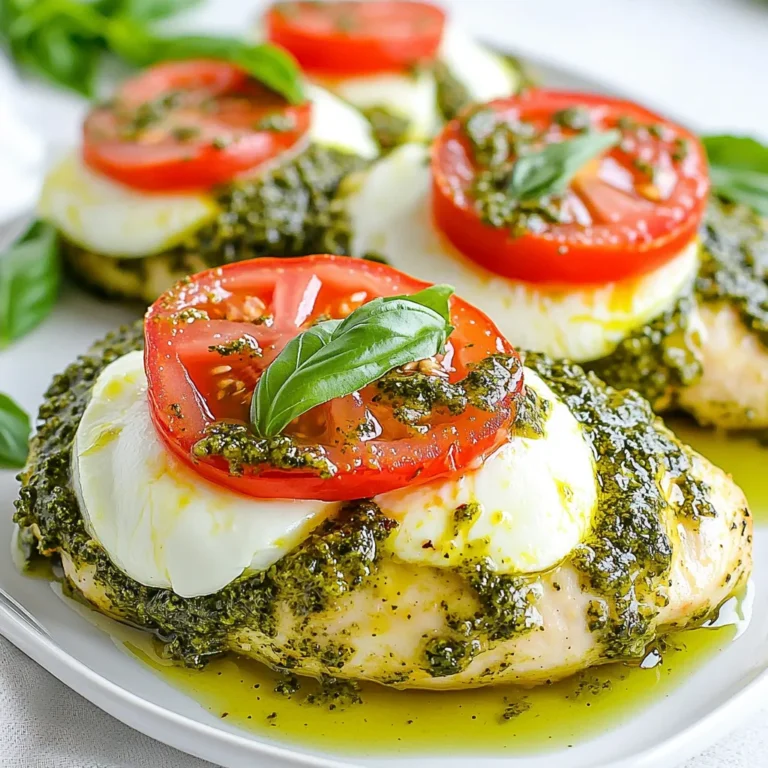 - 4 Hähnchenbrustfilets, ohne Knochen und Haut - 1 Tasse hausgemachtes oder gekauftes Pesto - 1 Tasse frischer Mozzarella, in Scheiben geschnitten - 2 große Tomaten, in Scheiben geschnitten Die Hauptzutaten sind einfach und frisch. Hähnchenbrustfilets sind mager und leicht zuzubereiten. Du kannst Pesto selbst machen oder im Laden kaufen. Frischer Mozzarella bringt einen tollen Geschmack. Tomaten fügen Frische hinzu. - 1 Esslöffel Olivenöl - Salz und Pfeffer nach Geschmack Olivenöl sorgt für einen reichen Geschmack und hilft beim Backen. Salz und Pfeffer sind die Grundgewürze. Sie heben den Geschmack des Hähnchens und der anderen Zutaten hervor. - Frische Basilikumblätter Basilikum ist das i-Tüpfelchen. Es bringt Farbe und frischen Geschmack. Du kannst die Blätter nach dem Backen darüber streuen. Das sieht nicht nur gut aus, es schmeckt auch besser. {{ingredient_image_2}} Heize deinen Ofen auf 190°C (375°F) vor. Das ist die perfekte Temperatur für unser Hühnchen. Der Ofen braucht etwa 10 Minuten, um die richtige Hitze zu erreichen. Nimm die Hähnchenbrustfilets und würze sie gleichmäßig mit Salz und Pfeffer. Das gibt Geschmack. Lege die gewürzten Filets in eine gefettete Auflaufform. Achte darauf, dass sie genug Platz haben. Jetzt kommt das Pesto. Löffle das Pesto gleichmäßig über jedes Hähnchenbrustfilet. Es sollte gut bedeckt sein. Lege dann die Mozzarellascheiben auf das Pesto. Danach schichte die Tomatenscheiben darauf. Decke die Auflaufform mit Aluminiumfolie ab. Backe das Hühnchen im vorgeheizten Ofen für 25-30 Minuten. Nach dieser Zeit entferne die Folie. Backe das Hühnchen für weitere 10-15 Minuten. Es sollte eine Innentemperatur von 75°C (165°F) erreichen. Der Käse wird schön sprudelnd und goldbraun. Nimm das Hühnchen nach dem Backen aus dem Ofen. Lass es einige Minuten ruhen. Bevor du es servierst, garniere es mit frischen Basilikumblättern. Das sieht toll aus und schmeckt frisch. Um saftiges und zartes Hühnchen zu erhalten, achte auf diese Tipps: - Wähle frische Hähnchenbrustfilets ohne Haut. - Lass das Hühnchen vor dem Kochen bei Raumtemperatur ruhen. - Würze das Fleisch gleichmäßig mit Salz und Pfeffer für vollen Geschmack. - Backe das Hühnchen bei der richtigen Temperatur, um es nicht auszutrocknen. - Verwende ein Fleischthermometer. Ziel ist eine Innentemperatur von 75°C. Hausgemachtes Pesto ist einfach und lecker. Hier ist eine einfache Anleitung: - Du brauchst frische Basilikumblätter, Pinienkerne, Parmesan, Knoblauch und Olivenöl. - Gib alle Zutaten in eine Küchenmaschine. - Mixe sie, bis eine glatte Paste entsteht. - Füge nach Bedarf mehr Olivenöl hinzu, um die gewünschte Konsistenz zu erreichen. - Schmecke das Pesto mit Salz und Pfeffer ab. Wenn du keinen Mozzarella hast, probiere diese Käsesorten: - Feta hat einen würzigen Geschmack und passt gut zu Tomaten. - Gouda kann das Gericht reichhaltig machen. - Ziegenkäse bringt eine cremige Textur mit. - Parmesan ist eine gute Wahl, um zusätzlichen Geschmack zu geben. Diese Tipps helfen dir, das Beste aus deinem Baked Pesto Caprese Chicken herauszuholen. Pro Tipps Hähnchen marinieren: Lasse die Hähnchenbrustfilets vor dem Würzen für mindestens 30 Minuten im Kühlschrank marinieren, um den Geschmack zu intensivieren. Pesto selbst machen: Wenn du Zeit hast, probiere, dein Pesto selbst herzustellen. Frische Zutaten verleihen dem Gericht eine besondere Note. Variationen beim Käse: Experimentiere mit verschiedenen Käsesorten wie Feta oder Gouda für einen anderen Geschmack. Zusätzliche Garnierung: Füge geröstete Pinienkerne oder Balsamico-Reduktion als Garnierung hinzu, um das Gericht noch attraktiver zu machen. {{image_4}} Du kannst deinem Baked Pesto Caprese Chicken noch mehr Geschmack verleihen, indem du Gemüse hinzufügst. Überlege, saisonales Gemüse zu nutzen, das du magst. Hier sind einige Vorschläge: - Zucchini, in Scheiben geschnitten - Paprika, gewürfelt - Spinat, frisch oder gefroren - Brokkoli, in kleine Röschen geteilt Das Gemüse kommt gut in den Auflauf. Es gibt dem Gericht Textur und frische Aromen. Wenn du Abwechslung möchtest, probiere andere Fleischsorten. Du kannst Rind oder Pute verwenden. Stelle sicher, dass du die Garzeit anpasst. - Für Rindfleisch: Verwende dünne Steaks und backe sie kürzer. - Für Pute: Nutze Putenbrustfilets und backe sie wie bei Hühnchen. Diese Optionen bringen neue Geschmäcker. Sie sind auch leicht anzupassen. Für eine pflanzenbasierte Variante gibt es viele tolle Ersatzprodukte. Du kannst das Hühnchen durch Tofuwürfel oder Seitan ersetzen. - Nutze veganes Pesto, das ohne Käse ist. - Verwende veganen Käse anstelle von Mozzarella. - Frische Tomaten bleiben gleich. So machst du ein leckeres veganes Gericht. Es ist einfach und voller Geschmack. Lagere Reste von Baked Pesto Caprese Chicken im Kühlschrank. Verwende einen luftdichten Behälter. So bleiben die Aromen frisch. Du kannst die Reste bis zu drei Tage aufbewahren. Stelle sicher, dass das Hühnchen gut abgekühlt ist, bevor du es hineinlegst. So vermeidest du Kondensation und Schimmel. Um das Gericht für später einzufrieren, lasse es zuerst abkühlen. Teile das Hühnchen in Portionen. Verwende gefriergeeignete Behälter oder Beutel. Drücke die Luft heraus, um Gefrierbrand zu vermeiden. So hält sich das Gericht bis zu drei Monate im Gefrierfach. Beschrifte die Behälter mit dem Datum, damit du weißt, wann du es gemacht hast. Um das Hühnchen aufzuwärmen, benutze den Ofen oder die Mikrowelle. Im Ofen erhitze es bei 180°C (350°F) für etwa 15 bis 20 Minuten. So bleibt das Hühnchen saftig. In der Mikrowelle kannst du es in kurzen Intervallen erwärmen. Achte darauf, es gleichmäßig zu erwärmen, damit es nicht austrocknet. Kontrolliere die Temperatur, um sicherzustellen, dass es durchgeheizt ist. Das Hühnchen sollte bei 190°C (375°F) für 25-30 Minuten gebacken werden. Decke die Auflaufform zuerst mit Aluminiumfolie ab. Nach 30 Minuten nimm die Folie ab und backe das Hühnchen für weitere 10-15 Minuten. So wird das Hühnchen zart und saftig. Die Backzeit kann variieren, also achte darauf, dass das Hühnchen gut durchgegart ist. Ja, frisches Pesto ist eine tolle Wahl. Es hat einen intensiven Geschmack und bringt mehr Frische in das Gericht. Frisches Pesto ist oft gesünder, da es keine Konservierungsstoffe hat. Wenn du Zeit hast, empfehle ich, dein Pesto selbst zu machen. Das gibt deinem Gericht eine persönliche Note. Die innere Temperatur des Hühnchens sollte 75°C (165°F) erreichen. Das ist wichtig für die Lebensmittelsicherheit. Du kannst ein Fleischthermometer benutzen, um sicher zu sein. Wenn das Hühnchen diese Temperatur hat, ist es sicher zu essen. Dieses Rezept mit Hähnchenbrust, Pesto, Mozzarella und Tomaten bietet viele Möglichkeiten. Wir haben die Hauptzutaten, Gewürze und Schritt-für-Schritt-Anleitung besprochen. Außerdem haben wir Tipps für die perfekte Zubereitung gegeben und Variationen untersucht, die deinem Gericht neuen Schwung geben. Du kannst das Rezept leicht anpassen, egal ob du Gemüse, andere Fleischsorten oder eine vegane Variante bevorzugst. Denke daran, wie wichtig die Lagerung von Resten ist. So bleibt dein Gericht frisch und lecker. Viel Spaß beim Kochen!