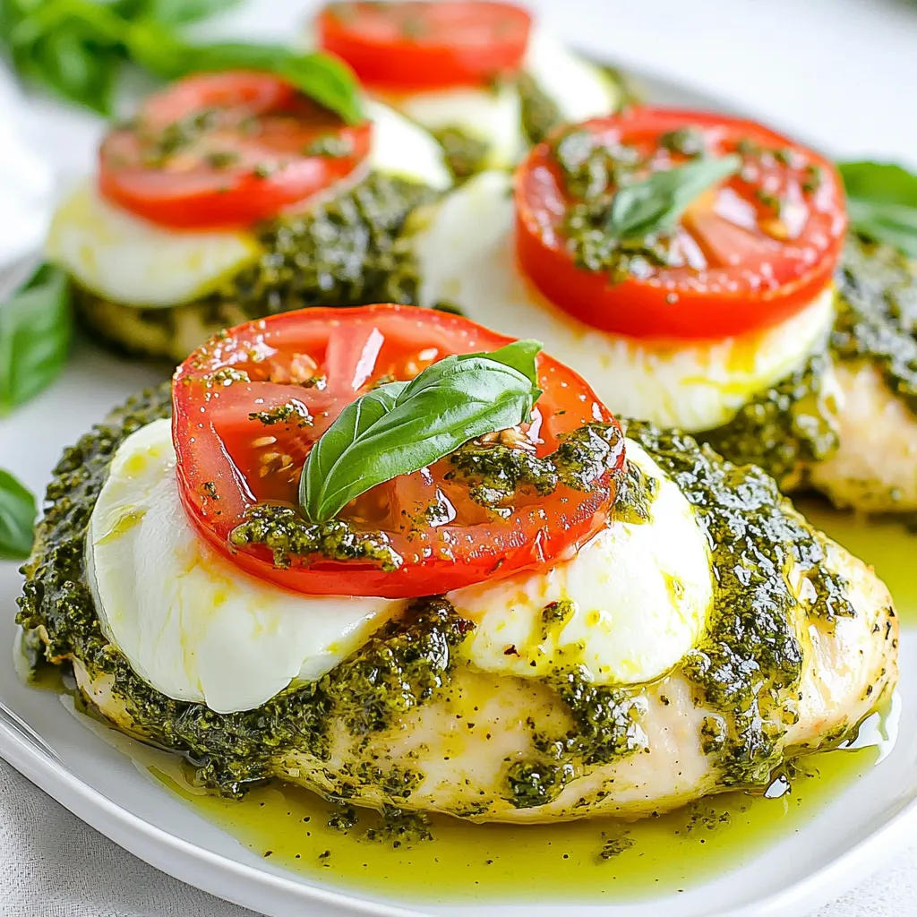- 4 Hähnchenbrustfilets, ohne Knochen und Haut - 1 Tasse hausgemachtes oder gekauftes Pesto - 1 Tasse frischer Mozzarella, in Scheiben geschnitten - 2 große Tomaten, in Scheiben geschnitten Die Hauptzutaten sind einfach und frisch. Hähnchenbrustfilets sind mager und leicht zuzubereiten. Du kannst Pesto selbst machen oder im Laden kaufen. Frischer Mozzarella bringt einen tollen Geschmack. Tomaten fügen Frische hinzu. - 1 Esslöffel Olivenöl - Salz und Pfeffer nach Geschmack Olivenöl sorgt für einen reichen Geschmack und hilft beim Backen. Salz und Pfeffer sind die Grundgewürze. Sie heben den Geschmack des Hähnchens und der anderen Zutaten hervor. - Frische Basilikumblätter Basilikum ist das i-Tüpfelchen. Es bringt Farbe und frischen Geschmack. Du kannst die Blätter nach dem Backen darüber streuen. Das sieht nicht nur gut aus, es schmeckt auch besser. {{ingredient_image_2}} Heize deinen Ofen auf 190°C (375°F) vor. Das ist die perfekte Temperatur für unser Hühnchen. Der Ofen braucht etwa 10 Minuten, um die richtige Hitze zu erreichen. Nimm die Hähnchenbrustfilets und würze sie gleichmäßig mit Salz und Pfeffer. Das gibt Geschmack. Lege die gewürzten Filets in eine gefettete Auflaufform. Achte darauf, dass sie genug Platz haben. Jetzt kommt das Pesto. Löffle das Pesto gleichmäßig über jedes Hähnchenbrustfilet. Es sollte gut bedeckt sein. Lege dann die Mozzarellascheiben auf das Pesto. Danach schichte die Tomatenscheiben darauf. Decke die Auflaufform mit Aluminiumfolie ab. Backe das Hühnchen im vorgeheizten Ofen für 25-30 Minuten. Nach dieser Zeit entferne die Folie. Backe das Hühnchen für weitere 10-15 Minuten. Es sollte eine Innentemperatur von 75°C (165°F) erreichen. Der Käse wird schön sprudelnd und goldbraun. Nimm das Hühnchen nach dem Backen aus dem Ofen. Lass es einige Minuten ruhen. Bevor du es servierst, garniere es mit frischen Basilikumblättern. Das sieht toll aus und schmeckt frisch. Um saftiges und zartes Hühnchen zu erhalten, achte auf diese Tipps: - Wähle frische Hähnchenbrustfilets ohne Haut. - Lass das Hühnchen vor dem Kochen bei Raumtemperatur ruhen. - Würze das Fleisch gleichmäßig mit Salz und Pfeffer für vollen Geschmack. - Backe das Hühnchen bei der richtigen Temperatur, um es nicht auszutrocknen. - Verwende ein Fleischthermometer. Ziel ist eine Innentemperatur von 75°C. Hausgemachtes Pesto ist einfach und lecker. Hier ist eine einfache Anleitung: - Du brauchst frische Basilikumblätter, Pinienkerne, Parmesan, Knoblauch und Olivenöl. - Gib alle Zutaten in eine Küchenmaschine. - Mixe sie, bis eine glatte Paste entsteht. - Füge nach Bedarf mehr Olivenöl hinzu, um die gewünschte Konsistenz zu erreichen. - Schmecke das Pesto mit Salz und Pfeffer ab. Wenn du keinen Mozzarella hast, probiere diese Käsesorten: - Feta hat einen würzigen Geschmack und passt gut zu Tomaten. - Gouda kann das Gericht reichhaltig machen. - Ziegenkäse bringt eine cremige Textur mit. - Parmesan ist eine gute Wahl, um zusätzlichen Geschmack zu geben. Diese Tipps helfen dir, das Beste aus deinem Baked Pesto Caprese Chicken herauszuholen. Pro Tipps Hähnchen marinieren: Lasse die Hähnchenbrustfilets vor dem Würzen für mindestens 30 Minuten im Kühlschrank marinieren, um den Geschmack zu intensivieren. Pesto selbst machen: Wenn du Zeit hast, probiere, dein Pesto selbst herzustellen. Frische Zutaten verleihen dem Gericht eine besondere Note. Variationen beim Käse: Experimentiere mit verschiedenen Käsesorten wie Feta oder Gouda für einen anderen Geschmack. Zusätzliche Garnierung: Füge geröstete Pinienkerne oder Balsamico-Reduktion als Garnierung hinzu, um das Gericht noch attraktiver zu machen. {{image_4}} Du kannst deinem Baked Pesto Caprese Chicken noch mehr Geschmack verleihen, indem du Gemüse hinzufügst. Überlege, saisonales Gemüse zu nutzen, das du magst. Hier sind einige Vorschläge: - Zucchini, in Scheiben geschnitten - Paprika, gewürfelt - Spinat, frisch oder gefroren - Brokkoli, in kleine Röschen geteilt Das Gemüse kommt gut in den Auflauf. Es gibt dem Gericht Textur und frische Aromen. Wenn du Abwechslung möchtest, probiere andere Fleischsorten. Du kannst Rind oder Pute verwenden. Stelle sicher, dass du die Garzeit anpasst. - Für Rindfleisch: Verwende dünne Steaks und backe sie kürzer. - Für Pute: Nutze Putenbrustfilets und backe sie wie bei Hühnchen. Diese Optionen bringen neue Geschmäcker. Sie sind auch leicht anzupassen. Für eine pflanzenbasierte Variante gibt es viele tolle Ersatzprodukte. Du kannst das Hühnchen durch Tofuwürfel oder Seitan ersetzen. - Nutze veganes Pesto, das ohne Käse ist. - Verwende veganen Käse anstelle von Mozzarella. - Frische Tomaten bleiben gleich. So machst du ein leckeres veganes Gericht. Es ist einfach und voller Geschmack. Lagere Reste von Baked Pesto Caprese Chicken im Kühlschrank. Verwende einen luftdichten Behälter. So bleiben die Aromen frisch. Du kannst die Reste bis zu drei Tage aufbewahren. Stelle sicher, dass das Hühnchen gut abgekühlt ist, bevor du es hineinlegst. So vermeidest du Kondensation und Schimmel. Um das Gericht für später einzufrieren, lasse es zuerst abkühlen. Teile das Hühnchen in Portionen. Verwende gefriergeeignete Behälter oder Beutel. Drücke die Luft heraus, um Gefrierbrand zu vermeiden. So hält sich das Gericht bis zu drei Monate im Gefrierfach. Beschrifte die Behälter mit dem Datum, damit du weißt, wann du es gemacht hast. Um das Hühnchen aufzuwärmen, benutze den Ofen oder die Mikrowelle. Im Ofen erhitze es bei 180°C (350°F) für etwa 15 bis 20 Minuten. So bleibt das Hühnchen saftig. In der Mikrowelle kannst du es in kurzen Intervallen erwärmen. Achte darauf, es gleichmäßig zu erwärmen, damit es nicht austrocknet. Kontrolliere die Temperatur, um sicherzustellen, dass es durchgeheizt ist. Das Hühnchen sollte bei 190°C (375°F) für 25-30 Minuten gebacken werden. Decke die Auflaufform zuerst mit Aluminiumfolie ab. Nach 30 Minuten nimm die Folie ab und backe das Hühnchen für weitere 10-15 Minuten. So wird das Hühnchen zart und saftig. Die Backzeit kann variieren, also achte darauf, dass das Hühnchen gut durchgegart ist. Ja, frisches Pesto ist eine tolle Wahl. Es hat einen intensiven Geschmack und bringt mehr Frische in das Gericht. Frisches Pesto ist oft gesünder, da es keine Konservierungsstoffe hat. Wenn du Zeit hast, empfehle ich, dein Pesto selbst zu machen. Das gibt deinem Gericht eine persönliche Note. Die innere Temperatur des Hühnchens sollte 75°C (165°F) erreichen. Das ist wichtig für die Lebensmittelsicherheit. Du kannst ein Fleischthermometer benutzen, um sicher zu sein. Wenn das Hühnchen diese Temperatur hat, ist es sicher zu essen. Dieses Rezept mit Hähnchenbrust, Pesto, Mozzarella und Tomaten bietet viele Möglichkeiten. Wir haben die Hauptzutaten, Gewürze und Schritt-für-Schritt-Anleitung besprochen. Außerdem haben wir Tipps für die perfekte Zubereitung gegeben und Variationen untersucht, die deinem Gericht neuen Schwung geben. Du kannst das Rezept leicht anpassen, egal ob du Gemüse, andere Fleischsorten oder eine vegane Variante bevorzugst. Denke daran, wie wichtig die Lagerung von Resten ist. So bleibt dein Gericht frisch und lecker. Viel Spaß beim Kochen!