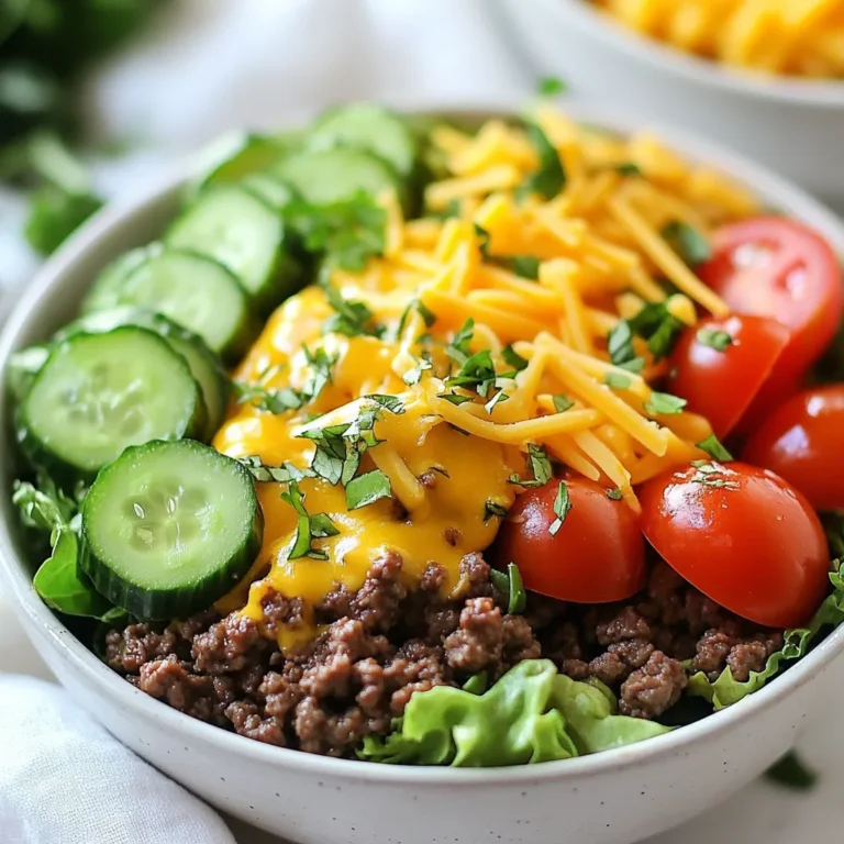 Für deine Loaded Burger Bowls brauchst du frische und schmackhafte Zutaten. Hier ist, was du brauchst: - 450 g Rinderhackfleisch (oder Truthahn für eine leichtere Option) - 1 Esslöffel Olivenöl - 200 g Salat (Römersalat oder Mischsalat) - 150 g Kirschtomaten, halbiert - 150 g Gurke, gewürfelt - 100 g Cheddar-Käse, gerieben - 1 Avocado, in Scheiben - 120 g gekochte Quinoa (optional, für zusätzliche Textur) Diese Zutaten bilden die Grundlage für deine Bowls. Das Rinderhackfleisch gibt den Hauptgeschmack, während die frischen Gemüsesorten für Farbe und Crunch sorgen. Die richtige Würze macht den Unterschied. Hier sind die Gewürze, die du benötigst: - 1 Teelöffel Knoblauchpulver - 1 Teelöffel Zwiebelpulver - 1 Teelöffel geräuchertes Paprikapulver - Salz und Pfeffer nach Geschmack - 120 g griechischer Joghurt oder Sauerrahm (für das Dressing) - 1 Esslöffel Dijon-Senf (für das Dressing) Diese Gewürze fügen Tiefe und Geschmack hinzu. Das Dressing aus Joghurt und Senf rundet alles ab und bringt Frische. Du kannst deine Burger Bowls ganz nach deinem Geschmack anpassen. Hier sind einige Vorschläge für zusätzliche Toppings: - Frische Kräuter wie Koriander oder Petersilie - Jalapeños für etwas Schärfe - Oliven für einen salzigen Kick - Tortillachips für extra Crunch Diese Extras machen deine Bowls noch aufregender. Experimentiere und finde deine perfekte Kombination! {{ingredient_image_2}} Zuerst bereite alle Zutaten vor. Du brauchst: - 450 g Rinderhackfleisch oder Truthahn - 1 Esslöffel Olivenöl - 1 Teelöffel Knoblauchpulver - 1 Teelöffel Zwiebelpulver - 1 Teelöffel geräuchertes Paprikapulver - Salz und Pfeffer nach Geschmack - 200 g Salat (Römersalat oder Mischsalat) - 150 g Kirschtomaten, halbiert - 150 g Gurke, gewürfelt - 100 g Cheddar-Käse, gerieben - 1 Avocado, in Scheiben - 60 g Gurken, gewürfelt - 120 g gekochte Quinoa (optional) - 120 g griechischer Joghurt oder Sauerrahm - 1 Esslöffel Dijon-Senf - Frische Kräuter zur Garnitur Wasche das Gemüse gründlich. Halbiere die Kirschtomaten und würfle die Gurke. Schneide die Avocado in Scheiben. Wenn du Quinoa verwendest, koche sie vorher. Erhitze das Olivenöl in einer großen Pfanne bei mittlerer bis hoher Hitze. Gib das Rinderhackfleisch oder den Truthahn in die Pfanne. Würze das Fleisch mit Knoblauchpulver, Zwiebelpulver, geräuchertem Paprikapulver, Salz und Pfeffer. Brate das Fleisch, bis es gebräunt und durchgegart ist. Das dauert etwa 7 bis 10 Minuten. Zerbrich das Fleisch während des Kochens mit einem Pfannenwender. So wird es gleichmäßig gar. Nun kommt der spaßige Teil: das Zusammenstellen der Bowls. Teile den vorbereiteten Salat gleichmäßig auf vier Schüsseln auf. Verteile das gebratene Fleisch gleichmäßig über den Salat in jeder Schüssel. Füge dann die halbierten Kirschtomaten, gewürfelte Gurke, geriebenen Cheddar, geschnittene Avocado und die Quinoa hinzu, falls du sie verwendest. Für das Dressing vermische den griechischen Joghurt oder Sauerrahm mit dem Dijon-Senf in einer kleinen Schüssel. Beträufle die Bowls großzügig mit diesem Dressing. Garniere die Bowls mit frischen Kräutern, um Farbe und Geschmack hinzuzufügen. Voilà! Deine Loaded Burger Bowls sind jetzt bereit zum Genießen. Um den besten Geschmack zu erzielen, achte auf die Gewürze. Verwende 1 Teelöffel Knoblauchpulver und 1 Teelöffel Zwiebelpulver. Das geräucherte Paprikapulver bringt eine rauchige Note. Salz und Pfeffer sind wichtig, um den Geschmack zu betonen. Probiere, die Gewürze nach dem Braten zu kosten. So findest du die perfekte Balance. Es gibt viele Wege, die Burger Bowls anzupassen. Für eine leichtere Option verwende Truthahn anstelle von Rinderhackfleisch. Du kannst die Bowls auch vegan machen. Ersetze das Fleisch durch schwarze Bohnen oder Linsen. Nutze einen pflanzlichen Joghurt anstelle von griechischem Joghurt. Für glutenfreie Bowls lasse die Quinoa weg oder verwende glutenfreie Varianten. Das Anrichten macht viel aus. Verwende bunte Schüsseln, um die Zutaten zur Geltung zu bringen. Lege den Salat als Basis und schichte dann das Fleisch und die Toppings. Garniere mit frischen Kräutern. Serviere die Bowls auf einem Holzbrett für einen rustikalen Look. Einige Tortillachips an die Seite geben einen knusprigen Kontrast. Pro Tipps Wähle das richtige Fleisch: Verwende hochwertiges Rinderhackfleisch oder mageren Truthahn, um den besten Geschmack und die beste Textur zu erzielen. Frische Zutaten: Nutze frisches Gemüse und Kräuter, um die Aromen der Bowls zu intensivieren und die Nährstoffe zu maximieren. Variiere die Gewürze: Experimentiere mit verschiedenen Gewürzen und Kräutern, um das Dressing nach deinem Geschmack anzupassen. Präsentation ist alles: Serviere die Bowls in bunten Schüsseln und füge eine farbenfrohe Garnitur hinzu, um das Gericht ansprechender zu gestalten. {{image_4}} Für meine vegetarischen Freunde mache ich gerne eine leckere Variante. Statt Rinderhackfleisch nutze ich schwarze Bohnen oder Linsen. Diese geben einen tollen Biss und sind reich an Proteinen. Ich würze sie mit Knoblauchpulver und geräuchertem Paprikapulver. Das macht sie richtig lecker. Dann füge ich frische Zutaten wie Kirschtomaten, Gurken und Avocado hinzu. Für den Geschmack benutze ich geriebenen Käse und das Dressing aus griechischem Joghurt. So bleibt der Genuss ganz hoch! Für alle, die auf Kohlenhydrate achten, habe ich auch eine Low-Carb-Version. Ich lasse die Quinoa weg und benutze stattdessen Blumenkohlreis. Blumenkohl hat wenig Kohlenhydrate und viel Geschmack. Das Rinderhackfleisch bleibt, aber ich wähle mageres Fleisch. Dann packe ich viel frischen Salat, Avocado und geriebenen Käse hinein. Das Dressing bleibt gleich, um den Geschmack nicht zu verlieren. So wird die Bowl leicht und frisch! Lust auf etwas Neues? Lass uns die internationalen Geschmacksrichtungen erkunden! Für eine mexikanische Note füge ich Jalapeños und frische Korianderblätter hinzu. Das passt perfekt zu Avocado und Käse. Für eine asiatische Variante benutze ich Sojasauce und Sesamöl im Dressing. Ich füge auch geröstete Erdnüsse und frische Frühlingszwiebeln hinzu. So wird jede Bowl zu einem kleinen Abenteuer. Experimentiere und finde deine Lieblingskombination! Um die Loaded Burger Bowls frisch zu halten, nutze luftdichte Behälter. Teile die Zutaten in separate Behälter auf. So bleibt der Salat knusprig und das Fleisch saftig. Lagere die Bowls im Kühlschrank. So sind sie bis zu drei Tage haltbar. Vermeide es, das Dressing vorab hinzuzufügen. Das hält alles frisch. Du kannst die Bowls leicht im Voraus vorbereiten. Koche das Rinderhackfleisch und lasse es abkühlen. Bereite auch die Quinoa vor. Diese Schritte sparen Zeit bei der Zubereitung. Wasche und schneide das Gemüse. Bewahre alles getrennt auf. So bleibt der Geschmack frisch, wenn du bereit bist zu essen. Die Loaded Burger Bowls sind bis zu drei Tage haltbar. Reste kannst du für andere Gerichte nutzen. Mische das Fleisch mit Reis für ein schnelles Mittagessen. Oder verwende das Gemüse in einem Salat. Du kannst auch alles zusammen in einer neuen Bowl anrichten. So bleibt das Essen spannend und lecker. Um die Bowls vegan zu machen, ersetze das Rinderhackfleisch durch pflanzliches Hack. Du kannst Produkte aus Soja oder Linsen verwenden. Diese bieten eine großartige Textur und Geschmack. Für das Dressing nutze pflanzlichen Joghurt. Das gibt dir die gleiche Cremigkeit. Stelle sicher, dass dein Käse vegan ist oder lasse ihn ganz weg. Füge mehr Gemüse oder Hülsenfrüchte hinzu, um die Nährstoffe zu steigern. Ja, du kannst Geflügel wie Truthahn verwenden. Es hat weniger Fett und ist eine gute Option. Das Kochen bleibt gleich, aber achte auf die Garzeit. Truthahn braucht vielleicht weniger Zeit. Achte darauf, das Fleisch gut zu würzen. Die Gewürze machen einen großen Unterschied im Geschmack. Die Burger Bowls sind im Kühlschrank etwa drei Tage haltbar. Stelle sicher, dass sie in einem luftdichten Behälter sind. Wenn du die Bowls länger aufbewahren möchtest, kannst du die Zutaten getrennt lagern. Das hilft, die Frische zu bewahren. Du kannst die Bowls auch einfrieren, aber das Gemüse könnte weich werden. In diesem Artikel haben wir die wichtigesten Zutaten für Loaded Burger Bowls besprochen. Du hast erfahren, wie man die Hauptzutaten und Gewürze auswählt. Außerdem gab es einige tolle Tipps für Toppings und Anrichten. Meine Schlussfolgerung: Diese Bowls sind einfach zuzubereiten und lassen sich leicht abwandeln. Ob du vegetarisch oder low-carb willst, Optionen gibt es viele. Nutze die Lagerungshinweise, um Reste clever zu verwerten. Experimentiere mit verschiedenen Geschmäckern und finde deine perfekte Bowl!
