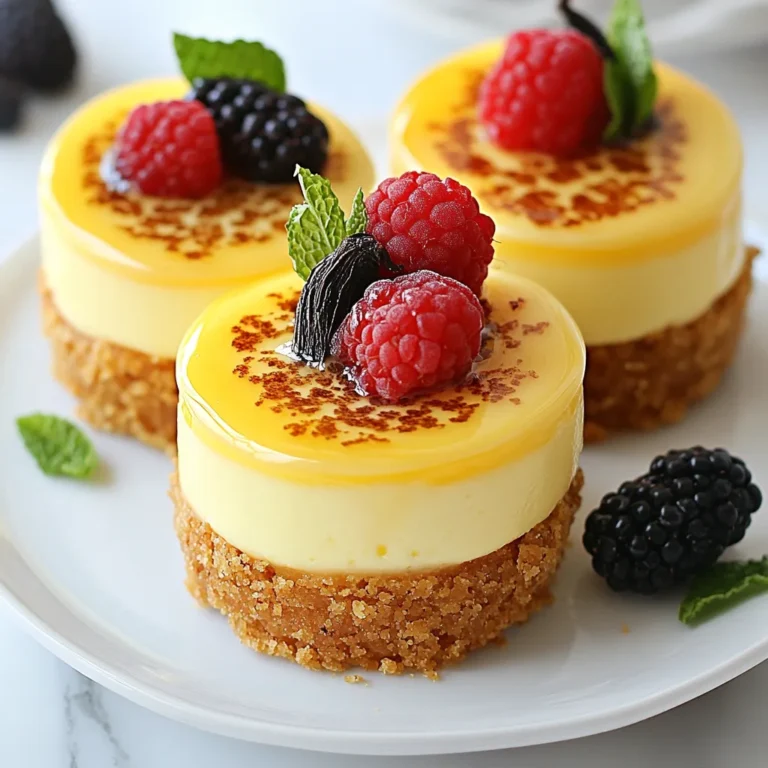 - 1 Tasse zerbröselte Digestive-Kekse - 4 Esslöffel ungesalzene Butter, geschmolzen - 225 g Frischkäse, weich - 100 g Kristallzucker - 1 Teelöffel Vanilleextrakt - 1 Vanilleschote, ausgekratzte Samen - 2 große Eier - 240 ml Schlagsahne - 2 Esslöffel brauner Zucker (für das Topping) - Frische Beeren (zur Garnierung, optional) Ich liebe es, diese Zutaten zusammenzustellen. Die Digestive-Kekse geben einen tollen Geschmack. Die geschmolzene Butter verbindet alles perfekt. Frischkäse ist der Hauptbestandteil. Er macht die Füllung schön cremig. Der Kristallzucker sorgt für die nötige Süße. Vanilleextrakt und Vanilleschote bringen das Aroma. Die Eier helfen, die Füllung zu binden. Schlagsahne bringt Leichtigkeit in die Masse. Brauner Zucker wird für das Topping verwendet. Frische Beeren sind eine schöne Garnitur. Sie verleihen Farbe und Frische. - Rührschüssel - Elektrischer Mixer - Spatel - Backform - Küchenbrenner Diese Küchenutensilien sind einfach zu finden. Eine Rührschüssel ist wichtig für die Mischung. Der elektrische Mixer macht das Rühren leicht. Ein Spatel hilft, die Füllung glatt zu streichen. Eine Backform ist nötig für das Wasserbad. Der Küchenbrenner sorgt für die knusprige Kruste. - Frischkäse auf Raumtemperatur bringen - Die richtige Konsistenz der Schlagsahne prüfen Frischkäse sollte weich sein. So lässt er sich gut vermischen. Prüfe die Schlagsahne, bevor du sie hinzufügst. Sie sollte weiche Spitzen bilden. So wird die Füllung perfekt leicht. {{ingredient_image_2}} Zuerst vermische ich die zerbröselten Digestive-Kekse mit der geschmolzenen Butter. Ich rühre gut, bis die Brösel gleichmäßig mit der Butter überzogen sind. Dann teile ich die Keks-Mischung auf sechs Dessertbecher auf. Ich drücke die Mischung fest nach unten, um einen stabilen Boden zu formen. Das gibt uns die perfekte Grundlage für unsere Käsekuchenfüllung. In einer anderen Schüssel mische ich den weichen Frischkäse mit dem Kristallzucker. Ich schlage die Mischung mit einem elektrischen Mixer, bis sie cremig ist. Danach füge ich den Vanilleextrakt und die ausgekratzten Samen der Vanilleschote hinzu. Ich rühre alles gut um. Dann arbeite ich die Eier nacheinander ein und schlage die Mischung gründlich. So wird die Füllung schön glatt. Jetzt fülle ich die Becher mit der Käsekuchenfüllung. Ich löffele die Mischung über die Kekse und glätte die Oberseiten. Ich heize den Ofen auf 160°C vor und stelle die Becher in eine Auflaufform. Dann fülle ich die Form mit heißem Wasser, sodass es bis zur Hälfte der Becher reicht. Ich backe sie für etwa 25 bis 30 Minuten. Die Ränder sollten fest sein, während die Mitte leicht wackelig bleibt. Nach dem Backen lasse ich die Becher eine Stunde bei Raumtemperatur abkühlen. Danach kommen sie für mindestens vier Stunden in den Kühlschrank. So wird die Textur perfekt. - Hinweise zur Schlagsahne: Schlage die Sahne, bis sie weiche Spitzen hat. So bleibt sie leicht und luftig. Achte darauf, die Sahne nicht zu lange zu schlagen. Sonst wird sie butterartig. - Eier sorgfältig einarbeiten: Füge die Eier einzeln zur Käsekuchenfüllung hinzu. Schlage die Mischung nach jedem Ei gut durch. So wird die Füllung gleichmäßig und cremig. - Nutzung des Küchenbrenners: Streue eine dünne Schicht braunen Zucker auf die Oberseite. Halte den Brenner etwa 5 cm über dem Zucker. Bewege ihn in kleinen Kreisen, um gleichmäßige Hitze zu verteilen. - Tipps für eine gleichmäßige Karamellisierung: Achte darauf, dass der Zucker gleichmäßig geschmolzen wird. Wenn du Stellen siehst, die nicht karamellisiert sind, gehe nochmals darüber. - Garnierungen und Präsentation: Verwende frische Beeren oder Minzblätter als Garnierung. Das gibt Farbe und Frische. Achte darauf, die Becher sauber zu halten, um einen schönen Look zu erzielen. - Tipps für die perfekte Portionierung: Verwende einen Spatel, um die Käsekuchenfüllung gleichmäßig zu glätten. So sehen die Becher nicht nur toll aus, sie sind auch einfacher zu essen. Pro Tipps Perfekte Textur: Um die perfekte cremige Konsistenz zu erreichen, stelle sicher, dass der Frischkäse weich und bei Raumtemperatur ist, bevor du ihn mit dem Zucker verrührst. Wasserbad: Das Backen im Wasserbad verhindert, dass die Käsekuchenfüllung austrocknet und sorgt für eine gleichmäßige Backtemperatur. Schlagsahne: Schlage die Sahne nur bis zu weichen Spitzen, um sicherzustellen, dass sie beim Unterheben nicht zusammenfällt und die Füllung luftig bleibt. Zuckerkaramellisieren: Sei vorsichtig beim Karamellisieren des Zuckers mit dem Küchenbrenner, um ein Anbrennen zu vermeiden. Halte den Brenner in Bewegung, um eine gleichmäßige Bräunung zu erreichen. {{image_4}} Ich liebe es, fruchtige Variationen zu kreieren. Himbeer- oder Erdbeer-Käsekuchenbecher sind eine tolle Idee. Du kannst einfach frisches Fruchtpüree in die Käsekuchenfüllung geben. Das bringt fruchtige Frische und Farbe. Wenn du die Becher füllst, mische das Püree gut unter. So bekommt jede Portion einen fruchtigen Kick. Garniere die Becher mit frischen Beeren für das perfekte Finish. Wenn du glutenfrei essen möchtest, gibt es auch eine tolle Option. Du kannst die Keksböden aus glutenfreien Zutaten machen. Suche nach glutenfreien Keksalternativen in deinem Laden. Mische sie wie gewohnt mit der geschmolzenen Butter. So kannst du die leckeren Käsekuchenbecher ohne Gluten genießen. Die Textur bleibt dabei gleich lecker und knusprig. Eine schokoladige Abwandlung ist ebenfalls möglich. Du kannst Schokoladenstückchen oder Kakao zur Füllung hinzufügen. Das gibt dem Käsekuchen einen reichen, schokoladigen Geschmack. Wenn du Kakao hinzufügst, mische ihn gut unter die Käsekuchenfüllung. So wird jeder Biss ein schokoladiges Vergnügen. Diese Variation ist perfekt für Schokoladenliebhaber. Um die Käsekuchenbecher frisch zu halten, lagere sie im Kühlschrank. Stelle sicher, dass sie in einem luftdichten Behälter sind. So bleiben sie köstlich und feucht. Diese Becher sind bis zu fünf Tage haltbar. Nach dieser Zeit könnte der Geschmack leiden. Überprüfe beim Verzehr die Frische. Wenn sie gut riechen und gut aussehen, sind sie noch genießbar. Du kannst die Becher auch einfrieren. Hier ist eine einfache Schritt-für-Schritt-Anleitung: 1. Lass die Becher vollständig abkühlen. 2. Decke jeden Becher mit Frischhaltefolie ab. 3. Stelle die Becher in einen gefrierfesten Behälter. 4. Friere sie für bis zu zwei Monate ein. Wenn du die Becher auftauen willst, nimm sie einfach aus dem Gefrierfach. Lasse sie über Nacht im Kühlschrank auftauen. So bleibt die Textur schön. Vermeide es, sie bei Raumtemperatur auftauen zu lassen. Das könnte die Qualität beeinträchtigen. Wenn du die Becher am Vortag zubereiten willst, ist das eine tolle Idee! Du kannst den Boden und die Füllung am Vortag machen. Fülle die Becher und lasse sie dann im Kühlschrank ruhen. Das verbessert den Geschmack. Vor dem Servieren kannst du das Topping anbringen. So sparst du Zeit und kannst sie frisch anbieten. Die Kühlzeit ist sehr wichtig. Nach dem Backen müssen die Käsekuchenbecher mindestens vier Stunden im Kühlschrank ruhen. So wird die Textur schön cremig. Ein längeres Kühlen über Nacht ist sogar noch besser. So können die Aromen gut durchziehen und die Becher werden fest. Ja, du kannst die Zuckermenge anpassen. Wenn du es süßer magst, füge mehr Kristallzucker hinzu. Beginne mit einem zusätzlichen Esslöffel und probiere die Mischung. Wenn du es weniger süß magst, verringere den Zucker. Denke daran, dass auch der braune Zucker für das Topping zählt. Wenn die Oberfläche nicht gleichmäßig aussieht, sei nicht besorgt. Achte darauf, dass du den Zucker gleichmäßig streust. Halte den Küchenbrenner in einem Abstand von etwa 10 cm zur Oberfläche. Bewege den Brenner langsam hin und her. So karamelisiert der Zucker gleichmäßig und wird schön knusprig. Die Zubereitung von Käsekuchenbechern ist einfach und macht viel Spaß. Wir haben die wichtigen Zutaten besprochen, die Schritte zur Zubereitung sowie tolle Tipps für perfekte Ergebnisse. Denke daran, die Frischkäsefüllung gut zu mischen und die Schlagsahne sorgfältig zu prüfen. Probiere verschiedene Variationen aus, um deinen Favoriten zu finden. Mit den richtigen Lagerungshinweisen bleiben sie frisch und lecker. So kannst du die köstlichen Ergebnisse genießen, wann immer du willst. Experimentiere und habe Freude beim Backen!