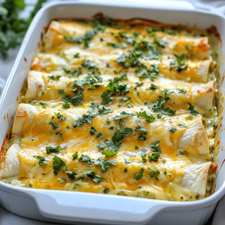 - 2 Tassen gekochtes Hühnchen, zerkleinert - 1 Tasse Frischkäse, weichgerührt - 1 Tasse saure Sahne - 1 Tasse geriebener Monterey Jack Käse, plus extra für das Topping - 1 Dose (10 oz) grüne Enchiladasoße - 8 Weizentortillas - 1 Teelöffel Knoblauchpulver - 1 Teelöffel Zwiebelpulver - Salz und Pfeffer nach Geschmack - Frischer Koriander, gehackt (zum Garnieren) Um das beste Ergebnis zu erzielen, verwende frische Zutaten. Gekochtes Hühnchen ist der Hauptbestandteil. Es gibt ihm Geschmack und Textur. Frischkäse und saure Sahne machen die Füllung cremig. Monterey Jack Käse sorgt für einen tollen Schmelz und Geschmack. Die Gewürze sind einfach. Knoblauchpulver und Zwiebelpulver geben Tiefe. Salz und Pfeffer schmecken die Mischung ab. Die grüne Enchiladasoße bringt Frische und Würze. Sie ist der Star der Show. Die Weizentortillas halten alles zusammen. Sie sind weich und lecker. Verwende frischen Koriander zum Garnieren. Er bringt Farbe und Geschmack. Jedes Element trägt zur Gesamtqualität bei. Diese Zutaten sind leicht zu finden. Sie machen dein Essen besonders. {{ingredient_image_2}} Heize deinen Ofen auf 175°C vor. Das ist der erste Schritt und sehr wichtig. Während der Ofen wärmt, kannst du die Hühnchenmischung machen. Nimm eine große Schüssel und füge die Zutaten hinzu: - 2 Tassen gekochtes Hühnchen, zerkleinert - 1 Tasse Frischkäse, weichgerührt - 1 Tasse saure Sahne - 1 Tasse geriebener Monterey Jack Käse - 1 Teelöffel Knoblauchpulver - 1 Teelöffel Zwiebelpulver - Salz und Pfeffer nach Geschmack Rühre alles gut um, bis die Mischung cremig aussieht. Achte darauf, dass die Zutaten gleichmäßig verteilt sind. Für die Sauce gieße die Hälfte der grünen Enchiladasoße auf den Boden einer Auflaufform. Diese Soße macht die Enchiladas saftig und lecker. Nimm eine Weizentortilla und lege einen Löffel von der Hühnchenmischung in die Mitte. Rolle die Tortilla straff auf. Lege die gerollte Tortilla mit der Naht nach unten in die Auflaufform. Wiederhole diesen Schritt mit allen Tortillas. Achte darauf, dass sie nah beieinander liegen. So wird alles gleichmäßig gebacken und bleibt warm. Sobald alle Tortillas in der Form liegen, gieße die restliche Enchiladasoße gleichmäßig darüber. Streue dann zusätzlichen geriebenen Monterey Jack Käse auf die Oberseite. Dadurch wird die Käsekruste schön knusprig. Decke die Auflaufform mit Aluminiumfolie ab. Backe die Enchiladas für 20 Minuten. Entferne dann die Folie und backe sie weitere 10 Minuten. So erhält der Käse eine goldbraune Farbe. Lass die Enchiladas nach dem Backen für 5 Minuten abkühlen. So können sie sich setzen und sind leichter zu servieren. Vor dem Servieren kannst du etwas frischen Koriander darüber streuen. Das gibt einen tollen frischen Geschmack! Um die besten Enchiladas zu machen, benutze frisches Gemüse und Kräuter. Frischer Koriander ist eine tolle Wahl. Er gibt den Enchiladas einen frischen Geschmack. Auch Zwiebeln und Paprika sind gute Ergänzungen. Du kannst sie anbraten und zur Füllung hinzufügen. Wenn du keine Lust auf Frischkäse oder saure Sahne hast, probiere griechischen Joghurt. Er sorgt für eine ähnliche cremige Textur. Eine andere Option ist Quark. Er hat einen milden Geschmack und ist gesünder. Ein häufiges Problem beim Zubereiten der Enchiladas ist das Überfüllen. Wenn du zu viel Füllung nimmst, lassen sich die Tortillas nicht gut rollen. Achte darauf, nur einen Esslöffel Füllung pro Tortilla zu verwenden. Um die Konsistenz der Füllung anzupassen, füge etwas mehr Frischkäse oder Joghurt hinzu. So wird die Mischung cremiger. Wenn sie zu trocken ist, dann ist das auch nicht gut. Achte darauf, dass die Füllung nicht zu flüssig wird. Pro Tipps Hühnchen vorbereiten: Verwenden Sie übrig gebliebenes Hühnchen oder Hähnchenkeulen für eine schnellere Zubereitung und zusätzlichen Geschmack. Würze anpassen: Experimentieren Sie mit verschiedenen Gewürzen wie Paprika oder Kreuzkümmel, um dem Gericht eine persönliche Note zu verleihen. Käsevariationen: Probieren Sie andere Käsesorten wie Pepper Jack oder Cheddar für einen anderen Geschmack und Schmelz. Vorsicht beim Backen: Achten Sie darauf, die Folie nach der Hälfte der Backzeit zu entfernen, damit der Käse schön goldbraun wird. {{image_4}} Es gibt viele Möglichkeiten, um diese leckeren Enchiladas gesünder zu machen. - Low-Carb oder glutenfreie Optionen: Verwenden Sie Blumenkohl-Tortillas oder Zucchini-Scheiben anstelle von Weizentortillas. Das reduziert die Kohlenhydrate und macht die Gerichte leichter. - Vegetarische Variante mit Bohnen oder Gemüse: Ersetzen Sie das Hühnchen durch schwarze Bohnen oder eine Mischung aus Paprika, Zucchini und Spinat. Das sorgt für einen tollen Geschmack und macht die Enchiladas nahrhaft. Um die Aromen zu ändern, können Sie ein paar einfache Tricks anwenden. - Hinzufügen von Gewürzen für zusätzliche Schärfe: Fügen Sie Chili-Pulver oder Jalapeños zur Füllung hinzu. Diese Gewürze bringen mehr Hitze und Geschmack in die Enchiladas. - Verwendung verschiedener Käsesorten: Probieren Sie Cheddar oder Pepper Jack Käse für einen anderen Geschmack. Jeder Käse bringt seine eigene Note. Wenn du Reste von deinen Enchiladas hast, bewahre sie im Kühlschrank auf. Lege sie in einen luftdichten Behälter. So bleiben sie frisch und lecker. Du kannst sie bis zu vier Tage im Kühlschrank aufbewahren. Achte darauf, die Enchiladas vor dem Servieren zu erwärmen. Du kannst sie in der Mikrowelle oder im Ofen aufwärmen. Überprüfe die Temperatur, bis sie heiß sind. Wenn du die Enchiladas länger aufbewahren möchtest, friere sie ein. Zuerst lass sie vollständig abkühlen. Lege sie dann in einen gefriergeeigneten Behälter oder verwende Gefrierbeutel. Vergiss nicht, das Datum auf den Beutel zu schreiben. So weißt du, wann du sie eingefroren hast. Die Enchiladas halten bis zu drei Monate im Gefrierfach. Um sie aufzutauen, lege die Enchiladas einfach über Nacht in den Kühlschrank. Du kannst sie auch direkt im Ofen bei niedriger Temperatur aufwärmen. So bleiben sie saftig und lecker. Um die Enchiladas würziger zu machen, können Sie einige Zutaten hinzufügen. Eine gute Idee ist, frische Jalapeños in die Füllung zu mischen. Sie geben einen tollen Kick. Außerdem können Sie auch Chilipulver oder Paprika verwenden. Diese Gewürze bringen Geschmack und Wärme. Eine weitere Option ist, scharfe Salsa anstelle der grünen Enchiladasoße zu nutzen. Vergessen Sie nicht, die Menge nach Ihrem Geschmack zu justieren. Ja, Sie können die Füllung im Voraus vorbereiten. Das spart Zeit, wenn Sie die Enchiladas machen wollen. Mischen Sie einfach das Hühnchen, den Frischkäse, die saure Sahne und die Gewürze in einer Schüssel. Decken Sie die Schüssel dann ab und stellen Sie sie in den Kühlschrank. Sie können dies bis zu zwei Tage im Voraus tun. Vor dem Füllen der Tortillas sollten Sie die Mischung gut umrühren und eventuell etwas aufwärmen. Es gibt viele leckere Beilagen, die gut zu Enchiladas passen. Ein frischer grüner Salat mit Tomaten und Avocado ist eine gute Wahl. Er gibt einen schönen Kontrast zu den cremigen Enchiladas. Auch Reis, besonders mit Limette und Koriander gewürzt, passt gut. Eine Bohnenbeilage kann ebenfalls eine tolle Ergänzung sein. Probieren Sie auch Guacamole oder Salsa, um zusätzliche Frische zu bieten. In diesem Artikel lagen die Hauptpunkte auf Zutaten, Schritt-für-Schritt-Anleitung und Tipps zur Zubereitung. Du hast gelernt, wie man die perfekten Enchiladas macht, von der Vorbereitung der Füllung bis zur Auswahl gesunder Variationen. Achte darauf, frische Zutaten zu nutzen und häufige Fehler zu vermeiden. Experimentiere mit verschiedenen Geschmäckern und kreiere deine eigenen Lieblingsrezepte. Mit der richtigen Lagerung bleiben deine Enchiladas auch nach dem Kochen lecker. Wage es, kreativ zu sein, und genieße dein selbstgemachtes Essen!