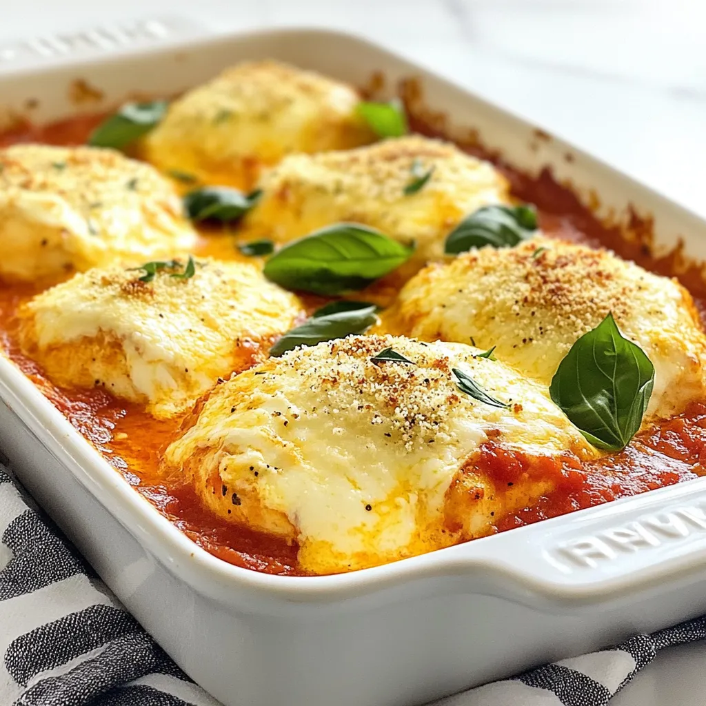 - 4 Hähnchenbrustfilets (ohne Knochen und Haut) - 240 ml Marinara-Sauce - 200 g geriebener Mozzarella-Käse Die Hauptzutaten für den Mozzarella Chicken Bake sind einfach und frisch. Die Hähnchenbrustfilets sind die Basis des Gerichts. Sie sind zart und saftig. Für den Geschmack nutzen wir Marinara-Sauce. Sie bringt eine leckere Tomatennote hinein. Der geriebene Mozzarella-Käse sorgt für den cremigen, schmelzenden Genuss, den wir alle lieben. - 1 Esslöffel Olivenöl - 1 Teelöffel Knoblauchpulver - 1 Teelöffel italienische Gewürzmischung - Salz und Pfeffer nach Geschmack Die Gewürze sind der Schlüssel zu einem tollen Geschmack. Olivenöl hilft, das Hähnchen schön anzubraten. Knoblauchpulver gibt dem Gericht eine tolle Tiefe. Die italienische Gewürzmischung bringt Aromen wie Oregano und Thymian. Salz und Pfeffer runden alles ab und machen es perfekt. - 50 g geriebener Parmesan-Käse - Frische Basilikumblätter zur Garnierung Die Garnitur macht das Gericht noch besser. Geriebener Parmesan-Käse bringt einen würzigen Kick. Frische Basilikumblätter sorgen für Farbe und Aroma. Zusammen geben sie dem Mozzarella Chicken Bake das perfekte Finish. So sieht das Gericht nicht nur toll aus, es schmeckt auch fantastisch! {{ingredient_image_2}} Heize deinen Ofen auf 190°C (375°F) vor. Das ist wichtig für ein gutes Ergebnis. Nimm die Hähnchenbrustfilets und würze sie gut. Verwende Knoblauchpulver, italienische Gewürzmischung, Salz und Pfeffer. So verleihst du dem Hähnchen einen tollen Geschmack. Erhitze in einer großen Pfanne einen Esslöffel Olivenöl bei mittlerer Hitze. Lege die gewürzten Hähnchenbrustfilets in die Pfanne. Brate sie etwa 4 bis 5 Minuten auf jeder Seite an. Das Hähnchen sollte eine goldbraune Oberfläche haben. Es muss nicht ganz durchgegart sein, da es im Ofen weiter gart. Nimm das Hähnchen aus der Pfanne und lege es in eine Auflaufform. Gieße die Marinara-Sauce gleichmäßig über die Filets. Achte darauf, dass sie vollständig bedeckt sind. Bestreue die Sauce mit dem geriebenen Mozzarella und dem Parmesan-Käse. Decke die Auflaufform mit Aluminiumfolie ab und backe sie 20 Minuten im Ofen. Nach 20 Minuten nimm die Folie ab und backe das Gericht weitere 15 bis 20 Minuten. Der Käse sollte sprudelnd und goldbraun sein. Prüfe die Innentemperatur des Hähnchens. Sie sollte 75°C (165°F) erreichen. Lass das Gericht dann einige Minuten abkühlen, bevor du es servierst. Die perfekte Bräunung zeigt sich, wenn der Käse goldbraun und sprudelnd ist. Dies geschieht nach etwa 15 bis 20 Minuten ohne Folie. Die Innentemperatur des Hähnchens muss 75°C erreichen. So bleibt das Fleisch zart und saftig. Du kannst Gemüse oder frische Kräuter zur Marinara-Sauce hinzufügen. Zucchini oder Paprika bringen Farbe und Geschmack. Für Käsealternativen probiere Cheddar oder Gouda. Diese Käse geben dem Gericht einen neuen Twist. Ein frisches Baguette passt perfekt, um die köstliche Sauce aufzutunken. Du kannst den Auflauf direkt in der Form servieren. Dekoriere ihn mit frischen Basilikumblättern für das Auge. So wird das Gericht besonders ansprechend. Pro Tipps Hähnchen marinieren: Lassen Sie die Hähnchenbrustfilets vor dem Anbraten für mindestens 30 Minuten in der Marinara-Sauce marinieren, um den Geschmack zu intensivieren. Käsevariation: Experimentieren Sie mit verschiedenen Käsesorten, wie Gouda oder Provolone, um Ihrem Auflauf eine besondere Note zu verleihen. Gemüse hinzufügen: Fügen Sie geschnittenes Gemüse wie Zucchini oder Paprika zwischen das Hähnchen und die Sauce hinzu, um mehr Farbe und Nährstoffe zu integrieren. Resteverwertung: Verwenden Sie übrig gebliebenen Auflauf für ein schnelles Mittagessen. Einfach aufwärmen und mit frischem Brot servieren. {{image_4}} Für eine mediterrane Note füge einfach Oliven und Feta-Käse hinzu. Diese Zutaten bringen einen salzigen und herzhaften Geschmack. Du kannst schwarze oder grüne Oliven verwenden, je nach Vorliebe. Zerbröckle den Feta-Käse und streue ihn über die Hähnchenbrust und die Marinara-Sauce. Diese Mischung wird deinen Auflauf noch schmackhafter machen. Wenn du es scharf magst, probiere die scharfe Variante. Verwende scharfe Marinara-Sauce oder füge Chili-Flocken hinzu. Dies gibt deinem Gericht einen extra Kick. Achte darauf, die Menge an Chili nach deinem Geschmack anzupassen. So wird das Gericht spannend und aufregend. Für eine Low-Carb-Option kannst du die Hähnchenbrust durch Zucchini-Nudeln ersetzen. Zucchini-Nudeln sind leicht und gesund. Sie nehmen die Aromen der Sauce gut auf. Stelle sicher, dass du die Zucchini-Nudeln vor dem Backen gut abtropfen lässt, damit sie nicht zu wässrig werden. So bleibt dein Gericht köstlich und sättigend. Nach dem Kochen bleibt der Mozzarella Hühnchen Auflauf frisch, wenn du die Reste in luftdichten Behältern aufbewahrst. Stelle sicher, dass der Auflauf vollständig abgekühlt ist, bevor du ihn in den Behälter gibst. So bleibt der Geschmack erhalten. Du kannst ihn bis zu drei Tage im Kühlschrank lagern. Wenn du den Auflauf länger aufbewahren möchtest, kannst du ihn einfrieren. Lass den Auflauf zuerst abkühlen. Teile ihn in Portionen auf und lege diese in gefriergeeignete Behälter oder Beutel. So bleibt die Qualität besser. Der Auflauf kann bis zu drei Monate im Gefrierfach bleiben. Zum Auftauen lege ihn einfach über Nacht in den Kühlschrank. Um den Auflauf wieder aufzuwärmen, verwende den Ofen für die beste Textur. Heize den Ofen auf 180°C (350°F) vor. Decke den Auflauf mit Aluminiumfolie ab, damit er gleichmäßig warm wird. Backe ihn für etwa 20 Minuten, bis er heiß ist. Du kannst auch die Mikrowelle verwenden, aber achte darauf, dass er nicht austrocknet. Ein Spritzer Wasser hilft, die Feuchtigkeit zu halten. H2 - Häufig gestellte Fragen (FAQs) H3 - Wie lange muss man den Mozzarella Hühnchen Auflauf backen? Der Mozzarella Hühnchen Auflauf braucht insgesamt etwa 35 bis 40 Minuten im Ofen. Zuerst backen Sie ihn für 20 Minuten mit Folie. Danach entfernen Sie die Folie und backen ihn weitere 15 bis 20 Minuten. So wird der Käse schön goldbraun und sprudelnd. Achten Sie darauf, dass das Hähnchen eine Innentemperatur von 75°C erreicht. H3 - Kann ich frisches Hähnchen anstelle von gefrorenem verwenden? Ja, frisches Hähnchen ist ideal. Es kocht schneller und hat einen besseren Geschmack. Wenn Sie gefrorenes Hähnchen verwenden, lassen Sie es vorher vollständig auftauen. Dies hilft, eine gleichmäßige Garzeit zu erreichen. Ansonsten kann es länger dauern, bis das Hähnchen gar ist. H3 - Was kann ich als Beilage servieren? Zu diesem köstlichen Auflauf passen viele Beilagen. Ein frisches Baguette ist perfekt, um die Sauce aufzutunken. Auch ein einfacher grüner Salat ergänzt das Gericht gut. Für etwas mehr Farbe und Geschmack können Sie gebratenes Gemüse servieren. Diese Anleitung zeigt, wie man einen köstlichen Mozzarella-Hähnchen-Auflauf zubereitet. Du benötigst einfache Zutaten wie Hähnchen, Marinara-Sauce und Käse. Wir haben auch Tipps für Variationen und Beilagen gegeben. Denk daran, die exakte Backzeit und Temperatur zu beachten. Experimentiere mit verschiedenen Zutaten, um dein Gericht anzupassen. Wenn du die Reste richtig lagerst, bleiben sie frisch. Mit diesen Schritten wirst du sicher einen tollen Auflauf zaubern!