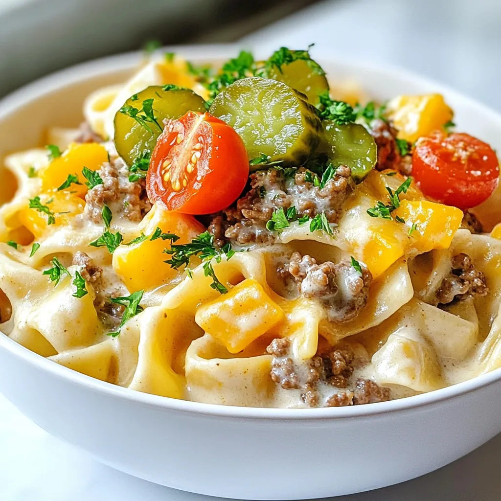 - 340 g Fettuccine-Nudeln - 450 g Rinderhackfleisch - 240 ml Schlagsahne Die Hauptzutaten sind einfach und lecker. Fettuccine sind dicke Nudeln. Sie nehmen die Sauce gut auf. Rinderhackfleisch bringt den Geschmack eines Cheeseburgers. Schlagsahne macht die Sauce cremig und reichhaltig. - 120 g geriebener Cheddar-Käse - 50 g geriebener Parmesan-Käse - 1 Esslöffel Knoblauchpulver und Zwiebelpulver Käse ist für dieses Gericht sehr wichtig. Cheddar gibt einen starken Geschmack. Parmesan macht die Sauce noch besser. Knoblauchpulver und Zwiebelpulver sorgen für Aroma. Diese Gewürze bringen die Aromen zusammen. - 120 g gewürfelte Pickles - 120 g Cherry-Tomaten, halbiert - 15 g frisch gehackte Petersilie Toppings sind das i-Tüpfelchen. Gewürfelte Pickles geben einen tollen Crunch. Cherry-Tomaten bringen Frische und Farbe. Frisch gehackte Petersilie macht das Gericht schön und gesund. Diese Zutaten machen die Pasta noch besser. {{ingredient_image_2}} - Bringe in einem großen Topf ausreichend gesalzenes Wasser zum Kochen. - Füge die Fettuccine-Nudeln hinzu und koche sie al dente, wie auf der Verpackung angegeben. - Gieße die Nudeln ab und stelle sie beiseite. - Erhitze in einer großen Pfanne bei mittlerer Hitze das Rinderhackfleisch. - Brate das Fleisch an, bis es schön bräunlich ist. Zerkleinere es dabei mit einem Spatel. - Gieße überschüssiges Fett ab, wenn nötig. - Gib die Schlagsahne und die Rinderbrühe zum Rinderhack in die Pfanne. - Rühre gut um und bringe die Mischung zum Köcheln. - Reduziere die Hitze auf niedrig. Füge den geriebenen Cheddar, Parmesan, Knoblauchpulver, Zwiebelpulver sowie geräuchertes Paprika-Pulver hinzu. - Rühre weiter, bis der Käse schmilzt und die Sauce dicker wird. - Gib die gekochten Fettuccine in die Pfanne. - Mische alles gut, damit die Pasta gleichmäßig mit der Sauce bedeckt ist. - Rühre die gewürfelten Pickles und die halbierten Cherry-Tomaten ein. - Serviere die Pasta auf Tellern und garniere sie mit frisch gehackter Petersilie. Um die beste Pasta zu kochen, achte darauf, dass das Wasser sprudelnd kocht. Füge genug Salz hinzu, damit es gut schmeckt. Die Fettuccine sollten al dente sein, also bissfest. So bleibt die Pasta perfekt in der Konsistenz. Verwende hochwertiges Wasser für den besten Geschmack. Leitungswasser ist oft ausreichend, aber gefiltertes Wasser kann den Geschmack verbessern. Eine gute Käsemischung macht den Unterschied. Kombiniere Cheddar und Parmesan für einen tollen Geschmack. Cheddar gibt eine schöne Cremigkeit, während Parmesan einen salzigen Kick bringt. Du kannst auch andere Käsesorten verwenden, wie Gouda oder Mozzarella. Diese Alternativen geben eine neue Note. Die richtige Würze ist wichtig für das Aroma. Du kannst Knoblauch- und Zwiebelpulver nach deinem Geschmack anpassen. Füge mehr hinzu, wenn du es intensiver magst. Das Verhältnis von Sahne und Brühe spielt auch eine Rolle. Eine Mischung aus beiden sorgt für eine schöne, cremige Sauce. Achte darauf, die Sauce nicht zu dünn zu machen. Sie sollte reichhaltig und dicklich sein. Pro Tipps Pasta al dente kochen: Achten Sie darauf, die Fettuccine-Nudeln nur bis zum al dente Punkt zu kochen, um die beste Textur in der Sauce zu erreichen. Rinderhack gut anbraten: Stellen Sie sicher, dass das Rinderhackfleisch gut angebraten ist, um einen tiefen, reichhaltigen Geschmack zu entwickeln, der die ganze Sauce bereichert. Käse langsam hinzufügen: Fügen Sie die Käsesorten langsam hinzu und rühren Sie gut um, damit sie gleichmäßig schmelzen und die Sauce eine cremige Konsistenz erhält. Frische Zutaten verwenden: Verwenden Sie frische Pickles und Cherry-Tomaten für mehr Geschmack und Textur, die das Gericht aufwerten. {{image_4}} Für eine vegetarische Variante der Loaded Cheeseburger Alfredo Pasta, tauschen Sie das Rinderhack gegen Gemüsepasta. Das bringt frische Aromen und macht das Gericht leichter. Verwenden Sie eine Mischung aus Zucchini, Paprika und Karotten. Dies gibt Farbe und Geschmack. Zudem können Sie vegane Käsealternativen nutzen. Es gibt viele leckere Optionen, die schmelzen und gut schmecken. Wenn Sie extra Protein hinzufügen möchten, probieren Sie Hähnchen oder Wurst. Diese Zutaten geben der Pasta mehr Biss. Sie können auch Linsen oder Kichererbsen verwenden. Beides ist nahrhaft und macht das Gericht noch sättigender. Einfach gut abtropfen lassen und in die Sauce integrieren. Für Schärfe fügen Sie Chili hinzu. Dies gibt der Pasta einen aufregenden Kick. Wenn Sie eine asiatische Note mögen, probieren Sie Sojasauce. Ein paar Tropfen reichen aus, um den Geschmack zu verändern. Experimentieren Sie mit verschiedenen Gewürzen. So bleibt das Gericht interessant und frisch. Um die Reste der Loaded Cheeseburger Alfredo Pasta frisch zu halten, bewahre sie in luftdichten Behältern auf. Das hilft, die Aromen zu bewahren und ein Austrocknen zu verhindern. Du kannst die Reste im Kühlschrank oder im Gefrierschrank aufbewahren. Im Kühlschrank bleiben sie bis zu drei Tage frisch. Im Gefrierschrank halten sie sich bis zu einem Monat. Um die Pasta wieder aufzuwärmen, erwärme sie langsam in einer Pfanne bei mittlerer Hitze. Füge etwas Milch oder Brühe hinzu, um die Sauce cremig zu halten. Du kannst auch die Mikrowelle verwenden, aber achte darauf, die Pasta nicht zu lange zu erhitzen. Das kann sie trocken machen. Rühre die Pasta regelmäßig um, damit sie gleichmäßig warm wird. Die Reste sind im Kühlschrank bis zu drei Tage haltbar. Achte darauf, sie gut zu verschließen. Wenn du einen unangenehmen Geruch bemerkst oder die Sauce verändert sich in der Farbe, ist es Zeit, sie wegzuwerfen. Vertraue deinem Bauchgefühl! Wenn die Pasta komisch aussieht oder riecht, iss sie nicht. Die Zubereitung dieser Pasta dauert etwa 30 Minuten. Die Vorbereitungszeit beträgt 10 Minuten. Das Kochen der Nudeln und das Zubereiten der Sauce gehen schnell. Du kannst also schnell eine köstliche Mahlzeit zaubern. Ja, du kannst die Pasta im Voraus zubereiten. Koche die Nudeln und bereite die Sauce. Lass die Pasta dann abkühlen. Lagere sie in einem luftdichten Behälter im Kühlschrank. Du kannst die Pasta später einfach aufwärmen. Diese Pasta ist perfekt für Meal Prep. Du kannst sie in Portionen aufteilen. Die Kombination aus Nudeln, Fleisch und Sauce bleibt frisch. Das macht sie ideal für mehrere Mahlzeiten in der Woche. Zu dieser Pasta passen viele Beilagen. Ein frischer grüner Salat ergänzt die Mahlzeit gut. Auch Knoblauchbrot ist eine gute Wahl. Du kannst auch gebratenes Gemüse dazu servieren. So hast du eine ausgewogene Mahlzeit. Diese Loaded Cheeseburger Alfredo Pasta ist einfach und lecker. Du benutzt Fettuccine, Rinderhack und Schlagsahne. Füge Käse und Gewürze hinzu, um den Geschmack zu verstärken. Mixe alles gut und dekoriere mit frischen Toppings. Denke daran, die Reste richtig zu lagern. Nutze unsere Tipps, um die besten Ergebnisse zu erzielen. Experimentiere mit Variationen und passe das Rezept deinem Geschmack an. So wird jede Mahlzeit zu einem Genuss!