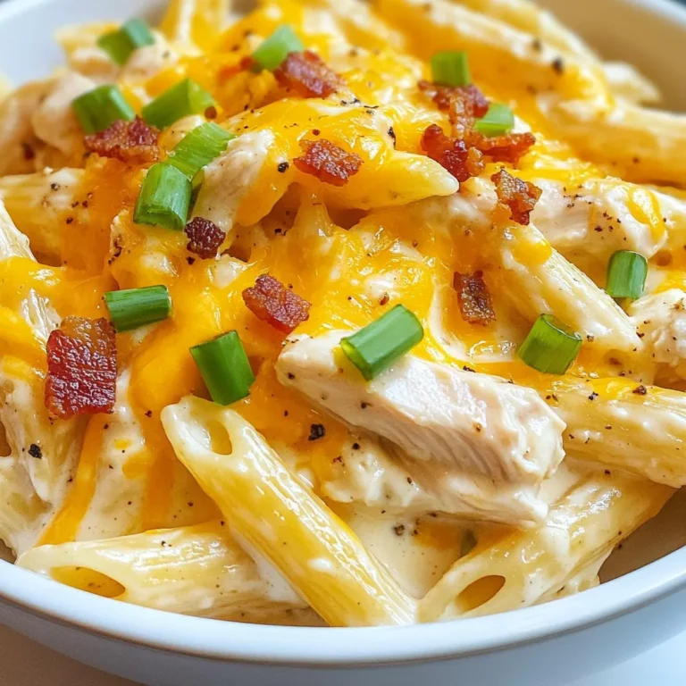 Für dieses köstliche Gericht brauchst du: - 225 g Penne Pasta - 450 g Hähnchenbrustfilets, ohne Haut und Knochen - 1 Päckchen Ranch-Salatgewürzmischung - 240 g Frischkäse, weich - 100 g geriebener Cheddar-Käse - 120 ml Hühnerbrühe - 150 g gekochter und zerbröselter Speck (optional) - 1/2 Tasse Frühlingszwiebeln, in Scheiben geschnitten - Salz und Pfeffer nach Geschmack Die Mengen sind für vier Portionen gedacht. Wenn du weniger zubereiten möchtest, teile die Zutaten einfach durch zwei. Du kannst auch die Pasta durch eine andere Sorte ersetzen, wie Fusilli oder Farfalle. Für eine leichtere Version, nutze Hähnchenbrust mit weniger Fett oder ersetze den Frischkäse durch griechischen Joghurt. Neben der Ranch-Salatgewürzmischung kannst du auch andere Gewürze verwenden. Knoblauchpulver oder Zwiebelpulver geben einen tollen Geschmack. Wenn du es schärfer magst, füge etwas Cayennepfeffer hinzu. Für mehr Gemüse kannst du Paprika oder Spinat hinzufügen. Diese Zutaten machen das Gericht bunter und gesünder. {{ingredient_image_2}} Um die Penne perfekt zu kochen, beginne mit einem großen Topf. Fülle ihn mit gesalzenem Wasser und bringe es zum Kochen. Wenn das Wasser sprudelt, gib die 225 g Penne Pasta hinein. Koche sie laut Packungsanweisung bis sie al dente sind. Dies dauert etwa 10 Minuten. Wenn die Pasta fertig ist, gieße sie ab und stelle sie beiseite. Nimm 450 g Hähnchenbrustfilets ohne Haut und Knochen. Erhitze eine große Pfanne bei mittlerer Hitze. Gib das Hähnchen in die Pfanne. Würze es mit Salz, Pfeffer und streue die Ranch-Salatgewürzmischung darüber. Brate das Hähnchen für 7-8 Minuten pro Seite. Achte darauf, dass es innen nicht mehr rosa ist. Wenn das Hähnchen gar ist, nimm es vom Herd und lasse es kurz abkühlen. Zerkleinere das Hähnchen dann mit zwei Gabeln und gib es zurück in die Pfanne. Füge 240 g weichen Frischkäse und 120 ml Hühnerbrühe in die Pfanne hinzu. Rühre alles gut um, bis die Soße cremig wird. Lass die Mischung bei schwacher Hitze etwa 3-4 Minuten köcheln. Jetzt gib die gekochten Penne in die Pfanne. Vermenge alles gründlich, sodass die Pasta gut mit der Soße überzogen ist. Rühre 100 g geriebenen Cheddar-Käse unter, bis er geschmolzen ist. Wenn du 150 g gekochten und zerbröselten Speck hast, füge ihn jetzt hinzu. Garniere das Gericht mit 1/2 Tasse geschnittenen Frühlingszwiebeln vor dem Servieren. Um das Hähnchen perfekt zu garen, brate es 7-8 Minuten pro Seite. Du willst sicherstellen, dass es in der Mitte nicht mehr rosa ist. Ein Fleischthermometer kann dir helfen. Die Innentemperatur sollte 75 °C erreichen. Lass das Hähnchen nach dem Garen kurz ruhen. So bleibt es saftig. Ein häufiger Fehler ist, das Hähnchen zu lange zu garen. Das macht es trocken. Achte darauf, die richtige Würze zu nutzen. Zu viel Salz kann den Geschmack ruinieren. Verliere nicht den Überblick über die Kochzeit der Penne. Sie sollten al dente sein, also bissfest. Serviere die Crack Chicken Penne mit frischen Frühlingszwiebeln oben drauf. Das gibt einen tollen Farbkontrast. Du kannst auch einen grünen Salat dazu reichen. Ein schöner, knuspriger Salat passt gut. Wenn du magst, füge etwas extra geriebenen Käse hinzu. Das macht das Gericht noch cremiger und leckerer. Pro Tipps Hähnchen Marinieren: Marinieren Sie das Hähnchen einige Stunden vorher mit der Ranch-Salatgewürzmischung, um den Geschmack zu intensivieren. Frischkäse Erweichen: Lassen Sie den Frischkäse vor der Verwendung auf Raumtemperatur kommen, damit er sich leichter in die Soße einfügt. Pasta Al Dente Kochen: Achten Sie darauf, die Pasta al dente zu kochen, da sie beim Vermischen mit der Soße weiter gart und sonst matschig werden könnte. Variationen Hinzufügen: Experimentieren Sie mit zusätzlichen Zutaten wie Paprika oder Spinat für mehr Geschmack und Nährstoffe. {{image_4}} Für eine vegetarische Version von Crack Chicken Penne kannst du Hähnchen durch Tofu ersetzen. Tofu hat eine ähnliche Textur und nimmt den Geschmack gut auf. Schneide den Tofu in Würfel und brate ihn in der Pfanne an. Du kannst auch Kichererbsen hinzufügen, um mehr Protein zu bekommen. Diese Varianten sind ebenso lecker und nahrhaft. Um dem Gericht mehr Tiefe zu geben, spiele mit den Gewürzen. Füge Knoblauchpulver oder Paprikapulver hinzu. Diese Gewürze bringen eine neue Dimension für deinen Gaumen. Du kannst auch frische Kräuter wie Petersilie oder Basilikum verwenden. Diese frischen Aromen machen dein Gericht noch aufregender. Käse ist der Star in Crack Chicken Penne. Wenn du Cheddar-Käse liebst, probiere auch Gouda oder Mozzarella. Gouda sorgt für eine rauchige Note, während Mozzarella eine tolle, schmelzende Konsistenz bietet. Experimentiere ruhig mit verschiedenen Käsesorten, um deinen Lieblingsgeschmack zu finden. Du kannst Reste von Crack Chicken Penne ganz einfach aufbewahren. Lass das Gericht zuerst auf Raumtemperatur abkühlen. Fülle es dann in einen luftdichten Behälter. So bleibt die Frische bis zu drei Tage erhalten. Stelle sicher, dass der Behälter gut verschlossen ist. So vermeidest du, dass das Gericht austrocknet. Wenn du mehr Reste hast, friere das Gericht ein. Teile es in Portionen auf und lege die Portionen in gefrierfeste Behälter oder Beutel. Achte darauf, die Luft so gut wie möglich herauszudrücken. So bleibt der Geschmack bis zu drei Monate frisch. Beschrifte die Behälter mit Datum und Inhalt. So weißt du immer, was du hast. Um Crack Chicken Penne wieder aufzuwärmen, nimm eine Pfanne oder die Mikrowelle. Bei der Pfanne, erhitze es bei mittlerer Hitze. Füge etwas Hühnerbrühe oder Wasser hinzu, um es feucht zu halten. Rühre regelmäßig um, bis es heiß ist. In der Mikrowelle erwärmst du es in 30-Sekunden-Intervallen. Decke den Behälter mit einem feuchten Papiertuch ab. So bleibt das Gericht saftig und lecker. Du kannst Crack Chicken Penne bis zu drei Tage im Kühlschrank aufbewahren. Lass das Gericht abkühlen, bevor du es in einen luftdichten Behälter gibst. So bleibt es frisch und lecker. Wenn du es länger aufbewahren möchtest, friere es ein. Es hält sich dann bis zu drei Monate. Achte darauf, es gut einzupacken, damit es nicht austrocknet. Ja, du kannst die Pasta im Voraus kochen. Koche die Penne und lasse sie abkühlen. Bewahre sie dann in einem luftdichten Behälter im Kühlschrank auf. Wenn du bereit bist, das Gericht zuzubereiten, füge die gekochte Pasta einfach zur Soße hinzu. Das spart Zeit, wenn du das Gericht servieren möchtest. Zu Crack Chicken Penne passen viele Beilagen gut. Ein einfach gemachter grüner Salat bringt Frische. Auch gedünstetes Gemüse wie Brokkoli oder grüne Bohnen ergänzen das Gericht wunderbar. Wenn du es herzhaft magst, sind Knoblauchbrot oder ein knuspriges Baguette eine tolle Wahl. Crack Chicken Penne ist ein einfaches und leckeres Gericht. Wir haben die Hauptzutaten, Kochschritte und Tipps besprochen. Ich habe auch Variationen und Lagerinformationen gegeben. Denke daran, das Hähnchen richtig zu garen und häufige Fehler zu vermeiden. Experimentiere mit Gewürzen und Serviervorschlägen, um das Beste aus deinem Gericht herauszuholen. Mit dem richtigen Wissen wird dein Crack Chicken Penne sicher ein Hit. Guten Appetit!