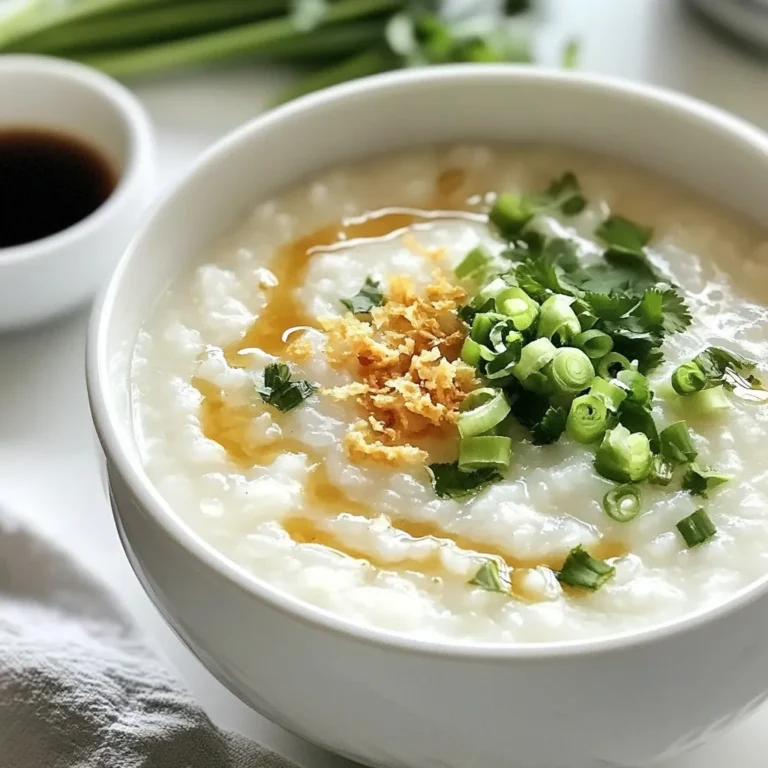 Für dein Congee brauchst du diese Hauptzutaten: - 1 Tasse Jasminreis - 10 Tassen Wasser oder natriumarme Hühnerbrühe - 1 Teelöffel Salz - 2,5 cm Stück Ingwer, in Scheiben geschnitten - 2 Frühlingszwiebeln, fein gehackt (plus zusätzlich für die Garnitur) - 1 Esslöffel Sesamöl - 1 Tasse gekochtes Hähnchen, zerrupft (optional) - 1 Esslöffel Sojasauce (oder Tamari für glutenfrei) - 1 Teelöffel weißer Pfeffer (nach Geschmack) - Frischer Koriander zur Garnitur - Knuspriger Knoblauch oder Schalotten zum Bestreuen (optional) Mit diesen Zutaten machst du dein Congee schön cremig und geschmackvoll. Du kannst dein Congee mit folgenden Zutaten aufpeppen: - Gekochtes Hähnchen, für mehr Proteine - Knuspriger Knoblauch oder Schalotten, für extra Crunch - Frischer Koriander, für einen frischen Touch - Zusätzliche Frühlingszwiebeln, für mehr Geschmack Diese Beigaben machen dein Congee noch besser. Probiere sie aus! Wähle die besten Zutaten für dein Congee: - Kaufe Jasminreis, der glänzend und nicht zerbrochen ist. - Achte darauf, dass das Gemüse frisch aussieht, ohne braune Stellen. - Wähle Hühnerbrühe, die klar und aromatisch riecht. - Ingwer sollte fest und saftig sein. Frische Zutaten machen dein Gericht schmackhafter. Achte darauf, gute Qualität zu wählen. {{ingredient_image_2}} Um das beste Congee zu machen, fange mit dem Reis an. Nimm eine Tasse Jasminreis. Spüle den Reis unter kaltem Wasser ab. Du möchtest, dass das Wasser klar wird. Das hilft, überschüssige Stärke zu entfernen. So wird das Congee schön seidig. Jetzt ist es Zeit zu kochen. Nimm einen großen Topf. Füge den gewaschenen Reis, 10 Tassen Wasser oder Hühnerbrühe, die Ingwerscheiben und einen Teelöffel Salz hinzu. Stelle den Herd auf mittlere bis hohe Hitze. Bring das Wasser zum Kochen. Wenn es kocht, reduziere die Hitze. Decke den Topf ab und lasse es eine Stunde sanft köcheln. Rühre gelegentlich um, damit der Reis nicht anbrennt. Nach einer Stunde schau dir das Congee an. Wenn es zu dick ist, füge etwas Wasser oder Brühe hinzu. Rühre gut um, bis die Textur cremig ist. Füge dann das zerrupfte Hähnchen, das Sesamöl, Sojasauce und weißen Pfeffer hinzu. Lass es 5 bis 10 Minuten erwärmen. Entferne die Ingwerscheiben vor dem Servieren. Serviere das Congee in Schalen. Garniere es mit Frühlingszwiebeln, Koriander und optional knusprigem Knoblauch oder Schalotten. Um die perfekte, seidige Konsistenz zu bekommen, gibt es einige wichtige Schritte. Erstens, wasche den Jasminreis gründlich. Das Entfernen von überschüssiger Stärke ist der Schlüssel. Zweitens, achte auf das Verhältnis von Reis zu Flüssigkeit. Nutze 1 Tasse Reis auf 10 Tassen Wasser oder Brühe. Drittens, koche das Congee bei niedriger Hitze. So bleibt es sanft und wird cremig. Rühre gelegentlich um, damit der Reis nicht kleben bleibt. Einige Utensilien können dir beim Zubereiten helfen. Hier sind die wichtigsten: - Großer Kochtopf: Für die Menge an Congee. - Holzlöffel: Zum Umrühren. - Messbecher: Für genaue Mengen. - Sieb: Zum Abspülen des Reises. - Schalen: Zum Servieren des Congee. Diese Werkzeuge machen das Kochen einfacher und schneller. Falls dein Congee zu dick ist, füge einfach etwas Wasser oder Brühe hinzu. Rühre gut um, bis die Konsistenz stimmt. Wenn es zu dünn ist, koche das Congee einfach länger. Die Hitze sorgt dafür, dass die Flüssigkeit verdampft und das Congee dicker wird. Achte darauf, oft umzurühren, um ein Anbrennen zu verhindern. So bleibt dein Congee immer perfekt! Pro Tipps Reis gründlich waschen: Um das Congee besonders glatt und seidig zu machen, spülen Sie den Jasminreis gründlich unter kaltem Wasser, bis das Wasser klar ist. So entfernen Sie überschüssige Stärke. Langsam kochen: Lassen Sie das Congee bei niedriger Hitze sanft köcheln und rühren Sie gelegentlich um, damit der Reis nicht ansetzt. Dies hilft, die cremige Konsistenz zu erreichen. Wasser hinzufügen: Wenn das Congee nach einer Stunde zu dick ist, fügen Sie nach Bedarf zusätzliches Wasser oder Brühe hinzu, um die gewünschte Konsistenz zu erreichen. Garnitur kreativ gestalten: Servieren Sie das Congee mit verschiedenen Toppings wie frischen Kräutern und knusprigem Knoblauch, damit jeder seine Schale nach eigenen Vorlieben anpassen kann. {{image_4}} Wenn Sie Hähnchen nicht mögen oder vegan leben, gibt es tolle Alternativen. Statt Hähnchen können Sie Tofu verwenden. Tofu hat eine schöne Textur und nimmt den Geschmack gut auf. Einfach den Tofu in kleine Würfel schneiden und in der Pfanne anbraten. Sojasauce kann auch durch Tamari ersetzt werden, um es glutenfrei zu machen. Auch Pilze bieten einen herzhaften Geschmack. Champignons oder Shiitake sind besonders lecker. Die Wahl der Brühe macht einen großen Unterschied. Hühnerbrühe gibt dem Congee einen reichen, herzhaften Geschmack. Sie ist ideal, wenn Sie eine herzhafte Mahlzeit wollen. Gemüsebrühe hingegen ist leichter und frisch. Sie eignet sich gut für eine vegetarische oder vegane Variante. Beide Brühen sind einfach zu finden. Achten Sie nur darauf, dass die Brühe natriumarmer ist. Toppings machen Congee spannend und variabel. Sie können Frühlingszwiebeln und frischen Koriander verwenden, um Frische hinzuzufügen. Knuspriger Knoblauch oder Schalotten bringen einen tollen Crunch. Wenn Sie es süß mögen, probieren Sie ein wenig Sesamöl oder Sojasauce. Für einen scharfen Kick können Sie Chiliöl oder frische Chilis hinzufügen. Diese kleinen Extras machen Ihr Congee noch besser und sorgen für Abwechslung. Lagere dein übrig gebliebenes Congee in einem luftdichten Behälter. Achte darauf, es abzukühlen, bevor du es in den Kühlschrank stellst. So bleibt der Geschmack frisch. Du kannst es bis zu drei Tage aufbewahren. Wenn du mehr Zeit benötigst, friere es ein. Benutze dafür gefrierfeste Behälter oder Beutel. So bleibt die Qualität gut. Um das Congee aufzuwärmen, gebe es in einen Topf. Füge etwas Wasser oder Brühe hinzu, um die Konsistenz zu verbessern. Erhitze es bei mittlerer Hitze. Rühre gelegentlich um, damit es gleichmäßig warm wird. Du kannst auch die Mikrowelle nutzen. Stelle sicher, dass du es in kurzen Intervallen aufwärmst. So vermeidest du, dass es anbrennt oder zu dick wird. Congee bleibt im Kühlschrank drei Tage frisch. Wenn du es länger aufbewahren möchtest, friere es ein. Du kannst gefrorenes Congee bis zu drei Monate lagern. Zum Wiederverwenden, tau es im Kühlschrank auf. Das gibt dir eine einfache, schnelle Mahlzeit. Du kannst es anpassen, indem du frische Zutaten oder Gewürze hinzufügst. So bleibt jedes Essen einzigartig und lecker. Congee bleibt bis zu vier Tage im Kühlschrank frisch. Achte darauf, es in einem luftdichten Behälter zu lagern. Wenn du die Konsistenz verbessern möchtest, füge beim Aufwärmen etwas Wasser hinzu. So bleibt es schön cremig. Ja, du kannst Congee einen Tag im Voraus zubereiten. Koche es einfach und lass es abkühlen. Danach in den Kühlschrank stellen. Vor dem Servieren kannst du es leicht aufwärmen. Dies spart Zeit, besonders wenn du Gäste hast. Zu Congee passen viele leckere Beilagen. Hier sind einige meiner Favoriten: - Gekochtes Hähnchen für zusätzlichen Geschmack - Frühlingszwiebeln für Frische - Knuspriger Knoblauch oder Schalotten für einen Crunch - Frischer Koriander für ein aromatisches Finish - Ein Spritzer Sojasauce für Würze Du kannst auch Gemüse oder andere Proteine hinzufügen. Das macht dein Congee noch nahrhafter und spannender. Zusammenfassend haben wir die Hauptzutaten und Zubereitung von Congee besprochen. Du hast erfahren, wie du frische Zutaten auswählst und die perfekte Konsistenz erreichst. Ich hoffe, die Tipps und Variationen geben dir neue Ideen für deine Mahlzeiten. Congee ist vielseitig und leicht anzupassen. Nutze die Aufbewahrungstipps, um Reste optimal zu genießen. Exakte Fragen klären wir im FAQ-Bereich. Probiere es aus! Du wirst den Unterschied schmecken.