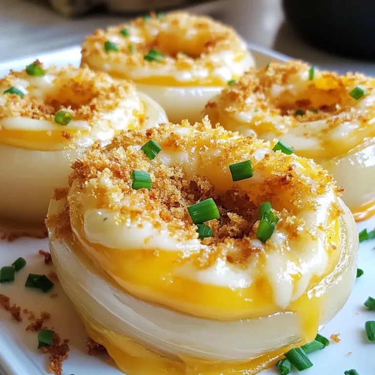 - Süßzwiebeln: Diese Zwiebeln sind süß und mild im Geschmack. Sie verleihen dem Gericht Tiefe und Süße. Wir brauchen drei große, geschälte und in Ringe geschnittene Süßzwiebeln. - Käsevariationen: Käse ist der Star dieses Rezepts. Wir verwenden eine Tasse scharfen Cheddar-Käse, eine Tasse Frischkäse und eine halbe Tasse geriebenen Parmesan-Käse. Diese Mischung macht die Zwiebeln cremig und vollmundig. - Gewürze und Aromen: Gewürze bringen Geschmack. Hier nutzen wir einen Esslöffel Knoblauchpulver, einen Esslöffel Zwiebelpulver, einen Teelöffel geräuchertes Paprikapulver und einen viertel Teelöffel Cayennepfeffer für einen kleinen Kick. Salz und Pfeffer runden alles ab. {{ingredient_image_2}} Heize deinen Ofen auf 190°C (375°F) vor. Das sorgt für eine gleichmäßige Hitze. Während der Ofen sich erwärmt, bereite die Zutaten vor. Du brauchst drei große Süßzwiebeln und einige Käsevariationen. Schneide die Zwiebeln in dicke Ringe. Das gibt der Füllung genug Platz. In einer großen Schüssel vermenge die Zutaten für die Käsemischung. Nimm 1 Tasse geriebenen scharfen Cheddar, 1 Tasse weichen Frischkäse und 1/2 Tasse geriebenen Parmesan. Füge 1 Esslöffel Knoblauchpulver, 1 Esslöffel Zwiebelpulver und 1 Teelöffel geräuchertes Paprikapulver hinzu. Wenn du es scharf magst, gib 1/4 Teelöffel Cayennepfeffer dazu. Mische alles gut, bis es cremig ist. Jetzt bereite die Zwiebelringe vor. Trenne die Ringe und forme kleine "Slips" aus zwei Ringen. Diese helfen, die Füllung zu halten. Fülle jeden Zwiebelring mit der Käsemischung. Sei großzügig, damit die Zwiebeln schön voll sind. Lege die gefüllten Ringe in eine gefettete Auflaufform. Achte darauf, dass sie gleichmäßig angeordnet sind. In einer kleinen Schüssel vermenge 1/2 Tasse Semmelbrösel mit 2 Esslöffeln Olivenöl. Streue diese Mischung über die Zwiebeln. So bekommst du eine knusprige Kruste. Decke die Form mit Folie ab und backe die Zwiebeln 25 Minuten lang. Entferne dann die Folie und backe sie weitere 10-15 Minuten. Achte darauf, dass die Oberseite goldbraun ist und der Käse sprudelt. Lass die Zwiebeln nach dem Backen kurz abkühlen. Garniere sie mit frischem, fein gehacktem Schnittlauch. Um die perfekte Käsemischung zu erreichen, achte auf die Konsistenz. Mische den Frischkäse gut mit den anderen Käsesorten. Dies sorgt für eine cremige Füllung. Verwende frischen Käse, um die besten Ergebnisse zu erzielen. Du kannst die Gewürze nach deinem Geschmack anpassen. Füge mehr Knoblauchpulver hinzu, wenn du es würziger magst. Ein wenig mehr Cayennepfeffer gibt einen tollen Kick. Experimentiere mit anderen Kräutern, um neue Aromen zu entdecken. Die Präsentation ist wichtig. Serviere die Zwiebeln warm auf einem hübschen Teller. Ein bunter Teller zieht die Augen an. Garniere die Zwiebeln mit frischem Schnittlauch. Das sieht nicht nur gut aus, sondern schmeckt auch frisch. Du kannst die Zwiebeln auch auf einem Buffet anrichten. Stelle sie in der Mitte des Tisches auf. So können Gäste leicht zugreifen. Denke daran, ein paar zusätzliche Beilagen bereitzustellen, um die Zwiebeln zu ergänzen. Pro Tipps Zwiebeln mit Gefühl: Wählen Sie mindestens gleich große Zwiebeln, um eine gleichmäßige Garzeit zu gewährleisten. Käseauswahl: Experimentieren Sie mit verschiedenen Käsesorten wie Gouda oder Mozzarella für unterschiedliche Geschmäcker und Texturen. Knusprige Kruste: Für eine noch knusprigere Oberseite können Sie die Semmelbrösel mit etwas geriebenem Käse mischen, bevor Sie sie auf die Zwiebeln streuen. Vorbereitung ist alles: Bereiten Sie die Zwiebeln im Voraus vor und backen Sie sie kurz vor dem Servieren, um Zeit zu sparen und Ihre Gäste zu beeindrucken. {{image_4}} Verschiedene Käsesorten Wenn Sie es gerne variieren, probieren Sie verschiedene Käsesorten. Sie können Gouda oder Mozzarella verwenden. Diese Käsesorten schmelzen gut und geben einen tollen Geschmack. Mischen Sie auch etwas Blauschimmelkäse für einen besonderen Kick. Der Geschmack wird vielschichtiger und aufregender. Vegane Alternativen Für eine vegane Version nutzen Sie pflanzliche Alternativen. Ersetzen Sie Frischkäse durch einen veganen Aufstrich. Verwenden Sie veganen Käse, der gut schmilzt. Achten Sie darauf, dass die Semmelbrösel vegan sind. Diese Anpassungen machen die Zwiebeln für alle zugänglich. Beilagen-Empfehlungen Servieren Sie die Zwiebeln mit frischem Brot oder einem knackigen Salat. Ein einfacher grüner Salat passt gut dazu. Auch gegrilltes Gemüse oder Kartoffeln sind tolle Beilagen. Diese Kombinationen machen das Gericht rund und lecker. Gestaltungsideen für Buffets Bei einem Buffet können Sie die Zwiebeln in kleinen Portionen anrichten. Verwenden Sie kleine Teller oder Schalen. Garnieren Sie mit frischem Schnittlauch und etwas Paprika. Diese Idee macht das Essen einladend und schmackhaft. Kühlschranklagerung Wenn Sie die gefüllten Zwiebeln nicht sofort genießen, können Sie sie im Kühlschrank aufbewahren. Wickeln Sie sie in Frischhaltefolie oder legen Sie sie in einen luftdichten Behälter. So bleiben sie frisch. Die Zwiebeln halten sich bis zu drei Tage im Kühlschrank. Einfrieren der Zwiebeln Für eine längere Lagerung können Sie die gefüllten Zwiebeln einfrieren. Lassen Sie sie zuerst abkühlen, dann packen Sie sie in einen gefrierfesten Behälter oder Beutel. Diese Zwiebeln können bis zu drei Monate eingefroren werden. Um sie später zu genießen, tauen Sie sie einfach im Kühlschrank auf, bevor Sie sie aufwärmen. beste Methoden zum Aufwärmen Um die Zwiebeln wieder aufzuwärmen, nutzen Sie den Ofen. Stellen Sie ihn auf 180°C (350°F) ein. Legen Sie die Zwiebeln in eine Auflaufform und decken Sie sie mit Folie ab. Backen Sie sie für etwa 15 bis 20 Minuten. So bleiben die Zwiebeln saftig und der Käse schmilzt schön. Tipps zur Vermeidung von Trockenheit Um trockene Zwiebeln zu vermeiden, fügen Sie einen Esslöffel Wasser zur Auflaufform hinzu, bevor Sie sie abdecken. Dies hilft, die Feuchtigkeit zu bewahren. Alternativ können Sie auch ein paar Minuten in der Mikrowelle erwärmen. Stellen Sie sicher, dass Sie sie abdecken, damit sie nicht austrocknen. Die optimale Backzeit für die Zwiebeln beträgt etwa 35 bis 40 Minuten. Zuerst backen Sie die Zwiebeln 25 Minuten mit Folie. Dann entfernen Sie die Folie und backen sie weitere 10 bis 15 Minuten. Achten Sie darauf, dass die Oberseite goldbraun ist und der Käse sprudelt. Ja, Sie können die Zwiebeln im Voraus zubereiten. Bereiten Sie die gefüllten Zwiebeln vor, decken Sie sie ab und lagern Sie sie im Kühlschrank. Sie können sie bis zu zwei Tage im Voraus machen. Backen Sie sie einfach, wenn Sie bereit sind, sie zu servieren. Ja, Cheesy Tennessee Onions sind für Vegetarier geeignet. Die Hauptzutaten sind Zwiebeln und Käse, die beide pflanzlich sind. Achten Sie darauf, dass Sie keinen Speck oder Fleisch hinzufügen. Wenn Sie eine vegane Option möchten, verwenden Sie pflanzlichen Käse und Frischkäse. Die gefüllten Zwiebeln sind ein köstliches Gericht. Wir haben die Hauptzutaten, die Schritt-für-Schritt-Anleitung und praktische Tipps durchgenommen. Außerdem habe ich Variationen und Lagerungshinweise geteilt. Denkt daran, mit Käse und Gewürzen zu experimentieren. So findet ihr den besten Geschmack. Bereitet eure Zwiebeln gut vor und serviert sie ansprechend. Mit diesen Tipps könnt ihr ein tolles Gericht zaubern, das alle begeistert! Ihr werdet viel Freude daran haben.