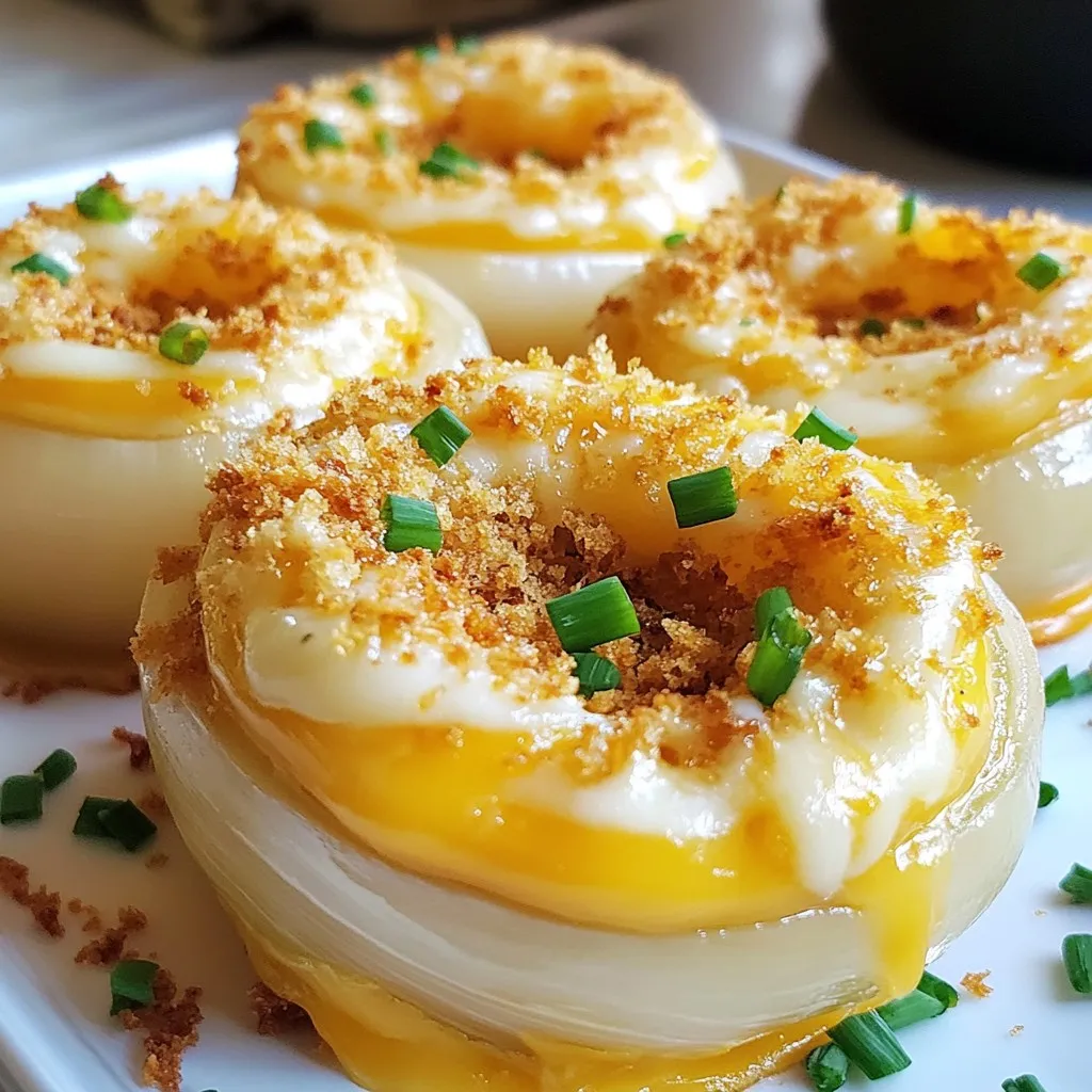 - Süßzwiebeln: Diese Zwiebeln sind süß und mild im Geschmack. Sie verleihen dem Gericht Tiefe und Süße. Wir brauchen drei große, geschälte und in Ringe geschnittene Süßzwiebeln. - Käsevariationen: Käse ist der Star dieses Rezepts. Wir verwenden eine Tasse scharfen Cheddar-Käse, eine Tasse Frischkäse und eine halbe Tasse geriebenen Parmesan-Käse. Diese Mischung macht die Zwiebeln cremig und vollmundig. - Gewürze und Aromen: Gewürze bringen Geschmack. Hier nutzen wir einen Esslöffel Knoblauchpulver, einen Esslöffel Zwiebelpulver, einen Teelöffel geräuchertes Paprikapulver und einen viertel Teelöffel Cayennepfeffer für einen kleinen Kick. Salz und Pfeffer runden alles ab. {{ingredient_image_2}} Heize deinen Ofen auf 190°C (375°F) vor. Das sorgt für eine gleichmäßige Hitze. Während der Ofen sich erwärmt, bereite die Zutaten vor. Du brauchst drei große Süßzwiebeln und einige Käsevariationen. Schneide die Zwiebeln in dicke Ringe. Das gibt der Füllung genug Platz. In einer großen Schüssel vermenge die Zutaten für die Käsemischung. Nimm 1 Tasse geriebenen scharfen Cheddar, 1 Tasse weichen Frischkäse und 1/2 Tasse geriebenen Parmesan. Füge 1 Esslöffel Knoblauchpulver, 1 Esslöffel Zwiebelpulver und 1 Teelöffel geräuchertes Paprikapulver hinzu. Wenn du es scharf magst, gib 1/4 Teelöffel Cayennepfeffer dazu. Mische alles gut, bis es cremig ist. Jetzt bereite die Zwiebelringe vor. Trenne die Ringe und forme kleine "Slips" aus zwei Ringen. Diese helfen, die Füllung zu halten. Fülle jeden Zwiebelring mit der Käsemischung. Sei großzügig, damit die Zwiebeln schön voll sind. Lege die gefüllten Ringe in eine gefettete Auflaufform. Achte darauf, dass sie gleichmäßig angeordnet sind. In einer kleinen Schüssel vermenge 1/2 Tasse Semmelbrösel mit 2 Esslöffeln Olivenöl. Streue diese Mischung über die Zwiebeln. So bekommst du eine knusprige Kruste. Decke die Form mit Folie ab und backe die Zwiebeln 25 Minuten lang. Entferne dann die Folie und backe sie weitere 10-15 Minuten. Achte darauf, dass die Oberseite goldbraun ist und der Käse sprudelt. Lass die Zwiebeln nach dem Backen kurz abkühlen. Garniere sie mit frischem, fein gehacktem Schnittlauch. Um die perfekte Käsemischung zu erreichen, achte auf die Konsistenz. Mische den Frischkäse gut mit den anderen Käsesorten. Dies sorgt für eine cremige Füllung. Verwende frischen Käse, um die besten Ergebnisse zu erzielen. Du kannst die Gewürze nach deinem Geschmack anpassen. Füge mehr Knoblauchpulver hinzu, wenn du es würziger magst. Ein wenig mehr Cayennepfeffer gibt einen tollen Kick. Experimentiere mit anderen Kräutern, um neue Aromen zu entdecken. Die Präsentation ist wichtig. Serviere die Zwiebeln warm auf einem hübschen Teller. Ein bunter Teller zieht die Augen an. Garniere die Zwiebeln mit frischem Schnittlauch. Das sieht nicht nur gut aus, sondern schmeckt auch frisch. Du kannst die Zwiebeln auch auf einem Buffet anrichten. Stelle sie in der Mitte des Tisches auf. So können Gäste leicht zugreifen. Denke daran, ein paar zusätzliche Beilagen bereitzustellen, um die Zwiebeln zu ergänzen. Pro Tipps Zwiebeln mit Gefühl: Wählen Sie mindestens gleich große Zwiebeln, um eine gleichmäßige Garzeit zu gewährleisten. Käseauswahl: Experimentieren Sie mit verschiedenen Käsesorten wie Gouda oder Mozzarella für unterschiedliche Geschmäcker und Texturen. Knusprige Kruste: Für eine noch knusprigere Oberseite können Sie die Semmelbrösel mit etwas geriebenem Käse mischen, bevor Sie sie auf die Zwiebeln streuen. Vorbereitung ist alles: Bereiten Sie die Zwiebeln im Voraus vor und backen Sie sie kurz vor dem Servieren, um Zeit zu sparen und Ihre Gäste zu beeindrucken. {{image_4}} Verschiedene Käsesorten Wenn Sie es gerne variieren, probieren Sie verschiedene Käsesorten. Sie können Gouda oder Mozzarella verwenden. Diese Käsesorten schmelzen gut und geben einen tollen Geschmack. Mischen Sie auch etwas Blauschimmelkäse für einen besonderen Kick. Der Geschmack wird vielschichtiger und aufregender. Vegane Alternativen Für eine vegane Version nutzen Sie pflanzliche Alternativen. Ersetzen Sie Frischkäse durch einen veganen Aufstrich. Verwenden Sie veganen Käse, der gut schmilzt. Achten Sie darauf, dass die Semmelbrösel vegan sind. Diese Anpassungen machen die Zwiebeln für alle zugänglich. Beilagen-Empfehlungen Servieren Sie die Zwiebeln mit frischem Brot oder einem knackigen Salat. Ein einfacher grüner Salat passt gut dazu. Auch gegrilltes Gemüse oder Kartoffeln sind tolle Beilagen. Diese Kombinationen machen das Gericht rund und lecker. Gestaltungsideen für Buffets Bei einem Buffet können Sie die Zwiebeln in kleinen Portionen anrichten. Verwenden Sie kleine Teller oder Schalen. Garnieren Sie mit frischem Schnittlauch und etwas Paprika. Diese Idee macht das Essen einladend und schmackhaft. Kühlschranklagerung Wenn Sie die gefüllten Zwiebeln nicht sofort genießen, können Sie sie im Kühlschrank aufbewahren. Wickeln Sie sie in Frischhaltefolie oder legen Sie sie in einen luftdichten Behälter. So bleiben sie frisch. Die Zwiebeln halten sich bis zu drei Tage im Kühlschrank. Einfrieren der Zwiebeln Für eine längere Lagerung können Sie die gefüllten Zwiebeln einfrieren. Lassen Sie sie zuerst abkühlen, dann packen Sie sie in einen gefrierfesten Behälter oder Beutel. Diese Zwiebeln können bis zu drei Monate eingefroren werden. Um sie später zu genießen, tauen Sie sie einfach im Kühlschrank auf, bevor Sie sie aufwärmen. beste Methoden zum Aufwärmen Um die Zwiebeln wieder aufzuwärmen, nutzen Sie den Ofen. Stellen Sie ihn auf 180°C (350°F) ein. Legen Sie die Zwiebeln in eine Auflaufform und decken Sie sie mit Folie ab. Backen Sie sie für etwa 15 bis 20 Minuten. So bleiben die Zwiebeln saftig und der Käse schmilzt schön. Tipps zur Vermeidung von Trockenheit Um trockene Zwiebeln zu vermeiden, fügen Sie einen Esslöffel Wasser zur Auflaufform hinzu, bevor Sie sie abdecken. Dies hilft, die Feuchtigkeit zu bewahren. Alternativ können Sie auch ein paar Minuten in der Mikrowelle erwärmen. Stellen Sie sicher, dass Sie sie abdecken, damit sie nicht austrocknen. Die optimale Backzeit für die Zwiebeln beträgt etwa 35 bis 40 Minuten. Zuerst backen Sie die Zwiebeln 25 Minuten mit Folie. Dann entfernen Sie die Folie und backen sie weitere 10 bis 15 Minuten. Achten Sie darauf, dass die Oberseite goldbraun ist und der Käse sprudelt. Ja, Sie können die Zwiebeln im Voraus zubereiten. Bereiten Sie die gefüllten Zwiebeln vor, decken Sie sie ab und lagern Sie sie im Kühlschrank. Sie können sie bis zu zwei Tage im Voraus machen. Backen Sie sie einfach, wenn Sie bereit sind, sie zu servieren. Ja, Cheesy Tennessee Onions sind für Vegetarier geeignet. Die Hauptzutaten sind Zwiebeln und Käse, die beide pflanzlich sind. Achten Sie darauf, dass Sie keinen Speck oder Fleisch hinzufügen. Wenn Sie eine vegane Option möchten, verwenden Sie pflanzlichen Käse und Frischkäse. Die gefüllten Zwiebeln sind ein köstliches Gericht. Wir haben die Hauptzutaten, die Schritt-für-Schritt-Anleitung und praktische Tipps durchgenommen. Außerdem habe ich Variationen und Lagerungshinweise geteilt. Denkt daran, mit Käse und Gewürzen zu experimentieren. So findet ihr den besten Geschmack. Bereitet eure Zwiebeln gut vor und serviert sie ansprechend. Mit diesen Tipps könnt ihr ein tolles Gericht zaubern, das alle begeistert! Ihr werdet viel Freude daran haben.