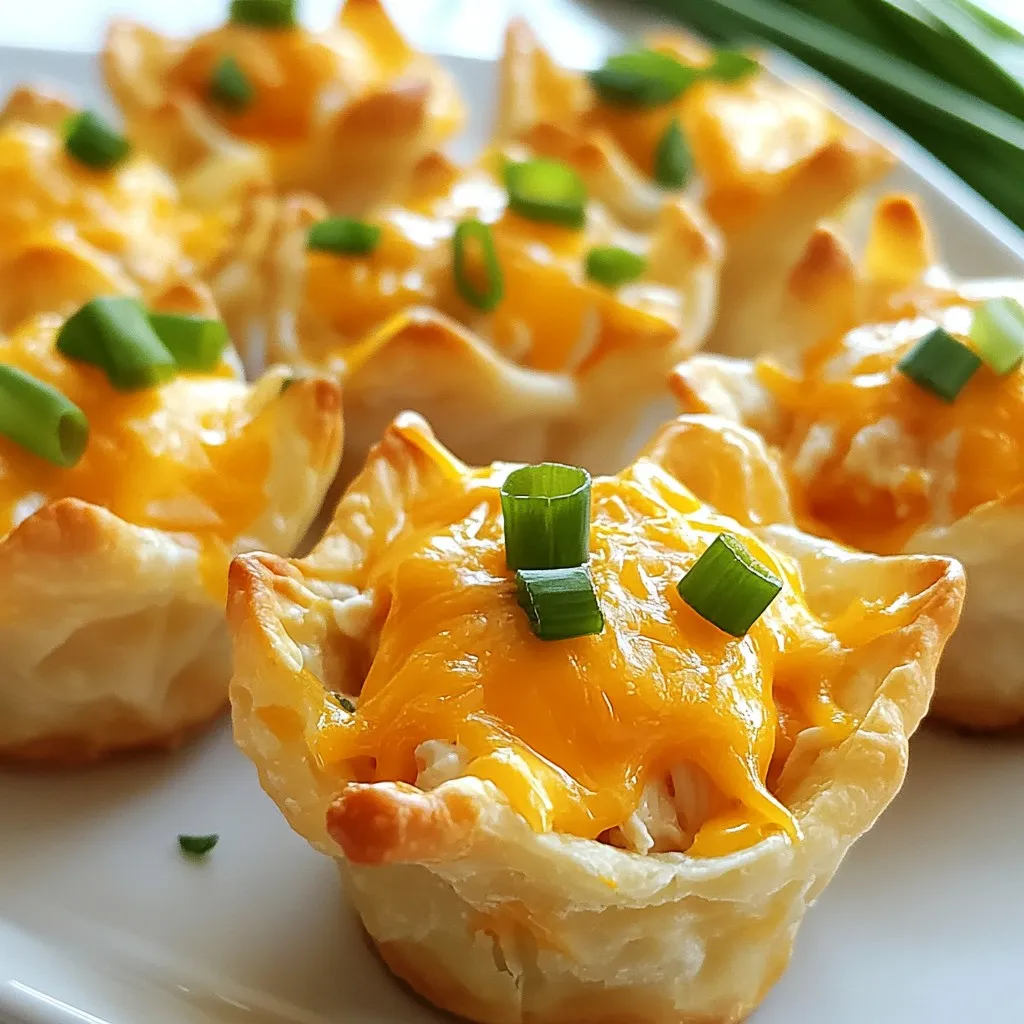 Für die Buffalo Chicken Wonton Cups benötigst du einige wichtige Zutaten: - 2 Tassen gekochtes Hähnchen, zerrissen - 1/2 Tasse Buffalo-Sauce - 1/4 Tasse Frischkäse, weichgerührt - 1/4 Tasse Ranch-Dressing - 1 Tasse geriebener Cheddar-Käse - 1 Packung Wonton-Teigblätter - 2 Frühlingszwiebeln, in Ringe geschnitten (zur Garnitur) - Kochspray Diese Zutaten ergeben einen tollen Geschmack. Das zerrissene Hähnchen bringt die Proteinbasis. Die Buffalo-Sauce sorgt für die nötige Schärfe. Frischkäse und Ranch-Dressing machen die Mischung cremig. Cheddar-Käse gibt den letzten Schliff. Um die Wonton Cups einfach zu machen, empfehle ich einige nützliche Werkzeuge: - Muffinform - Große Schüssel zum Mischen - Kochspray für die Muffinform - Löffel zum Füllen der Cups Diese Werkzeuge helfen dir, die Wonton Cups schnell und gut zuzubereiten. Die Muffinform gibt der Form die Struktur. Ein Löffel hilft beim Füllen der Mischung. Die Wahl der Zutaten ist wichtig für das Endergebnis. Hier sind einige Tipps: - Verwende frisches Hähnchen für den besten Geschmack. Du kannst auch Reste von einem Brathähnchen nutzen. - Die Buffalo-Sauce kann je nach Vorliebe mild oder scharf sein. Achte darauf, was dir und deinen Gästen gefällt. - Käse ist wichtig. Wähle guten Cheddar für einen reichhaltigen Geschmack. - Frischkäse sollte weich sein, damit er sich gut vermischen lässt. Mit diesen Tipps kannst du sicherstellen, dass deine Buffalo Chicken Wonton Cups lecker und ansprechend sind. {{ingredient_image_2}} Zuerst, nehmen Sie eine große Schüssel. Fügen Sie zwei Tassen zerrissenes Hähnchen hinzu. Dieses Hähnchen kann von einem gerösteten oder gekochten Vogel stammen. Dann, geben Sie eine halbe Tasse Buffalo-Sauce dazu. Diese Sauce bringt den scharfen Geschmack. Danach, fügen Sie ein Viertel Tasse weichgerührten Frischkäse hinzu. Der Frischkäse macht die Füllung cremig. Geben Sie auch ein Viertel Tasse Ranch-Dressing dazu. Rühren Sie alles gut um. Mischen Sie, bis alle Zutaten gleichmäßig verteilt sind. Jetzt bereiten wir die Wonton-Tassen vor. Nehmen Sie eine Muffinform und sprühen Sie sie leicht mit Kochspray ein. Dies hilft, dass die Tassen nicht ankleben. Nehmen Sie ein Wonton-Teigblatt und legen Sie es in eine Muffinform. Drücken Sie leicht nach unten, damit es die Form annimmt. Machen Sie dies für alle 12 Förmchen. Heizen Sie nun den Ofen auf 190°C (375°F) vor. Backen Sie die Wonton-Teigblätter für 5 bis 7 Minuten. Sie sollten goldbraun und knusprig werden. Nehmen Sie die Wonton-Tassen heraus und füllen Sie jede mit der Hähnchenmischung. Streuen Sie etwas geriebenen Cheddar-Käse darauf. Stellen Sie die Muffinform zurück in den Ofen und backen Sie sie für 10 bis 12 Minuten. Der Käse sollte schmelzen und sprudelnd sein. Lassen Sie die Tassen kurz abkühlen, bevor Sie sie servieren. Garnieren Sie mit geschnittenen Frühlingszwiebeln für extra Farbe. Um perfekte Wonton-Tassen zu backen, ist die richtige Temperatur wichtig. Heizen Sie den Ofen auf 190°C vor. Verwenden Sie Kochspray, um die Muffinform gut zu fetten. Legen Sie die Wonton-Teigblätter vorsichtig in die Förmchen. Drücken Sie sie sanft nach unten, damit sie die Form annehmen. Backen Sie die Tassen für 5-7 Minuten. Sie sollten goldbraun und knusprig sein. Lassen Sie sie kurz abkühlen, bevor Sie sie füllen. Um den Geschmack zu verbessern, können Sie verschiedene Zutaten hinzufügen. Fügen Sie zusätzliches Gemüse wie Paprika oder Sellerie hinzu. Sie können auch Feta-Käse oder Mozzarella verwenden. Bei der Buffalo-Sauce können Sie die Schärfe anpassen. Verwenden Sie milde oder scharfe Saucen, je nach Ihrem Geschmack. Ein Spritzer Zitrone kann die Aromen aufhellen. Präsentieren Sie die Buffalo Chicken Wonton Cups auf einem schönen Teller. Garnieren Sie sie mit geschnittenen Frühlingszwiebeln für einen frischen Look. Ein kleines Schälchen mit Ranch-Dressing daneben macht das Gericht noch einladender. Die Kombination aus Farben wird Ihre Gäste beeindrucken. Achten Sie darauf, dass die Tassen leicht abgekühlt sind, bevor Sie sie servieren. Pro Tipps Hähnchen vorbereiten: Verwenden Sie am besten übrig gebliebenes Hähnchen oder gekochtes Hähnchen aus dem Supermarkt, um Zeit zu sparen und den Geschmack zu intensivieren. Wonton-Teig nicht überbacken: Achten Sie darauf, die Wonton-Teigblätter nur bis zur goldbraunen Farbe zu backen, um eine ideale Knusprigkeit zu erreichen und ein Verbrennen zu vermeiden. Variieren Sie die Füllung: Experimentieren Sie mit verschiedenen Käsesorten oder fügen Sie Gemüse wie Paprika oder Sellerie hinzu, um mehr Textur und Geschmack zu erhalten. Servieren mit Dip: Bieten Sie zusätzlichen Ranch-Dressing oder Blauschimmelkäse-Dressing als Dip an, um das Geschmackserlebnis zu verbessern und den Gästen eine Wahl zu geben. {{image_4}} Wenn Sie eine vegetarische Option suchen, können Sie das Hähnchen leicht ersetzen. Verwenden Sie stattdessen zerrissene Jackfruit oder gebratene Tofuwürfel. Diese Optionen nehmen die Aromen gut auf. Mischen Sie sie mit einer milden Buffalo-Sauce. Fügen Sie Frischkäse oder eine pflanzliche Alternative hinzu. So bleibt der cremige Geschmack. Für mehr Würze können Sie einige Zutaten anpassen. Fügen Sie gehackte Jalapeños oder einen Hauch von Chili-Pulver hinzu. Diese bringen zusätzlichen Kick in Ihre Wonton Cups. Sie können auch Blauschimmelkäse anstelle von Cheddar verwenden. Dies gibt einen kräftigen, würzigen Geschmack. Experimentieren Sie mit verschiedenen Saucen, wie z.B. Sriracha oder scharfer BBQ-Sauce. Nutzen Sie saisonale Zutaten, um Ihre Wonton Cups aufzupeppen. Im Frühling passen frische Erbsen oder Spargel gut dazu. Im Herbst können Sie Kürbis hinzufügen, um eine neue Note zu schaffen. Im Sommer sind frische Tomaten und Basilikum tolle Ergänzungen. Diese Zutaten verleihen Ihren Wonton Cups Farbe und Geschmack. Um die Buffalo Chicken Wonton Cups frisch zu halten, sollten Sie sie in einem luftdichten Behälter lagern. Lassen Sie die Cups zuerst abkühlen. Legen Sie dann ein Blatt Backpapier zwischen die Schichten, um ein Kleben zu vermeiden. So bleiben sie knusprig und lecker. Wenn Sie die Wonton Cups wieder aufwärmen möchten, nutzen Sie den Ofen. Heizen Sie ihn auf 180°C vor. Legen Sie die Cups auf ein Backblech und backen Sie sie für etwa 10 Minuten. So werden sie wieder schön knusprig. Vermeiden Sie die Mikrowelle, da dies die Tassen weich macht. Im Kühlschrank halten sich die Buffalo Chicken Wonton Cups etwa 3-4 Tage. Wenn Sie sie länger aufbewahren möchten, können Sie sie einfrieren. In einem gefrierfesten Behälter halten sie bis zu 3 Monate. Zum Auftauen legen Sie sie über Nacht in den Kühlschrank. Sie können die Wonton Cups im Voraus machen. Bereiten Sie die Hähnchenfüllung zu und füllen Sie die Wonton-Tassen. Backen Sie sie aber erst kurz vor dem Servieren. Sie können die gefüllten Cups im Kühlschrank aufbewahren. Vor dem Backen sollten sie etwa 15 Minuten bei Raumtemperatur stehen. So werden sie schön knusprig. Ja, gefrorenes Hähnchen funktioniert gut. Kochen Sie es zuerst gründlich. Danach können Sie es zerrissen in die Füllung geben. Achten Sie darauf, das Hähnchen gut zu würzen. So bleibt der Geschmack stark und lecker. Zu Buffalo Chicken Wonton Cups passen viele Dips. Ranch-Dressing ist sehr beliebt. Es bietet einen tollen Kontrast zur Schärfe. Auch Blauschimmelkäse-Dip ist eine gute Wahl. Für einen frischen Geschmack können Sie auch Guacamole oder Salsa anbieten. Probieren Sie verschiedene Dips aus und finden Sie Ihren Favoriten! Dieser Artikel bietet dir eine umfassende Anleitung für Buffalo Chicken Wonton Cups. Du hast gelernt, welche Hauptzutaten wichtig sind und wie du sie zubereitest. Mit Schritt-für-Schritt-Anleitungen gelingt dir die Füllung und das Backen perfekt. Tipps und Tricks helfen dir, den Geschmack zu verfeinern und die Cups schön zu präsentieren. Variationen ermöglichen dir kreative Anpassungen. Zum Schluss hast du hilfreiche Informationen zur Lagerung und häufige Fragen beantwortet. Probiere diese leckeren Cups aus und genieße Ihre Vielfalt!