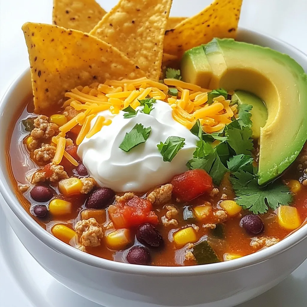 Für die einfache Taco-Suppe brauche ich die folgenden Hauptzutaten: - 450 g gemahlenes Puten- oder Rinderfleisch - 1 mittlere Zwiebel, gewürfelt - 2 Knoblauchzehen, gehackt - 1 Dose (425 g) schwarze Bohnen, abgetropft und abgespült - 1 Dose (425 g) Kidneybohnen, abgetropft und abgespült - 1 Dose (425 g) Mais, abgetropft - 1 Dose (800 g) gewürfelte Tomaten (mit grünen Chilis für etwas Schärfe) - 500 ml Hühner- oder Gemüsebrühe - 1 Päckchen Taco-Gewürzmischung - 1 Teelöffel Kreuzkümmel - Salz und Pfeffer nach Geschmack - 1 Esslöffel Olivenöl Diese Zutaten bilden die Basis der Suppe. Das gemahlene Fleisch gibt Geschmack und Fülle. Die Bohnen und der Mais sorgen für eine gute Textur. Die gewürfelten Tomaten bringen Frische und Säure. Ich liebe es, meine Taco-Suppe mit verschiedenen Toppings zu verfeinern. Hier sind einige meiner Favoriten: - Geriebener Käse - Sauerrahm - Gehackter Koriander - Avocado - Tortillachips Diese Toppings bringen Farbe und Geschmack. Der Käse schmilzt schön und der Sauerrahm macht die Suppe cremig. Frische Avocado und Koriander geben einen leckeren Kontrast. Frische Zutaten sind der Schlüssel zu einer großartigen Taco-Suppe. Hier sind einige Tipps, um die besten Zutaten zu wählen: - Wählen Sie frisches Gemüse, das fest und ohne Druckstellen ist. - Achten Sie darauf, dass die Bohnen und Tomaten aus der Dose ohne Zusatzstoffe sind. - Kaufen Sie Gewürze in kleinen Mengen, um den besten Geschmack zu sichern. - Verwenden Sie frisches Fleisch, das gut aussieht und riecht. Wenn Sie diese Tipps beachten, wird Ihre Taco-Suppe noch besser! Frische Zutaten sorgen für den besten Geschmack und die beste Qualität in jedem Bissen. {{ingredient_image_2}} Die Vorbereitungszeit für diese Taco-Suppe beträgt nur 10 Minuten. Die gesamte Kochzeit liegt bei etwa 35 Minuten. So können Sie schnell eine warme, herzhafte Mahlzeit zaubern. 1. Erhitzen Sie 1 Esslöffel Olivenöl in einem großen Topf bei mittlerer Hitze. 2. Fügen Sie 1 gewürfelte Zwiebel hinzu und braten Sie diese für 3-4 Minuten an, bis sie glasig wird. 3. Geben Sie 2 gehackte Knoblauchzehen hinzu und braten Sie sie für 1 Minute mit. 4. Fügen Sie 450 g gemahlenes Puten- oder Rinderfleisch hinzu und braten Sie es für 5-7 Minuten, bis es durchgegart ist. Zerkleinern Sie das Fleisch mit einem Spatel. 5. Gießen Sie überschüssiges Fett ab, falls nötig, und mischen Sie die Taco-Gewürzmischung und 1 Teelöffel Kreuzkümmel unter das Fleisch. 6. Geben Sie 1 Dose (800 g) gewürfelte Tomaten, 1 Dose (425 g) schwarze Bohnen, 1 Dose (425 g) Kidneybohnen und 1 Dose (425 g) Mais in den Topf. 7. Gießen Sie 500 ml Hühner- oder Gemüsebrühe dazu und rühren Sie alles gut um. 8. Bringen Sie die Mischung zum Kochen, dann reduzieren Sie die Hitze und lassen Sie sie 15-20 Minuten köcheln. Rühren Sie gelegentlich um. 9. Vor dem Servieren mit Salz und Pfeffer abschmecken. 10. Servieren Sie die Suppe heiß mit optionalen Toppings wie geriebenem Käse, Sauerrahm und Avocado. - Wählen Sie frisches Gemüse für den besten Geschmack. - Lassen Sie die Suppe länger köcheln, um die Aromen zu intensivieren. - Experimentieren Sie mit verschiedenen Toppings, um Ihre Suppe zu personalisieren. Ein häufiger Fehler ist, nicht genug zu würzen. Die Taco-Gewürzmischung ist wichtig. Vergessen Sie nicht, auch Salz und Pfeffer hinzuzufügen. Ein weiterer Fehler ist, die Zwiebeln nicht lange genug zu braten. Sie sollten glasig und weich sein. Achten Sie auch darauf, das Fleisch gut zu bräunen. So erhält die Suppe mehr Geschmack. Um die Aromen zu verstärken, verwenden Sie frische Kräuter. Koriander gibt der Suppe eine tolle Note. Fügen Sie auch einen Spritzer Limettensaft hinzu. Das bringt Frische und Tiefe. Experimentieren Sie mit Gewürzen wie Chili oder Paprika für mehr Schärfe. Lassen Sie die Suppe lange genug köcheln. So verbinden sich die Geschmäcker richtig. Sie können die Taco-Suppe leicht im Voraus zubereiten. Kochen Sie sie einfach und lassen Sie sie abkühlen. Füllen Sie die Suppe in einem luftdichten Behälter. So bleibt sie frisch. Wenn Sie sie aufwärmen, fügen Sie etwas Brühe hinzu. So wird sie nicht zu dick. Erhitzen Sie die Suppe langsam auf dem Herd. Rühren Sie dabei gut um. So bleibt sie gleichmäßig warm. Pro Tipps Fleischwahl: Verwenden Sie mageres Puten- oder Rinderhackfleisch, um das Gericht leichter zu machen. Sie können auch pflanzliche Hackalternativen verwenden, um eine vegetarische Variante zuzubereiten. Schärfe anpassen: Wenn Sie es schärfer mögen, fügen Sie frische Jalapeños oder Chilipulver hinzu. Für eine mildere Version wählen Sie gewürfelte Tomaten ohne Chilis. Vorbereitung im Voraus: Bereiten Sie die Suppe im Voraus zu und bewahren Sie sie im Kühlschrank auf. Sie schmeckt am nächsten Tag sogar noch besser, wenn die Aromen Zeit hatten, sich zu entfalten. Vielfältige Toppings: Experimentieren Sie mit verschiedenen Toppings wie gerösteten Paprika, Oliven oder frischem Limettensaft, um das Geschmackserlebnis zu variieren. {{image_4}} Falls du eine vegetarische Option suchst, ist das einfach zu machen. Ersetze das Fleisch durch 450 g gehackte Pilze oder Linsen. Die Pilze geben einen tollen Geschmack. Linsen sind eine großartige Proteinquelle. Füge auch mehr Gemüse hinzu, wie Paprika oder Zucchini. Das macht die Suppe bunt und gesund. Für mehr Schärfe kannst du frische Jalapeños oder Chilis hinzufügen. Ein Teelöffel rote Pfefferflocken bringt zusätzlichen Kick. Wenn du es wirklich scharf magst, benutze scharfe Salsa anstelle von normalen Tomaten. Die Kombination aus Gewürzen macht die Suppe spannend und aromatisch. Die Taco-Suppe kann leicht glutenfrei gemacht werden. Achte darauf, dass deine Taco-Gewürzmischung glutenfrei ist. Du kannst auch frische Kräuter wie Koriander verwenden, um den Geschmack zu verbessern. Verwende Gemüsebrühe ohne Gluten, um die Suppe noch besser zu machen. So kann jeder die Suppe genießen! Um die Frische deiner Taco-Suppe zu bewahren, lagere sie in einem luftdichten Behälter. Dies verhindert, dass Luft und Feuchtigkeit eindringen. Du kannst die Suppe auch in Portionen aufteilen. So kannst du sie leicht aufwärmen, wann immer du Lust darauf hast. Stelle sicher, dass die Suppe abgekühlt ist, bevor du sie in den Kühlschrank stellst. Dadurch bleibt die Temperatur konstant und das Wachstum von Bakterien wird gehemmt. Das Einfrieren ist eine großartige Möglichkeit, um Taco-Suppe länger haltbar zu machen. Fülle die abgekühlte Suppe in gefriergeeignete Behälter oder Beutel. Achte darauf, etwas Platz oben zu lassen, da die Suppe beim Gefrieren expandiert. So bleibt die Suppe ohne Qualitätsverlust für etwa drei Monate haltbar. Wenn du Lust auf eine schnelle Mahlzeit hast, kannst du die gefrorene Suppe einfach im Kühlschrank über Nacht auftauen. Im Kühlschrank hält sich die Taco-Suppe für etwa drei bis fünf Tage. Achte darauf, die Suppe gut abzudecken, um den Geschmack zu erhalten. Wenn du die Suppe aufwärmst, bringe sie zum Kochen, um sicherzustellen, dass sie gleichmäßig erhitzt wird. Überprüfe vor dem Essen immer den Geruch und die Farbe. So stellst du sicher, dass sie frisch und sicher zu essen ist. Du kannst viele Alternativen nutzen. Für eine vegetarische Option empfehle ich schwarze Bohnen oder Linsen. Sie sind nahrhaft und geben der Suppe einen tollen Geschmack. Tofu ist auch eine gute Wahl. Es nimmt die Aromen gut auf. Für eine fleischlose Variante kannst du auch gehackte Pilze ausprobieren. Sie geben eine schöne Textur. Ja, die Taco-Suppe funktioniert gut im Slow Cooker. Erhitze das Olivenöl und brate die Zwiebeln und den Knoblauch zuerst an. Gib dann alles in den Slow Cooker. Füge das Fleisch, die Bohnen, Tomaten und Brühe hinzu. Lass die Suppe für 6-8 Stunden auf niedriger Stufe oder 3-4 Stunden auf hoher Stufe kochen. So werden die Aromen noch besser. Es gibt einfache Wege, die Suppe dicker zu machen. Du kannst mehr Bohnen hinzufügen und sie leicht zerdrücken. Das macht die Suppe cremig. Eine andere Möglichkeit ist, etwas Maisstärke mit Wasser zu mischen und hinzuzufügen. Lass die Suppe dann kurz köcheln, um sie zu verdicken. Auch das Reduzieren der Brühe, indem du länger kochst, hilft. Taco-Suppe ist einfach und lecker. Wir haben die wichtigsten Zutaten, die Zubereitung und nützliche Tipps besprochen. Frische Zutaten machen einen großen Unterschied im Geschmack. Denk daran, häufige Fehler zu vermeiden, um das Beste aus deinem Gericht herauszuholen. Vegetarische und glutenfreie Optionen sind leicht umzusetzen. Bewahre die Suppe richtig auf, damit sie frisch bleibt. Mit diesen Tipps wird deine Taco-Suppe ein Hit. Probiere es aus und genieße jede Schicht Aromen!