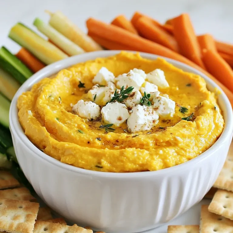 Für diesen Dip brauchst du: - 1 Tasse Kürbispüree aus der Dose - 225 g Feta-Käse, zerbröselt - 60 ml griechischer Joghurt - 2 Esslöffel Olivenöl - 1 Esslöffel Honig - 1 Teelöffel Knoblauchpulver - 1/2 Teelöffel gemahlener Kreuzkümmel - 1/2 Teelöffel geräuchertes Paprikapulver - Salz und Pfeffer nach Geschmack Diese Zutaten ergeben eine tolle Mischung aus cremiger Textur und reichhaltigem Geschmack. Das Kürbispüree bringt eine süße Note, während der Feta für eine salzige Tiefe sorgt. Du kannst frische Kräuter wie Thymian oder Petersilie hinzufügen. Diese Kräuter bringen frische Aromen und einen schönen Farbkontrast. Olivenöl gibt dem Dip eine samtige Konsistenz und gesunde Fette. Honig fügt eine leichte Süße hinzu, die die Aromen ausgleicht. Frische Kräuter sind wichtig für den Geschmack. Du kannst sie am Ende einfach über den Dip streuen. Sie geben nicht nur Geschmack, sondern auch eine schöne Optik. Wenn du frische Kräuter verwendest, achte darauf, sie gut zu waschen und klein zu hacken. So verteilen sich die Aromen gleichmäßig und der Dip sieht noch einladender aus. {{ingredient_image_2}} Für diesen Dip benötigst du einige einfache Zutaten. Zuerst nimmst du eine Tasse Kürbispüree aus der Dose. Das macht das Rezept schnell und einfach. Dann zerbröselst du 225 g Feta-Käse. Der Feta bringt einen salzigen Geschmack. Du brauchst auch 60 ml griechischen Joghurt für die Cremigkeit. Olivenöl, Honig, Knoblauchpulver, Kreuzkümmel und geräuchertes Paprikapulver sind wichtig für den Geschmack. Vergiss nicht, Salz und Pfeffer nach deinem Geschmack hinzuzufügen. Zum Schluss kannst du frische Kräuter für die Garnitur nutzen. Nachdem du alle Zutaten bereit hast, gib sie in eine Küchenmaschine. Starte mit dem Kürbispüree, dem zerbröselten Feta und dem griechischen Joghurt. Das Olivenöl, der Honig, das Knoblauchpulver, der Kreuzkümmel und das geräucherte Paprikapulver kommen ebenfalls dazu. Püriere alles, bis die Mischung glatt und cremig ist. Achte darauf, die Seiten der Schüssel abzukratzen. So vermischt sich alles gut. Es ist wichtig, dass die Konsistenz schön cremig wird, damit der Dip perfekt ist. Sobald du die Mischung püriert hast, probiere den Dip. Füge nach Bedarf Salz und Pfeffer hinzu. Püriere erneut, um die Gewürze gut zu verteilen. Wenn der Dip die richtige Konsistenz hat, gib ihn in eine Servierschüssel. Garnieren kannst du den Dip mit frischen Kräutern wie Thymian oder Petersilie. Diese geben dem Dip Farbe und zusätzlichen Geschmack. Serviere den Dip mit Gemüsesticks oder Crackern. So macht das Dippen noch mehr Spaß! Um die perfekte Konsistenz für deinen Dip zu bekommen, püriere die Zutaten gut. Du willst eine glatte, cremige Masse. Wenn der Dip zu dick ist, füge etwas mehr griechischen Joghurt oder Olivenöl hinzu. Ein Spritzer Zitronensaft kann auch helfen, den Dip leicht zu machen. Mixe alles erneut, bis es cremig ist. Der Kürbis-Feta-Dip lebt von den Gewürzen. Beginne mit Salz und Pfeffer. Probiere dann den Dip. Magst du es schärfer? Füge mehr geräuchertes Paprikapulver hinzu. Liebst du den Geschmack von Knoblauch? Mehr Knoblauchpulver verstärkt das Aroma. Sei mutig und passe den Geschmack nach deinen Wünschen an. Die Garnitur macht viel aus. Frische Kräuter wie Thymian oder Petersilie bringen Farbe und Geschmack. Streue sie einfach oben drauf. Du könntest auch geröstete Kürbiskerne verwenden, um einen knackigen Kontrast zu schaffen. Und vergiss nicht, ein paar Paprikaflocken für Farbe hinzuzufügen! So sieht dein Dip noch einladender aus. Pro Tipps Kürbispüree variieren: Verwenden Sie frisches Kürbispüree, wenn verfügbar, um den Geschmack und die Textur des Dips zu verbessern. Feta-Käse substituieren: Für eine cremigere Textur können Sie auch Ziegenkäse anstelle von Feta verwenden. Würzen nach Geschmack: Experimentieren Sie mit zusätzlichen Gewürzen wie Chili-Flocken oder frischem Knoblauch, um dem Dip eine persönliche Note zu verleihen. Serviervorschläge: Dieser Dip passt hervorragend zu geröstetem Brot oder Tortilla-Chips für eine abwechslungsreiche Snack-Option. {{image_4}} Dieser Kürbis-Feta-Dip ist schon von Natur aus vegetarisch und glutenfrei. Das macht ihn zu einer tollen Wahl für alle. Wenn Sie Gäste haben, die spezielle Diäten haben, freuen sie sich sicher über diesen Dip. Verwenden Sie einfach frische Zutaten und prüfen Sie die Etiketten der Produkte, um sicherzustellen, dass sie glutenfrei sind. So können alle den Dip genießen. Mit Kräutern und Gewürzen können Sie den Geschmack des Dips anpassen. Frische Kräuter wie Thymian oder Petersilie passen gut. Eine Prise frischer Schnittlauch gibt eine leichte Zwiebelnote. Wenn Sie es schärfer mögen, fügen Sie etwas Chili oder Cayennepfeffer hinzu. Probieren Sie auch italienische Kräuter wie Oregano oder Basilikum. Diese Variationen bringen neue Aromen in Ihr Gericht. Für zusätzlichen Crunch können Sie Nüsse wie Walnüsse oder Mandeln hinzufügen. Diese machen den Dip noch interessanter. Auch Trockenfrüchte wie Cranberries oder Datteln sind eine tolle Ergänzung. Sie bringen eine süße Note, die gut mit dem salzigen Feta harmoniert. Experimentieren Sie mit verschiedenen Zutaten, um Ihren perfekten Dip zu finden. Nach dem Zubereiten ist es wichtig, den Dip richtig zu lagern. Verwenden Sie einen luftdichten Behälter. Das hält den Dip frisch. Stellen Sie sicher, dass der Deckel gut schließt. So bleibt die Creme lange lecker. Im Kühlschrank hält sich der Kürbis-Feta-Dip etwa 3 bis 5 Tage. Überprüfen Sie vor dem Essen immer den Geruch und die Farbe. Wenn etwas komisch aussieht oder riecht, werfen Sie es besser weg. Frische ist wichtig für den Geschmack. Wenn Sie den Dip wieder aufwärmen möchten, tun Sie dies sanft. Nutzen Sie die Mikrowelle oder einen kleinen Topf. Erhitzen Sie ihn langsam, damit er nicht anbrennt. Fügen Sie etwas Joghurt oder Olivenöl hinzu. So bleibt der Dip cremig und lecker. Probieren Sie auch, ihn mit frischen Kräutern oder etwas mehr Gewürz zu verfeinern. So bringen Sie neuen Schwung in den Geschmack. Ja, du kannst frischen Kürbis verwenden. Koche ihn einfach zuerst. Schäle und würfle den Kürbis. Koche ihn in Wasser, bis er weich ist. Püriere den Kürbis gut, bis er glatt ist. Verwende dann die Menge von einer Tasse. Frischer Kürbis hat einen leicht anderen Geschmack. Das macht den Dip etwas frischer und lebendiger. Du kannst den Dip bis zu fünf Tage im Kühlschrank aufbewahren. Achte darauf, ihn in einem luftdichten Behälter zu lagern. So bleibt er frisch und lecker. Vor dem Servieren einfach gut umrühren. Wenn du ihn länger aufbewahren willst, kannst du ihn auch einfrieren. Friere ihn in kleinen Portionen ein. So hast du immer einen schnellen Snack parat. Gemüsesticks sind eine tolle Wahl. Karotten, Sellerie und Paprika harmonieren gut. Auch Cracker oder Brot passen hervorragend dazu. Du kannst auch Tortilla-Chips verwenden für einen knusprigen Genuss. Wenn du etwas mehr möchtest, serviere den Dip mit Pita-Brot. Das macht das Essen noch spannender. Diese Kürbis-Feta-Creme-Dip-Rezept ist lecker und einfach. Wir haben die Hauptzutaten und deren Vorteile behandelt. Auch frische Kräuter bringen tollen Geschmack. In der Schritt-für-Schritt-Anleitung habe ich erklärt, wie du die Zutaten vorbereitest und mixt. Tolle Tipps helfen dir, den Dip perfekt zu machen. Du kannst viele Variationen ausprobieren, um neue Geschmäcker zu entdecken. Denk auch an die Lagerung – so bleibt der Dip frisch. Nutze die FAQs, um deine Fragen zu klären und deinen Dip zu optimieren. Viel Spaß beim Ausprobieren!