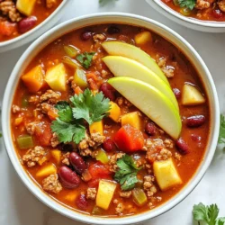 - 450 g gemahlenes Hühnchen - 2 mittlere Äpfel (z.B. Granny Smith oder Honeycrisp) - 1 Dose (425 g) Kidneybohnen, abgetropft und abgespült - 1 Dose (400 g) gewürfelte Tomaten (mit Saft) Die Hauptzutaten machen das Chili herzhaft und gesund. Ich verwende gemahlenes Hühnchen, weil es schnell kocht. Äpfel bringen eine süße Note, die gut mit den Gewürzen harmoniert. Kidneybohnen und Tomaten geben dem Chili eine schöne Textur und Fülle. - 2 Teelöffel Chili-Pulver - 1 Teelöffel Kreuzkümmel - 1/2 Teelöffel Zimt - 2 Esslöffel Olivenöl - 1 Esslöffel Apfelessig Die Gewürze sind der Schlüssel zu einem tollen Geschmack. Chili-Pulver bringt die Schärfe, während Kreuzkümmel und Zimt Tiefe verleihen. Olivenöl sorgt für eine schöne Textur, und Apfelessig gibt einen frischen Kick. - Frische Koriander- oder Petersilienblätter Die Garnitur macht das Gericht schön und frisch. Ich liebe es, frische Kräuter hinzuzufügen. Sie bringen Farbe und einen tollen Geschmack. {{ingredient_image_2}} Zuerst würfelst du die Zwiebeln und hackst den Knoblauch. Das gibt dem Chili einen tollen Geschmack. Dann schälst du die Äpfel und würfelst sie klein. Die Äpfel bringen eine süße Note in das Chili. Jetzt erhitzt du das Olivenöl in einem großen Topf bei mittlerer Hitze. Füge die gewürfelten Zwiebeln hinzu. Brate sie an, bis sie glasig sind. Das dauert etwa 5 Minuten. Danach gibst du den gehackten Knoblauch dazu. Koche ihn für eine weitere Minute. Rühre dabei oft um, damit er nicht anbrennt. Erhöhe die Hitze auf mittelhoch. Füge das gemahlene Hühnchen hinzu und brate es an. Zerkleinere das Hühnchen mit einem Holzlöffel. Brate es, bis es durchgehend braun ist. Das dauert etwa 5 bis 7 Minuten. Jetzt kommen die gewürfelten Äpfel und die Gewürze dazu. Rühre alles gut ein und lasse es für 3 Minuten weitergaren. Die Äpfel werden weich und geben Geschmack. Gieße die gewürfelten Tomaten, die Kidneybohnen, die Hühnerbrühe und den Apfelessig dazu. Rühre gut um, damit sich alles vermischt. Bringe die Mischung zum Köcheln. Dann reduziere die Hitze und lasse das Chili unbedeckt 20 bis 25 Minuten köcheln. Rühre gelegentlich um, bis das Chili die gewünschte Konsistenz erreicht. Probiere das Chili und passe den Geschmack mit Salz und Pfeffer an. Um die perfekte Konsistenz für dein Chili zu erreichen, achte auf die Flüssigkeitsmenge. Zu viel Flüssigkeit macht das Chili wässrig. Zu wenig führt zu einem trockenen Gericht. Beginne mit 500 ml Hühnerbrühe. Lass das Chili köcheln, bis es eindickt. Rühre regelmäßig um, damit es nicht anbrennt. Bei Bedarf kannst du mehr Brühe hinzufügen. Die Gewürze sind der Schlüssel für den Geschmack. Beginne mit den angegebenen Mengen. Probiere während des Kochens. Wenn du mehr Schärfe willst, füge zusätzliches Chilipulver hinzu. Für einen besonderen Kick kann ein Spritzer Limettensaft helfen. Experimentiere mit dem Zimt; weniger macht das Chili herzhafter, mehr bringt süße Noten. Das Aussehen deines Chilis macht viel aus. Serviere es in warmen Schalen. Garniere mit frischen Koriander- oder Petersilienblättern. Ein paar Scheiben Apfel oben drauf sehen toll aus. Verwende farbige Schalen, um das Gericht noch ansprechender zu gestalten. Ein Stück Baguette oder Tortilla dazu rundet das Bild ab. Pro Tipps Äpfel auswählen: Wähle eine feste Apfelsorte wie Granny Smith oder Honeycrisp, um sicherzustellen, dass sie beim Kochen nicht zerfallen. Gewürze anpassen: Fühle dich frei, die Gewürze nach deinem Geschmack anzupassen. Mehr Chilipulver für mehr Schärfe oder zusätzlichen Zimt für eine süßere Note. Chili durchziehen lassen: Das Chili schmeckt besser, wenn es etwas Zeit hat, um die Aromen zu entfalten. Lasse es nach dem Kochen einige Stunden oder über Nacht im Kühlschrank ruhen. Serviervorschlag: Serviere das Chili mit frischem Brot oder nach Belieben mit saurer Sahne und Käse für eine zusätzliche Geschmacksebene. {{image_4}} Du kannst das Hühnchen durch Pflanzenprotein ersetzen. Eine gute Wahl ist Soja- oder Erbsenprotein. Das gibt dir die gleiche Textur, aber ohne Fleisch. Achte darauf, das Protein gut zu würzen. Das sorgt für Geschmack und Tiefe im Chili. Mach dein Chili noch bunter und leckerer! Füge Paprika oder Mais hinzu. Paprika gibt eine süße Note, während Mais für eine knackige Textur sorgt. Du kannst auch schwarze Bohnen oder Zucchini einfügen. Achte darauf, die Menge der Flüssigkeit anzupassen, wenn du mehr Zutaten hinzufügst. Experimentiere mit den Gewürzen! Du kannst Paprika oder Oregano verwenden. Sie bringen einen anderen Geschmack. Wenn du es schärfer magst, füge mehr Chilipulver oder frische Chilis hinzu. Zimt bringt eine warme Note, die sehr gut mit Äpfeln harmoniert. Spiele mit den Gewürzen, um dein eigenes Chili zu kreieren. Um Apfel-Hühnchen-Chili frisch zu halten, lege es in einen luftdichten Behälter. Stelle den Behälter in den Kühlschrank. So bleibt es bis zu fünf Tage gut. Achte darauf, dass das Chili vollständig abgekühlt ist, bevor du es einpackst. So vermeidest du Feuchtigkeit, die Schimmel fördern kann. Wenn du mehr Chili hast, friere es ein! Verwende einen gefrierfesten Behälter oder einen Gefrierbeutel. Teile das Chili in Portionen auf. So kannst du immer eine Portion auftauen, wenn du Lust darauf hast. Achte darauf, etwas Platz im Behälter zu lassen, da sich Flüssigkeiten beim Gefrieren ausdehnen. Um das Chili aufzuwärmen, benutze einen Topf oder eine Mikrowelle. Wenn du einen Topf verwendest, erhitze es bei mittlerer Hitze. Rühre oft um, damit es nicht anbrennt. In der Mikrowelle stelle die Leistung auf mittlere Stufe. Erhitze es in Intervallen von 1-2 Minuten. Überprüfe es, damit es gleichmäßig warm wird. Du kannst dein Apfel-Hühnchen-Chili im Kühlschrank bis zu fünf Tage aufbewahren. Achte darauf, es in einem luftdichten Behälter zu lagern. Wenn du das Chili länger aufbewahren möchtest, friere es einfach ein. Im Gefrierfach bleibt es bis zu drei Monate frisch. Verwende einen gefrierfesten Behälter, um die Qualität zu bewahren. Ja, du kannst das Chili leicht im Slow Cooker machen. Brate zuerst die Zwiebeln und den Knoblauch in einer Pfanne an. Gib dann alle Zutaten in den Slow Cooker. Stelle ihn auf niedrige Hitze und lasse das Chili 6-8 Stunden kochen. Du kannst auch die hohe Hitze wählen, dann dauert es nur 3-4 Stunden. So wird das Chili besonders zart und die Aromen kommen gut zur Geltung. Zu deinem Apfel-Hühnchen-Chili passen viele Beilagen gut. Hier sind einige Ideen: - Frisches Brot oder Tortillas zum Dippen - Reis für eine sättigende Beilage - Ein einfacher grüner Salat zur Auffrischung - Guacamole oder saure Sahne für einen cremigen Kontrast Diese Beilagen ergänzen das Chili perfekt und machen das Gericht noch schmackhafter! In diesem Beitrag haben wir die Zutaten für ein köstliches Apfel-Hühnchen-Chili betrachtet. Wir haben die Hauptzutaten und Gewürze aufgelistet, sowie die Schritte zur Zubereitung erklärt. Ich habe dir einige Tipps gegeben, um das Chili perfekt anzupassen und zu präsentieren. Denke daran, mit verschiedenen Variationen zu experimentieren und das Chili im Kühlschrank oder Gefrierfach aufzubewahren. Kochen kann einfach und spannend sein, wenn du es mit den richtigen Zutaten und einem klaren Plan angehst. Viel Spaß beim Nachkochen!