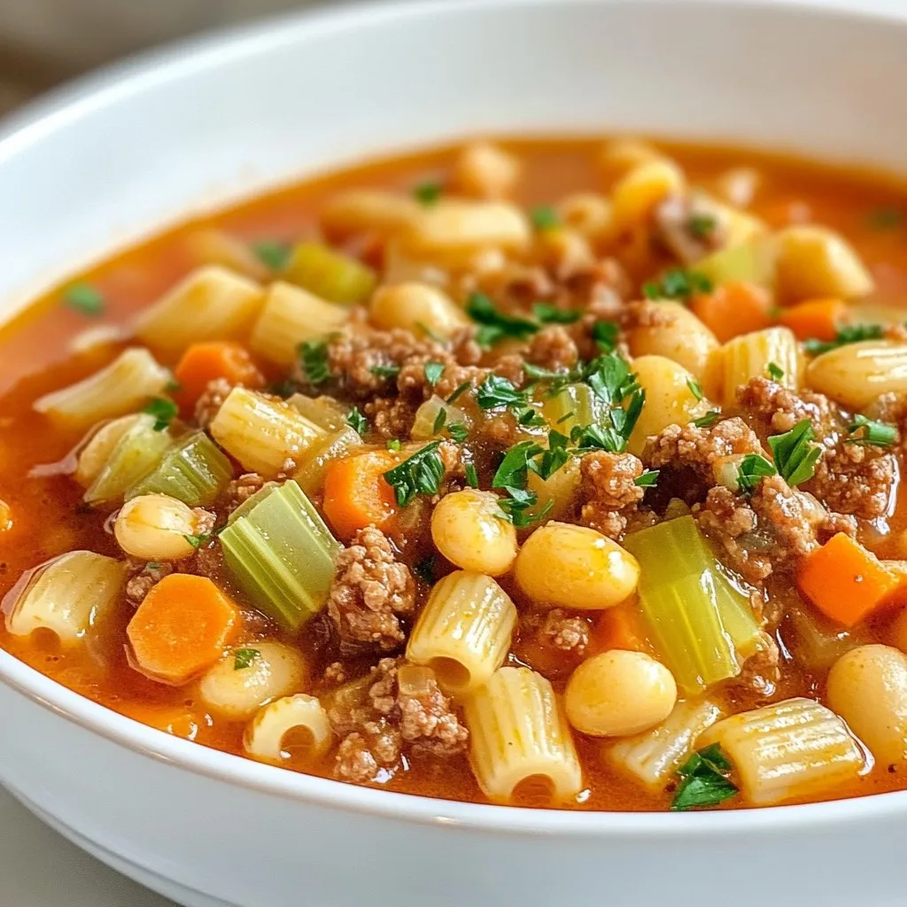 Für diese leckere Suppe brauchst du einige einfache Zutaten. Hier sind die Hauptzutaten: - 1 Esslöffel Olivenöl - 1 mittelgroße Zwiebel, gewürfelt - 2 Karotten, gewürfelt - 2 Selleriestangen, gewürfelt - 3 Knoblauchzehen, fein gehackt - 450 g Rinderhackfleisch (oder Putenhackfleisch) - 1 Dose (425 g) gewürfelte Tomaten, mit Saft - 1 Dose (425 g) rote Kidneybohnen, abgetropft und abgespült - 1 Dose (425 g) Cannellini-Bohnen, abgetropft und abgespült - 960 ml Rinder- oder Gemüsebrühe - 1 Teelöffel italienische Kräuter - 1 Lorbeerblatt - 1 Tasse kleine Pasta (wie Ditalini oder kleine Muscheln) - Salz und Pfeffer nach Geschmack - Frische Petersilie oder Basilikum zur Garnierung Diese Zutaten bringen viel Geschmack und Nährstoffe in die Suppe. Gewürze sind wichtig für den Geschmack. Italienische Kräuter bringen das Aroma. Das Lorbeerblatt gibt der Suppe Tiefe. Du kannst Rinder- oder Gemüsebrühe nutzen. Brühe macht die Suppe reichhaltiger. Salz und Pfeffer sind entscheidend. Sie bringen die Aromen zum Leuchten. Die Garnitur macht die Suppe hübsch. Frische Petersilie oder Basilikum sind ideal. Streue sie vor dem Servieren über die Suppe. Du kannst auch Parmesan darüberreiben. Das gibt einen extra Geschmack. Serviere die Suppe heiß in einer schönen Schüssel. Ein Stück Brot passt perfekt dazu. {{ingredient_image_2}} Bevor Sie mit dem Kochen beginnen, sammeln Sie alle Zutaten. Dies macht das Kochen einfacher. Hier ist eine Liste der Zutaten: - 1 Esslöffel Olivenöl - 1 mittelgroße Zwiebel, gewürfelt - 2 Karotten, gewürfelt - 2 Selleriestangen, gewürfelt - 3 Knoblauchzehen, fein gehackt - 450 g Rinderhackfleisch (oder Putenhackfleisch) - 1 Dose (425 g) gewürfelte Tomaten, mit Saft - 1 Dose (425 g) rote Kidneybohnen, abgetropft und abgespült - 1 Dose (425 g) Cannellini-Bohnen, abgetropft und abgespült - 960 ml Rinder- oder Gemüsebrühe - 1 Teelöffel italienische Kräuter - 1 Lorbeerblatt - 1 Tasse kleine Pasta (wie Ditalini oder kleine Muscheln) - Salz und Pfeffer nach Geschmack - Frische Petersilie oder Basilikum zur Garnierung Die Zwiebel, Karotten und Sellerie müssen gewürfelt werden. Hacken Sie den Knoblauch fein. Das Hackfleisch kann Rind oder Pute sein. Spülen Sie die Bohnen gut ab, bevor Sie sie verwenden. Erhitzen Sie das Olivenöl in einem großen Topf bei mittlerer Hitze. Fügen Sie die gewürfelte Zwiebel, Karotten und Sellerie hinzu. Sautieren Sie alles etwa 5 Minuten lang, bis das Gemüse weich ist. Danach geben Sie den Knoblauch dazu und sautieren ihn für eine weitere Minute. Erhöhen Sie die Hitze auf mittel-hoch und fügen Sie das Hackfleisch hinzu. Kochen Sie es gut durch und zerbröckeln Sie es mit einem Holzlöffel. Wenn Fett im Topf ist, können Sie es abgießen. Jetzt kommen die gewürfelten Tomaten, die Bohnen, die Brühe, die italienischen Kräuter und das Lorbeerblatt dazu. Bringen Sie die Mischung zum Kochen. Reduzieren Sie dann die Hitze auf niedrig und decken Sie den Topf ab. Lassen Sie die Suppe 15-20 Minuten köcheln. Nach dem Köcheln rühren Sie die Pasta in die Suppe ein. Kochen Sie sie gemäß der Verpackungsanweisung, bis sie al dente ist. Entfernen Sie das Lorbeerblatt. Würzen Sie die Suppe mit Salz und Pfeffer nach Geschmack. Servieren Sie die Pasta e Fagioli heiß. Garnieren Sie sie mit frischer Petersilie oder Basilikum. Diese Suppe ist perfekt für kalte Tage. Sie bringt Wärme und Freude in jedes Zuhause. Um den besten Geschmack zu erreichen, nutzen Sie frische Zutaten. Verwenden Sie hochwertige Olivenöl für eine reichhaltige Basis. Sautieren Sie Zwiebel, Karotten und Sellerie gut. Dadurch entfalten sich die Aromen. Fügen Sie den Knoblauch erst später hinzu, damit er nicht verbrennt. Lassen Sie die Suppe lange köcheln. So verbinden sich die Aromen gut. Ein häufiger Fehler ist, die Brühe nicht richtig zu würzen. Prüfen Sie die Brühe vor dem Servieren. Fügen Sie Salz und Pfeffer nach Geschmack hinzu. Ein weiterer Fehler ist, die Pasta zu lange zu kochen. Achten Sie darauf, dass die Pasta al dente bleibt. Andernfalls wird sie matschig. Außerdem sollten Sie das Lorbeerblatt vor dem Servieren entfernen. Es hat einen starken Geschmack. Für eine schöne Präsentation verwenden Sie frische Kräuter. Petersilie oder Basilikum sind perfekte Garnituren. Streuen Sie die Kräuter direkt vor dem Servieren. Servieren Sie die Suppe in tiefen Tellern. So wirkt das Gericht einladend. Ein wenig geriebener Parmesan kann auch gut aussehen und schmecken. Pro Tipps Frische Zutaten verwenden: Verwenden Sie frisches Gemüse und hochwertige Brühe für den besten Geschmack. Würzen während des Kochens: Passen Sie die Gewürze während des Kochens an, um die Aromen besser zu integrieren. Resteverwertung: Diese Suppe eignet sich hervorragend für Reste. Fügen Sie andere Gemüse oder Bohnen hinzu, die Sie zur Hand haben. Pasta al dente kochen: Kochen Sie die Pasta separat und fügen Sie sie kurz vor dem Servieren hinzu, um ein Überkochen zu vermeiden. {{image_4}} Pasta e Fagioli kann einfach vegan oder vegetarisch gemacht werden. Ersetzen Sie das Fleisch durch mehr Gemüse oder Tofu. Soja- oder Linsenhackfleisch sind tolle Alternativen. Verwenden Sie Gemüsebrühe statt Rinderbrühe. Dies gibt der Suppe einen vollmundigen Geschmack. Sie können auch andere Gemüsesorten in die Suppe geben. Zucchini oder Paprika passen gut. Auch grüne Bohnen oder Spinat sind tolle Ergänzungen. Achten Sie darauf, die Garzeit anzupassen. So bleiben die Gemüse knackig und frisch. Die Wahl der Pasta macht einen großen Unterschied. Ditalini ist klassisch, aber Sie können auch kleine Muscheln verwenden. Glutenfreie Pasta ist eine gute Option für Allergiker. Achten Sie darauf, die Pasta nicht zu lange zu kochen. So bleibt sie al dente und macht die Suppe lecker. Um deine Pasta e Fagioli frisch zu halten, lass die Suppe zuerst abkühlen. Verwende einen luftdichten Behälter. Fülle die Suppe in den Behälter und schließe ihn gut. So bleibt der Geschmack erhalten. Du kannst die Suppe bis zu vier Tage im Kühlschrank lagern. Stelle sicher, dass der Kühlschrank kalt genug ist, unter 4 Grad Celsius. Wenn du mehr Suppe hast, kannst du sie einfrieren. Teile die Suppe in Portionen auf. Verwende gefriergeeignete Behälter oder Beutel. Lass etwas Platz im Behälter, da die Suppe beim Einfrieren expandiert. Die Suppe bleibt bis zu drei Monate im Gefrierfach gut. Schreibe das Datum auf den Behälter, damit du weißt, wann du sie gemacht hast. Zum Erwärmen der gefrorenen Suppe, nimm sie aus dem Gefrierfach. Lass sie über Nacht im Kühlschrank auftauen. Du kannst sie auch in der Mikrowelle erwärmen. Stelle die Mikrowelle auf mittlere Stufe und rühre zwischendurch um. Wenn du die Suppe auf dem Herd erwärmen möchtest, gib sie in einen Topf. Erhitze sie bei mittlerer Hitze und rühre regelmäßig um. Füge etwas Brühe oder Wasser hinzu, wenn die Suppe zu dick wird. So wird sie wieder cremig und lecker. Um Pasta e Fagioli ohne Fleisch zu machen, können Sie einfach das Hackfleisch weglassen. Ersetzen Sie es durch mehr Bohnen oder Gemüse. Zum Beispiel können Sie zusätzlich Zucchini oder Paprika verwenden. Diese Zutaten sorgen für reichlich Geschmack und Textur. Verwenden Sie Gemüsebrühe anstelle von Rinderbrühe, um die Suppe vegan zu halten. Die Kochzeiten bleiben gleich, sodass Sie die Aromen gut entwickeln können. Ja, Sie können die Zutaten nach Belieben ersetzen. Mögen Sie keine Karotten? Dann nehmen Sie mehr Sellerie oder Spinat. Wenn Sie keine Kidneybohnen haben, verwenden Sie weiße Bohnen oder Linsen. Die Pasta kann ebenfalls variieren. Verwenden Sie kleine Muscheln oder sogar Reis, wenn Sie keine Pasta mögen. Seien Sie kreativ und passen Sie die Suppe an Ihren Geschmack an. Die Suppe kann bis zu fünf Tage im Kühlschrank aufbewahrt werden. Stellen Sie sicher, dass sie in einem luftdichten Behälter ist. Wenn Sie die Suppe länger aufbewahren möchten, können Sie sie einfrieren. So bleibt sie bis zu drei Monate frisch. Achten Sie darauf, die Suppe in Portionen einzufrieren. So können Sie sie einfach auftauen und genießen, wann immer Sie möchten. Pasta e Fagioli ist eine schmackhafte und nahrhafte Suppe. Wir haben über die Zutaten, die Zubereitung und nützliche Tipps gesprochen. Variationen sind einfach und machen das Gericht flexibel. Das richtige Lagern sorgt dafür, dass der Geschmack bleibt. Wenn Sie wissen möchten, wie man es ohne Fleisch zubereitet oder Zutaten anpassen kann, sind die FAQs hilfreich. Nutzen Sie diese Informationen, um Ihre eigene köstliche Pasta e Fagioli zu kreieren. Es wird nicht nur lecker, sondern auch ein echter Genuss. Probieren Sie es aus!