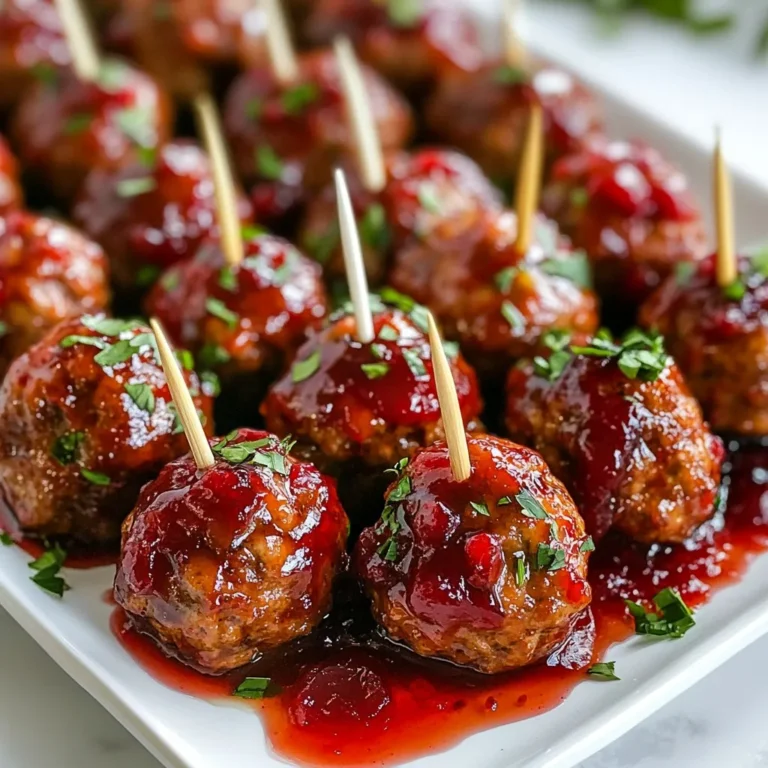 Für die köstlichen Cranberry Glazed Meatballs brauchst du folgende Hauptzutaten: - 450 g gehacktes Rindfleisch - 125 g Semmelbrösel - 30 g geriebener Parmesan - 60 g fein gehackte Zwiebel - 2 Zehen Knoblauch, gehackt - 1 großes Ei - 1 Teelöffel getrockneter Thymian - Salz und Pfeffer nach Geschmack Diese Zutaten bilden die Basis für die saftigen und schmackhaften Fleischbällchen. Das Rindfleisch sorgt für eine gute Textur, während Parmesan und Zwiebel den Geschmack verstärken. Die richtige Glasur macht die Fleischbällchen besonders lecker. Hier sind die Zutaten für die Glasur: - 240 g Preiselbeersoße - 2 Esslöffel Sojasauce - 1 Esslöffel Apfelessig - 1 Esslöffel Honig Diese Soßen und Gewürze geben den Fleischbällchen einen süß-sauren Geschmack. Die Kombination aus Preiselbeeren und Sojasauce bringt eine spannende Note in jedes Gericht. Wenn du keine frischen Zutaten hast, kannst du auch einige Alternativen verwenden: - Statt frischer Zwiebel: Verwende Zwiebelpulver. - Anstelle von frischem Knoblauch: Nutze Knoblauchpulver. - Für die Preiselbeersoße: Eine andere Beerensoße kann auch gut passen. Diese Alternativen verändern das Gericht nicht grundlegend, aber sie bringen eine ähnliche Geschmackstiefe. So hast du immer die Möglichkeit, die Meatballs zuzubereiten, auch wenn du nicht alles zur Hand hast. {{ingredient_image_2}} Heize deinen Ofen auf 200°C vor. Lege ein Backblech mit Backpapier aus. Das Backpapier hilft, die Fleischbällchen nicht kleben zu lassen. In einer großen Schüssel kombinierst du das gehackte Rindfleisch, die Semmelbrösel, den geriebenen Parmesan, die gehackte Zwiebel, den gehackten Knoblauch, das Ei und den getrockneten Thymian. Füge Salz und Pfeffer nach Geschmack hinzu. Mische alles gut. Achte darauf, dass die Zutaten nur gut vermischt sind. Zu viel Mischen macht die Bällchen hart. Mit deinen Händen forme kleine Bällchen aus der Mischung. Sie sollten etwa 2,5 cm groß sein. Lege die Bällchen gleichmäßig auf das Backblech. Backe sie im vorgeheizten Ofen für 20 Minuten. Sie sind fertig, wenn sie goldbraun sind. Während die Fleischbällchen backen, kannst du die Glasur machen. Nimm einen kleinen Topf und stelle ihn auf mittlere Hitze. Mische die Preiselbeersoße, Sojasauce, Apfelessig und Honig. Rühre die Mischung für etwa 5 Minuten. Sie sollte warm und gut vermischt sein. Nehme die Fleischbällchen nach dem Backen aus dem Ofen. Übertrage sie in eine große Schüssel. Gieße die warme Preiselbeerglasur über die Bällchen. Schwenke die Bällchen vorsichtig, bis sie gleichmäßig bedeckt sind. Übertrage die glasierten Fleischbällchen auf eine Servierplatte und garniere sie mit frisch gehackter Petersilie. Um Zeit zu sparen, bereiten Sie die Zutaten im Voraus vor. Schneiden Sie die Zwiebel und den Knoblauch am Vortag. Sie können auch das Rindfleisch mit den anderen Zutaten mischen und die Mischung kühlen. So sind die Fleischbällchen schnell geformt und gebacken. Wenn Sie gefrorenes Rindfleisch verwenden, tauen Sie es über Nacht im Kühlschrank auf. So sparen Sie Zeit am Tag der Zubereitung. Ein häufiger Fehler ist, das Fleisch zu lange zu mischen. Mischen Sie nur bis alles verbunden ist. Zu viel Mischen macht die Bällchen hart. Ein weiterer Fehler ist, die Garnitur zu vergessen. Frische Petersilie macht das Gericht schön und fügt Geschmack hinzu. Achten Sie auch darauf, die Bällchen gleichmäßig zu formen. So garen sie gleichmäßig und sehen gut aus. Um den Geschmack zu verbessern, experimentieren Sie mit Gewürzen. Fügen Sie etwas Paprika oder Kreuzkümmel hinzu. Das gibt den Bällchen eine besondere Note. Auch die Glasur kann angepasst werden. Nutzen Sie frische Preiselbeeren für mehr Frische. Ein Spritzer Zitrone in der Glasur bringt mehr Tiefe. Servieren Sie die Fleischbällchen mit einer scharfen Sauce, wenn Sie es würziger mögen. Pro Tipps Fleischbällchen nicht überarbeiten: Zu viel Mischen kann die Bällchen zäh machen. Mischen Sie die Zutaten nur so lange, bis sie gerade verbunden sind. Variationen der Glasur: Experimentieren Sie mit verschiedenen Fruchtsaucen wie Himbeeren oder Pfirsichen, um neue Geschmackskombinationen zu entdecken. Fleischbällchen gleichmäßig backen: Stellen Sie sicher, dass die Bällchen gleichmäßig auf dem Blech verteilt sind, damit sie gleichmäßig garen und braun werden. Vorbereitung im Voraus: Bereiten Sie die Fleischbällchen und die Glasur im Voraus zu. Sie können sie dann einfach vor dem Servieren aufwärmen. {{image_4}} Wenn Sie Fleisch vermeiden wollen, probieren Sie pflanzliche Alternativen. Sie können Soja- oder Linsen-Bällchen verwenden. Diese Optionen sind nahrhaft und lecker. Mischen Sie gekochte Linsen mit Semmelbröseln, Zwiebeln und Gewürzen. So bekommen Sie die Basis für Ihre vegetarischen Bällchen. Die Cranberry-Glasur passt auch gut zu diesen Varianten. Glasuren können kreativ angepasst werden. Verwenden Sie anstelle von Preiselbeeren eine BBQ-Sauce für einen rauchigen Geschmack. Auch eine süße Teriyaki-Sauce bringt einen neuen Flair. Fügen Sie Gewürze wie Ingwer oder Chili hinzu, um mehr Tiefe zu erreichen. Experimentieren Sie und finden Sie Ihre Lieblingsglasur! Für eine ausgewogene Mahlzeit bieten sich verschiedene Beilagen an. Servieren Sie die Bällchen mit Reis oder Quinoa. Das gibt Ihnen eine gute Basis. Auch Kartoffelpüree oder gedünstetes Gemüse sind tolle Optionen. Für einen festlichen Touch können Sie die Bällchen mit frischem Brot oder kleinen Brötchen reichen. Diese Kombinationen machen Ihre Mahlzeit noch schmackhafter! Wenn Sie Fleischbällchen übrig haben, lassen Sie sie zuerst abkühlen. Legen Sie die Fleischbällchen in einen luftdichten Behälter. Sie können sie bis zu drei Tage im Kühlschrank aufbewahren. Achten Sie darauf, die Glasur nicht abzuwaschen. So bleibt der Geschmack intensiv. Möchten Sie Fleischbällchen für später aufbewahren? Das ist ganz einfach! Legen Sie die unglasierten Fleischbällchen auf ein Backblech. Frieren Sie sie für etwa zwei Stunden ein, bis sie fest sind. Danach können Sie sie in einen Gefrierbeutel geben. So bleiben sie bis zu drei Monate frisch. Denken Sie daran, das Datum auf den Beutel zu schreiben. Um die Fleischbällchen wieder zu erhitzen, gibt es einige gute Wege. Sie können sie im Ofen bei 175°C für 15 bis 20 Minuten backen. So werden sie schön warm. Eine andere Option ist die Mikrowelle. Legen Sie die Fleischbällchen in eine mikrowellengeeignete Schüssel und decken Sie sie ab. Erwärmen Sie sie in Intervallen von 30 Sekunden, bis sie heiß sind. Genießen Sie den vollen Geschmack der Cranberry-Glasur! Es dauert etwa 15 Minuten, um die Zutaten vorzubereiten. Danach backen die Fleischbällchen 20 Minuten im Ofen. Insgesamt benötigen Sie also 40 Minuten, um die Cranberry Glazed Meatballs fertigzustellen. Dies ist eine schnelle und einfache Wahl für ein leckeres Gericht. Ja, Sie können die Fleischbällchen im Voraus machen. Bereiten Sie die Mischung und formen Sie die Bällchen. Lagern Sie sie dann im Kühlschrank für bis zu 24 Stunden. Wenn Sie bereit sind, backen Sie sie einfach. So sparen Sie Zeit, wenn Gäste kommen oder während der Woche. Die Cranberry Glazed Meatballs passen gut zu verschiedenen Beilagen. Einige gute Optionen sind: - Reis oder Quinoa - Kartoffelpüree - Grüne Bohnen oder Brokkoli - Ein frischer Salat Diese Beilagen ergänzen den süßen und herzhaften Geschmack der Fleischbällchen perfekt. Die Herstellung von Cranberry Glazed Meatballs ist einfach und lecker. Wir haben die Hauptzutaten, die Zubereitungsschritte und nützliche Tipps durchgekaut. Außerdem gibt es viele Variationen, die du ausprobieren kannst. Es ist wichtig, die Reste richtig zu lagern, um das Beste aus deinem Gericht zu machen. Diese Fleischbällchen sind vielseitig, lecker und eignen sich perfekt für jedes Fest. Nutze die Informationen aus diesem Artikel, um dein nächstes Gericht noch besser zu machen. Viel Spaß beim Kochen und Genießen!