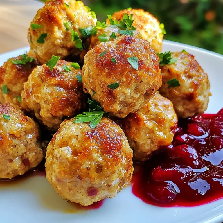 Für die Thanksgiving Truthahn-Fleischbällchen benötigen Sie folgende Hauptzutaten: - 500 g gemahlener Truthahn - 125 g Semmelbrösel, vorzugsweise Vollkorn - 30 g geriebener Parmesan - 75 g fein gehackte Zwiebel - 2 Knoblauchzehen, fein gehackt - 60 g frische Petersilie, gehackt - 1 Teelöffel getrockneter Salbei - 1 Teelöffel getrockneter Thymian - 1/4 Teelöffel gemahlene Muskatnuss - 1 großes Ei - 60 ml Hühnerbrühe mit niedrigem Natriumgehalt - Salz und Pfeffer nach Geschmack - Olivenöl zum Anbraten Die Aromen bringen die Fleischbällchen zum Leben. Petersilie sorgt für Frische. Salbei und Thymian geben den typischen Geschmack von Thanksgiving. Muskatnuss verleiht eine warme Note. Diese Kräuter machen die Bällchen besonders lecker. Sie können auch andere Kräuter verwenden, wie Oregano oder Basilikum, um verschiedene Geschmäcker zu testen. Wenn Sie spezielle Diäten haben, gibt es Alternativen. Für eine glutenfreie Version verwenden Sie glutenfreie Semmelbrösel. Veganer können den Truthahn durch gehackte Pilze und schwarze Bohnen ersetzen. Statt des Eies nutzen Sie Leinsamen oder Chiasamen mit Wasser als Bindemittel. Diese Optionen halten die Bällchen saftig und schmackhaft. {{ingredient_image_2}} Heize deinen Ofen auf 190 °C vor. Das ist wichtig, um die Fleischbällchen gleichmäßig zu garen. Lege ein Backblech mit Backpapier aus. Dadurch kleben die Fleischbällchen nicht fest. Nimm eine große Schüssel. Gib 500 g gemahlenen Truthahn, 125 g Semmelbrösel und 30 g geriebenen Parmesan hinein. Füge 75 g fein gehackte Zwiebel, 2 fein gehackte Knoblauchzehen und 60 g frische, gehackte Petersilie hinzu. Ergänze 1 Teelöffel getrockneten Salbei, 1 Teelöffel getrockneten Thymian und 1/4 Teelöffel Muskatnuss. Schlage 1 großes Ei auf und gieße 60 ml Hühnerbrühe dazu. Würze das Ganze mit Salz und Pfeffer. Mische alles vorsichtig mit den Händen. Achte darauf, nicht zu viel zu kneten. So bleiben die Fleischbällchen zart. Nimm eine kleine Menge der Mischung. Forme daraus etwa 4 cm große Bällchen. Lege sie auf das Backblech. Erhitze etwas Olivenöl in einer großen Pfanne bei mittlerer Hitze. Gib die Fleischbällchen in Chargen hinein. Brate sie 3-4 Minuten pro Seite, bis sie goldbraun sind. Das Anbraten gibt den Bällchen einen tollen Geschmack. Lege die angebratenen Fleischbällchen zurück auf das Backblech. Backe sie im Ofen für 15-20 Minuten. Überprüfe die Kerntemperatur. Sie sollte 75 °C erreichen. Nimm die Bällchen aus dem Ofen und lass sie ein paar Minuten ruhen. Serviere sie warm mit Preiselbeersoße, falls gewünscht. Arrangiere sie festlich auf einem Teller und streue etwas gehackte Petersilie darüber. Um saftige Fleischbällchen zu machen, mische die Zutaten vorsichtig. Verwende deine Hände, um die Mischung zu kombinieren. Knete nicht zu viel, denn das macht die Bällchen hart. Forme gleichmäßige Kugeln, etwa 4 cm groß. Dies hilft, dass sie gleichmäßig garen. Brate sie zuerst in der Pfanne an, bevor du sie backst. Dadurch entsteht eine schöne Kruste und sie bleiben saftig. Die richtigen Gewürze machen den Unterschied. Verwende getrockneten Salbei und Thymian für den klassischen Geschmack. Muskatnuss gibt eine warme Note. Frische Petersilie bringt Farbe und Frische. Du kannst auch andere Gewürze ausprobieren, wie Paprika oder Kreuzkümmel, um neue Aromen zu entdecken. Denke daran, die Gewürze nach deinem Geschmack anzupassen. Die Präsentation ist wichtig, besonders bei einem Festmahl. Arrangiere die Fleischbällchen auf einer hübschen Platte. Träufle etwas Preiselbeersoße darüber. Das sieht toll aus und schmeckt gut. Streue gehackte Petersilie darüber für einen Farbtupfer. Du kannst auch kleine Spieße verwenden, um die Bällchen ansprechend zu servieren. So werden sie zum Blickfang auf jedem Tisch. Pro Tipps Fleischbällchen nicht überarbeiten: Vermeiden Sie es, die Mischung zu stark zu kneten, damit die Fleischbällchen zart bleiben. Die richtige Temperatur prüfen: Nutzen Sie ein Fleischthermometer, um sicherzustellen, dass die Fleischbällchen eine Kerntemperatur von 75 °C erreichen. Variieren Sie die Kräuter: Experimentieren Sie mit verschiedenen Kräutern wie Oregano oder Rosmarin für einen anderen Geschmack. Fleischbällchen vor dem Backen kühlen: Lassen Sie die geformten Fleischbällchen 15 Minuten im Kühlschrank ruhen, um ihre Form zu festigen. {{image_4}} Für eine Low-Carb-Variante, ersetzen Sie die Semmelbrösel durch gemahlene Mandeln oder gemahlene Leinsamen. Diese Zutaten halten die Fleischbällchen leicht und lecker. Verwenden Sie auch weniger Hühnerbrühe, um die Mischung fest zu halten. Achten Sie darauf, die Gewürze beizubehalten, um den vollen Geschmack zu erhalten. Wenn Sie eine vegetarische Option wünschen, ersetzen Sie das gemahlene Fleisch durch eine Mischung aus Quinoa und schwarzen Bohnen. Fügen Sie fein gehackte Paprika und Karotten hinzu, um mehr Textur zu bieten. Verwenden Sie ein Ei, um die Mischung zusammenzuhalten. Diese Variante ist nahrhaft und bietet den gleichen tollen Geschmack. Experimentieren Sie mit den Gewürzen, um verschiedene Geschmäcker zu entdecken. Fügen Sie zum Beispiel einen Teelöffel geräucherten Paprika für einen rauchigen Geschmack hinzu. Für eine süßere Note, probieren Sie etwas Zimt oder Muskatnuss. So passen Sie die Fleischbällchen perfekt an Ihre Vorlieben an. Sie können die Thanksgiving Truthahn-Fleischbällchen bis zu drei Tage im Kühlschrank aufbewahren. Stellen Sie sicher, dass sie in einem luftdichten Behälter sind. So bleiben sie frisch und saftig. Lassen Sie die Fleischbällchen abkühlen, bevor Sie sie lagern. Möchten Sie die Fleischbällchen länger aufbewahren? Dann gefrieren Sie sie ein! Legen Sie sie auf ein Backblech und frieren Sie sie für etwa zwei Stunden ein. Danach können Sie die gefrorenen Fleischbällchen in einen luftdichten Beutel umfüllen. So vermeiden Sie Gefrierbrand. Sie sind bis zu drei Monate haltbar. Um die Fleischbällchen aufzuwärmen, legen Sie sie auf ein Backblech. Heizen Sie den Ofen auf 180 °C vor. Backen Sie sie für 10 bis 15 Minuten, bis sie warm sind. Alternativ können Sie sie in der Mikrowelle aufwärmen. Stellen Sie die Mikrowelle auf mittlere Hitze und wärmen Sie sie in 30-Sekunden-Intervallen auf. So bleiben sie zart und saftig. Die Thanksgiving Turkey Meatballs sind im Kühlschrank etwa 3 bis 4 Tage haltbar. Lagern Sie sie in einem luftdichten Behälter. Wenn Sie sie länger aufbewahren wollen, frieren Sie die Fleischbällchen ein. So bleiben sie bis zu 3 Monate frisch. Achten Sie darauf, sie gut zu verpacken, um Gefrierbrand zu vermeiden. Ja, Sie können die Fleischbällchen im Voraus zubereiten. Formen Sie die Bällchen und lagern Sie sie im Kühlschrank bis zu 24 Stunden. So sparen Sie Zeit am Feiertag. Alternativ können Sie die Bällchen auch einfrieren. Lassen Sie sie vorher gut abkühlen. Wenn Sie sie später verwenden, tauen Sie sie einfach im Kühlschrank auf, bevor Sie sie anbraten und backen. Um die Fleischbällchen würziger zu machen, können Sie verschiedene Kräuter und Gewürze hinzufügen. Zum Beispiel passen Chili-Flocken gut dazu. Auch frische Kräuter wie Rosmarin oder Thymian geben mehr Geschmack. Experimentieren Sie mit verschiedenen Zutaten, um den perfekten Geschmack für Ihre Gäste zu finden. Achten Sie darauf, die Gewürze nach und nach hinzuzufügen, damit die Aromen harmonisch bleiben. Zusammenfassend haben wir die wichtigen Zutaten für köstliche Fleischbällchen besprochen. Wir haben die Zubereitung vom Vorheizen bis zum Servieren erklärt. Dazu gab es Tipps für den perfekten Geschmack und kreative Variationen. Denken Sie an Lagerung und Aufwärmen, damit Ihre Fleischbällchen frisch bleiben. Gutes Essen bringt Freude, besonders zu besonderen Anlässen. Bereiten Sie diese Fleischbällchen zu und erfreuen Sie Ihre Gäste mit jedem Biss. Viel Spaß beim Kochen!