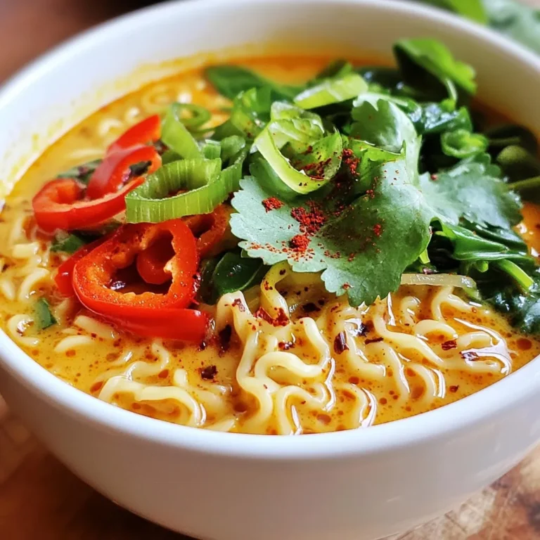 Um köstliche Spicy Coconut Curry Ramen zuzubereiten, brauchst du folgende Zutaten: - 2 Packungen Ramen-Nudeln - 1 Dose (400ml) Kokosmilch - 2 Esslöffel rote Thai-Currypaste - 1 Esslöffel Ingwer, fein gehackt - 2 Knoblauchzehen, fein gehackt - 1 Esslöffel Sojasauce - 2 Tassen Gemüsebrühe - 1 Tasse Babyspinat - 1 rote Paprika, in Streifen geschnitten - 1 Karotte, in feine Julienne geschnitten - 1 Esslöffel Limettensaft - Frischer Koriander zum Garnieren - In Scheiben geschnittene Frühlingszwiebeln zum Garnieren - Chiliflocken (optional, für extra Schärfe) Garnierungen machen den Unterschied. Hier sind einige tolle Optionen: - Frischer Koriander: Er gibt einen frischen Geschmack. - Frühlingszwiebeln: Sie bringen Knackigkeit und Farbe. - Chiliflocken: Für die, die es schärfer mögen. - Limettenscheiben: Sie fügen einen spritzigen Kick hinzu. Die Qualität der Zutaten hat großen Einfluss auf den Geschmack. Hier sind meine Tipps: - Kokosmilch: Wähle eine Marke ohne Zusatzstoffe für den besten Geschmack. - Currypaste: Frische Paste bringt mehr Aromen. Prüfe das Ablaufdatum. - Gemüse: Frisches Gemüse macht das Gericht lebendiger. Achte auf leuchtende Farben. - Ramen-Nudeln: Verwende frische oder gefrorene Nudeln für die beste Textur. Mit diesen Zutaten bist du gut gerüstet, um deine Spicy Coconut Curry Ramen zu kreieren. Verwende die besten Produkte, um großartige Ergebnisse zu erzielen. {{ingredient_image_2}} Um die Basis für dein Curry zu schaffen, erhitze etwas Öl in einem großen Topf. Bei mittlerer Hitze brate den fein gehackten Ingwer und Knoblauch für 1-2 Minuten an. Achte darauf, dass sie duften, aber nicht verbrennen. Dies gibt der Brühe einen tollen Geschmack. Jetzt rühre die rote Thai-Currypaste unter. Lass sie eine weitere Minute köcheln. So entfaltet sich das volle Aroma der Paste. Gieße jetzt die Gemüsebrühe und die Kokosmilch in den Topf. Erhitze die Mischung, bis sie leicht köchelt. Füge die Sojasauce, die in Streifen geschnittene rote Paprika und die fein geraspelte Karotte hinzu. Lass alles 5-7 Minuten köcheln. Das Gemüse sollte zart sein, aber noch Biss haben. Dies gibt der Brühe eine schöne Textur. Koche währenddessen die Ramen-Nudeln nach den Anweisungen auf der Packung. Gieße sie ab und lege sie beiseite. Wenn das Gemüse den gewünschten Gargrad erreicht hat, rühre den Babyspinat ein. Lass ihn für 1-2 Minuten zusammenfallen. Nimm den Topf vom Herd und füge den Limettensaft hinzu. Das gibt dem Gericht eine frische Note. Zum Servieren gib eine Portion Ramen-Nudeln in eine Schüssel und löffle die Brühe darüber. Garniere alles mit frischem Koriander und geschnittenen Frühlingszwiebeln. Wenn du es schärfer magst, streue etwas Chiliflocken darüber. Ein häufiger Fehler ist, die Currypaste zu kurz zu braten. Brate sie mindestens eine Minute. Das hilft, den Geschmack zu intensivieren. Ein weiterer Fehler ist, die Brühe zu stark zu kochen. Du willst sie leicht köcheln lassen, nicht sprudeln. Achte darauf, die Ramen-Nudeln nicht zu lange zu kochen. Folge den Anweisungen auf der Packung, um eine gute Textur zu erhalten. Du kannst verschiedene Currypasten verwenden, um neue Geschmäcker zu entdecken. Grüne Currypaste gibt dem Gericht eine frische Note. Gelbe Currypaste bringt milde Gewürze mit. Für mehr Schärfe kannst du zusätzlich Chili einfügen. Experimentiere auch mit verschiedenen Marken. Jede Marke hat ihren eigenen Geschmack und Stärke. Die Garzeit für Ramen-Nudeln variiert. Frische Ramen brauchen nur 2-3 Minuten. Trocken-Ramen benötigen etwa 4-5 Minuten. Achte darauf, sie al dente zu kochen. So bleiben sie in der Brühe knackig. Wenn du sie abgießt, spüle sie mit kaltem Wasser. Das stoppt den Kochprozess und verhindert ein Verkleben. Pro Tipps Frische Zutaten verwenden: Verwende frisches Gemüse und Kräuter, um das Aroma und die Nährstoffe deines Gerichts zu maximieren. Kokosmilch gut umrühren: Achte darauf, die Kokosmilch vor dem Hinzufügen gut umzurühren, damit sich die Fette und Flüssigkeiten gleichmäßig vermischen. Für mehr Geschmack marinieren: Mariniere das Gemüse oder die Nudeln für eine halbe Stunde in Sojasauce oder Limettensaft, um zusätzlichen Geschmack zu erzielen. Variationen ausprobieren: Experimentiere mit verschiedenen Gemüsesorten oder Proteinen, wie Tofu oder Hähnchen, um dein Ramen-Gericht zu variieren. {{image_4}} Wenn du eine vegane Option suchst, kannst du die Ramen-Nudeln und die Kokosmilch verwenden. Sie sind schon vegan. Du kannst auch die rote Thai-Currypaste wählen, die keine tierischen Produkte enthält. Achte beim Kauf darauf, dass alle Zutaten pflanzlich sind. Statt Sojasauce kannst du Tamari nutzen, wenn du glutenfrei essen möchtest. Um dein Ramen noch nahrhafter zu machen, füge Proteinquellen hinzu. Tofu ist eine tolle Wahl. Du kannst ihn in Würfel schneiden und anbraten, bevor du ihn hinzufügst. Tempeh ist auch eine gute Option. Er hat einen herzhaften Geschmack und passt gut zum Curry. Für eine nicht-vegane Variante füge Hühnchen oder Garnelen hinzu. Diese kannst du in der Brühe garen, um den Geschmack zu verbessern. Ramen schmeckt am besten mit Beilagen. Du kannst frisches Gemüse wie Brokkoli oder Zucchini anbraten. Das gibt zusätzliche Farbe und Textur. Auch ein einfacher Salat mit Limetten-Dressing ergänzt das Gericht gut. Wenn du mehr Schärfe magst, serviere Chiliöl oder frische Chilis dazu. Nüsse oder Samen können auch eine knackige Textur hinzufügen. Um die Frische deines Spicy Coconut Curry Ramen zu bewahren, lagere die Ramen-Nudeln und die Brühe getrennt. Fülle die Brühe in einen luftdichten Behälter. Lass sie abkühlen, bevor du sie in den Kühlschrank stellst. Die Ramen-Nudeln kannst du in ihrer Originalverpackung aufbewahren oder in einen trockenen Behälter umfüllen. So bleiben sie länger frisch und knusprig. Reste von deinem Spicy Coconut Curry Ramen bleiben im Kühlschrank bis zu drei Tage haltbar. Achte darauf, dass die Brühe gut verschlossen ist. Wenn du die Ramen-Nudeln bereits in die Brühe gibst, iss sie besser innerhalb von zwei Tagen. So vermeidest du, dass die Nudeln matschig werden. Um dein Ramen schnell wieder aufzuwärmen, benutze die Mikrowelle. Gib die Brühe in eine mikrowellengeeignete Schüssel. Füge die Ramen-Nudeln hinzu, wenn du willst. Decke die Schüssel mit einem mikrowellenfreundlichen Deckel oder einem feuchten Papiertuch ab. Erhitze es in kurzen Intervallen von 1–2 Minuten. Rühre die Mischung nach jeder Runde um, damit sie gleichmäßig warm wird. Prüfe, ob alles heiß ist, bevor du es genießt. Wenn du keine Ramen-Nudeln hast, kannst du andere Nudeln nutzen. Reisnudeln oder Udon-Nudeln sind tolle Alternativen. Auch Zucchini-Nudeln oder Shirataki-Nudeln funktionieren gut. Achte darauf, die Kochzeit anzupassen. So bleiben die Nudeln perfekt al dente. Ja, dieses Rezept kann scharf sein. Die rote Thai-Currypaste bringt schon etwas Hitze. Wenn du es schärfer magst, füge Chiliflocken hinzu. Du kannst auch frische Chilischoten schneiden und direkt in die Brühe geben. So kannst du die Schärfe nach deinem Geschmack anpassen. Ja, du kannst Kokosmilch ersetzen. Mandeldrink oder Hafermilch sind gute Optionen. Achte darauf, dass die Milchalternative ungesüßt ist. Dadurch bleibt der Geschmack des Gerichtes stark und aromatisch. Die Konsistenz könnte etwas anders sein, aber das Gericht bleibt lecker. Spicy Coconut Curry Ramen ist einfach und lecker. Wir haben die besten Zutaten und Tipps besprochen. Ich habe dir auch gezeigt, wie du das Gericht selbst zubereitest. Denk daran, häufige Fehler zu vermeiden und verschiedene Variationen auszuprobieren. Mit der richtigen Lagerung bleibt dein Essen frisch und schmackhaft. Sei kreativ mit den Beilagen und genieße die Vielfalt. Ich hoffe, du bereitest dieses Gericht bald zu und genießt jeden Bissen.