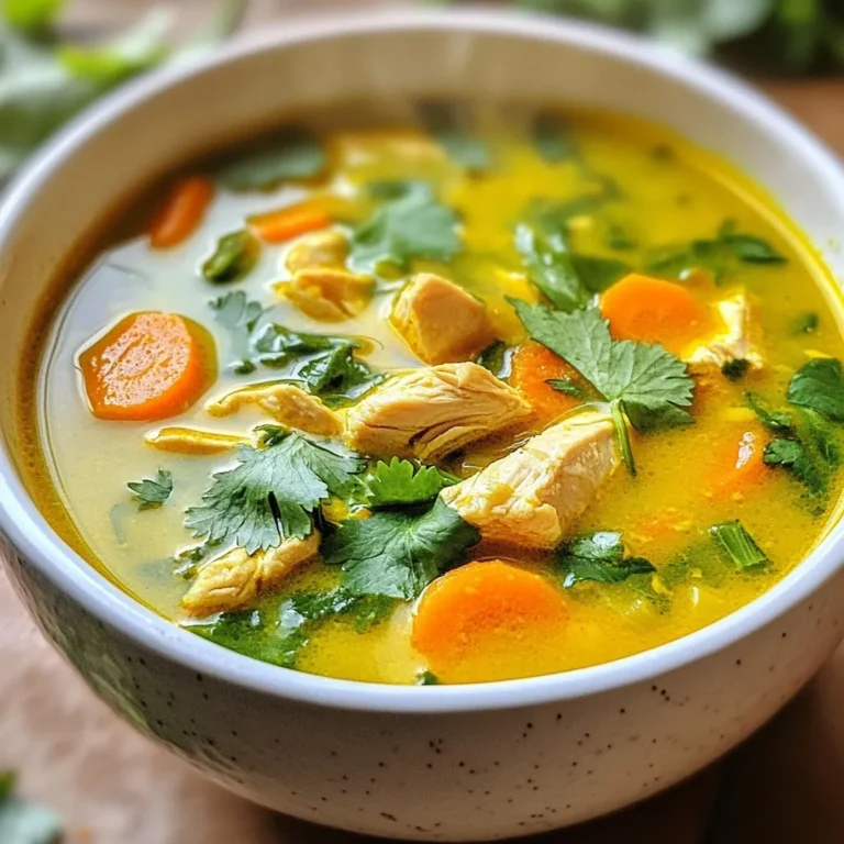 Für diese köstliche Kurkuma-Hühnchen-Suppe benötigen Sie: - 450 g entbeinte, hautlose Hühnerkeulen, gewürfelt - 1,5 Liter Hühnerbrühe - Gemüse wie Möhren und Spinat Diese Hauptzutaten bilden die Grundlage für eine nahrhafte und schmackhafte Suppe. Das Hühnerfleisch sorgt für Protein, während die Brühe den Geschmack verstärkt. Möhren bringen Süße und Farbe, und Spinat gibt zusätzliche Nährstoffe. Die Gewürze geben der Suppe das besondere Etwas: - 1 Teelöffel gemahlener Kurkuma - 1 Teelöffel Kreuzkümmel - 1 Teelöffel Korianderpulver Kurkuma ist der Star dieser Suppe. Es hat nicht nur eine schöne Farbe, sondern auch viele gesundheitliche Vorteile. Kreuzkümmel und Koriander ergänzen die Aromen und bringen eine warme Note. Für den letzten Schliff können Sie folgendes hinzufügen: - Frischer Koriander - Zitronensaft Der frische Koriander gibt einen frischen Geschmack. Ein Spritzer Zitronensaft bringt Säure und hebt die Aromen hervor. Diese Garnierungen sind nicht notwendig, aber sie machen die Suppe noch besser. {{ingredient_image_2}} Zuerst schneide das Gemüse. Nimm zwei Möhren und schneide sie in dünne Scheiben. Hacke eine Zwiebel fein. Dann nimm drei Knoblauchzehen und hacke sie ebenfalls. Reibe ein Stück frischen Ingwer, etwa einen Esslöffel. Jetzt würfle 450 Gramm Hühnerkeulen. Diese Schritte sind wichtig, um die Aromen gut zu verbinden. Erhitze einen Esslöffel Olivenöl in einem großen Topf. Füge die gehackte Zwiebel hinzu und brate sie fünf Minuten lang, bis sie glasig ist. Rühre dann den Knoblauch und den Ingwer ein. Koche diese Mischung eine weitere Minute. Jetzt kommen die gewürfelten Hühnerkeulen dazu. Würze sie mit Salz und Pfeffer. Brate das Huhn für etwa fünf bis sieben Minuten, bis es leicht braun ist. Streue einen Teelöffel Kurkuma, einen Teelöffel Kreuzkümmel und einen Teelöffel Koriander über das Fleisch. Rühre gut um und lasse die Gewürze zwei Minuten ziehen. Gieße 1,5 Liter Hühnerbrühe in den Topf und füge die Möhrenscheiben hinzu. Bringe die Suppe zum Kochen. Reduziere die Hitze und lasse die Suppe 20 bis 25 Minuten köcheln. So wird das Huhn gar und die Möhren weich. Rühre eine Tasse frische Spinatblätter und den Saft einer Zitrone ein. Koche die Suppe für weitere zwei bis drei Minuten, bis der Spinat zusammengefallen ist. Probiere die Suppe und passe die Würzung nach deinem Geschmack an. Serviere sie heiß und garniere mit frischem Koriander. Die richtige Würze macht den Unterschied. Probiere, die Gewürze nach deinem Geschmack anzupassen. Wenn du es milder magst, reduziere den Kurkuma. Für mehr Tiefe kannst du mehr Kreuzkümmel hinzufügen. Frische Zutaten bringen mehr Geschmack. Verwende frische Zwiebeln, Knoblauch und Ingwer. Das hebt die Aromen in deiner Suppe. Gute Planung spart Zeit. Schneide das Gemüse im Voraus. So bist du schnell bereit. Du kannst die Hühnerstücke auch schon am Abend vorher würfeln. Verwende schnelle Kochmethoden. Der Schnellkochtopf kann die Kochzeit stark verkürzen. In nur wenigen Minuten hast du die Suppe fertig. Kurkuma hat viele Vorteile. Es wirkt entzündungshemmend und kann Schmerzen lindern. Die Nährstoffe in der Suppe sind ebenfalls wichtig. Hühnerbrühe liefert Proteine. Spinat bringt Vitamine und Mineralstoffe. Diese Suppe ist nicht nur lecker, sondern auch gut für deinen Körper. Pro Tipps Frische Kräuter hinzufügen: Für einen intensiveren Geschmack kannst du frische Kräuter wie Petersilie oder Basilikum kurz vor dem Servieren in die Suppe geben. Variationen der Brühe: Du kannst auch Gemüsebrühe oder eine Kombination aus Hühner- und Gemüsebrühe verwenden, um den Geschmack zu variieren. Würze anpassen: Probiere die Suppe während des Kochens und passe die Gewürze nach deinem Geschmack an, um die Aromen optimal zur Geltung zu bringen. Für mehr Textur: Füge zusätzlich Kichererbsen oder Linsen hinzu, um der Suppe mehr Textur und Nährstoffe zu verleihen. {{image_4}} Wenn du eine vegetarische Option magst, ersetze das Huhn durch Tofu oder Kichererbsen. Tofu nimmt die Aromen gut auf und macht die Suppe sättigend. Kichererbsen sind eine tolle Proteinquelle und bringen eine schöne Textur. Schneide den Tofu in Würfel und brate ihn leicht an, bevor du ihn zur Suppe gibst. So erhältst du eine köstliche, fleischlose Variante. Du kannst die Suppe noch bunter und gesünder machen, indem du mehr Gemüse hinzufügst. Paprika oder Zucchini sind hervorragende Optionen. Schneide die Paprika in Würfel oder die Zucchini in Scheiben. Füge sie in den letzten 10 Minuten des Kochens hinzu. So bleiben sie knackig und frisch. Das gibt der Suppe nicht nur mehr Geschmack, sondern auch mehr Farbe. Wenn du es scharf magst, füge Chili oder Cayennepfeffer hinzu. Beginne mit einer kleinen Menge und taste dich langsam vor. Dies gibt der Suppe einen tollen Kick. Du kannst frische Chilis oder getrocknete verwenden. Achte darauf, die Schärfe gut zu dosieren, damit es nicht zu scharf wird. So kannst du die Suppe nach deinem persönlichen Geschmack anpassen. Kurkuma-Hühnchen-Suppe ist lecker und nahrhaft. Du kannst sie einfach im Kühlschrank aufbewahren. Fülle die Suppe in einen luftdichten Behälter. So bleibt sie frisch. Im Kühlschrank hält sie sich etwa 3 bis 4 Tage. Achte darauf, die Suppe gut abzukühlen, bevor du sie in den Kühlschrank stellst. So vermeidest du, dass sich Bakterien bilden. Wenn du die Suppe länger aufbewahren möchtest, friere sie ein. Teile die Suppe in Portionen auf. Nutze dafür gefrierfeste Behälter oder Beutel. Vergiss nicht, das Datum auf den Behältern zu notieren. So weißt du, wie lange sie schon eingefroren ist. Die Suppe bleibt bis zu 3 Monate im Gefrierfach gut. Achte darauf, die Behälter nicht zu überfüllen. Flüssigkeiten dehnen sich beim Einfrieren aus. Beim Aufwärmen der Suppe ist es wichtig, die Qualität zu erhalten. Du kannst sie in einem Topf auf dem Herd erhitzen. Stelle die Hitze auf mittlere Stufe und rühre häufig um. So bleibt die Suppe gleichmäßig warm. Alternativ kannst du die Suppe in der Mikrowelle aufwärmen. Nutze einen mikrowellengeeigneten Behälter und decke ihn ab. Erhitze die Suppe in kurzen Abständen und rühre dazwischen um. Achte darauf, dass sie heiß ist, aber nicht kocht. So bleibt der Geschmack erhalten. Du kannst die Suppe bis zu fünf Tage im Kühlschrank aufbewahren. Stelle sicher, dass sie gut abgedeckt ist. So bleibt der Geschmack frisch. Wenn du sie länger lagern willst, friere die Suppe ein. Sie hält sich bis zu drei Monate im Gefrierfach. Ja, du kannst gefrorenes Huhn verwenden. Achte darauf, es vorher gut aufzutauen. Das geht schnell in der Mikrowelle oder über Nacht im Kühlschrank. So wird das Huhn gleichmäßig gekocht und bleibt saftig. Ja, die gesundheitlichen Vorteile von Kurkuma bleiben in der Suppe erhalten. Das Kochen aktiviert die Nährstoffe des Kurkumas. Er hat entzündungshemmende Eigenschaften und kann das Immunsystem stärken. Diese Suppe ist nicht nur lecker, sondern auch nahrhaft und gut für dich. Die Kurkuma-Hühnchen-Suppe nutzt einfache, gesunde Zutaten, die voller Geschmack sind. Du bereitest sie schnell vor, indem du Gemüse schneidest und Hühnerfleisch würfelst. Das Anbraten von Zwiebel, Knoblauch und Ingwer bringt das Aroma hervor. Denke daran, deine Gewürze nach Geschmack anzupassen und frische Zutaten zu verwenden. Es gibt auch viele Variationen. Probiere Tofu oder verschiedene Gemüse aus. Lager deine Suppe richtig, damit der Geschmack bleibt. Genieße die vielen Gesundheitsvorteile von Kurkuma mit jeder Schüssel!