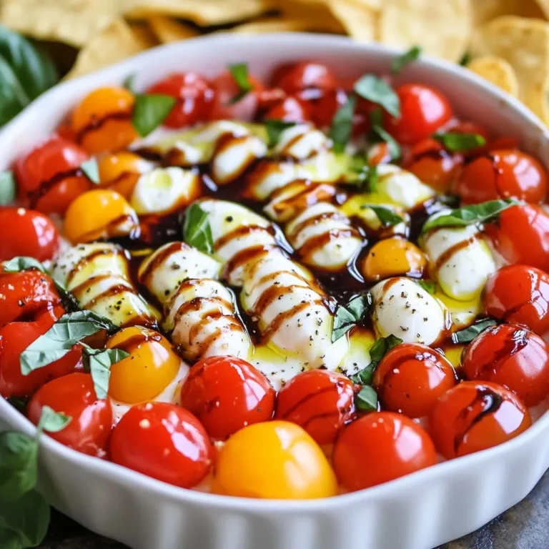 Für den Easy Caprese Dip brauchst du frische und aromatische Zutaten. Hier sind die Hauptzutaten: - 1 Tasse Kirschtomaten, halbiert - 1 Tasse frische Mozzarellabällchen (Bocconcini), abgetropft - 1/2 Tasse frische Basilikumblätter, gehackt - 2 Esslöffel Balsamico-Glasur - 1 Esslöffel Olivenöl - Salz und Pfeffer nach Geschmack - Tortilla-Chips oder geschnittenes Baguette, zum Servieren Diese Zutaten bringen den Geschmack des klassischen Caprese-Salates in einen Dip. Frische Zutaten sind der Schlüssel zu einem großartigen Dip. Wähle reife Kirschtomaten, die süß und saftig sind. Die Mozzarellabällchen sollten weich und frisch sein. Für Basilikum nimm die blättrigen, grünen Blätter. Wenn du kein frisches Basilikum findest, kannst du auch getrocknetes Basilikum verwenden. Es wird jedoch nicht die gleiche Frische bringen. Achte beim Einkauf auf die Qualität. Wähle Tomaten, die fest sind und eine glänzende Haut haben. Bei Mozzarella solltest du die, die in Wasser eingelegt sind, bevorzugen. Diese sind oft frischer. Kaufe Olivenöl von guter Qualität, da es den Geschmack des Dips stark beeinflusst. Wenn du Balsamico-Glasur kaufst, achte darauf, dass sie dick und süß ist. Dies gibt dem Dip eine schöne Tiefe. {{ingredient_image_2}} 1. Nimm eine große Rührschüssel. Vermenge die halbierten Kirschtomaten und die Mozzarellabällchen. 2. Füge die gehackten Basilikumblätter hinzu. Träufle Olivenöl und Balsamico-Glasur darüber. 3. Würze mit Salz und Pfeffer. Mische alles vorsichtig, damit die Aromen sich gut verbinden. 4. Übertrage die Mischung in eine Servierschüssel. Achte darauf, dass sie gleichmäßig verteilt ist. 5. Für mehr Geschmack träufle etwas Balsamico-Glasur auf die Oberseite. 6. Serviere den Dip sofort mit Tortilla-Chips oder Baguettescheiben. Ich empfehle dir, jeden Schritt aufzuschreiben. Du kannst auch Fotos von jedem Schritt machen. So siehst du, wie der Dip aussehen sollte. Das hilft dir, keinen Schritt zu vergessen. Du kannst die Mischung auch in verschiedenen Schüsseln anrichten. Achte darauf, die Tomaten nicht zu zerdrücken. Das macht den Dip wässrig. Verwende frische Zutaten. Alte oder überreife Zutaten verändern den Geschmack. Mische den Dip sanft, um die Mozzarella-Bällchen nicht zu zerbrechen. Wenn du zu viel Salz oder Pfeffer benutzt, kann der Dip zu salzig oder scharf werden. Probiere vorher und passe die Gewürze an. Um den Geschmack deines Caprese Dips zu verbessern, achte auf frische Zutaten. Verwende reife Kirschtomaten für Süße und Geschmack. Wähle Mozzarella, der weich und frisch ist. Die Kombination von Olivenöl und Balsamico-Glasur bringt Tiefe. Experimentiere mit mehr oder weniger Balsamico bis zum perfekten Gleichgewicht. Ein Hauch von frischem Pfeffer kann das Aroma ebenfalls heben. Die Präsentation macht viel aus. Verwende eine rustikale Holzplatte für den Dip. Platziere den Dip in der Mitte und umgebe ihn mit Tortilla-Chips oder Baguettescheiben. Garniere den Dip mit frischen Basilikumblättern. Dies gibt einen schönen Kontrast zu den roten Tomaten und weißen Mozzarella. Ein zusätzlicher Spritzer Balsamico-Glasur oben drauf sieht toll aus. Ein häufiger Fehler ist, die Zutaten zu lange zu mischen. Das schadet der Textur. Mische sie sanft, um die Frische zu bewahren. Achte darauf, das Olivenöl und die Balsamico-Glasur gleichmäßig zu verteilen. Zu viel Salz kann den Dip überwältigen. Probiere vorsichtig und füge nach Bedarf hinzu. Lagere den Dip nicht zu lange, denn frische Zutaten verlieren schnell ihren Geschmack. Pro Tipps Frische Zutaten auswählen: Verwenden Sie möglichst frische Tomaten und Basilikum, um den besten Geschmack zu erzielen. Balsamico-Glasur anpassen: Passen Sie die Menge der Balsamico-Glasur an Ihren persönlichen Geschmack an, um die Süße zu variieren. Kombination mit anderen Zutaten: Fügen Sie für zusätzlichen Geschmack Zutaten wie gehackte Oliven oder geröstete Pinienkerne hinzu. Vorbereitung im Voraus: Bereiten Sie die Mischung bis zu 2 Stunden vor dem Servieren vor, um die Aromen gut durchziehen zu lassen. {{image_4}} Variieren Sie den Käse, um den Dip anzupassen. Neben Mozzarella können Sie Feta oder Ricotta wählen. Diese Käsesorten bringen einen neuen Geschmack. Feta hat eine salzige Note, die toll harmoniert. Ricotta sorgt für eine cremige Textur. Experimentieren Sie mit verschiedenen Käsesorten, um Ihren Favoriten zu finden. Saisonale Zutaten machen den Dip noch spannender. Im Sommer sind gegrillte Zucchini oder Paprika eine tolle Ergänzung. Im Herbst können Sie geröstete Kürbiswürfel hinzufügen. Diese Zutaten bringen frische Aromen und Farben. Passen Sie den Dip an die Jahreszeit an und genießen Sie die Vielfalt. Für vegetarische Varianten gibt es viele Möglichkeiten. Fügen Sie Avocado für Cremigkeit hinzu oder Kichererbsen für mehr Protein. Diese Zutaten machen den Dip nahrhafter. Sie können auch verschiedene Kräuter wie Petersilie oder Oregano verwenden. Diese Anpassungen sorgen für neue Geschmackserlebnisse, die jeder lieben wird. Um den Caprese Dip frisch zu halten, lagere ihn in einem luftdichten Behälter. Stelle sicher, dass der Deckel gut schließt. Dies hilft, die Aromen zu bewahren und das Aroma zu schützen. Wenn du den Dip nicht sofort servierst, stelle ihn in den Kühlschrank. So bleibt er kühl und lecker. Der Dip bleibt im Kühlschrank etwa drei Tage frisch. Achte darauf, dass er gut verpackt ist. Wenn du beim Servieren Reste hast, kannst du sie einfach wieder in den Behälter geben. Überprüfe die Zutaten vor dem Essen. Bei Anzeichen von Verderblichkeit, wie unangenehmem Geruch oder Verfärbungen, solltest du den Dip entsorgen. Wenn du Reste hast, genieße sie einfach mit frischem Brot oder Chips. Du kannst auch eine Portion in einen Salat geben. So erhält der Salat einen frischen Geschmack. Eine andere Idee ist, den Dip in ein Sandwich zu streichen. Das macht es zu einer leckeren und einfachen Mahlzeit. Du kannst den Caprese Dip bis zu drei Tage im Kühlschrank aufbewahren. Stelle sicher, dass er in einem luftdichten Behälter ist. Die frischen Zutaten bleiben am besten, wenn du den Dip nicht zu lange lagerst. Nach ein paar Tagen kann der Geschmack nachlassen. Ja, du kannst diesen Dip im Voraus zubereiten. Bereite ihn einfach bis zu einem Tag vorher vor. Lagere ihn im Kühlschrank, bis du bereit bist, ihn zu servieren. Er schmeckt sogar noch besser, wenn die Aromen Zeit haben, sich zu verbinden. Statt Tortilla-Chips kannst du geschnittenes Baguette oder Gemüsesticks verwenden. Karotten, Sellerie oder Gurken sind tolle Alternativen. Diese Optionen sorgen für eine gesunde Note und bringen frische Aromen. Der Easy Caprese Dip ist einfach und lecker. Wir haben die besten Zutaten besprochen und Tipps zur Zubereitung gegeben. Die Schritt-für-Schritt-Anleitung hilft dir, Fehler zu vermeiden. Variationen bieten viele Möglichkeiten, um den Dip anzupassen. Achte auf die Lagerung und Haltbarkeit, damit du den Dip länger genießen kannst. Mit diesen Tipps wirst du ein Hit bei jedem Treffen sein. Experimentiere und finde deinen perfekten Geschmack!