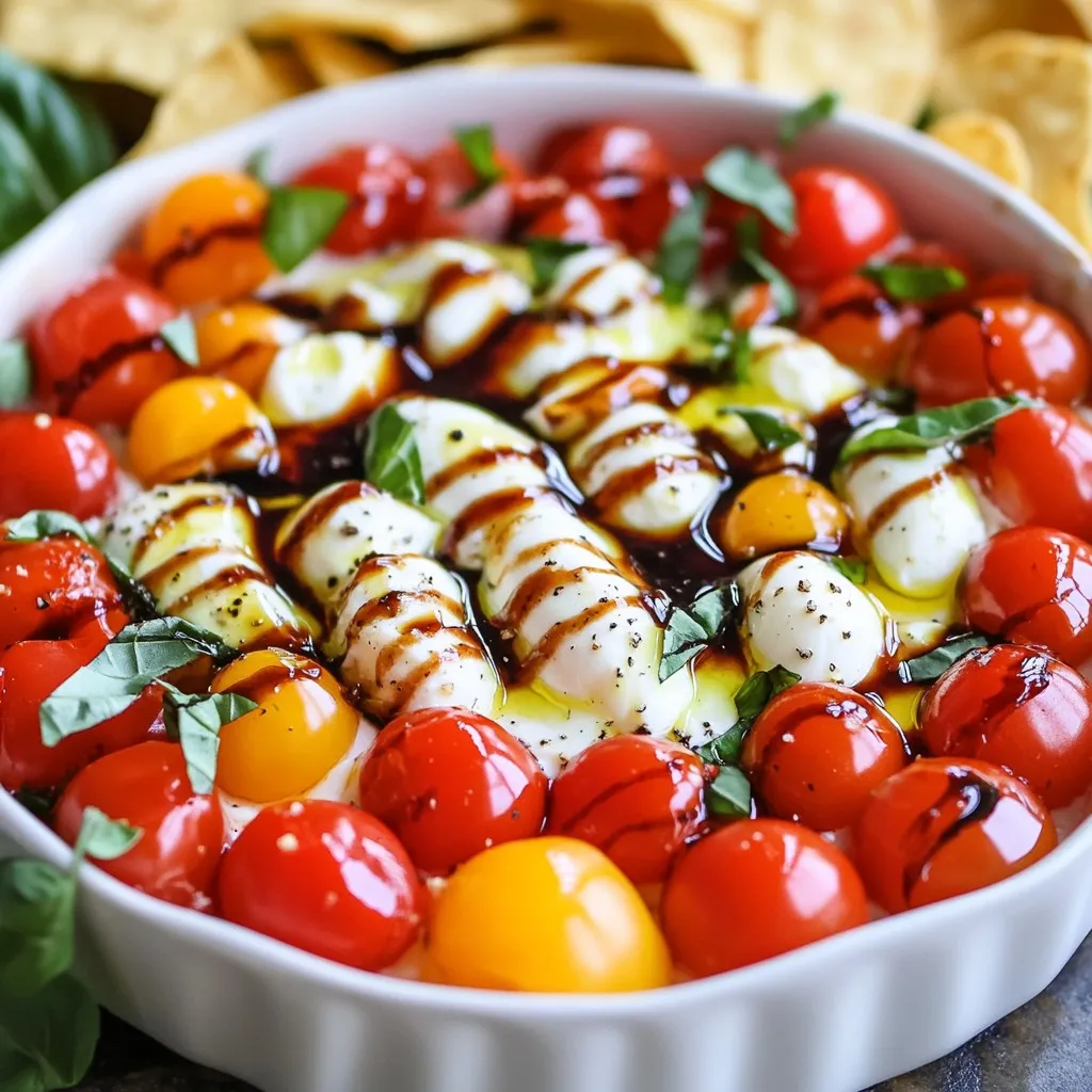 Für den Easy Caprese Dip brauchst du frische und aromatische Zutaten. Hier sind die Hauptzutaten: - 1 Tasse Kirschtomaten, halbiert - 1 Tasse frische Mozzarellabällchen (Bocconcini), abgetropft - 1/2 Tasse frische Basilikumblätter, gehackt - 2 Esslöffel Balsamico-Glasur - 1 Esslöffel Olivenöl - Salz und Pfeffer nach Geschmack - Tortilla-Chips oder geschnittenes Baguette, zum Servieren Diese Zutaten bringen den Geschmack des klassischen Caprese-Salates in einen Dip. Frische Zutaten sind der Schlüssel zu einem großartigen Dip. Wähle reife Kirschtomaten, die süß und saftig sind. Die Mozzarellabällchen sollten weich und frisch sein. Für Basilikum nimm die blättrigen, grünen Blätter. Wenn du kein frisches Basilikum findest, kannst du auch getrocknetes Basilikum verwenden. Es wird jedoch nicht die gleiche Frische bringen. Achte beim Einkauf auf die Qualität. Wähle Tomaten, die fest sind und eine glänzende Haut haben. Bei Mozzarella solltest du die, die in Wasser eingelegt sind, bevorzugen. Diese sind oft frischer. Kaufe Olivenöl von guter Qualität, da es den Geschmack des Dips stark beeinflusst. Wenn du Balsamico-Glasur kaufst, achte darauf, dass sie dick und süß ist. Dies gibt dem Dip eine schöne Tiefe. {{ingredient_image_2}} 1. Nimm eine große Rührschüssel. Vermenge die halbierten Kirschtomaten und die Mozzarellabällchen. 2. Füge die gehackten Basilikumblätter hinzu. Träufle Olivenöl und Balsamico-Glasur darüber. 3. Würze mit Salz und Pfeffer. Mische alles vorsichtig, damit die Aromen sich gut verbinden. 4. Übertrage die Mischung in eine Servierschüssel. Achte darauf, dass sie gleichmäßig verteilt ist. 5. Für mehr Geschmack träufle etwas Balsamico-Glasur auf die Oberseite. 6. Serviere den Dip sofort mit Tortilla-Chips oder Baguettescheiben. Ich empfehle dir, jeden Schritt aufzuschreiben. Du kannst auch Fotos von jedem Schritt machen. So siehst du, wie der Dip aussehen sollte. Das hilft dir, keinen Schritt zu vergessen. Du kannst die Mischung auch in verschiedenen Schüsseln anrichten. Achte darauf, die Tomaten nicht zu zerdrücken. Das macht den Dip wässrig. Verwende frische Zutaten. Alte oder überreife Zutaten verändern den Geschmack. Mische den Dip sanft, um die Mozzarella-Bällchen nicht zu zerbrechen. Wenn du zu viel Salz oder Pfeffer benutzt, kann der Dip zu salzig oder scharf werden. Probiere vorher und passe die Gewürze an. Um den Geschmack deines Caprese Dips zu verbessern, achte auf frische Zutaten. Verwende reife Kirschtomaten für Süße und Geschmack. Wähle Mozzarella, der weich und frisch ist. Die Kombination von Olivenöl und Balsamico-Glasur bringt Tiefe. Experimentiere mit mehr oder weniger Balsamico bis zum perfekten Gleichgewicht. Ein Hauch von frischem Pfeffer kann das Aroma ebenfalls heben. Die Präsentation macht viel aus. Verwende eine rustikale Holzplatte für den Dip. Platziere den Dip in der Mitte und umgebe ihn mit Tortilla-Chips oder Baguettescheiben. Garniere den Dip mit frischen Basilikumblättern. Dies gibt einen schönen Kontrast zu den roten Tomaten und weißen Mozzarella. Ein zusätzlicher Spritzer Balsamico-Glasur oben drauf sieht toll aus. Ein häufiger Fehler ist, die Zutaten zu lange zu mischen. Das schadet der Textur. Mische sie sanft, um die Frische zu bewahren. Achte darauf, das Olivenöl und die Balsamico-Glasur gleichmäßig zu verteilen. Zu viel Salz kann den Dip überwältigen. Probiere vorsichtig und füge nach Bedarf hinzu. Lagere den Dip nicht zu lange, denn frische Zutaten verlieren schnell ihren Geschmack. Pro Tipps Frische Zutaten auswählen: Verwenden Sie möglichst frische Tomaten und Basilikum, um den besten Geschmack zu erzielen. Balsamico-Glasur anpassen: Passen Sie die Menge der Balsamico-Glasur an Ihren persönlichen Geschmack an, um die Süße zu variieren. Kombination mit anderen Zutaten: Fügen Sie für zusätzlichen Geschmack Zutaten wie gehackte Oliven oder geröstete Pinienkerne hinzu. Vorbereitung im Voraus: Bereiten Sie die Mischung bis zu 2 Stunden vor dem Servieren vor, um die Aromen gut durchziehen zu lassen. {{image_4}} Variieren Sie den Käse, um den Dip anzupassen. Neben Mozzarella können Sie Feta oder Ricotta wählen. Diese Käsesorten bringen einen neuen Geschmack. Feta hat eine salzige Note, die toll harmoniert. Ricotta sorgt für eine cremige Textur. Experimentieren Sie mit verschiedenen Käsesorten, um Ihren Favoriten zu finden. Saisonale Zutaten machen den Dip noch spannender. Im Sommer sind gegrillte Zucchini oder Paprika eine tolle Ergänzung. Im Herbst können Sie geröstete Kürbiswürfel hinzufügen. Diese Zutaten bringen frische Aromen und Farben. Passen Sie den Dip an die Jahreszeit an und genießen Sie die Vielfalt. Für vegetarische Varianten gibt es viele Möglichkeiten. Fügen Sie Avocado für Cremigkeit hinzu oder Kichererbsen für mehr Protein. Diese Zutaten machen den Dip nahrhafter. Sie können auch verschiedene Kräuter wie Petersilie oder Oregano verwenden. Diese Anpassungen sorgen für neue Geschmackserlebnisse, die jeder lieben wird. Um den Caprese Dip frisch zu halten, lagere ihn in einem luftdichten Behälter. Stelle sicher, dass der Deckel gut schließt. Dies hilft, die Aromen zu bewahren und das Aroma zu schützen. Wenn du den Dip nicht sofort servierst, stelle ihn in den Kühlschrank. So bleibt er kühl und lecker. Der Dip bleibt im Kühlschrank etwa drei Tage frisch. Achte darauf, dass er gut verpackt ist. Wenn du beim Servieren Reste hast, kannst du sie einfach wieder in den Behälter geben. Überprüfe die Zutaten vor dem Essen. Bei Anzeichen von Verderblichkeit, wie unangenehmem Geruch oder Verfärbungen, solltest du den Dip entsorgen. Wenn du Reste hast, genieße sie einfach mit frischem Brot oder Chips. Du kannst auch eine Portion in einen Salat geben. So erhält der Salat einen frischen Geschmack. Eine andere Idee ist, den Dip in ein Sandwich zu streichen. Das macht es zu einer leckeren und einfachen Mahlzeit. Du kannst den Caprese Dip bis zu drei Tage im Kühlschrank aufbewahren. Stelle sicher, dass er in einem luftdichten Behälter ist. Die frischen Zutaten bleiben am besten, wenn du den Dip nicht zu lange lagerst. Nach ein paar Tagen kann der Geschmack nachlassen. Ja, du kannst diesen Dip im Voraus zubereiten. Bereite ihn einfach bis zu einem Tag vorher vor. Lagere ihn im Kühlschrank, bis du bereit bist, ihn zu servieren. Er schmeckt sogar noch besser, wenn die Aromen Zeit haben, sich zu verbinden. Statt Tortilla-Chips kannst du geschnittenes Baguette oder Gemüsesticks verwenden. Karotten, Sellerie oder Gurken sind tolle Alternativen. Diese Optionen sorgen für eine gesunde Note und bringen frische Aromen. Der Easy Caprese Dip ist einfach und lecker. Wir haben die besten Zutaten besprochen und Tipps zur Zubereitung gegeben. Die Schritt-für-Schritt-Anleitung hilft dir, Fehler zu vermeiden. Variationen bieten viele Möglichkeiten, um den Dip anzupassen. Achte auf die Lagerung und Haltbarkeit, damit du den Dip länger genießen kannst. Mit diesen Tipps wirst du ein Hit bei jedem Treffen sein. Experimentiere und finde deinen perfekten Geschmack!