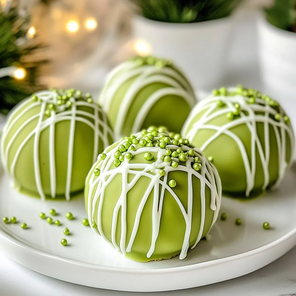 Die Zutaten für die No-Bake Grinch Oreo Truffles sind einfach und lecker. Sie benötigen nur ein paar Dinge, um diese festlichen Leckereien zuzubereiten. Die Hauptzutat sind Oreo-Kekse, die einen tollen Geschmack bieten. Frischkäse macht die Trüffel cremig und reichhaltig. Grüne Candy Melts geben den Trüffeln ihre schöne Farbe. Pfefferminzextrakt fügt einen frischen, winterlichen Geschmack hinzu. Schließlich machen grüne Streusel und weiße Schokolade die Trüffel noch festlicher. - 1 Packung reguläre Oreo-Kekse (mit allem Crèmfüllung) - 225 g Frischkäse, weich - 150 g grüne Candy Melts - 40 g weiße Schokoladenstückchen - ½ Teelöffel Pfefferminzextrakt - Grüne Streusel zur Dekoration Wenn Sie etwas Abwechslung möchten, können Sie auch andere Zutaten hinzufügen. Zum Beispiel können Sie Erdnussbutter verwenden, um den Trüffeln einen nussigen Geschmack zu geben. Sie können auch dunkle Schokolade für die Überziehung nutzen. Für einen besonderen Kick können Sie etwas Chili-Pulver hinzufügen. Diese kleinen Änderungen können den Geschmack ganz anders machen und neue Möglichkeiten bieten. {{ingredient_image_2}} Zuerst nimmst du die Oreo-Kekse. Zerbrich sie in kleine Stücke. Gib die Kekse in eine Küchenmaschine. Pulsieren Sie sie, bis sie fein sind. Es dauert etwa 20 bis 30 Sekunden. Die Krümel sollten gleichmäßig und sehr fein sein. Nimm die Oreo-Krümel und gib sie in eine große Schüssel. Füge den weichen Frischkäse hinzu. Dann kommt der Pfefferminzextrakt. Mische alles gut. Nutze einen Löffel oder deine Hände. Du willst eine dicke, gleichmäßige Masse. Jetzt ist es Zeit, die Trüffel zu formen. Nimm kleine Portionen von der Mischung. Mache kleine Bälle, etwa 2,5 cm groß. Lege die Trüffel auf ein mit Backpapier ausgelegtes Blech. Du solltest etwa 20 bis 24 Trüffel bekommen. Stelle das Blech für 30 Minuten ins Gefrierfach. So werden die Trüffel fest. Während die Trüffel kühlen, schmelze die grünen Candy Melts. Folge den Anweisungen auf der Verpackung. Rühre die Schokolade, bis sie glatt ist. Nimm die Trüffel aus dem Gefrierfach. Tauche jede Trüffel in die geschmolzene Schokolade. Achte darauf, dass sie gut bedeckt sind. Nutze eine Gabel, um die Trüffel herauszuheben. Lege die überzogenen Trüffel zurück auf das Blech. Bevor die Schokolade fest wird, streue die grünen Streusel darüber. In einer kleinen Schüssel, schmelze die weißen Schokoladenstückchen. Träufle die geschmolzene weiße Schokolade über die Trüffel. Lass die Trüffel bei Raumtemperatur oder im Kühlschrank für 15 bis 20 Minuten aushärten. Die richtige Konsistenz ist entscheidend für diese Trüffel. Sie sollten fest, aber nicht zu trocken sein. Beginnen Sie mit den Oreo-Keksen. Zermahlen Sie sie gut in der Küchenmaschine. Kombinieren Sie die Krümel mit Frischkäse und Pfefferminzextrakt. Mischen Sie alles gründlich. Wenn die Masse zu trocken wirkt, fügen Sie mehr Frischkäse hinzu. So erhalten Sie die perfekte, formbare Konsistenz. Ein häufiger Fehler ist, die Trüffel nicht genug abzukühlen. Lassen Sie die geformten Bälle für mindestens 30 Minuten im Gefrierfach. So halten sie ihre Form beim Überziehen. Achten Sie darauf, die Candy Melts nicht zu überhitzen. Schmelzen Sie sie in kurzen Intervallen und rühren Sie gut um. Dies verhindert Klumpen und sorgt für einen glatten Überzug. Die Dekoration bringt Farbe und Freude. Verwenden Sie grüne Streusel, um die festliche Note zu verstärken. Streuen Sie sie sofort auf den warmen Schokoladenüberzug. Für einen zusätzlichen Wow-Effekt träufeln Sie geschmolzene weiße Schokolade über die Trüffel. Sie können auch kleine Zuckerfiguren oder essbare Glitzer verwenden. So werden Ihre Trüffel noch einladender und schöner. Pro Tipps Oreo-Kekse richtig zerkleinern: Stellen Sie sicher, dass die Kekse zu feinen Krümeln verarbeitet werden, um eine gleichmäßige Konsistenz der Trüffel zu gewährleisten. Frischkäse temperieren: Verwenden Sie weicheren Frischkäse, da dieser leichter mit den Oreo-Krümeln vermischt werden kann und eine glattere Textur ergibt. Schokolade richtig schmelzen: Schmelzen Sie die Candy Melts in kurzen Intervallen in der Mikrowelle, um ein Anbrennen zu vermeiden. Rühren Sie zwischendurch um, bis sie vollständig geschmolzen sind. Verzierung kreativ gestalten: Experimentieren Sie mit verschiedenen Streuseln oder dekorativen Schokoladenstückchen, um den Trüffeln eine persönliche Note zu verleihen. {{image_4}} Die No-Bake Grinch Oreo Truffles sind sehr vielseitig. Du kannst verschiedene Geschmacksrichtungen ausprobieren. Eine tolle Idee ist, die Oreo-Kekse durch andere Kekse zu ersetzen. Du könntest Schokoladenkekse oder Kekse mit Erdnussbutter verwenden. Das gibt den Trüffeln einen neuen Twist. Auch die Frischkäsebasis kann variieren. Du könntest einen Frischkäse mit Vanillegeschmack verwenden. So erhältst du eine süße Note. Wenn du allergisch bist, gibt es viele Alternativen. Du kannst glutenfreie Oreo-Kekse nutzen. Sie schmecken genauso gut. Achte darauf, dass die Candy Melts ebenfalls glutenfrei sind. Für eine milchfreie Option kannst du veganen Frischkäse verwenden. So kannst du die Trüffel auch für Allergiker anpassen. Die Dekoration macht die Trüffel besonders. Du kannst die grünen Streusel durch andere Farben ersetzen. Rot oder gold passen ebenfalls gut zu Weihnachten. Ein weiterer Vorschlag ist, die Trüffel mit Nüssen oder Kokosraspeln zu bestreuen. Diese Variationen geben den Trüffeln einen besonderen Look und Geschmack. Probier verschiedene Stile aus und finde deine Lieblingsdeko! Um die No-Bake Grinch Oreo Truffles frisch zu halten, lege sie in einen luftdichten Behälter. Achte darauf, dass der Behälter gut verschlossen ist. So bleiben die Trüffel weich und lecker. Du kannst sie bis zu einer Woche im Kühlschrank aufbewahren. Wenn du die Trüffel länger aufbewahren möchtest, friere sie ein. Lege die Trüffel auf ein Backblech und lasse sie für eine Stunde einfrieren. Danach packe sie in einen gefrierfesten Beutel. Diese Methode hält die Trüffel bis zu drei Monate frisch. Die Haltbarkeit der Trüffel hängt von der Lagerung ab. Im Kühlschrank halten sie sich bis zu einer Woche. Im Gefrierfach bleiben sie bis zu drei Monate genießbar. Achte darauf, die Trüffel vor dem Essen im Kühlschrank aufzutauen. So bleiben sie perfekt in der Textur und im Geschmack. No-Bake Grinch Oreo Truffles halten sich etwa eine Woche im Kühlschrank. Lagern Sie sie in einem luftdichten Behälter. So bleiben sie frisch und lecker. Wenn Sie sie einfrieren, halten sie bis zu drei Monate. Lassen Sie sie vor dem Servieren im Kühlschrank auftauen. Ja, Sie können andere Kekssorten verwenden. Probieren Sie Schokoladenkekse oder Vanillekekse. Achten Sie darauf, dass die Füllung gut passt. Die Basis bleibt gleich, also können Sie kreativ werden. Damit erhalten Sie neue Geschmacksrichtungen und Varianten. Um die Trüffel vegan zu machen, verwenden Sie vegane Kekse und veganen Frischkäse. Es gibt viele Marken, die gute Alternativen anbieten. Auch die Candy Melts können Sie durch vegane Schokolade ersetzen. So genießen Sie die Trüffel ohne tierische Produkte. Statt Candy Melts können Sie auch geschmolzene Schokolade verwenden. Dunkle, Milch- oder weiße Schokolade funktionieren gut. Stellen Sie sicher, dass die Schokolade gut temperiert ist. So bleibt der Glanz und die Trüffel sehen toll aus. Die Zutaten sind einfach und die Anleitung ist klar. Du kannst Oreo-Kekse, Frischkäse und verschiedene Dekorationen verwenden. Variiere die Geschmacksrichtungen nach Lust und Laune. Die Tipps helfen dir, alles perfekt hinzubekommen. Denke daran, richtig zu lagern, damit deine Trüffel frisch bleiben. Sie sind nicht nur lecker, sondern auch leicht zu machen. Probiere es aus und genieße diese köstlichen Trüffel mit Freunden und Familie.